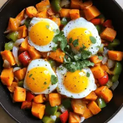 Für einen leckeren Süßkartoffel-Hash sind die richtigen Zutaten wichtig. Du brauchst: - 2 große Süßkartoffeln, geschält und gewürfelt - 1 rote Paprika, gewürfelt - 1 grüne Paprika, gewürfelt - 1 mittlere Zwiebel, gewürfelt - 2 Knoblauchzehen, gehackt - 4 große Eier - Frischer Koriander, gehackt (zum Garnieren) Diese Zutaten bringen Farbe und Geschmack in dein Gericht. Süßkartoffeln sind nahrhaft und geben dir Energie. Paprika und Zwiebeln sorgen für einen süßen Geschmack, während der Knoblauch für das gewisse Etwas sorgt. Die Gewürze und Öle machen den Süßkartoffel-Hash besonders. Du benötigst: - 1 Teelöffel geräucherter Paprika - 1 Teelöffel gemahlener Kreuzkümmel - ½ Teelöffel Salz - ¼ Teelöffel schwarzer Pfeffer - 2 Esslöffel Olivenöl Geräucherter Paprika bringt einen tollen Rauchgeschmack. Kreuzkümmel gibt Tiefe und Charakter. Olivenöl hilft, alle Aromen zu verbinden und macht das Gericht saftig. Süßkartoffeln sind reich an Vitaminen und Mineralstoffen. Sie enthalten Vitamin A, das gut für die Augen ist. Paprika hat viel Vitamin C, was das Immunsystem stärkt. Eier sind eine großartige Proteinquelle. Diese Kombination macht den Süßkartoffel-Hash zu einer gesunden Wahl. Du bekommst viele Nährstoffe in einer einzigen Mahlzeit. Wenn du mehr über die Nährstoffe in diesem Gericht erfahren möchtest, schau dir die [Full Recipe] an. Zuerst schnapp dir die Zutaten. Du brauchst: - 2 große Süßkartoffeln, geschält und gewürfelt - 1 rote Paprika, gewürfelt - 1 grüne Paprika, gewürfelt - 1 mittlere Zwiebel, gewürfelt - 2 Knoblauchzehen, gehackt - 1 Teelöffel geräucherter Paprika - 1 Teelöffel gemahlener Kreuzkümmel - ½ Teelöffel Salz - ¼ Teelöffel schwarzer Pfeffer - 2 Esslöffel Olivenöl - 4 große Eier - Frischer Koriander, gehackt (zum Garnieren) Stelle sicher, dass alles bereit ist. Das macht das Kochen einfacher. Erhitze 1 Esslöffel Olivenöl in einer großen Pfanne. Stelle die Hitze auf mittel. Füge die gewürfelten Süßkartoffeln, Salz, Pfeffer, Kreuzkümmel und Paprika hinzu. Rühre gut um. Koche die Süßkartoffeln für 10-12 Minuten. Rühre ab und zu um. Sie sollten weich und leicht gebräunt sein. Jetzt kommen die Zwiebeln und Paprika in die Pfanne. Koche alles für 5-7 Minuten. Die Zwiebeln sollten durchscheinend sein. Die Paprika wird zart. Dann füge den gehackten Knoblauch hinzu. Koche ihn für 1-2 Minuten. Er sollte duften. In einer anderen Pfanne erhitze den restlichen Esslöffel Olivenöl. Schlage die Eier hinein. Brate sie nach Wunsch: sunny-side up oder anders. Wenn alles fertig ist, nimm die Pfanne vom Herd. Serviere den Süßkartoffel-Hash auf Tellern. Lege ein Spiegelei oben drauf. Garniere das Gericht mit frischem Koriander. Das macht es bunt und schön. Wenn du mehr Details brauchst, schau dir das Full Recipe an. Um die Süßkartoffeln perfekt zuzubereiten, schäle sie zuerst und schneide sie in gleich große Würfel. Das sorgt dafür, dass sie gleichmäßig garen. Koche sie in einer großen Pfanne mit ausreichend Olivenöl. Achte darauf, sie nicht zu oft zu rühren. Lass sie ein paar Minuten braten, damit sie schön goldbraun werden. Diese Farbe gibt Geschmack. Wenn sie weich sind, sind sie bereit für die anderen Zutaten. Die Eier sind der Star auf deinem Süßkartoffel-Hash. Wähle frische, große Eier für besten Geschmack. Achte darauf, dass sie eine leuchtend orangefarbene Dotterfarbe haben. Sie zeigen, dass die Hühner gesund gefüttert wurden. Du kannst sie nach Belieben braten oder pochieren. Das macht das Gericht noch besser. Präsentiere den Süßkartoffel-Hash auf einer großen Platte. Das zeigt die bunten Zutaten schön. Streue den frischen Koriander gleichmäßig über das Gericht. Er gibt einen tollen Kontrast und frische. Du kannst auch Avocado oder Feta hinzufügen, um es noch leckerer zu machen. Teile es mit Freunden oder der Familie. Essen macht mehr Spaß, wenn man es teilt. Für das vollständige Rezept, schau dir die [Full Recipe] an. {{image_4}} Du kannst den Süßkartoffel-Hash ganz einfach vegetarisch machen. Ersetze die Eier durch Avocado. Das gibt eine cremige Textur. Du kannst auch Feta-Käse für einen salzigen Kick hinzufügen. Dieser Käse passt gut zu den Süßkartoffeln und macht das Gericht noch schmackhafter. Wenn du mehr Protein möchtest, füge schwarze Bohnen hinzu. Sie sind gesund und sättigend. Du kannst auch Hähnchen oder Tofu verwenden. Brate sie einfach mit dem Gemüse an. Das gibt dem Gericht mehr Tiefe und Fülle. Du kannst die Gewürze leicht ändern. Probiere italienische Kräuter wie Oregano oder Basilikum. Das gibt dem Gericht einen neuen Geschmack. Für mehr Schärfe füge rote Paprikaflocken hinzu. Diese kleinen Veränderungen machen jedes Mal ein anderes Gericht. Nutze die Möglichkeiten, um deinen persönlichen Geschmack zu finden. Für das vollständige Rezept, schaue dir den Abschnitt „Full Recipe“ an. Um den herzhaften Süßkartoffel-Hash frisch zu halten, lege ihn in einen luftdichten Behälter. Du kannst ihn bis zu vier Tage im Kühlschrank lagern. Achte darauf, dass die Mischung gut abgekühlt ist, bevor du sie verschließt. So bleibt der Geschmack erhalten. Wenn du Reste hast, kannst du den Hash auch einfrieren. Verteile die Mischung in Portionen in Gefrierbeutel oder -behälter. Entferne so viel Luft wie möglich, bevor du sie verschließt. Der Hash hält sich bis zu drei Monate im Gefrierfach. Achte darauf, ihn gut zu beschriften, damit du weißt, was drin ist. Die Reste des Süßkartoffel-Hashes sind vielseitig. Du kannst ihn in Omeletts oder Burritos verwenden. Er eignet sich auch hervorragend als Beilage zu gebratenem Fleisch oder Fisch. Wenn du Lust auf etwas Neues hast, verwandle ihn in eine herzhafte Frittata. Erhitze einfach die Reste in einer Pfanne, füge Eier hinzu und backe alles zusammen. So bekommst du ein schnelles und schmackhaftes Gericht. Süßkartoffel-Hash ist sehr gesund. Süßkartoffeln sind reich an Ballaststoffen und Vitaminen. Sie enthalten Vitamin A, das gut für die Augen ist, und Vitamin C, das das Immunsystem stärkt. Die Paprika und Zwiebeln bringen zusätzliche Nährstoffe und Antioxidantien. Durch den Einsatz von Olivenöl erhältst du gesunde Fette. Dieses Gericht ist nährstoffreich und gut für eine ausgewogene Ernährung. Ja, du kannst andere Gemüsesorten verwenden. Möhren, Zucchini oder Spinat sind tolle Optionen. Diese Gemüse passen gut zu den Süßkartoffeln und geben neue Geschmäcker. Du kannst auch Reste aus dem Kühlschrank verwenden. Das macht den Hash vielseitig und spannend. Probiere verschiedene Kombinationen aus und finde deine Lieblingsversion. Die Zubereitung dauert etwa 15 Minuten. Das Kochen selbst dauert rund 15 Minuten. Insgesamt bist du in 30 Minuten fertig. So kannst du schnell ein leckeres und gesundes Gericht auf den Tisch bringen. Perfekt für ein schnelles Frühstück oder Mittagessen! Du kannst den Süßkartoffel-Hash nach dem Full Recipe zubereiten. Der Süßkartoffel-Hash ist einfach und nahrhaft. Wir haben die besten Zutaten, Gewürze und die Nährstoffe besprochen. Auch die Schritt-für-Schritt-Anleitung macht das Kochen leicht. Tipps zur perfekten Zubereitung und vielen Variationen helfen dir, kreativ zu sein. Schließlich gibt es auch wichtige Hinweise zur Aufbewahrung. Nutze diese Ideen, um gesunde und schmackhafte Gerichte zu kreieren. Gutes Kochen beginnt bei der Auswahl der Zutaten und endet beim Servieren. Mach dich bereit, dein Küchenspiel zu verbessern!