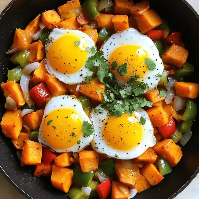 Für einen leckeren Süßkartoffel-Hash sind die richtigen Zutaten wichtig. Du brauchst: - 2 große Süßkartoffeln, geschält und gewürfelt - 1 rote Paprika, gewürfelt - 1 grüne Paprika, gewürfelt - 1 mittlere Zwiebel, gewürfelt - 2 Knoblauchzehen, gehackt - 4 große Eier - Frischer Koriander, gehackt (zum Garnieren) Diese Zutaten bringen Farbe und Geschmack in dein Gericht. Süßkartoffeln sind nahrhaft und geben dir Energie. Paprika und Zwiebeln sorgen für einen süßen Geschmack, während der Knoblauch für das gewisse Etwas sorgt. Die Gewürze und Öle machen den Süßkartoffel-Hash besonders. Du benötigst: - 1 Teelöffel geräucherter Paprika - 1 Teelöffel gemahlener Kreuzkümmel - ½ Teelöffel Salz - ¼ Teelöffel schwarzer Pfeffer - 2 Esslöffel Olivenöl Geräucherter Paprika bringt einen tollen Rauchgeschmack. Kreuzkümmel gibt Tiefe und Charakter. Olivenöl hilft, alle Aromen zu verbinden und macht das Gericht saftig. Süßkartoffeln sind reich an Vitaminen und Mineralstoffen. Sie enthalten Vitamin A, das gut für die Augen ist. Paprika hat viel Vitamin C, was das Immunsystem stärkt. Eier sind eine großartige Proteinquelle. Diese Kombination macht den Süßkartoffel-Hash zu einer gesunden Wahl. Du bekommst viele Nährstoffe in einer einzigen Mahlzeit. Wenn du mehr über die Nährstoffe in diesem Gericht erfahren möchtest, schau dir die [Full Recipe] an. Zuerst schnapp dir die Zutaten. Du brauchst: - 2 große Süßkartoffeln, geschält und gewürfelt - 1 rote Paprika, gewürfelt - 1 grüne Paprika, gewürfelt - 1 mittlere Zwiebel, gewürfelt - 2 Knoblauchzehen, gehackt - 1 Teelöffel geräucherter Paprika - 1 Teelöffel gemahlener Kreuzkümmel - ½ Teelöffel Salz - ¼ Teelöffel schwarzer Pfeffer - 2 Esslöffel Olivenöl - 4 große Eier - Frischer Koriander, gehackt (zum Garnieren) Stelle sicher, dass alles bereit ist. Das macht das Kochen einfacher. Erhitze 1 Esslöffel Olivenöl in einer großen Pfanne. Stelle die Hitze auf mittel. Füge die gewürfelten Süßkartoffeln, Salz, Pfeffer, Kreuzkümmel und Paprika hinzu. Rühre gut um. Koche die Süßkartoffeln für 10-12 Minuten. Rühre ab und zu um. Sie sollten weich und leicht gebräunt sein. Jetzt kommen die Zwiebeln und Paprika in die Pfanne. Koche alles für 5-7 Minuten. Die Zwiebeln sollten durchscheinend sein. Die Paprika wird zart. Dann füge den gehackten Knoblauch hinzu. Koche ihn für 1-2 Minuten. Er sollte duften. In einer anderen Pfanne erhitze den restlichen Esslöffel Olivenöl. Schlage die Eier hinein. Brate sie nach Wunsch: sunny-side up oder anders. Wenn alles fertig ist, nimm die Pfanne vom Herd. Serviere den Süßkartoffel-Hash auf Tellern. Lege ein Spiegelei oben drauf. Garniere das Gericht mit frischem Koriander. Das macht es bunt und schön. Wenn du mehr Details brauchst, schau dir das Full Recipe an. Um die Süßkartoffeln perfekt zuzubereiten, schäle sie zuerst und schneide sie in gleich große Würfel. Das sorgt dafür, dass sie gleichmäßig garen. Koche sie in einer großen Pfanne mit ausreichend Olivenöl. Achte darauf, sie nicht zu oft zu rühren. Lass sie ein paar Minuten braten, damit sie schön goldbraun werden. Diese Farbe gibt Geschmack. Wenn sie weich sind, sind sie bereit für die anderen Zutaten. Die Eier sind der Star auf deinem Süßkartoffel-Hash. Wähle frische, große Eier für besten Geschmack. Achte darauf, dass sie eine leuchtend orangefarbene Dotterfarbe haben. Sie zeigen, dass die Hühner gesund gefüttert wurden. Du kannst sie nach Belieben braten oder pochieren. Das macht das Gericht noch besser. Präsentiere den Süßkartoffel-Hash auf einer großen Platte. Das zeigt die bunten Zutaten schön. Streue den frischen Koriander gleichmäßig über das Gericht. Er gibt einen tollen Kontrast und frische. Du kannst auch Avocado oder Feta hinzufügen, um es noch leckerer zu machen. Teile es mit Freunden oder der Familie. Essen macht mehr Spaß, wenn man es teilt. Für das vollständige Rezept, schau dir die [Full Recipe] an. {{image_4}} Du kannst den Süßkartoffel-Hash ganz einfach vegetarisch machen. Ersetze die Eier durch Avocado. Das gibt eine cremige Textur. Du kannst auch Feta-Käse für einen salzigen Kick hinzufügen. Dieser Käse passt gut zu den Süßkartoffeln und macht das Gericht noch schmackhafter. Wenn du mehr Protein möchtest, füge schwarze Bohnen hinzu. Sie sind gesund und sättigend. Du kannst auch Hähnchen oder Tofu verwenden. Brate sie einfach mit dem Gemüse an. Das gibt dem Gericht mehr Tiefe und Fülle. Du kannst die Gewürze leicht ändern. Probiere italienische Kräuter wie Oregano oder Basilikum. Das gibt dem Gericht einen neuen Geschmack. Für mehr Schärfe füge rote Paprikaflocken hinzu. Diese kleinen Veränderungen machen jedes Mal ein anderes Gericht. Nutze die Möglichkeiten, um deinen persönlichen Geschmack zu finden. Für das vollständige Rezept, schaue dir den Abschnitt „Full Recipe“ an. Um den herzhaften Süßkartoffel-Hash frisch zu halten, lege ihn in einen luftdichten Behälter. Du kannst ihn bis zu vier Tage im Kühlschrank lagern. Achte darauf, dass die Mischung gut abgekühlt ist, bevor du sie verschließt. So bleibt der Geschmack erhalten. Wenn du Reste hast, kannst du den Hash auch einfrieren. Verteile die Mischung in Portionen in Gefrierbeutel oder -behälter. Entferne so viel Luft wie möglich, bevor du sie verschließt. Der Hash hält sich bis zu drei Monate im Gefrierfach. Achte darauf, ihn gut zu beschriften, damit du weißt, was drin ist. Die Reste des Süßkartoffel-Hashes sind vielseitig. Du kannst ihn in Omeletts oder Burritos verwenden. Er eignet sich auch hervorragend als Beilage zu gebratenem Fleisch oder Fisch. Wenn du Lust auf etwas Neues hast, verwandle ihn in eine herzhafte Frittata. Erhitze einfach die Reste in einer Pfanne, füge Eier hinzu und backe alles zusammen. So bekommst du ein schnelles und schmackhaftes Gericht. Süßkartoffel-Hash ist sehr gesund. Süßkartoffeln sind reich an Ballaststoffen und Vitaminen. Sie enthalten Vitamin A, das gut für die Augen ist, und Vitamin C, das das Immunsystem stärkt. Die Paprika und Zwiebeln bringen zusätzliche Nährstoffe und Antioxidantien. Durch den Einsatz von Olivenöl erhältst du gesunde Fette. Dieses Gericht ist nährstoffreich und gut für eine ausgewogene Ernährung. Ja, du kannst andere Gemüsesorten verwenden. Möhren, Zucchini oder Spinat sind tolle Optionen. Diese Gemüse passen gut zu den Süßkartoffeln und geben neue Geschmäcker. Du kannst auch Reste aus dem Kühlschrank verwenden. Das macht den Hash vielseitig und spannend. Probiere verschiedene Kombinationen aus und finde deine Lieblingsversion. Die Zubereitung dauert etwa 15 Minuten. Das Kochen selbst dauert rund 15 Minuten. Insgesamt bist du in 30 Minuten fertig. So kannst du schnell ein leckeres und gesundes Gericht auf den Tisch bringen. Perfekt für ein schnelles Frühstück oder Mittagessen! Du kannst den Süßkartoffel-Hash nach dem Full Recipe zubereiten. Der Süßkartoffel-Hash ist einfach und nahrhaft. Wir haben die besten Zutaten, Gewürze und die Nährstoffe besprochen. Auch die Schritt-für-Schritt-Anleitung macht das Kochen leicht. Tipps zur perfekten Zubereitung und vielen Variationen helfen dir, kreativ zu sein. Schließlich gibt es auch wichtige Hinweise zur Aufbewahrung. Nutze diese Ideen, um gesunde und schmackhafte Gerichte zu kreieren. Gutes Kochen beginnt bei der Auswahl der Zutaten und endet beim Servieren. Mach dich bereit, dein Küchenspiel zu verbessern!
