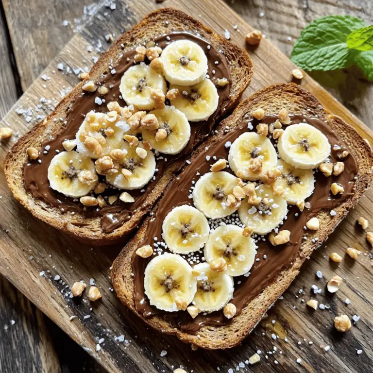 Für das Schmackhafte Chocolate Hazelnut Banana Toast brauchst du: - 2 Scheiben Vollkornbrot - 2 Esslöffel Schokoladen-Hazelnuss-Creme - 1 reife Banane, in Scheiben geschnitten - 1 Esslöffel gehackte Haselnüsse - 1 Esslöffel Chiasamen - 1 Teelöffel Honig oder Ahornsirup (optional) - Eine Prise Meersalz - Frische Minzblätter zur Garnierung (optional) Diese Zutaten sind einfach zu finden. Sie geben dir ein leckeres und nahrhaftes Gericht. Falls du einige Zutaten nicht hast, keine Sorge! Hier sind einige Alternativen: - Verwende glutenfreies Brot, wenn du Gluten meiden willst. - Statt Schokoladen-Hazelnuss-Creme kannst du Mandel- oder Erdnussbutter nutzen. - Für die Banane kannst du auch Apfel- oder Birnenscheiben probieren. - Ersetze gehackte Haselnüsse durch Mandeln oder Walnüsse. Diese Alternativen bieten dir neue Geschmackserlebnisse. Um das beste Ergebnis zu erzielen, achte auf folgende Punkte: - Wähle Vollkornbrot, das frisch und knusprig ist. So bleibt das Toast lecker. - Greife zu reifen Bananen. Sie sind süßer und haben mehr Geschmack. - Achte bei der Schokoladen-Hazelnuss-Creme auf gute Zutaten. Sie sollte wenig Zucker und keine künstlichen Stoffe enthalten. - Frische Minzblätter bringen ein tolles Aroma. Wähle sie mit kräftigen Farben und ohne braune Stellen. Diese Tipps helfen dir, die besten Zutaten für dein Toast zu finden. Beginnen Sie mit zwei Scheiben Vollkornbrot. Wählen Sie frisches, knuspriges Brot. Legen Sie die Scheiben bereit. Nehmen Sie eine reife Banane und schneiden Sie sie in gleichmäßige Runden. Achten Sie darauf, dass die Bananen gut zu sehen sind. Bereiten Sie auch die gehackten Haselnüsse und Chiasamen vor. Diese geben dem Toast einen tollen Crunch. Stellen Sie sicher, dass alles griffbereit ist, bevor Sie mit dem Kochen beginnen. Toasten Sie die Scheiben Vollkornbrot. Nutzen Sie einen Toaster oder eine Pfanne. Richten Sie die Hitze so ein, dass das Brot goldbraun wird. Dies dauert etwa 3 bis 5 Minuten. Sobald das Brot fertig ist, nehmen Sie es heraus. Verteilen Sie jeweils einen Esslöffel Schokoladen-Hazelnuss-Creme gleichmäßig auf jede Scheibe. Legen Sie dann die Bananenscheiben darauf. Achten Sie darauf, dass sie gut verteilt sind. Bestreuen Sie die Bananenscheiben mit den gehackten Haselnüssen und Chiasamen. Sie bringen zusätzlichen Crunch und Nährstoffe. Fügen Sie optional einen Teelöffel Honig oder Ahornsirup hinzu. Das gibt eine süße Note. Verfeinern Sie das Toast mit einer Prise Meersalz. Garnieren Sie es nach Wunsch mit frischen Minzblättern. Für das beste Ergebnis, wählen Sie ein gutes Brot. Vollkornbrot gibt mehr Geschmack. Achten Sie darauf, dass der Toaster nicht zu heiß ist. Überprüfen Sie das Brot regelmäßig, um Verbrennungen zu vermeiden. Wenn Sie eine Pfanne verwenden, verwenden Sie etwas Öl oder Butter. Dies gibt dem Toast eine schöne goldene Farbe. Lassen Sie das Brot nach dem Toasten kurz abkühlen. So bleibt es knusprig und lecker. Ein häufiger Fehler ist, das Brot zu lange zu toasten. Es wird dann zu knusprig oder sogar verbrannt. Achte darauf, die Scheiben regelmäßig zu prüfen. Ein anderer Fehler ist, zu viel Schokoladen-Hazelnuss-Creme zu verwenden. Eine dünne Schicht reicht aus, um den Geschmack zu genießen, ohne dass es zu süß wird. Du kannst das Rezept leicht anpassen. Probiere, Zimt auf die Banane zu streuen. Das gibt einen warmen, würzigen Geschmack. Eine andere Idee ist, ein paar Beeren hinzuzufügen. Erdbeeren oder Himbeeren passen gut und bringen frische Aromen. Du kannst auch andere Nüsse verwenden, wie Mandeln oder Walnüsse, um einen anderen Crunch zu bekommen. Chocolate Hazelnut Banana Toast ist nicht nur lecker, sondern auch nahrhaft. Die Banane liefert dir wichtige Vitamine und Mineralien, vor allem Kalium. Haselnüsse sind reich an gesunden Fetten und Antioxidantien. Vollkornbrot bietet Ballaststoffe, die gut für die Verdauung sind. Du bekommst ein gutes Gleichgewicht aus Energie und Nährstoffen. Wenn du das Rezept noch gesünder machen möchtest, kannst du den Honig oder Sirup weglassen. Das vollständige Rezept findest du im Abschnitt "Vollständiges Rezept". {{image_4}} Um dein Chocolate Hazelnut Banana Toast noch besser zu machen, füge zusätzliche Toppings hinzu. Du kannst zum Beispiel frische Beeren wie Erdbeeren oder Himbeeren verwenden. Diese geben eine tolle Frische und süße Note. Auch Joghurt ist eine gute Wahl. Ein Klecks griechischer Joghurt macht das Toast cremiger. Wenn du es knusprig magst, probiere geröstete Kokosraspeln oder ein paar Schokoladenstückchen. Diese Ideen bringen Abwechslung und machen dein Toast besonders lecker. Wenn du keine Schokoladen-Hazelnuss-Creme magst, gibt es viele Alternativen. Mandelbutter oder Erdnussbutter sind tolle Optionen. Sie geben einen anderen, aber ebenso köstlichen Geschmack. Auch Dattelpaste kann eine süße und gesunde Wahl sein. Du kannst auch fruchtige Aufstriche wie Himbeer- oder Aprikosenmarmelade probieren. Diese Variationen halten das Rezept frisch und spannend. Für ein glutenfreies Toast verwende glutenfreies Brot. Es gibt viele köstliche Sorten aus Reis, Mais oder Buchweizen. Für veganes Toast lass den Honig weg oder nutze Agavendicksaft. Du kannst auch pflanzliche Schokoladen-Hazelnuss-Cremes finden, die ohne Milchprodukte sind. Diese Optionen machen das Rezept für jeden zugänglich. Es ist einfach, dein Chocolate Hazelnut Banana Toast an deine Wünsche anzupassen. Wenn Sie Reste haben, lagern Sie das Toast in einem luftdichten Behälter. Das hilft, die Frische zu bewahren. Verwenden Sie einen Behälter, der nicht zu groß ist, um Luft zu vermeiden. Stellen Sie sicher, dass das Toast vollständig abgekühlt ist, bevor Sie es lagern. So bleibt es knusprig und lecker. Das Chocolate Hazelnut Banana Toast ist am besten frisch. Sie können es jedoch bis zu zwei Tage im Kühlschrank aufbewahren. Achten Sie darauf, das Toast zuerst in Frischhaltefolie einzuwickeln. Nach zwei Tagen kann es weich werden und die Aromen verlieren. Das ist nicht ideal, aber noch genießbar. Um das Toast wieder aufzuwärmen, legen Sie es in den Toaster oder die Pfanne. Toasten Sie es leicht, bis es warm und knusprig ist. Vermeiden Sie die Mikrowelle, da sie das Toast weich macht. Fügen Sie frische Bananenscheiben und etwas Schokoladen-Hazelnuss-Creme hinzu, um das Gericht aufzufrischen. So schmeckt es fast wie frisch zubereitet! Um Chocolate Hazelnut Banana Toast zu machen, beginne mit zwei Scheiben Vollkornbrot. Roste das Brot goldbraun. Während es toastet, schneide eine reife Banane in Scheiben. Verteile dann zwei Esslöffel Schokoladen-Hazelnuss-Creme gleichmäßig auf dem gerösteten Brot. Lege die Bananenscheiben darauf. Streue gehackte Haselnüsse und Chiasamen darüber. Eine Prise Meersalz verstärkt die Aromen. Garnieren kannst du mit frischen Minzblättern. Das ist einfach und lecker! Ja, du kannst einige Teile im Voraus zubereiten. Das Brot kannst du vor dem Toasten aufbewahren. Die Bananen sollten frisch sein, also schneide sie kurz vor dem Servieren. Wenn du die Creme und die Toppings vorbereitest, halte sie in separaten Behältern bereit. So bleibt alles frisch und lecker, wenn du bereit bist zu genießen. Ja, Haselnüsse bieten viele gesundheitliche Vorteile. Sie sind reich an gesunden Fetten, die das Herz unterstützen. Außerdem enthalten sie viel Vitamin E, das gut für die Haut ist. Haselnüsse liefern auch Ballaststoffe, die die Verdauung fördern. Durch die Kombination von Haselnüssen mit Bananen und Chiasamen erhältst du eine nährstoffreiche Mahlzeit. Sie sind nicht nur lecker, sondern auch gesund! In diesem Blogbeitrag haben wir alle wichtigen Aspekte für die Zubereitung von Schokoladen-Hazelnuss-Bananen-Toast behandelt. Wir haben die besten Zutaten und Alternativen besprochen und hilfreiche Tipps gegeben. Du hast Schritt-für-Schritt-Anleitungen für die Zubereitung sowie Tipps zur Lagerung gesehen. Wähle die Zutaten weise, um den besten Geschmack zu erzielen. Experimentiere mit verschiedenen Variationen. Achte darauf, häufige Fehler zu vermeiden. So kannst du dein Toast immer wieder genießen und dabei die Vorteile für deine Gesundheit nutzen. Viel Spaß beim Ausprobieren!
