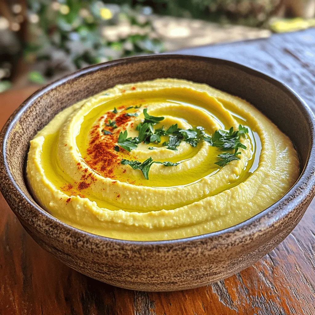 - 1 Dose (425 g) Kichererbsen, abgetropft und abgespült - 60 ml Tahini - 30 ml Olivenöl Die Kichererbsen sind das Herzstück des Hummus. Sie geben ihm die Basis und die cremige Textur. Tahini, eine Paste aus Sesamsamen, sorgt für einen nussigen Geschmack. Olivenöl bringt ein reichhaltiges Aroma und macht den Hummus noch glatter. - 30 ml frischer Zitronensaft - 2 Knoblauchzehen, fein gehackt - 1/2 Teelöffel gemahlener Kreuzkümmel - Salz nach Geschmack Zitronensaft bringt Frische und eine leichte Säure, die den Hummus hebt. Knoblauch fügt einen starken, würzigen Geschmack hinzu. Kreuzkümmel gibt dem Hummus eine besondere Note, die viele lieben. Und Salz? Es bringt alles zusammen. - Frische Petersilie - Paprika Garnierungen machen den Hummus schön und appetitlich. Frische Petersilie sorgt für einen farblichen Kontrast und zusätzlichen Geschmack. Paprika als Topping gibt dem Hummus einen warmen Farbton und eine leichte Würze. Für das vollständige Rezept, besuche den Abschnitt "Full Recipe". Zuerst spülen Sie die Kichererbsen gut ab. Nutzen Sie ein Sieb, um das Wasser abzulassen. Danach nehmen Sie zwei Knoblauchzehen und hacken sie fein. Frischer Knoblauch gibt dem Hummus einen tollen Geschmack. Jetzt geben Sie die Kichererbsen, das Tahini, das Olivenöl, den Zitronensaft und den gehackten Knoblauch in die Küchenmaschine. Fügen Sie auch eine Prise gemahlenen Kreuzkümmel hinzu. Mixen Sie alles gut durch. Scrapen Sie die Seiten der Schüssel ab, wenn nötig. Mixen Sie, bis alles gut vermischt ist. Falls der Hummus zu dick ist, fügen Sie einen Esslöffel Wasser hinzu. Mixen Sie weiter, bis die gewünschte Konsistenz erreicht ist. Probieren Sie den Hummus und passen Sie den Geschmack an. Fügen Sie Salz und Zitronensaft nach Ihrem Wunsch hinzu. So wird der Hummus perfekt für Sie. Um deinen Hummus schön cremig zu machen, achte auf die richtige Wassermenge. Beginne mit einem Esslöffel Wasser. Füge nach und nach mehr hinzu, bis die Konsistenz dir gefällt. Mixe alles gut, bis der Hummus glatt ist. Es ist wichtig, die Seiten der Schüssel dabei abzukratzen. So bekommst du eine gleichmäßige Mischung. Verwende immer frisch gepressten Zitronensaft. Er gibt dem Hummus einen frischen und hellen Geschmack. Du kannst auch andere Zutaten hinzufügen, um den Geschmack zu intensivieren. Probiere zum Beispiel mehr Knoblauch oder eine Prise Chili. Diese kleinen Anpassungen können viel ausmachen. Hummus ist sehr vielseitig. Du kannst ihn mit frischem Gemüse servieren. Karotten, Gurken und Paprika sind gute Optionen. Pita-Brot oder knusprige Cracker passen auch wunderbar dazu. So hast du einen tollen Snack oder eine Vorspeise. Denke daran, deinen Hummus hübsch anzurichten. Ein bisschen Olivenöl und Paprika oben drauf machen ihn noch leckerer. Für das vollständige Rezept, schau dir das [Full Recipe] an. {{image_4}} Hummus ist sehr vielseitig. Sie können verschiedene Geschmäcker ausprobieren. Rote-Bete-Hummus ist eine tolle Wahl. Die Rote Bete gibt Farbe und einen süßen Geschmack. Es ist einfach. Sie fügen einfach gekochte Rote Bete zu Ihrer Mischung hinzu. Kräuterhummus ist eine weitere leckere Option. Frische Kräuter wie Basilikum oder Dill verleihen dem Hummus einen frischen Geschmack. Sie können die Kräuter nach Ihrem Wunsch anpassen. Um Ihr Hummus noch besser zu machen, fügen Sie zusätzliche Zutaten hinzu. Paprika bringt eine süße Note in den Hummus. Einfach etwas geröstete Paprika unterrühren. Oliven sind auch eine gute Wahl. Sie geben dem Hummus eine salzige Note. Für mehr Wärme können Sie Chili oder Cayennepfeffer hinzufügen. Probieren Sie verschiedene Gewürze aus, um neue Geschmäcker zu entdecken. Wenn Sie nach veganen Alternativen suchen, können Sie die Öle ersetzen. Verwenden Sie anstelle von Olivenöl Avocadoöl. Das schmeckt gut und ist gesund. Selbst die Kichererbsen können variieren. Sie können Bohnen oder Erbsen verwenden, um eine neue Textur zu erreichen. Seien Sie kreativ und finden Sie Ihre Lieblingsvariationen. Um Hummus frisch zu halten, lagern Sie ihn im Kühlschrank. Verwenden Sie einen luftdichten Behälter. So bleibt der Geschmack lange erhalten. Hummus sollte etwa 5 bis 7 Tage haltbar sein. Wenn Sie Schimmel sehen, entsorgen Sie ihn sofort. Wenn Sie Hummus länger aufbewahren möchten, können Sie ihn einfrieren. Teilen Sie den Hummus in Portionen auf. Füllen Sie ihn in gefrierfeste Behälter oder Beutel. Lassen Sie etwas Platz, da sich der Hummus ausdehnt. Zum Auftauen legen Sie ihn über Nacht in den Kühlschrank. Alternativ können Sie ihn in der Mikrowelle auftauen. Verwenden Sie die niedrigste Stufe, um eine gleichmäßige Erwärmung zu gewährleisten. Hummus ist vielseitig. Verwenden Sie übrig gebliebenen Hummus als Dip für Gemüse oder Brot. Sie können auch eine Sauce für Pasta daraus machen. Mischen Sie Hummus mit etwas Wasser oder Brühe, um eine cremige Sauce zu erhalten. Fügen Sie frische Kräuter hinzu, um den Geschmack zu verbessern. So vermeiden Sie Lebensmittelverschwendung und genießen neue Gerichte! Selbstgemachter Hummus hält sich etwa fünf bis sieben Tage im Kühlschrank. Um die Frische zu bewahren, füllen Sie ihn in einen luftdichten Behälter. Vermeiden Sie es, ihn mit den Fingern zu berühren. Verwenden Sie immer saubere Löffel, um die Haltbarkeit zu verlängern. Wenn der Hummus einen unangenehmen Geruch hat, sollten Sie ihn nicht mehr essen. Ja, Sie können Hummus ohne Tahini zubereiten. Eine gute Alternative ist Erdnussbutter oder Sonnenblumenkernbutter. Diese Optionen geben dem Hummus eine ähnliche Cremigkeit. Wenn Sie es einfach mögen, können Sie auch ganz auf Tahini verzichten. Dadurch wird der Geschmack etwas milder. Um Hummus würziger zu machen, fügen Sie mehr Knoblauch oder eine Prise Cayennepfeffer hinzu. Sie können auch verschiedene Kräuter verwenden, wie frischen Koriander oder Petersilie. Für eine rauchige Note probieren Sie geräuchertes Paprikapulver aus. Experimentieren Sie, um den perfekten Geschmack zu finden. Die Kichererbsen für Hummus können aus Dosen oder frisch sein. Dosen sind praktisch und schnell. Frische Kichererbsen benötigen mehr Zeit zum Kochen. Wenn Sie frische Kichererbsen verwenden, weichen Sie sie vorher ein. Beide Optionen sind nahrhaft und lecker. Ja, Sie können auch schokoladigen Hummus machen. Fügen Sie Kakaopulver und Honig hinzu, um einen süßen Snack zu kreieren. Eine weitere Idee ist, Erdnussbutter und Schokoladenstückchen zu mischen. Diese Variationen sind perfekt für alle, die Süßes mögen. Genießen Sie sie mit Früchten oder auf Toast. Hummus ist einfach zuzubereiten und vielseitig. Wir haben die Hauptzutaten wie Kichererbsen, Tahini und Olivenöl besprochen. Die richtige Zubereitung in der Küchenmaschine bringt den besten Geschmack. Tipps, um Hummus cremig zu machen, helfen dir, das perfekte Ergebnis zu erzielen. Variationen wie rote-Bete-Hummus bringen neuen Schwung. Denke immer auch an die Aufbewahrung und die Verwendung von Resten. Mit diesen Ideen kannst du frischen, leckeren Hummus genießen und variieren!