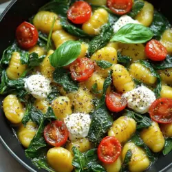 - 1 Packung (450 g) Kartoffel-Gnocchi - 2 Tassen frischer Spinat, grob gehackt - 1 Tasse Kirschtomaten, halbiert - 1/2 Tasse cremiger Ricotta-Käse - 1/4 Tasse geriebener Parmesan-Käse - 2 Knoblauchzehen, gehackt - 2 Esslöffel Olivenöl - Salz und Pfeffer nach Geschmack - 1/4 Teelöffel rote Paprikaflocken (optional) Die Hauptzutaten sind einfach und frisch. Kartoffel-Gnocchi sind weich und schnell zu kochen. Frischer Spinat bringt Farbe und Nährstoffe. Kirschtomaten geben einen süßen Geschmack. Diese Zutaten machen das Gericht lebendig und köstlich. Ricotta und Parmesan sind die Käse, die das Gericht cremig und herzhaft machen. Sie schmelzen gut und sorgen für eine schöne Textur. Außerdem bringt Knoblauch einen tollen Duft und Geschmack. Die Gewürze sind entscheidend. Olivenöl hilft beim Braten und gibt einen feinen Geschmack. Salz und Pfeffer würzen das Gericht perfekt. Rote Paprikaflocken sind optional, aber sie bringen eine schöne Schärfe. Für das vollständige Rezept, schau dir den Abschnitt "Full Recipe" an. - Gnocchi und Gemüse vorbereiten: Nehme eine Packung Kartoffel-Gnocchi. Wasche den frischen Spinat gut und schneide ihn grob. Halbiere die Kirschtomaten. Beachte, dass frisches Gemüse besser schmeckt. - Knoblauch hacken: Schäle zwei Knoblauchzehen. Hacke sie fein. Der Knoblauch gibt der Pfanne viel Geschmack. - Olivenöl erhitzen und Knoblauch anbraten: Erhitze zwei Esslöffel Olivenöl in einer großen Pfanne. Füge den gehackten Knoblauch hinzu. Brate ihn etwa eine Minute an, bis er duftet. Achte darauf, dass er nicht braun wird. - Kirschtomaten hinzufügen und kochen: Gib die halbierten Kirschtomaten in die Pfanne. Koche sie drei bis vier Minuten lang. Rühre gelegentlich um, bis sie weich werden. - Gnocchi hinzufügen und köcheln lassen: Füge die Gnocchi in die Pfanne zu den Tomaten hinzu. Gieße zwei Tassen Wasser hinein. Bringe alles sanft zum Kochen. Reduziere die Hitze und lasse es fünf bis sieben Minuten köcheln. - Spinat und Gewürze einrühren: Rühre den gehackten Spinat in die Pfanne ein. Füge Salz, Pfeffer und rote Paprikaflocken nach Geschmack hinzu. Koche für weitere zwei bis drei Minuten, bis der Spinat zusammenfällt. Du kannst das vollständige Rezept für weitere Details und Anleitung in der [Full Recipe] finden. Um die perfekte Konsistenz der Gnocchi zu erreichen, achte auf die Zeit. Koche die Gnocchi in der Pfanne, bis sie an die Oberfläche steigen. Das dauert etwa 5 bis 7 Minuten. Wenn du sie zu lange kochst, können sie matschig werden. Kontrolliere auch die Wasserzugabe. Zu viel Wasser macht die Gnocchi wässrig. Gieße nur so viel Wasser hinein, dass die Gnocchi gerade bedeckt sind. So bleibt die Textur schön. Um den Geschmack zu verbessern, füge frische Kräuter und Gewürze hinzu. Basilikum und Oregano passen gut zu diesem Gericht. Sie bringen ein schönes Aroma. Du kannst auch etwas Zitronensaft für Frische verwenden. Die Käseauswahl ist ebenfalls wichtig. Ricotta bringt Cremigkeit, während Parmesan für einen kräftigen Geschmack sorgt. Kombiniere beide Käsesorten für ein leckeres Ergebnis. Serviere die Gnocchi direkt aus der Pfanne. Das sieht toll aus und spart Zeit beim Anrichten. Die Farben der Tomaten und des Spinats machen das Gericht schön bunt. Für einen zusätzlichen Farbtupfer kannst du frische Basilikumblätter darüber streuen. Ein kleiner Schuss Olivenöl verleiht dem Gericht mehr Reichtum. Das macht das Essen noch schmackhafter. {{image_4}} Für viele Menschen sind Alternativen wichtig. Du kannst verschiedene Gnocchi verwenden. Zum Beispiel, probiere Gnocchi aus Spinat oder Süßkartoffeln. Diese geben deinem Gericht neue Farben und Aromen. Auch Gemüse macht das Gericht bunt. Füge Zucchini, Paprika oder Erbsen hinzu. Diese halten das Gericht frisch und spannend. Wenn du mehr Protein willst, füge Hühnchen oder Tofu hinzu. Das gibt deinem Gericht mehr Biss. Du kannst das Hühnchen einfach anbraten und dann mit den Gnocchi kombinieren. Tofu ist eine tolle Option für Vegetarier. Marinier ihn einfach für mehr Geschmack. Andere gute Proteinquellen sind Bohnen oder Kichererbsen. Diese machen dein Gericht noch nahrhafter. Wenn du glutenfrei kochen willst, wähle glutenfreie Gnocchi. Diese sind mittlerweile weit verbreitet. Sie schmecken fast wie normale Gnocchi. Du kannst auch die Beilagen anpassen. Serviere die Gnocchi mit einer glutenfreien Sauce oder frischem Gemüse. So bleibt dein Essen lecker und passend für alle. Um die Reste deiner Gnocchi zu lagern, lege sie in einen luftdichten Behälter. Das hilft, die Frische zu bewahren. Stelle den Behälter in den Kühlschrank. Dort bleiben die Gnocchi 3 bis 4 Tage genießbar. Wenn du die Gnocchi länger aufbewahren möchtest, kannst du sie auch einfrieren. Portioniere die Gnocchi in gefrierfreundliche Beutel. Drücke die Luft heraus und verschließe sie gut. So bleiben sie bis zu 3 Monate frisch. Um die Reste aufzuwärmen, gibt es zwei gute Methoden. Du kannst die Gnocchi in der Mikrowelle aufwärmen. Stelle die Mikrowelle auf mittlere Leistung und erhitze sie in 30-Sekunden-Intervallen. Rühre zwischendurch um. Alternativ kannst du die Gnocchi in einer Pfanne erwärmen. Füge etwas Wasser oder Brühe hinzu, um sie feucht zu halten. Erhitze sie bei mittlerer Hitze und rühre oft um. Die Reste sind im Kühlschrank 3 bis 4 Tage haltbar. Achte darauf, die Reste gut zu verschließen. Wenn du die Gnocchi einfrierst, sind sie bis zu 3 Monate gut. Anzeichen von Verderb sind ein unangenehmer Geruch oder eine schleimige Textur. Wenn du das bemerkst, wirf die Reste weg. Die Gesamtzeit für diese Gnocchi beträgt nur 20 Minuten. Die Vorbereitungszeit ist etwa 5 Minuten. Das Kochen der Gnocchi und der anderen Zutaten dauert rund 15 Minuten. So kannst du schnell eine leckere Mahlzeit zaubern. Ja, du kannst Tiefkühl-Gnocchi verwenden. Sie sind eine praktische Option. Koche die gefrorenen Gnocchi direkt in der Pfanne. Du musst die Kochzeit etwas verlängern. Achte darauf, dass sie gut durchgekocht sind. So hast du ein schnelles und einfaches Gericht. Wenn du keinen Ricotta hast, gibt es Alternativen. Du kannst Frischkäse oder Mascarpone verwenden. Diese Optionen bringen eine ähnliche Cremigkeit. Du kannst auch Hüttenkäse probieren, wenn du es leichter magst. Diese Käse passen gut zu den Gnocchi. Um die Menge anzupassen, kannst du die Zutaten leicht erhöhen oder verringern. Wenn du mehr Portionen brauchst, verdopple einfach die Zutaten. Brauchst du weniger? Halbiere die Mengen. Achte darauf, die Kochzeit gleich zu halten. So bleibt das Gericht perfekt. Dieser Blogpost hat gezeigt, wie man ein einfaches Gericht mit Gnocchi, Spinat und Kirschtomaten zubereitet. Ich habe die Hauptzutaten erklärt und Schritte für die Zubereitung gegeben. Zudem gibt es Tipps zur Lagerung und verschiedene Variationen für jeden Geschmack. Experimentiere mit den Zutaten, um dein Gericht zu personalisieren. Denk daran, dass das Kochen Spaß macht und du viel daraus lernen kannst. Genieße deinen nächsten Gnocchi-Genuss!