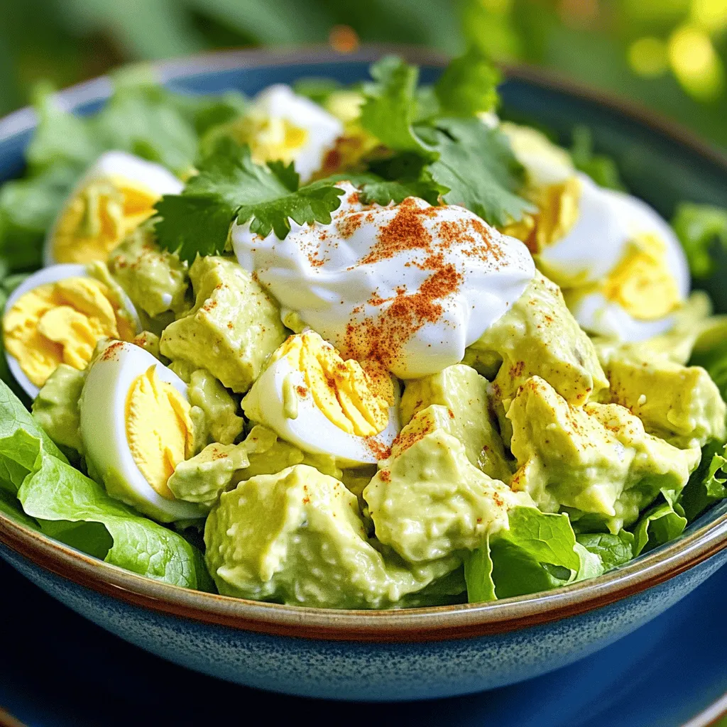 Für diesen leckeren Avocado-Ei-Salat brauchst du: - 4 große Eier - 1 reife Avocado, geschält und entkernt - 2 Esslöffel griechischer Joghurt - 1 Esslöffel Dijon-Senf - 1 Esslöffel frischer Zitronensaft - 1 kleine rote Zwiebel, fein gehackt - 2 Esslöffel frischer Koriander, gehackt (oder Petersilie) - Salz und schwarzer Pfeffer nach Geschmack - 1 Teelöffel geräuchertes Paprikapulver - Optional: Salatblätter zum Servieren Zusätzlich kannst du einige Zutaten hinzufügen, um den Geschmack zu verbessern: - 1 kleine Avocado für mehr Cremigkeit - 1 Teelöffel Kapern für einen salzigen Kick - 1 Teelöffel Honig für eine süße Note - Chili-Flocken für etwas Schärfe Die Qualität deiner Zutaten ist wichtig. Hier sind einige Tipps: - Wähle reife Avocados, die leicht drücken, aber nicht matschig sind. - Frische Eier sind entscheidend für einen guten Geschmack. - Achte darauf, dass der Joghurt cremig ist und keine künstlichen Zutaten enthält. - Verwende frische Kräuter. Sie geben dem Salat einen tollen Geschmack und Duft. - Für den besten Geschmack nutze frischen Zitronensaft anstelle von Flaschen-Zitronensaft. Mit diesen Zutaten und Tipps wirst du einen großartigen Avocado-Ei-Salat zubereiten. Schau dir auch das Full Recipe an, um alle Schritte zu meistern! Um die Eier richtig zu kochen, lege sie in einen kleinen Topf. Bedecke die Eier mit kaltem Wasser. Stelle den Herd auf mittlere Hitze und bringe das Wasser zum Kochen. Sobald das Wasser kocht, lege den Deckel auf den Topf und nimm ihn vom Herd. Lass die Eier für 10 bis 12 Minuten im heißen Wasser ziehen. Danach gib die Eier in ein Eisbad, um sie schnell abzukühlen. Warte etwa fünf Minuten, bis sie kühl sind. In der Zwischenzeit kannst du die Avocado vorbereiten. Halbiere die Avocado, entferne den Kern und schäle sie. Zerdrücke das Fruchtfleisch in einer Schüssel mit einer Gabel. Du solltest eine cremige, aber leicht stückige Konsistenz erreichen. Das macht den Salat interessant und lecker. Jetzt ist es Zeit, die Zutaten zu vermengen. Füge zur zerdrückten Avocado den griechischen Joghurt, Dijon-Senf, frischen Zitronensaft und geräuchertes Paprikapulver hinzu. Mische alles gut durch. Dann schneide die gekochten Eier in kleine Stücke. Hebe die Eier vorsichtig unter die Avocado-Mischung. Achte darauf, dass die Eierstücke ganz bleiben. Zum Schluss füge den gehackten Koriander oder Petersilie hinzu und würze den Salat mit Salz und Pfeffer. Für das vollständige Rezept, schaue dir die [Full Recipe] an. Ein häufiger Fehler beim Kochen von Eiern ist die Überkochung. Dies führt zu einem bläulichen Rand im Eigelb. Um dies zu vermeiden, kochen Sie die Eier nur 10-12 Minuten. Ein weiterer Fehler ist das Überarbeiten der Avocado. Sie sollte cremig, aber stückig bleiben. So bleibt der Salat interessant. Achten Sie darauf, die Zutaten sanft zu vermengen. Zu starkes Rühren kann die Eier zerdrücken. Fügen Sie für mehr Geschmack etwas gehackte Chili oder Paprika hinzu. Diese Zutaten bringen eine angenehme Schärfe. Auch ein Spritzer Limettensaft kann den Salat aufpeppen. Sie können auch verschiedene Kräuter ausprobieren, wie Dill oder Schnittlauch. Diese geben dem Salat einen frischen Geschmack. Für eine herzhaftere Variante können Sie gebratene Speckstücke hinzufügen. Die Präsentation macht viel aus. Servieren Sie den Salat in einer bunten Schüssel. Das sieht appetitlich aus. Garnieren Sie mit frischem Koriander und einer Prise Paprikapulver. Sie können den Salat auch auf einem Bett aus Salatblättern anrichten. Für ein schnelles Mittagessen streichen Sie ihn einfach zwischen zwei Scheiben Vollkornbrot. So wird Ihr Avocado-Ei-Salat nicht nur lecker, sondern auch schön anzusehen. {{image_4}} Um deinen Avocado-Ei-Salat zu verfeinern, füge einige Extras hinzu. Du kannst zum Beispiel gewürfelte Tomaten oder Gurken für mehr Frische einmischen. Auch Speckstückchen geben einen tollen Crunch. Für einen schärferen Kick passen Jalapeños gut dazu. Experimentiere mit verschiedenen Kräutern wie Dill oder Schnittlauch. Diese Zutaten machen deinen Salat noch interessanter. Möchtest du eine vegane Variante? Das ist ganz einfach! Ersetze die Eier durch Kichererbsen. Zerdrücke sie gut und mische sie mit der Avocado. Für die Cremigkeit nimm veganen Joghurt oder einfach mehr Avocado. Du kannst auch Senf und Zitronensaft hinzufügen, um den Geschmack zu intensivieren. Diese vegane Option ist nahrhaft und lecker. An heißen Tagen ist ein kalter Salat genau das Richtige. Du kannst deinen Avocado-Ei-Salat als Wrap servieren. Verwende Tortillas oder Salatblätter, um eine leichte Mahlzeit zu machen. Eine weitere Idee ist, den Salat in einer Schüssel mit kühlem Gemüse zu servieren. So bleibt er frisch und lecker. Probiere auch, ihn mit Quinoa oder Couscous zu kombinieren. So wird er noch sättigender. Für weitere Details kannst du die [Full Recipe] ansehen. Um deinen Avocado-Ei-Salat frisch zu halten, brauchst du einen luftdichten Behälter. Fülle den Salat in den Behälter und schließe ihn gut. Das reduziert die Luft, die den Salat verderben kann. Du kannst auch Frischhaltefolie direkt auf die Oberfläche legen, um die Frische zu bewahren. Im Kühlschrank hält sich der Avocado-Ei-Salat etwa 2 bis 3 Tage. Achte darauf, dass du ihn innerhalb dieser Zeit verzehrst. Nach 3 Tagen kann die Avocado braun werden und die Struktur des Salats leidet. Überprüfe immer den Geruch und das Aussehen, bevor du ihn isst. Reste von Avocado-Ei-Salat sind vielseitig. Du kannst sie auf einem Wrap oder in einem Sandwich verwenden. Mische sie mit etwas Quinoa oder Couscous für einen schnellen Salat. Du kannst auch gefüllte Avocados machen, indem du die Mischung in halbe Avocados gibst. So hast du ein schnelles und leckeres Mittagessen! Um den Avocado-Ei-Salat cremiger zu machen, füge mehr griechischen Joghurt hinzu. Du kannst auch ein wenig Mayonnaise verwenden, um die Textur zu verbessern. Eine reife Avocado ist wichtig. Achte darauf, dass sie weich genug ist. Wenn du die Avocado gut zerdrückst, wird der Salat auch cremiger. Ja, du kannst andere Kräuter verwenden! Petersilie oder Schnittlauch passen gut dazu. Auch Dill kann eine interessante Note geben. Experimentiere mit verschiedenen Kräutern, um deinen perfekten Geschmack zu finden. Frische Kräuter bringen viel Aroma in den Salat. Die angegebenen Mengen ergeben etwa vier Portionen. Das ist perfekt für ein leichtes Mittagessen oder einen Snack. Du kannst den Salat auch auf Sandwiches oder in Wraps verwenden. So nimmst du ihn einfach mit zur Arbeit oder zum Picknick. Wenn du mehr Gäste hast, kannst du die Menge einfach verdoppeln. Der Avocado-Ei-Salat ist einfach zuzubereiten und voller Geschmack. Wir haben die besten Zutaten, Schritte und Tipps behandelt. Achten Sie darauf, die Eier perfekt zu kochen und die Zutaten richtig zu kombinieren. Vermeiden Sie häufige Fehler und probieren Sie Varianten aus, um neue Aromen zu entdecken. Lagern Sie den Salat richtig, um die Frische zu bewahren. Experimentieren Sie mit den Fragen in den FAQs. So genießen Sie diesen leckeren Salat immer wieder neu.