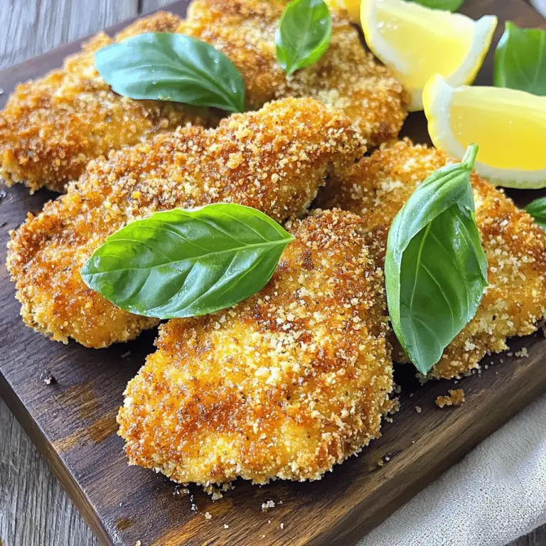- Hühnerbrustfilets - Frisches Basilikum - Paniermehl und Parmesan Die Hauptzutaten für Italienische Basilikum-Hühnchen-Schnitzel sind einfach und frisch. Ich verwende Hühnerbrustfilets, weil sie zart und leicht sind. Frisches Basilikum gibt den Schnitzeln ein aromatisches, italienisches Flair. Paniermehl sorgt für eine knusprige Textur und Parmesan fügt einen würzigen Geschmack hinzu. Diese Zutaten machen das Gericht besonders lecker. - Olivenöl - Knoblauchpulver und Zwiebelpulver - Salz und Pfeffer Für den perfekten Geschmack sind die Gewürze wichtig. Ich verwende Olivenöl zum Braten, weil es gut erhitzt werden kann und einen feinen Geschmack hat. Knoblauchpulver und Zwiebelpulver bringen zusätzliche Aromen in die Panade. Salz und Pfeffer helfen, die Aromen zu verstärken. Diese Gewürze machen die Schnitzel noch schmackhafter und runden das Gericht ab. Wenn Du mehr über die Zubereitung erfahren möchtest, schau Dir die Full Recipe an. Um mit dem Rezept für Italienische Basilikum-Hühnchen-Schnitzel zu starten, klopfen Sie zuerst die Hähnchenbrust. Nehmen Sie einen Fleischklopfer und klopfen Sie die Brustfilets gleichmäßig auf etwa 1,5 cm Dicke. Dadurch wird das Fleisch zart und gart gleichmäßig. In einer separaten Schüssel verquirlen Sie die zwei großen Eier. Nutzen Sie einen Schneebesen für eine gute Mischung. Die Eier geben der Panade Halt und helfen, die Mischung besser am Hähnchen zu haften. Jetzt machen wir die Paniermischung. Mischen Sie in einer mittelgroßen Schüssel die gehackten Basilikumblätter, das Paniermehl, den Parmesan, das Knoblauchpulver, das Zwiebelpulver, Salz und Pfeffer. Diese Mischung bringt tollen Geschmack und eine schöne Farbe. Tauchen Sie jedes Hähnchenfilet zuerst in die verquirlten Eier, dann wenden Sie es in der Paniermischung. Drücken Sie leicht, damit die Krümel gut haften. Erhitzen Sie dann das Olivenöl in einer großen Pfanne bei mittlerer Hitze. Fügen Sie die panierten Schnitzel hinzu, wenn das Öl heiß ist. Braten Sie sie für 3-4 Minuten auf jeder Seite, bis sie goldbraun sind. Überprüfen Sie die Innentemperatur; sie sollte 74°C erreichen. Legen Sie die fertig gebratenen Schnitzel auf ein Backblech, das Sie vorher mit Backpapier ausgelegt haben. Backen Sie die Schnitzel für 10 Minuten im vorgeheizten Ofen bei 200°C. Dies sorgt dafür, dass sie rundum gut durchgegart sind und eine knusprige Textur behalten. Nach dem Backen lassen Sie die Schnitzel ein paar Minuten ruhen. Servieren Sie sie warm und garnieren Sie sie mit frischen Zitronenschnitzen. Diese bringen einen frischen Kick und sehen toll aus. Für das gesamte Rezept schauen Sie sich die [Full Recipe] an. Die Panade ist das Herzstück eines guten Hühnchen-Schnitzels. Die Auswahl des Paniermehls spielt dabei eine große Rolle. Ich empfehle italienisch gewürztes Paniermehl. Es bringt einen tollen Geschmack. Für eine knusprigere Panade können Sie etwas Maismehl hinzufügen. Das gibt extra Crunch! Um die Knusprigkeit zu erhöhen, backen Sie die Schnitzel nach dem Braten für einige Minuten im Ofen. So erhalten sie eine perfekte, goldbraune Farbe. Ein weiterer Tipp: Achten Sie darauf, das Öl gut heiß zu machen. Das sorgt dafür, dass die Panade sofort anbrät und nicht durchweicht. Um den Geschmack der Hühnchen-Schnitzel zu verstärken, können Sie zusätzliche Kräuter oder Gewürze verwenden. Rosmarin oder Thymian passen gut zu Basilikum. Sie können auch etwas Paprika oder Chili für einen scharfen Kick hinzufügen. Als Beilagen empfehle ich einen frischen Salat oder gebratenes Gemüse. Diese Beilagen bringen Farbe auf den Teller und ergänzen das Hühnchen. Eine Zitronenscheibe dazu gibt einen spritzigen Geschmack. Diese Kombination macht das Essen lebendig und lecker. Für die vollständige Anleitung, schauen Sie sich die [Full Recipe] an. {{image_4}} Wenn Sie das Rezept für italienische Basilikum-Hühnchen-Schnitzel aufpeppen möchten, probieren Sie einige mediterrane Varianten. - Hinzufügen von Oliven oder getrockneten Tomaten: Oliven bringen einen salzigen Geschmack, während getrocknete Tomaten Süße und Tiefe hinzufügen. Sie können einfach einige gehackte Oliven oder Tomaten in die Paniermischung geben. Das verleiht Ihrem Gericht mehr Charakter und ein tolles Aroma. - Verwendung von verschiedenen Käsesorten: Parmesan ist köstlich, aber versuchen Sie auch andere Käsesorten. Mozzarella macht die Schnitzel besonders saftig. Fügen Sie Feta für einen salzigen Kick hinzu. Experimentieren Sie mit verschiedenen Käsesorten, um Ihre perfekte Mischung zu finden. Gesunde Alternativen machen dieses Gericht noch besser für alle. - Backen statt braten: Wenn Sie die Schnitzel backen, reduzieren Sie das Öl und die Kalorien. Legen Sie die panierten Schnitzel einfach auf ein Backblech und backen Sie sie im vorgeheizten Ofen. Dadurch bleibt die knusprige Textur, ohne dass Sie sie braten müssen. - Glutenfreie Optionen: Wenn Sie glutenfrei leben, gibt es tolle Alternativen. Verwenden Sie glutenfreies Paniermehl oder zerdrückte Reis-Cracker. Diese Optionen sind ebenso lecker und funktionieren gut in diesem Rezept. Für mehr Details und die vollständige Zubereitung schauen Sie sich das Rezept [Full Recipe] an. Experimentieren Sie mit diesen Variationen und Alternativen, um Ihre eigenen köstlichen Kreationen zu schaffen! Um die Schnitzel frisch zu halten, lagern Sie sie im Kühlschrank. Legen Sie die Schnitzel in einen luftdichten Behälter. So bleiben sie bis zu drei Tage genießbar. Wenn Sie die Schnitzel länger aufbewahren möchten, können Sie sie einfrieren. Wickeln Sie jede Portion in Frischhaltefolie. Legen Sie sie dann in einen Gefrierbeutel. Auf diese Weise halten sie bis zu drei Monate. Der beste Weg, die Schnitzel aufzuwärmen, ist im Ofen. Heizen Sie den Ofen auf 175°C (350°F) vor. Legen Sie die Schnitzel auf ein Backblech. Decken Sie sie mit Alufolie ab, um sie feucht zu halten. Backen Sie sie etwa 15 Minuten, bis sie heiß sind. Um trockenes Hühnchen zu vermeiden, können Sie etwas Brühe oder Wasser in die Folie geben. Dies hilft, die Feuchtigkeit zu bewahren. So schmecken die Schnitzel fast wie frisch zubereitet. Für mehr Details und das komplette Rezept besuchen Sie [Full Recipe]. Du kannst die Schnitzel in einem luftdichten Behälter im Kühlschrank aufbewahren. Sie bleiben dort für bis zu drei Tage frisch. Wenn du sie länger aufbewahren möchtest, friere sie ein. In einem gefrierfesten Behälter halten sie bis zu drei Monate. Achte darauf, sie gut zu verpacken, damit sie nicht austrocknen. Ja, das ist eine tolle Idee! Du kannst verschiedene Kräuter oder Gewürze in die Panade mischen. Rosmarin oder Oregano passen gut zu diesem Gericht. Du kannst auch Panko verwenden, um die Schnitzel noch knuspriger zu machen. Experimentiere mit verschiedenen Käsesorten, wie Mozzarella oder Gouda, für einen anderen Geschmack. Definitiv! Dieses Rezept funktioniert auch gut mit Schweinefleisch oder Pute. Achte darauf, die Fleischstücke dünn zu schneiden oder zu klopfen, damit sie gleichmäßig garen. Du kannst auch Fischfilets verwenden, wie zum Beispiel Kabeljau oder Tilapia. Jedes Fleisch hat seinen eigenen Geschmack, also passe die Gewürze entsprechend an. Dieser Artikel hat die Schritte zum Zubereiten von italienischen Basilikum-Hühnchen-Schnitzeln behandelt. Wir schauten uns die Zutaten, die Zubereitung, die Tipps und die Variationen an. Du kannst einfache Anpassungen vornehmen, um das Gericht frischer oder gesünder zu gestalten. Mit den richtigen Trics erhöhst du den Geschmack und die Knusprigkeit. Diese Schnitzel werden dir sicher viel Freude bereiten. Probiere sie aus und teile deine Erfahrungen!