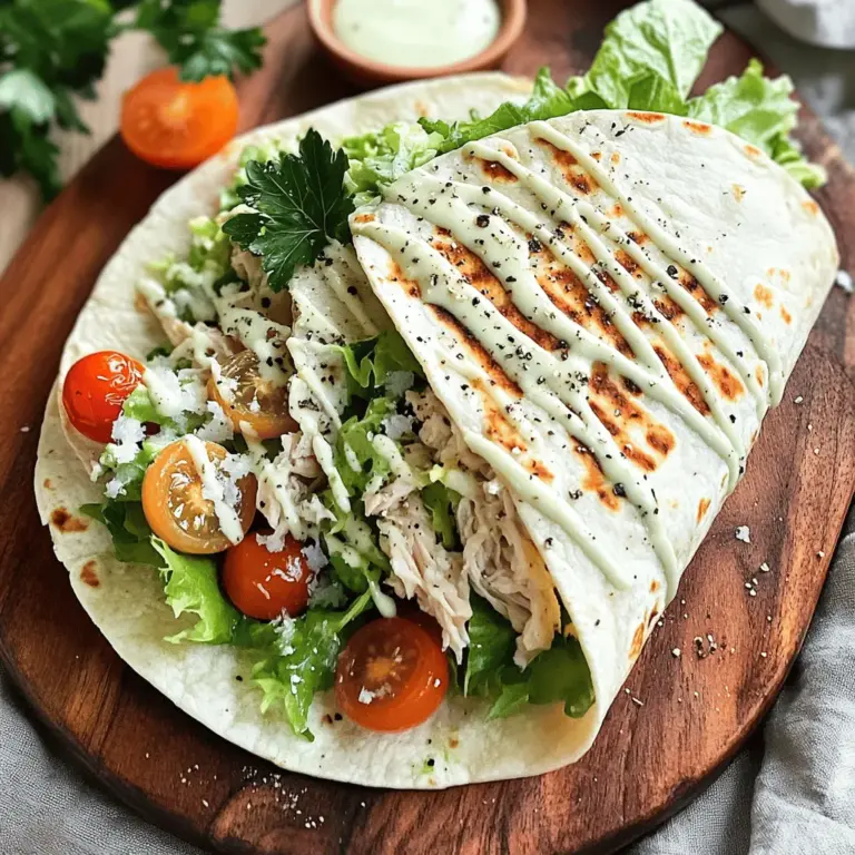 Für deinen Chicken Caesar Wrap brauchst du folgende Hauptzutaten: - 2 große Tortillas aus Weizenmehl - 1 Tasse gekochte Hähnchenbrust, zerrissen - 1 Tasse Romanasalat, grob gehackt - 1/2 Tasse Caesar-Dressing - 1/4 Tasse Parmesan, gerieben - 1/4 Tasse Kirschtomaten, halbiert - 1/4 Teelöffel schwarzer Pfeffer - 1/4 Teelöffel Knoblauchpulver - Optional: Croutons für zusätzlichen Crunch Diese Zutaten geben dir ein tolles Geschmacksprofil. Das zerrissene Hähnchen bringt Protein. Der Romanasalat sorgt für Frische. Parmesan und Dressing fügen Tiefe hinzu. Kirschtomaten geben einen süßen Biss. Croutons sind optional, aber sie machen den Wrap noch besser. Um deinen Wrap zuzubereiten, brauchst du einige wichtige Utensilien: - Eine große Schüssel zum Mischen - Ein Schneidebrett - Ein scharfes Messer - Ein Esslöffel oder eine Kelle zum Portionieren - Eine Pfanne, wenn du die Wraps grillen möchtest Diese Utensilien helfen dir, alles schnell und einfach zu machen. Eine große Schüssel ist wichtig, um alle Zutaten gut zu vermengen. Ein scharfes Messer macht das Schneiden der Tomaten leicht. Frische Zutaten sind der Schlüssel zu einem großartigen Wrap. Achte beim Einkauf auf: - Hähnchenbrust: Sie sollte rosa und fest sein. Vermeide Hähnchen mit einer grauen Farbe. - Romanasalat: Wähle knackige Blätter ohne braune Stellen. Sie sollten frisch duften. - Kirschtomaten: Suche nach leuchtenden und festen Tomaten. Sie sollten leicht glänzen. - Parmesan: Hole dir frischen Parmesan, wenn möglich. Der Geschmack ist viel besser. Frische Zutaten machen den Wrap lecker. Wenn du darauf achtest, werden deine Gäste begeistert sein. Um die besten Zutaten zu finden, gehe zu einem Markt mit frischen Produkten oder wähle Bio-Optionen. Um einen Chicken Caesar Wrap zu machen, starte mit frischen Zutaten. Du brauchst: - 2 große Tortillas aus Weizenmehl - 1 Tasse gekochte Hähnchenbrust, zerrissen - 1 Tasse Romanasalat, grob gehackt - 1/2 Tasse Caesar-Dressing - 1/4 Tasse Parmesan, gerieben - 1/4 Tasse Kirschtomaten, halbiert - 1/4 Teelöffel schwarzer Pfeffer - 1/4 Teelöffel Knoblauchpulver - Optional: Croutons für zusätzlichen Crunch Beginne damit, das Hähnchen zu zerkleinern. Achte darauf, dass es gleichmäßig zerrissen ist. Dann hacke den Romanasalat grob. Das sorgt für Biss. Halbiere die Kirschtomaten und reibe den Parmesan. Alle Zutaten sollten bereit sein, bevor du startest. Lege eine Tortilla auf eine saubere Fläche. Nimm eine großzügige Menge der Hähnchen-Caesar-Mischung und lege sie in die Mitte. Füge die gehackten Kirschtomaten und den Parmesan hinzu. Wenn du Croutons magst, streue sie jetzt darüber. Das gibt extra Crunch. Klappe die Seiten der Tortilla ein. Dann rolle sie von unten nach oben fest auf. Achte darauf, dass die Füllung gut eingeschlossen ist. Wiederhole das mit der zweiten Tortilla. Um die Wraps warm und knusprig zu machen, heize eine beschichtete Pfanne bei mittlerer Hitze vor. Lege die Wraps hinein und grille sie 2-3 Minuten pro Seite. Die Außenseite wird goldbraun und knusprig. Das macht einen großen Unterschied im Geschmack. Schneide die Wraps diagonal in zwei Hälften. Serviere sie sofort oder wickle sie in Alufolie. So bleiben sie frisch für später. Du kannst sie auch mit extra Caesar-Dressing zum Dippen servieren. Ein häufiger Fehler ist, die Tortilla zu überfüllen. Zu viel Füllung macht das Einwickeln schwer. Halte die Menge im Gleichgewicht. Ein weiterer Fehler ist, das Dressing zu stark zu mischen. Dadurch kann der Wrap matschig werden. Vermenge die Zutaten sanft, damit alles frisch bleibt. Die ideale Tortilla hat einen Durchmesser von etwa 25 cm. Diese Größe bietet genug Platz für die Füllung. Platziere die Füllung in der Mitte, aber nicht zu nah am Rand. Lass genügend Platz, um die Seiten einzuklappen. Dies hilft, die Füllung sicher zu halten. Um den Wrap aufzupeppen, füge Gewürze wie Paprika oder Chili hinzu. Diese verleihen dem Wrap einen tollen Kick. Du kannst auch Zutaten wie Avocado oder Oliven einfügen. Diese sorgen für mehr Textur und Geschmack. Experimentiere mit verschiedenen Käsesorten, um neue Aromen zu entdecken. Nutze frische Kräuter wie Basilikum oder Schnittlauch für einen frischen Geschmack. {{image_4}} Du kannst den Chicken Caesar Wrap einfach in eine vegetarische Variante umwandeln. Ersetze das Hähnchen durch gegrillte Zucchini oder gebratene Auberginen. Diese Gemüse bringen Geschmack und Textur. Füge auch Kichererbsen hinzu, um mehr Protein zu erhalten. Das Caesar-Dressing bleibt gleich und sorgt für den leckeren Geschmack. Wenn du eine Low-Carb-Option suchst, verwende Salatblätter anstelle von Tortillas. Römersalat oder Eisbergsalat sind perfekte Alternativen. Wickel die Füllung einfach in die Blätter. So bleibt der Geschmack und du vermeidest Kohlenhydrate. Du kannst auch Blumenkohlreis statt Hähnchen verwenden. Für eine scharfe Note kannst du Jalapeños oder scharfe Sauce hinzufügen. Diese Zutaten bringen Hitze in den Wrap. Eine andere Idee ist, Avocado für Cremigkeit und zusätzlichen Geschmack hinzuzufügen. Du kannst auch geräucherten Paprika verwenden, um ein rauchiges Aroma zu erzeugen. Experimentiere mit verschiedenen Zutaten für deinen perfekten Wrap! Um die Frische deines Chicken Caesar Wraps zu bewahren, wickle ihn gut ein. Verwende Alufolie oder Frischhaltefolie. Achte darauf, dass keine Luft eindringt. So bleibt der Wrap saftig und lecker. Im Kühlschrank hält sich der Chicken Caesar Wrap bis zu drei Tage. Stelle sicher, dass du ihn gut verpackst. Wenn du ihn nach drei Tagen nicht gegessen hast, wirf ihn weg. Sicherheit geht vor! Du kannst die Wraps auch einfrieren. Wickele sie fest in Alufolie ein. So bleiben sie bis zu drei Monate frisch. Zum Aufwärmen einfach über Nacht im Kühlschrank auftauen. Danach in einer Pfanne oder Mikrowelle erwärmen. So hast du jederzeit eine schnelle Mahlzeit bereit! Ja, du kannst das Caesar-Dressing leicht selbst machen. Mische dafür Mayonnaise, Joghurt, Zitronensaft, Worcestershiresauce, Knoblauch und Parmesan. Das gibt dir einen frischen und leckeren Geschmack. Du kannst die Zutaten nach deinem Geschmack anpassen. Wenn du es würziger magst, füge mehr Knoblauch oder etwas Senf hinzu. So bleibt das Dressing frisch und ohne Konservierungsstoffe. Zu einem Chicken Caesar Wrap passen viele Beilagen gut. Hier sind einige Vorschläge: - Kartoffelchips: Sie sind knusprig und einfach zu essen. - Gemüsesticks: Karotten und Sellerie machen eine frische Beilage. - Früchte: Obstsalat bringt Süße und Farbe auf den Tisch. - Salat: Ein einfacher grüner Salat ergänzt den Wrap gut. Diese Beilagen bringen Abwechslung und machen die Mahlzeit lustiger. Um den Wrap aufzuwärmen, lege ihn einfach in eine Pfanne. Erhitze ihn bei mittlerer Hitze für 2-3 Minuten pro Seite. So wird der Wrap warm und knusprig. Alternativ kannst du ihn auch in der Mikrowelle aufwärmen. Wickele ihn in ein feuchtes Papiertuch und erhitze ihn für 30 Sekunden. Das hält ihn weich, aber nicht zu knusprig. Es ist wichtig, den Wrap nicht zu lange zu erhitzen, damit er nicht austrocknet. Du hast gelernt, wie man einen Chicken Caesar Wrap macht. Wir haben frische Zutaten und wichtige Utensilien besprochen. Die Schritt-für-Schritt-Anleitung hilft dir, den perfekten Wrap zuzubereiten. Nutze Tipps, um häufige Fehler zu vermeiden. Denke auch an Variationen, um neue Geschmäcker auszuprobieren. Lagere deine Wraps richtig, damit sie frisch bleiben. Mit diesen Informationen bist du bereit, deine Wraps zu genießen. Viel Spaß beim Ausprobieren und Experimentieren in der Küche!