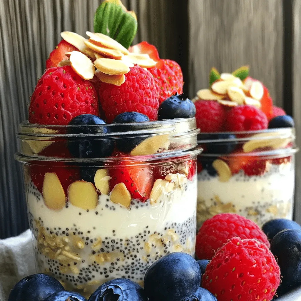 Für dieses einfache Rezept benötigst du nur ein paar Grundzutaten: - 1 Tasse Haferflocken - 2 Tassen Mandelmilch (oder Milch nach Wahl) - 1 Esslöffel Chiasamen - 1 Esslöffel Ahornsirup (oder Honig) - ½ Teelöffel Vanilleextrakt - 1 Tasse gemischte Beeren (Erdbeeren, Heidelbeeren, Himbeeren) - ¼ Tasse gehobelte Mandeln - Eine Prise Salz Diese Zutaten bilden die Basis. Die Haferflocken geben dir Ballaststoffe. Die Mandeln fügen gesunde Fette hinzu und sorgen für einen knusprigen Biss. Die Beeren bringen Frische und Vitamine. Wenn du keine Mandelmilch magst, gibt es viele Alternativen. Du kannst normale Kuhmilch oder Sojamilch verwenden. Kokosmilch bringt einen süßen Geschmack. Hafermilch ist eine weitere gute Wahl. Jede Milch hat ihren eigenen Geschmack. Probiere verschiedene Sorten aus, um deinen Favoriten zu finden. Um die Overnight Oats interessanter zu machen, kannst du weitere Zutaten hinzufügen. Zimt oder Kakaopulver geben einen tollen Geschmack. Auch Nüsse oder Samen sind eine großartige Ergänzung. Du kannst sogar Joghurt unterrühren, um die Cremigkeit zu erhöhen. Sei kreativ und finde deine perfekte Mischung! Für das vollständige Rezept, sieh dir bitte die [Full Recipe] an. Nehmen Sie eine mittelgroße Rührschüssel. Geben Sie die Haferflocken hinein. Fügen Sie die Chiasamen hinzu. Streuen Sie eine Prise Salz darüber. Rühren Sie alles gut um. Achten Sie darauf, dass die Zutaten gleichmäßig verteilt sind. Nehmen Sie eine separate Schüssel. Gießen Sie die Mandelmilch hinein. Fügen Sie den Ahornsirup und den Vanilleextrakt hinzu. Nehmen Sie einen Schneebesen und vermengen Sie alles gut. Mischen Sie, bis Sie eine homogene Flüssigkeit haben. Gießen Sie die feuchte Mischung über die trockenen Zutaten. Rühren Sie vorsichtig um, bis alle Haferflocken bedeckt sind. Heben Sie die Hälfte der Beeren und die Mandeln unter. Halten Sie den Rest für die Dekoration zurück. Teilen Sie die Mischung gleichmäßig auf zwei Gläser auf. Garnieren Sie die Gläser mit den restlichen Beeren und Mandeln. Verschließen Sie die Gläser und stellen Sie sie über Nacht in den Kühlschrank. Genießen Sie die Haferflocken am Morgen kalt oder warm. Für die warme Variante einfach in der Mikrowelle erhitzen. Für die vollständige Anleitung schauen Sie sich das [Full Recipe] an. Um die perfekte Konsistenz für deine Berry Almond Overnight Oats zu erzielen, ist es wichtig, das richtige Verhältnis von Haferflocken zu Flüssigkeit zu wählen. Ich empfehle, zwei Tassen Mandelmilch pro Tasse Haferflocken zu verwenden. Das sorgt dafür, dass die Haferflocken gut aufquellen. Lass sie mindestens sechs Stunden im Kühlschrank. Je länger sie stehen, desto cremiger werden sie. Wenn du etwas von deinen Overnight Oats übrig hast, bewahre sie in einem luftdichten Behälter auf. Stelle sicher, dass der Behälter gut verschlossen ist, damit die Oats frisch bleiben. Sie halten sich bis zu drei Tage im Kühlschrank. Du kannst sie auch einfrieren, wenn du mehr vorbereitet hast. Achte darauf, sie in Portionen zu teilen, damit du sie einfach auftauen kannst. Die beste Zeit, um deine Berry Almond Overnight Oats zuzubereiten, ist am Abend vorher. So kannst du sie über Nacht im Kühlschrank lassen. Am Morgen hast du ein schnelles und gesundes Frühstück. Wenn du es eilig hast, bereite sie am Sonntag vor, um die Woche gut zu starten. Diese Oats sind nicht nur lecker, sondern auch sehr nahrhaft. {{image_4}} Wenn es um Beeren geht, gibt es viele Möglichkeiten. Du kannst Erdbeeren, Himbeeren oder Heidelbeeren verwenden. Im Frühling sind frische Erdbeeren lecker. Im Sommer probiere schwarze Johannisbeeren oder Himbeeren. Im Herbst sind Brombeeren eine gute Wahl. Auch gefrorene Beeren sind eine tolle Option. Sie geben dir die gleiche Frische und sind leicht zu bekommen. Du kannst viele Toppings hinzufügen, um deine Overnight Oats zu verbessern. Gehobelte Mandeln sind nahrhaft und geben einen tollen Crunch. Chiasamen sind ebenfalls eine gute Wahl. Sie sind reich an Ballaststoffen und Omega-3-Fettsäuren. Du kannst auch Nüsse oder Kokosflocken nutzen. Frisches Obst wie Bananen oder Äpfel passt gut dazu. Joghurt oder Quark können ebenfalls eine gute Ergänzung sein. Sie fügen eine cremige Textur hinzu und sind gesund. Wenn du eine vegane Option magst, benutze einfach Pflanzenmilch. Mandelmilch, Hafermilch oder Kokosmilch sind alle lecker. Für glutenfreie Overnight Oats achte darauf, glutenfreie Haferflocken zu verwenden. Diese sind in vielen Geschäften erhältlich. So kannst du die Oats ohne Sorge genießen. Diese einfachen Anpassungen machen es dir leicht, lecker und gesund zu essen. Wenn du mehr Ideen brauchst, schau dir das [Full Recipe] an. Die Berry Almond Overnight Oats lassen sich einfach im Kühlschrank aufbewahren. Verwenden Sie gut verschlossene Gläser oder Behälter. So bleibt die Frische bis zu fünf Tage erhalten. Achten Sie darauf, die Gläser nicht zu überfüllen. Lassen Sie etwas Platz für die Haferflocken, damit sie noch etwas aufquellen können. Vor dem Essen sollten Sie die Mischung gut umrühren. Wenn Sie die Haferflocken länger aufbewahren möchten, können Sie sie einfrieren. Füllen Sie die Mischung in einen luftdichten Behälter. Achten Sie darauf, die Portionen gut zu trennen. So können Sie die Oats bei Bedarf schnell auftauen. Zum Auftauen legen Sie die Gläser einfach in den Kühlschrank über Nacht. Sie können die Oats auch direkt in der Mikrowelle erhitzen, wenn Sie es eilig haben. Die übrig gebliebenen Portionen sind vielseitig einsetzbar. Sollte etwas übrig bleiben, können Sie die Haferflocken auch in Smoothies mixen. Ein Löffel kann auch in Joghurt oder Quark gemischt werden. So nutzen Sie die Reste und reduzieren Abfall. Achten Sie darauf, die übrig gebliebenen Portionen innerhalb von fünf Tagen zu konsumieren. Overnight Oats sind in einem geschlossenen Behälter im Kühlschrank etwa 3 bis 5 Tage haltbar. Sie bleiben frisch, wenn Sie sie gut abdecken. Nach ein paar Tagen können die Haferflocken weicher werden. Wenn Sie sie länger aufbewahren, prüfen Sie, ob sie noch gut riechen oder aussehen. Wenn Sie frische Beeren oder andere Zutaten hinzufügen, beachten Sie deren Haltbarkeit. Ja, Sie können die Haferflocken auch warm essen. Erhitzen Sie sie einfach in der Mikrowelle. Stellen Sie sicher, dass Sie die Mischung gut umrühren, um eine gleichmäßige Erwärmung zu gewährleisten. Das Erwärmen kann die Aromen intensivieren und eine neue Geschmacksebene hinzufügen. Viele Menschen lieben warme Haferflocken an kalten Tagen. Um die Nährwerte zu steigern, fügen Sie Nüsse oder Samen hinzu. Chiasamen sind bereits in diesem Rezept, aber Sie können auch Leinsamen oder Kürbiskerne verwenden. Trockenfrüchte wie Rosinen oder Cranberries sorgen für zusätzliche Vitamine. Auch griechischer Joghurt kann die Proteinzufuhr erhöhen. Experimentieren Sie mit verschiedenen Zutaten, um den Nährstoffgehalt anzupassen. Berry Almond Overnight Oats sind einfach und lecker. Wir haben die besten Zutaten, Schritte und Tipps durchgenommen, um sie zu machen. Du kannst verschiedene Milchsorten und Toppings nutzen. Denke daran, sie im Kühlschrank zu lagern, um die Frische zu erhalten. Diese Overnight Oats sind perfekt für jeden Tag. Jetzt weißt du, wie du sie anpassen kannst, um deinem Geschmack gerecht zu werden. Genieße deine gesunden Haferflocken, wann immer du willst!