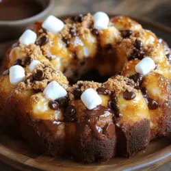 Um S'mores Monkey Bread zu machen, brauchst du folgende Zutaten: - 2 Dosen gekühlte Kekse (je 16,3 oz) - 1 Tasse Mini-Marshmallows - 1 Tasse halb-süße Schokoladenstückchen - 1/2 Tasse Grahamcracker-Brösel - 1/2 Tasse ungesalzene Butter, geschmolzen - 3/4 Tasse brauner Zucker, fest gepackt - 1 Teelöffel Vanilleextrakt - Eine Prise Salz Jede Zutat hat einen wichtigen Platz in diesem Rezept. Die gekühlten Kekse machen das Brot fluffig und süß. Die Mini-Marshmallows schmelzen beim Backen und geben einen tollen Geschmack. Die halb-süßen Schokoladenstückchen sorgen für den perfekten Schokoladengenuss. Grahamcracker-Brösel fügen die typische S'mores-Note hinzu. Die Butter sorgt für Feuchtigkeit und Geschmack. Brauner Zucker bringt eine schöne Karamellnote mit. Vanilleextrakt rundet das Ganze ab und gibt Tiefe. Eine Prise Salz hebt die Aromen hervor. Falls du keine gekühlten Kekse hast, kannst du auch andere Kekse verwenden. Zimt- oder Schokoladenkekse sind gute Alternativen. Anstelle von Mini-Marshmallows kannst du auch große Marshmallows verwenden. Diese musst du jedoch kleiner schneiden. Für eine andere Geschmacksrichtung kannst du weiße Schokoladenstückchen statt halb-süßer verwenden. Wenn du keine Grahamcracker-Brösel findest, zermahle normale Kekse wie Butterkekse. Sie geben auch einen leckeren Crunch. Schau dir das [Full Recipe] an, um alles über die Zubereitung zu lernen. Um S'mores Monkey Bread zu machen, folgen Sie diesen einfachen Schritten. Zuerst heizen Sie Ihren Ofen auf 175°C vor. Fetten Sie eine 10-Zoll Bundt-Form gut ein. In einer Schüssel vermischen Sie die geschmolzene Butter, den braunen Zucker und den Vanilleextrakt. Rühren Sie alles, bis es glatt ist. Öffnen Sie die Dosen der Kekse und schneiden Sie jeden Keks in Viertel. In einer anderen Schüssel mischen Sie die Keksstücke mit der Hälfte der Grahamcracker-Brösel und einer Prise Salz. Stellen Sie sicher, dass die Keksstücke gut beschichtet sind. Tauchen Sie jedes Keksstück in die Buttermischung. Schichten Sie die Keksstücke in der Bundt-Form. Bestreuen Sie die Schichten mit Mini-Marshmallows und Schokoladenstückchen. Nach der ersten Schicht Keksstücke, geben Sie eine Schicht Grahamcracker-Brösel darüber. Fügen Sie den Rest der Keksstücke, Marshmallows und Schokoladenstückchen hinzu. Zum Schluss träufeln Sie die restliche Buttermischung über die oberste Schicht der Keksstücke. Die Vorbereitungszeit beträgt nur 15 Minuten. Das Backen dauert 30 bis 35 Minuten. Achten Sie darauf, das Monkey Bread vor dem Servieren 10 bis 15 Minuten abkühlen zu lassen. So bleibt es warm und klebrig. Backen Sie das Monkey Bread im vorgeheizten Ofen bei 175°C für 30 bis 35 Minuten. Es sollte goldbraun und durchgebacken sein. Überprüfen Sie mit einem Zahnstocher, ob es gut durch ist. Wenn er sauber herauskommt, ist Ihr S'mores Monkey Bread fertig! Um das beste S'mores Monkey Bread zu machen, beachte einige einfache Tipps. Verwende frische Zutaten. Alte Kekse können den Geschmack ruinieren. Stelle sicher, dass die Butter geschmolzen ist. So haftet die Mischung besser an den Keksen. Mische die Kekse gut mit den Grahamcracker-Bröseln. So verteilst du den Geschmack gleichmäßig. Berücksichtige die Backzeit. Überbacke es nicht, sonst wird es trocken. Ein häufiger Fehler ist, die Keksstücke zu groß zu lassen. Schneide sie in Viertel, damit sie gut backen. Achte darauf, die Bundt-Form gut einzufetten. Wenn nicht, bleibt das Brot kleben. Eine andere Falle ist, die Marshmallows zu früh hinzuzufügen. Sie schmelzen und brennen leicht. Füge sie erst beim Schichten hinzu. Für das S'mores Monkey Bread ist eine 10-Zoll Bundt-Form ideal. Diese Form sorgt für gleichmäßiges Backen. Eine Silikonform kann ebenfalls helfen, das Brot leicht herauszuholen. Verwende außerdem eine große Schüssel für die Mischung. So kannst du alles gut vermischen. Ein Holzlöffel oder eine Gabel eignet sich gut zum Schichten der Keksstücke in der Form. Wenn du diese Tipps befolgst, wird dein S'mores Monkey Bread sicher ein Hit! {{image_4}} Für S'mores Monkey Bread gibt es viele mögliche Abwandlungen. Du kannst verschiedene Kekse verwenden. Statt gekühlte Kekse kannst du auch Schokoladenkekse oder Zimtschnecken probieren. Das bringt neue Geschmäcker in das Rezept. Wenn du es fruchtig magst, füge frische Erdbeeren oder Bananen hinzu. Diese Früchte geben dem Monkey Bread eine süße Note. Möchtest du eine glutenfreie Variante? Das ist einfach! Nutze glutenfreie Kekse anstelle der normalen. Achte darauf, dass die anderen Zutaten auch glutenfrei sind. Viele Marken bieten glutenfreie Grahamcracker an. So kannst du das Rezept für alle genießen, die Gluten meiden müssen. Passen wir das S'mores Monkey Bread an die Jahreszeiten an! Im Herbst kannst du Kürbispüree und Zimt hinzufügen. Das gibt einen warmen, würzigen Geschmack. Im Sommer sind frische Beeren eine tolle Ergänzung. Sie bringen Farbe und Frische. Du kannst auch Schokoladenstückchen mit Minze für die Feiertage verwenden. Jedes Mal wird das Dessert anders und spannend! Um S'mores Monkey Bread frisch zu halten, lassen Sie es zuerst auf Raumtemperatur abkühlen. Dann wickeln Sie es in Frischhaltefolie oder legen es in einen luftdichten Behälter. So bleibt es weich und lecker. Stellen Sie sicher, dass der Behälter gut verschlossen ist, um Luft zu vermeiden. Wenn Sie das Monkey Bread wieder aufwärmen möchten, heizen Sie den Ofen auf 160 °C vor. Legen Sie das Monkey Bread in eine Auflaufform und decken Sie es mit Alufolie ab. So bleibt es saftig. Erwärmen Sie es etwa 10 bis 15 Minuten, bis es warm ist. Für eine extra klebrige Textur können Sie etwas Schokolade oder Butter darüber träufeln. Im Kühlschrank hält sich das S'mores Monkey Bread etwa 3 bis 5 Tage. Im Gefrierschrank können Sie es bis zu 2 Monate lagern. Um es einzufrieren, schneiden Sie es in Portionen. Wickeln Sie jede Portion gut ein, bevor Sie sie in einen Gefrierbeutel legen. So bleibt der Geschmack erhalten. Wenn Sie es essen möchten, lassen Sie es über Nacht im Kühlschrank auftauen. Dann können Sie es wie gewünscht aufwärmen. Die Zubereitung von S'mores Monkey Bread dauert etwa 15 Minuten. Das Backen benötigt dann 30 bis 35 Minuten. Insgesamt sind Sie in etwa 45 Minuten fertig. Dies macht es zu einem schnellen und leckeren Dessert. Ja, Sie können andere Kekse verwenden. Probieren Sie Schokoladenkekse oder Zimt Kekse aus. Diese Optionen geben Ihrem Monkey Bread einen anderen Geschmack. Achten Sie darauf, dass die Kekse nicht zu weich sind, damit sie gut zusammenhalten. Servieren Sie das Monkey Bread warm. Bestäuben Sie es leicht mit Grahamcracker-Bröseln. Stellen Sie zusätzlich Schokoladensoße zum Dippen bereit. Dies macht es noch leckerer. Lassen Sie Ihre Gäste selbst ein Stück abreißen. Es macht Spaß und ist sehr gesellig. Du hast gelernt, wie man leckeres S'mores Monkey Bread zubereitet. Wir haben die Zutaten, die Anleitung und wichtige Tipps besprochen. Denk daran, die richtigen Zutaten zu wählen, den Ofen richtig einzustellen und häufige Fehler zu vermeiden. Variiere auch mit verschiedenen Optionen. Gut gelagert bleibt dein Gericht frisch und lecker. Experimentiere und finde deine Lieblingsversion. Viel Spaß beim Backen!