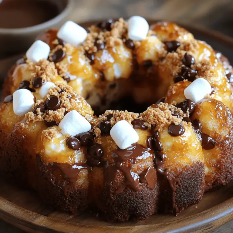 Um S'mores Monkey Bread zu machen, brauchst du folgende Zutaten: - 2 Dosen gekühlte Kekse (je 16,3 oz) - 1 Tasse Mini-Marshmallows - 1 Tasse halb-süße Schokoladenstückchen - 1/2 Tasse Grahamcracker-Brösel - 1/2 Tasse ungesalzene Butter, geschmolzen - 3/4 Tasse brauner Zucker, fest gepackt - 1 Teelöffel Vanilleextrakt - Eine Prise Salz Jede Zutat hat einen wichtigen Platz in diesem Rezept. Die gekühlten Kekse machen das Brot fluffig und süß. Die Mini-Marshmallows schmelzen beim Backen und geben einen tollen Geschmack. Die halb-süßen Schokoladenstückchen sorgen für den perfekten Schokoladengenuss. Grahamcracker-Brösel fügen die typische S'mores-Note hinzu. Die Butter sorgt für Feuchtigkeit und Geschmack. Brauner Zucker bringt eine schöne Karamellnote mit. Vanilleextrakt rundet das Ganze ab und gibt Tiefe. Eine Prise Salz hebt die Aromen hervor. Falls du keine gekühlten Kekse hast, kannst du auch andere Kekse verwenden. Zimt- oder Schokoladenkekse sind gute Alternativen. Anstelle von Mini-Marshmallows kannst du auch große Marshmallows verwenden. Diese musst du jedoch kleiner schneiden. Für eine andere Geschmacksrichtung kannst du weiße Schokoladenstückchen statt halb-süßer verwenden. Wenn du keine Grahamcracker-Brösel findest, zermahle normale Kekse wie Butterkekse. Sie geben auch einen leckeren Crunch. Schau dir das [Full Recipe] an, um alles über die Zubereitung zu lernen. Um S'mores Monkey Bread zu machen, folgen Sie diesen einfachen Schritten. Zuerst heizen Sie Ihren Ofen auf 175°C vor. Fetten Sie eine 10-Zoll Bundt-Form gut ein. In einer Schüssel vermischen Sie die geschmolzene Butter, den braunen Zucker und den Vanilleextrakt. Rühren Sie alles, bis es glatt ist. Öffnen Sie die Dosen der Kekse und schneiden Sie jeden Keks in Viertel. In einer anderen Schüssel mischen Sie die Keksstücke mit der Hälfte der Grahamcracker-Brösel und einer Prise Salz. Stellen Sie sicher, dass die Keksstücke gut beschichtet sind. Tauchen Sie jedes Keksstück in die Buttermischung. Schichten Sie die Keksstücke in der Bundt-Form. Bestreuen Sie die Schichten mit Mini-Marshmallows und Schokoladenstückchen. Nach der ersten Schicht Keksstücke, geben Sie eine Schicht Grahamcracker-Brösel darüber. Fügen Sie den Rest der Keksstücke, Marshmallows und Schokoladenstückchen hinzu. Zum Schluss träufeln Sie die restliche Buttermischung über die oberste Schicht der Keksstücke. Die Vorbereitungszeit beträgt nur 15 Minuten. Das Backen dauert 30 bis 35 Minuten. Achten Sie darauf, das Monkey Bread vor dem Servieren 10 bis 15 Minuten abkühlen zu lassen. So bleibt es warm und klebrig. Backen Sie das Monkey Bread im vorgeheizten Ofen bei 175°C für 30 bis 35 Minuten. Es sollte goldbraun und durchgebacken sein. Überprüfen Sie mit einem Zahnstocher, ob es gut durch ist. Wenn er sauber herauskommt, ist Ihr S'mores Monkey Bread fertig! Um das beste S'mores Monkey Bread zu machen, beachte einige einfache Tipps. Verwende frische Zutaten. Alte Kekse können den Geschmack ruinieren. Stelle sicher, dass die Butter geschmolzen ist. So haftet die Mischung besser an den Keksen. Mische die Kekse gut mit den Grahamcracker-Bröseln. So verteilst du den Geschmack gleichmäßig. Berücksichtige die Backzeit. Überbacke es nicht, sonst wird es trocken. Ein häufiger Fehler ist, die Keksstücke zu groß zu lassen. Schneide sie in Viertel, damit sie gut backen. Achte darauf, die Bundt-Form gut einzufetten. Wenn nicht, bleibt das Brot kleben. Eine andere Falle ist, die Marshmallows zu früh hinzuzufügen. Sie schmelzen und brennen leicht. Füge sie erst beim Schichten hinzu. Für das S'mores Monkey Bread ist eine 10-Zoll Bundt-Form ideal. Diese Form sorgt für gleichmäßiges Backen. Eine Silikonform kann ebenfalls helfen, das Brot leicht herauszuholen. Verwende außerdem eine große Schüssel für die Mischung. So kannst du alles gut vermischen. Ein Holzlöffel oder eine Gabel eignet sich gut zum Schichten der Keksstücke in der Form. Wenn du diese Tipps befolgst, wird dein S'mores Monkey Bread sicher ein Hit! {{image_4}} Für S'mores Monkey Bread gibt es viele mögliche Abwandlungen. Du kannst verschiedene Kekse verwenden. Statt gekühlte Kekse kannst du auch Schokoladenkekse oder Zimtschnecken probieren. Das bringt neue Geschmäcker in das Rezept. Wenn du es fruchtig magst, füge frische Erdbeeren oder Bananen hinzu. Diese Früchte geben dem Monkey Bread eine süße Note. Möchtest du eine glutenfreie Variante? Das ist einfach! Nutze glutenfreie Kekse anstelle der normalen. Achte darauf, dass die anderen Zutaten auch glutenfrei sind. Viele Marken bieten glutenfreie Grahamcracker an. So kannst du das Rezept für alle genießen, die Gluten meiden müssen. Passen wir das S'mores Monkey Bread an die Jahreszeiten an! Im Herbst kannst du Kürbispüree und Zimt hinzufügen. Das gibt einen warmen, würzigen Geschmack. Im Sommer sind frische Beeren eine tolle Ergänzung. Sie bringen Farbe und Frische. Du kannst auch Schokoladenstückchen mit Minze für die Feiertage verwenden. Jedes Mal wird das Dessert anders und spannend! Um S'mores Monkey Bread frisch zu halten, lassen Sie es zuerst auf Raumtemperatur abkühlen. Dann wickeln Sie es in Frischhaltefolie oder legen es in einen luftdichten Behälter. So bleibt es weich und lecker. Stellen Sie sicher, dass der Behälter gut verschlossen ist, um Luft zu vermeiden. Wenn Sie das Monkey Bread wieder aufwärmen möchten, heizen Sie den Ofen auf 160 °C vor. Legen Sie das Monkey Bread in eine Auflaufform und decken Sie es mit Alufolie ab. So bleibt es saftig. Erwärmen Sie es etwa 10 bis 15 Minuten, bis es warm ist. Für eine extra klebrige Textur können Sie etwas Schokolade oder Butter darüber träufeln. Im Kühlschrank hält sich das S'mores Monkey Bread etwa 3 bis 5 Tage. Im Gefrierschrank können Sie es bis zu 2 Monate lagern. Um es einzufrieren, schneiden Sie es in Portionen. Wickeln Sie jede Portion gut ein, bevor Sie sie in einen Gefrierbeutel legen. So bleibt der Geschmack erhalten. Wenn Sie es essen möchten, lassen Sie es über Nacht im Kühlschrank auftauen. Dann können Sie es wie gewünscht aufwärmen. Die Zubereitung von S'mores Monkey Bread dauert etwa 15 Minuten. Das Backen benötigt dann 30 bis 35 Minuten. Insgesamt sind Sie in etwa 45 Minuten fertig. Dies macht es zu einem schnellen und leckeren Dessert. Ja, Sie können andere Kekse verwenden. Probieren Sie Schokoladenkekse oder Zimt Kekse aus. Diese Optionen geben Ihrem Monkey Bread einen anderen Geschmack. Achten Sie darauf, dass die Kekse nicht zu weich sind, damit sie gut zusammenhalten. Servieren Sie das Monkey Bread warm. Bestäuben Sie es leicht mit Grahamcracker-Bröseln. Stellen Sie zusätzlich Schokoladensoße zum Dippen bereit. Dies macht es noch leckerer. Lassen Sie Ihre Gäste selbst ein Stück abreißen. Es macht Spaß und ist sehr gesellig. Du hast gelernt, wie man leckeres S'mores Monkey Bread zubereitet. Wir haben die Zutaten, die Anleitung und wichtige Tipps besprochen. Denk daran, die richtigen Zutaten zu wählen, den Ofen richtig einzustellen und häufige Fehler zu vermeiden. Variiere auch mit verschiedenen Optionen. Gut gelagert bleibt dein Gericht frisch und lecker. Experimentiere und finde deine Lieblingsversion. Viel Spaß beim Backen!