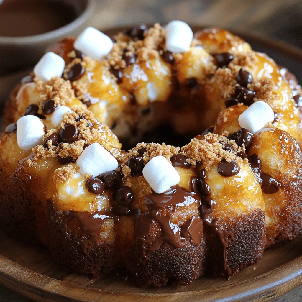 Um S'mores Monkey Bread zu machen, brauchst du folgende Zutaten: - 2 Dosen gekühlte Kekse (je 16,3 oz) - 1 Tasse Mini-Marshmallows - 1 Tasse halb-süße Schokoladenstückchen - 1/2 Tasse Grahamcracker-Brösel - 1/2 Tasse ungesalzene Butter, geschmolzen - 3/4 Tasse brauner Zucker, fest gepackt - 1 Teelöffel Vanilleextrakt - Eine Prise Salz Jede Zutat hat einen wichtigen Platz in diesem Rezept. Die gekühlten Kekse machen das Brot fluffig und süß. Die Mini-Marshmallows schmelzen beim Backen und geben einen tollen Geschmack. Die halb-süßen Schokoladenstückchen sorgen für den perfekten Schokoladengenuss. Grahamcracker-Brösel fügen die typische S'mores-Note hinzu. Die Butter sorgt für Feuchtigkeit und Geschmack. Brauner Zucker bringt eine schöne Karamellnote mit. Vanilleextrakt rundet das Ganze ab und gibt Tiefe. Eine Prise Salz hebt die Aromen hervor. Falls du keine gekühlten Kekse hast, kannst du auch andere Kekse verwenden. Zimt- oder Schokoladenkekse sind gute Alternativen. Anstelle von Mini-Marshmallows kannst du auch große Marshmallows verwenden. Diese musst du jedoch kleiner schneiden. Für eine andere Geschmacksrichtung kannst du weiße Schokoladenstückchen statt halb-süßer verwenden. Wenn du keine Grahamcracker-Brösel findest, zermahle normale Kekse wie Butterkekse. Sie geben auch einen leckeren Crunch. Schau dir das [Full Recipe] an, um alles über die Zubereitung zu lernen. Um S'mores Monkey Bread zu machen, folgen Sie diesen einfachen Schritten. Zuerst heizen Sie Ihren Ofen auf 175°C vor. Fetten Sie eine 10-Zoll Bundt-Form gut ein. In einer Schüssel vermischen Sie die geschmolzene Butter, den braunen Zucker und den Vanilleextrakt. Rühren Sie alles, bis es glatt ist. Öffnen Sie die Dosen der Kekse und schneiden Sie jeden Keks in Viertel. In einer anderen Schüssel mischen Sie die Keksstücke mit der Hälfte der Grahamcracker-Brösel und einer Prise Salz. Stellen Sie sicher, dass die Keksstücke gut beschichtet sind. Tauchen Sie jedes Keksstück in die Buttermischung. Schichten Sie die Keksstücke in der Bundt-Form. Bestreuen Sie die Schichten mit Mini-Marshmallows und Schokoladenstückchen. Nach der ersten Schicht Keksstücke, geben Sie eine Schicht Grahamcracker-Brösel darüber. Fügen Sie den Rest der Keksstücke, Marshmallows und Schokoladenstückchen hinzu. Zum Schluss träufeln Sie die restliche Buttermischung über die oberste Schicht der Keksstücke. Die Vorbereitungszeit beträgt nur 15 Minuten. Das Backen dauert 30 bis 35 Minuten. Achten Sie darauf, das Monkey Bread vor dem Servieren 10 bis 15 Minuten abkühlen zu lassen. So bleibt es warm und klebrig. Backen Sie das Monkey Bread im vorgeheizten Ofen bei 175°C für 30 bis 35 Minuten. Es sollte goldbraun und durchgebacken sein. Überprüfen Sie mit einem Zahnstocher, ob es gut durch ist. Wenn er sauber herauskommt, ist Ihr S'mores Monkey Bread fertig! Um das beste S'mores Monkey Bread zu machen, beachte einige einfache Tipps. Verwende frische Zutaten. Alte Kekse können den Geschmack ruinieren. Stelle sicher, dass die Butter geschmolzen ist. So haftet die Mischung besser an den Keksen. Mische die Kekse gut mit den Grahamcracker-Bröseln. So verteilst du den Geschmack gleichmäßig. Berücksichtige die Backzeit. Überbacke es nicht, sonst wird es trocken. Ein häufiger Fehler ist, die Keksstücke zu groß zu lassen. Schneide sie in Viertel, damit sie gut backen. Achte darauf, die Bundt-Form gut einzufetten. Wenn nicht, bleibt das Brot kleben. Eine andere Falle ist, die Marshmallows zu früh hinzuzufügen. Sie schmelzen und brennen leicht. Füge sie erst beim Schichten hinzu. Für das S'mores Monkey Bread ist eine 10-Zoll Bundt-Form ideal. Diese Form sorgt für gleichmäßiges Backen. Eine Silikonform kann ebenfalls helfen, das Brot leicht herauszuholen. Verwende außerdem eine große Schüssel für die Mischung. So kannst du alles gut vermischen. Ein Holzlöffel oder eine Gabel eignet sich gut zum Schichten der Keksstücke in der Form. Wenn du diese Tipps befolgst, wird dein S'mores Monkey Bread sicher ein Hit! {{image_4}} Für S'mores Monkey Bread gibt es viele mögliche Abwandlungen. Du kannst verschiedene Kekse verwenden. Statt gekühlte Kekse kannst du auch Schokoladenkekse oder Zimtschnecken probieren. Das bringt neue Geschmäcker in das Rezept. Wenn du es fruchtig magst, füge frische Erdbeeren oder Bananen hinzu. Diese Früchte geben dem Monkey Bread eine süße Note. Möchtest du eine glutenfreie Variante? Das ist einfach! Nutze glutenfreie Kekse anstelle der normalen. Achte darauf, dass die anderen Zutaten auch glutenfrei sind. Viele Marken bieten glutenfreie Grahamcracker an. So kannst du das Rezept für alle genießen, die Gluten meiden müssen. Passen wir das S'mores Monkey Bread an die Jahreszeiten an! Im Herbst kannst du Kürbispüree und Zimt hinzufügen. Das gibt einen warmen, würzigen Geschmack. Im Sommer sind frische Beeren eine tolle Ergänzung. Sie bringen Farbe und Frische. Du kannst auch Schokoladenstückchen mit Minze für die Feiertage verwenden. Jedes Mal wird das Dessert anders und spannend! Um S'mores Monkey Bread frisch zu halten, lassen Sie es zuerst auf Raumtemperatur abkühlen. Dann wickeln Sie es in Frischhaltefolie oder legen es in einen luftdichten Behälter. So bleibt es weich und lecker. Stellen Sie sicher, dass der Behälter gut verschlossen ist, um Luft zu vermeiden. Wenn Sie das Monkey Bread wieder aufwärmen möchten, heizen Sie den Ofen auf 160 °C vor. Legen Sie das Monkey Bread in eine Auflaufform und decken Sie es mit Alufolie ab. So bleibt es saftig. Erwärmen Sie es etwa 10 bis 15 Minuten, bis es warm ist. Für eine extra klebrige Textur können Sie etwas Schokolade oder Butter darüber träufeln. Im Kühlschrank hält sich das S'mores Monkey Bread etwa 3 bis 5 Tage. Im Gefrierschrank können Sie es bis zu 2 Monate lagern. Um es einzufrieren, schneiden Sie es in Portionen. Wickeln Sie jede Portion gut ein, bevor Sie sie in einen Gefrierbeutel legen. So bleibt der Geschmack erhalten. Wenn Sie es essen möchten, lassen Sie es über Nacht im Kühlschrank auftauen. Dann können Sie es wie gewünscht aufwärmen. Die Zubereitung von S'mores Monkey Bread dauert etwa 15 Minuten. Das Backen benötigt dann 30 bis 35 Minuten. Insgesamt sind Sie in etwa 45 Minuten fertig. Dies macht es zu einem schnellen und leckeren Dessert. Ja, Sie können andere Kekse verwenden. Probieren Sie Schokoladenkekse oder Zimt Kekse aus. Diese Optionen geben Ihrem Monkey Bread einen anderen Geschmack. Achten Sie darauf, dass die Kekse nicht zu weich sind, damit sie gut zusammenhalten. Servieren Sie das Monkey Bread warm. Bestäuben Sie es leicht mit Grahamcracker-Bröseln. Stellen Sie zusätzlich Schokoladensoße zum Dippen bereit. Dies macht es noch leckerer. Lassen Sie Ihre Gäste selbst ein Stück abreißen. Es macht Spaß und ist sehr gesellig. Du hast gelernt, wie man leckeres S'mores Monkey Bread zubereitet. Wir haben die Zutaten, die Anleitung und wichtige Tipps besprochen. Denk daran, die richtigen Zutaten zu wählen, den Ofen richtig einzustellen und häufige Fehler zu vermeiden. Variiere auch mit verschiedenen Optionen. Gut gelagert bleibt dein Gericht frisch und lecker. Experimentiere und finde deine Lieblingsversion. Viel Spaß beim Backen!