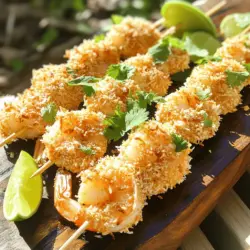 Um köstliche tropische Kokosnuss-Garnelen-Spieße zu machen, brauchst du einige Hauptzutaten. Diese sind wichtig, damit das Gericht gut schmeckt. Hier ist die Liste: - 450 g große Garnelen, geschält und entdarmt - 1 Tasse geraspelte Kokosnuss - 1/2 Tasse Panko-Brotkrumen - 1/4 Tasse Weizenmehl - 2 große Eier, verquirlt - 1 Esslöffel Limettensaft - 1 Teelöffel Knoblauchpulver - 1/2 Teelöffel Cayennepfeffer (nach Geschmack anpassen) - Salz und Pfeffer nach Geschmack - Bambusspieße, 30 Minuten in Wasser eingeweicht Diese Zutaten sorgen für den perfekten Geschmack und die richtige Textur. Die Garnelen sind das Herzstück des Gerichts und die Kokosnuss gibt ihm eine tropische Note. Um deine Spieße noch besser zu machen, kannst du einige zusätzliche Zutaten hinzufügen. Diese Zutaten bringen mehr Geschmack und Vielfalt: - Frischer Koriander, zum Garnieren - Limettenschnitze, zum Servieren Koriander bringt Frische, während Limette für einen spritzigen Kick sorgt. Diese Zutaten sind einfach, aber sie machen einen großen Unterschied. Die Wahl der richtigen Garnelen ist wichtig für den Geschmack. Hier sind einige Tipps, um frische Garnelen auszuwählen: 1. Aussehen: Wähle Garnelen, die glänzend und klar sind. Vermeide trübe oder verfärbte Garnelen. 2. Geruch: Frische Garnelen riechen nach Meer. Ein fischiger Geruch ist ein Zeichen für Verderb. 3. Textur: Berühre die Garnelen. Sie sollten fest und nicht schlaff sein. Wenn du diese Tipps befolgst, wirst du die besten Garnelen für deine tropischen Kokosnuss-Garnelen-Spieße finden. Für das vollständige Rezept, vergiss nicht den Abschnitt Full Recipe zu lesen. Zuerst sammeln Sie alle Zutaten. Sie brauchen frische Garnelen, Kokosnuss, Panko-Brotkrumen und mehr. Legen Sie die Bambusspieße in Wasser. Das verhindert, dass sie beim Grillen verbrennen. Heizen Sie den Grill auf mittlere bis hohe Hitze vor. Nehmen Sie drei Schüsseln. In die erste kommt das Mehl mit Knoblauchpulver, Cayennepfeffer, Salz und Pfeffer. In die zweite Schüssel verquirlen Sie die Eier und fügen Limettensaft hinzu. In die dritte Schüssel mischen Sie die geraspelte Kokosnuss mit Panko-Brotkrumen. Nehmen Sie eine Garnele und tauchen Sie sie in die Mehlmischung. Lassen Sie die überschüssige Mehlmischung abtropfen. Tauchen Sie dann die Garnele in die Eiermischung. Schließlich wälzen Sie die Garnele in der Kokosnuss-Panko-Mischung. Drücken Sie leicht, damit die Panade gut haftet. Fädeln Sie 4-5 Garnelen auf einen eingeweichten Spieß. Achten Sie darauf, dass sie nicht zu eng beieinander liegen. Besprühen Sie die Grillroste leicht mit Öl. Legen Sie die Spieße auf den Grill. Grillen Sie sie 2-3 Minuten pro Seite. Die Garnelen sollten goldbraun sein. Nehmen Sie die Spieße vom Grill. Lassen Sie sie eine Minute ruhen. Servieren Sie die Spieße auf einem schönen Teller. Garnieren Sie sie mit frischem Koriander und Limettenschnitzen. Diese Details machen das Gericht noch besser. Probieren Sie die vollständige Anleitung im Full Recipe. Um den Geschmack Ihrer tropischen Kokosnuss-Garnelen-Spieße zu verbessern, können Sie einige einfache Tricks nutzen. Fügen Sie frischen Limettensaft direkt in die Paniermischung hinzu. Das gibt den Garnelen einen zusätzlichen frischen Kick. Sie können auch etwas frischen Koriander in die Kokosmasse mischen. Das bringt einen tollen Geschmack. Experimentieren Sie mit Gewürzen wie Paprika oder geräuchertem Paprika. Diese verleihen den Garnelen eine rauchige Note. Ein häufiger Fehler ist, die Garnelen zu lange zu grillen. Sie sollten nur 2-3 Minuten pro Seite grillen. Überprüfen Sie die Temperatur der Garnelen. Wenn sie rosa und fest sind, sind sie fertig. Ein weiterer Fehler ist, die Spieße nicht einzuweichen. Dies kann dazu führen, dass sie auf dem Grill verbrennen. Achten Sie darauf, die Spieße mindestens 30 Minuten vorher ins Wasser zu legen. So bleiben sie beim Grillen stabil. Die beste Methode zum Grillen von Garnelen ist indirektes Grillen. Stellen Sie sicher, dass Ihr Grill auf mittlere bis hohe Hitze eingestellt ist. Sprühen Sie die Grillroste leicht mit Öl ein. So kleben die Garnelen nicht fest. Legen Sie die Spieße auf den Grill und drehen Sie sie vorsichtig um. Verwenden Sie eine Grillzange, um die Garnelen nicht zu zerdrücken. Wenn Sie einen Grillkorb verwenden, bleibt alles gut an seinem Platz. So erhalten Sie eine gleichmäßige Grillung und perfekten Geschmack. Für das vollständige Rezept lesen Sie den Abschnitt "Full Recipe". {{image_4}} Wenn du eine vegane Option suchst, probiere Jackfruit oder Tofuwürfel. Diese Zutaten nehmen den Geschmack gut auf. Mariniere sie mit Limettensaft und Gewürzen. Die Zubereitung bleibt ähnlich. Wälze sie in der Kokosnuss und Panko-Mischung. Grill sie, bis sie goldbraun sind. Diese Variation bietet einen tollen Biss und Geschmack. Spiele mit Gewürzen, um deinen eigenen Twist zu finden. Verwende zum Beispiel Ingwer oder Kreuzkümmel für mehr Tiefe. Auch eine süße Note mit Honig oder Ahornsirup kann gut passen. Probiere diese Kombinationen in der Mehlmischung. Du kannst auch frische Kräuter wie Basilikum oder Minze hinzufügen. Diese Gewürze bringen neue Aromen in deine Spieße. Zu tropischen Kokosnuss-Garnelen-Spießen passen viele Beilagen. Ein frischer Salat mit Mango und Avocado passt super. Auch Reis oder Quinoa sind gute Optionen. Sie ergänzen die Aromen perfekt. Serviere dazu eine scharfe Dip-Sauce für einen zusätzlichen Kick. Diese Beilagen machen das Gericht noch bunter und schmackhafter. Überschüssige Spieße können einfach gelagert werden. Lassen Sie die Garnelen zuerst abkühlen. Legen Sie sie in einen luftdichten Behälter. Stellen Sie sicher, dass der Behälter gut verschlossen ist. So bleiben die Spieße frisch für bis zu zwei Tage im Kühlschrank. Sie können auch ein Blatt Backpapier zwischen die Schichten legen. Das verhindert ein Zusammenkleben. Wenn Sie die Garnelen länger aufbewahren möchten, frieren Sie sie ein. Legen Sie die abgekühlten Spieße in einen Gefrierbeutel. Entfernen Sie so viel Luft wie möglich, um Gefrierbrand zu vermeiden. So halten die Spieße bis zu drei Monate. Zum Auftauen können Sie die Spieße einfach über Nacht im Kühlschrank lassen. Dies sorgt dafür, dass sie gleichmäßig auftauen. Um die Garnelen wieder aufzuwärmen, nutzen Sie den Grill oder eine Pfanne. Erhitzen Sie die Grillplatte auf mittlerer Hitze. Grillen Sie die Spieße für 2-3 Minuten pro Seite. So bleiben sie knusprig und lecker. Alternativ können Sie die Spieße auch im Ofen aufwärmen. Stellen Sie den Ofen auf 180 °C ein. Legen Sie die Spieße auf ein Backblech und backen Sie sie für etwa 10 Minuten. Achten Sie darauf, die Garnelen nicht zu überhitzen. Sie sollen saftig bleiben. Grillen Sie die Garnelen 2-3 Minuten pro Seite. Wenn die Garnelen rosa und undurchsichtig sind, sind sie fertig. Achten Sie darauf, dass die Kokosnuss goldbraun wird. So wird der Geschmack intensiv. Überprüfen Sie die Garnelen oft, damit sie nicht übergaren. Ja, Sie können die Spieße im Ofen zubereiten. Heizen Sie den Ofen auf 200 °C vor. Legen Sie die Spieße auf ein Blech mit Backpapier. Backen Sie sie 10-12 Minuten lang. Wenden Sie die Spieße nach der Hälfte der Zeit, damit sie gleichmäßig garen. So haben Sie eine leckere Alternative, wenn kein Grill verfügbar ist. Wenn Sie keine frische Kokosnuss haben, verwenden Sie einfach geraspelte Kokosnuss aus dem Supermarkt. Diese ist leicht zu finden und hat einen ähnlichen Geschmack. Achten Sie darauf, ungesüßte Kokosnuss zu wählen. So bleibt der Geschmack der Spieße authentisch und frisch. Sie können auch Kokosnussflocken verwenden, um die Textur zu variieren. Die tropischen Kokosnuss-Garnelen-Spieße sind ein echter Genuss. Wir haben die Hauptzutaten besprochen und Tipps zur Frische gegeben. Die Schritt-für-Schritt-Anleitung hilft dir beim Zubereiten. Mit unseren Tipps und Tricks kannst du noch mehr Geschmack erreichen. Es gibt auch leckere Variationen und einfache Lagerungshinweise. Sei kreativ mit Gewürzen und Beilagen. Grillen kann einfach sein, wenn du diese Schritte befolgst. Probier es aus und genieße dein Grillfest!