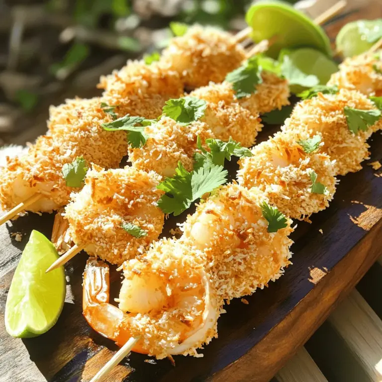 Um köstliche tropische Kokosnuss-Garnelen-Spieße zu machen, brauchst du einige Hauptzutaten. Diese sind wichtig, damit das Gericht gut schmeckt. Hier ist die Liste: - 450 g große Garnelen, geschält und entdarmt - 1 Tasse geraspelte Kokosnuss - 1/2 Tasse Panko-Brotkrumen - 1/4 Tasse Weizenmehl - 2 große Eier, verquirlt - 1 Esslöffel Limettensaft - 1 Teelöffel Knoblauchpulver - 1/2 Teelöffel Cayennepfeffer (nach Geschmack anpassen) - Salz und Pfeffer nach Geschmack - Bambusspieße, 30 Minuten in Wasser eingeweicht Diese Zutaten sorgen für den perfekten Geschmack und die richtige Textur. Die Garnelen sind das Herzstück des Gerichts und die Kokosnuss gibt ihm eine tropische Note. Um deine Spieße noch besser zu machen, kannst du einige zusätzliche Zutaten hinzufügen. Diese Zutaten bringen mehr Geschmack und Vielfalt: - Frischer Koriander, zum Garnieren - Limettenschnitze, zum Servieren Koriander bringt Frische, während Limette für einen spritzigen Kick sorgt. Diese Zutaten sind einfach, aber sie machen einen großen Unterschied. Die Wahl der richtigen Garnelen ist wichtig für den Geschmack. Hier sind einige Tipps, um frische Garnelen auszuwählen: 1. Aussehen: Wähle Garnelen, die glänzend und klar sind. Vermeide trübe oder verfärbte Garnelen. 2. Geruch: Frische Garnelen riechen nach Meer. Ein fischiger Geruch ist ein Zeichen für Verderb. 3. Textur: Berühre die Garnelen. Sie sollten fest und nicht schlaff sein. Wenn du diese Tipps befolgst, wirst du die besten Garnelen für deine tropischen Kokosnuss-Garnelen-Spieße finden. Für das vollständige Rezept, vergiss nicht den Abschnitt Full Recipe zu lesen. Zuerst sammeln Sie alle Zutaten. Sie brauchen frische Garnelen, Kokosnuss, Panko-Brotkrumen und mehr. Legen Sie die Bambusspieße in Wasser. Das verhindert, dass sie beim Grillen verbrennen. Heizen Sie den Grill auf mittlere bis hohe Hitze vor. Nehmen Sie drei Schüsseln. In die erste kommt das Mehl mit Knoblauchpulver, Cayennepfeffer, Salz und Pfeffer. In die zweite Schüssel verquirlen Sie die Eier und fügen Limettensaft hinzu. In die dritte Schüssel mischen Sie die geraspelte Kokosnuss mit Panko-Brotkrumen. Nehmen Sie eine Garnele und tauchen Sie sie in die Mehlmischung. Lassen Sie die überschüssige Mehlmischung abtropfen. Tauchen Sie dann die Garnele in die Eiermischung. Schließlich wälzen Sie die Garnele in der Kokosnuss-Panko-Mischung. Drücken Sie leicht, damit die Panade gut haftet. Fädeln Sie 4-5 Garnelen auf einen eingeweichten Spieß. Achten Sie darauf, dass sie nicht zu eng beieinander liegen. Besprühen Sie die Grillroste leicht mit Öl. Legen Sie die Spieße auf den Grill. Grillen Sie sie 2-3 Minuten pro Seite. Die Garnelen sollten goldbraun sein. Nehmen Sie die Spieße vom Grill. Lassen Sie sie eine Minute ruhen. Servieren Sie die Spieße auf einem schönen Teller. Garnieren Sie sie mit frischem Koriander und Limettenschnitzen. Diese Details machen das Gericht noch besser. Probieren Sie die vollständige Anleitung im Full Recipe. Um den Geschmack Ihrer tropischen Kokosnuss-Garnelen-Spieße zu verbessern, können Sie einige einfache Tricks nutzen. Fügen Sie frischen Limettensaft direkt in die Paniermischung hinzu. Das gibt den Garnelen einen zusätzlichen frischen Kick. Sie können auch etwas frischen Koriander in die Kokosmasse mischen. Das bringt einen tollen Geschmack. Experimentieren Sie mit Gewürzen wie Paprika oder geräuchertem Paprika. Diese verleihen den Garnelen eine rauchige Note. Ein häufiger Fehler ist, die Garnelen zu lange zu grillen. Sie sollten nur 2-3 Minuten pro Seite grillen. Überprüfen Sie die Temperatur der Garnelen. Wenn sie rosa und fest sind, sind sie fertig. Ein weiterer Fehler ist, die Spieße nicht einzuweichen. Dies kann dazu führen, dass sie auf dem Grill verbrennen. Achten Sie darauf, die Spieße mindestens 30 Minuten vorher ins Wasser zu legen. So bleiben sie beim Grillen stabil. Die beste Methode zum Grillen von Garnelen ist indirektes Grillen. Stellen Sie sicher, dass Ihr Grill auf mittlere bis hohe Hitze eingestellt ist. Sprühen Sie die Grillroste leicht mit Öl ein. So kleben die Garnelen nicht fest. Legen Sie die Spieße auf den Grill und drehen Sie sie vorsichtig um. Verwenden Sie eine Grillzange, um die Garnelen nicht zu zerdrücken. Wenn Sie einen Grillkorb verwenden, bleibt alles gut an seinem Platz. So erhalten Sie eine gleichmäßige Grillung und perfekten Geschmack. Für das vollständige Rezept lesen Sie den Abschnitt "Full Recipe". {{image_4}} Wenn du eine vegane Option suchst, probiere Jackfruit oder Tofuwürfel. Diese Zutaten nehmen den Geschmack gut auf. Mariniere sie mit Limettensaft und Gewürzen. Die Zubereitung bleibt ähnlich. Wälze sie in der Kokosnuss und Panko-Mischung. Grill sie, bis sie goldbraun sind. Diese Variation bietet einen tollen Biss und Geschmack. Spiele mit Gewürzen, um deinen eigenen Twist zu finden. Verwende zum Beispiel Ingwer oder Kreuzkümmel für mehr Tiefe. Auch eine süße Note mit Honig oder Ahornsirup kann gut passen. Probiere diese Kombinationen in der Mehlmischung. Du kannst auch frische Kräuter wie Basilikum oder Minze hinzufügen. Diese Gewürze bringen neue Aromen in deine Spieße. Zu tropischen Kokosnuss-Garnelen-Spießen passen viele Beilagen. Ein frischer Salat mit Mango und Avocado passt super. Auch Reis oder Quinoa sind gute Optionen. Sie ergänzen die Aromen perfekt. Serviere dazu eine scharfe Dip-Sauce für einen zusätzlichen Kick. Diese Beilagen machen das Gericht noch bunter und schmackhafter. Überschüssige Spieße können einfach gelagert werden. Lassen Sie die Garnelen zuerst abkühlen. Legen Sie sie in einen luftdichten Behälter. Stellen Sie sicher, dass der Behälter gut verschlossen ist. So bleiben die Spieße frisch für bis zu zwei Tage im Kühlschrank. Sie können auch ein Blatt Backpapier zwischen die Schichten legen. Das verhindert ein Zusammenkleben. Wenn Sie die Garnelen länger aufbewahren möchten, frieren Sie sie ein. Legen Sie die abgekühlten Spieße in einen Gefrierbeutel. Entfernen Sie so viel Luft wie möglich, um Gefrierbrand zu vermeiden. So halten die Spieße bis zu drei Monate. Zum Auftauen können Sie die Spieße einfach über Nacht im Kühlschrank lassen. Dies sorgt dafür, dass sie gleichmäßig auftauen. Um die Garnelen wieder aufzuwärmen, nutzen Sie den Grill oder eine Pfanne. Erhitzen Sie die Grillplatte auf mittlerer Hitze. Grillen Sie die Spieße für 2-3 Minuten pro Seite. So bleiben sie knusprig und lecker. Alternativ können Sie die Spieße auch im Ofen aufwärmen. Stellen Sie den Ofen auf 180 °C ein. Legen Sie die Spieße auf ein Backblech und backen Sie sie für etwa 10 Minuten. Achten Sie darauf, die Garnelen nicht zu überhitzen. Sie sollen saftig bleiben. Grillen Sie die Garnelen 2-3 Minuten pro Seite. Wenn die Garnelen rosa und undurchsichtig sind, sind sie fertig. Achten Sie darauf, dass die Kokosnuss goldbraun wird. So wird der Geschmack intensiv. Überprüfen Sie die Garnelen oft, damit sie nicht übergaren. Ja, Sie können die Spieße im Ofen zubereiten. Heizen Sie den Ofen auf 200 °C vor. Legen Sie die Spieße auf ein Blech mit Backpapier. Backen Sie sie 10-12 Minuten lang. Wenden Sie die Spieße nach der Hälfte der Zeit, damit sie gleichmäßig garen. So haben Sie eine leckere Alternative, wenn kein Grill verfügbar ist. Wenn Sie keine frische Kokosnuss haben, verwenden Sie einfach geraspelte Kokosnuss aus dem Supermarkt. Diese ist leicht zu finden und hat einen ähnlichen Geschmack. Achten Sie darauf, ungesüßte Kokosnuss zu wählen. So bleibt der Geschmack der Spieße authentisch und frisch. Sie können auch Kokosnussflocken verwenden, um die Textur zu variieren. Die tropischen Kokosnuss-Garnelen-Spieße sind ein echter Genuss. Wir haben die Hauptzutaten besprochen und Tipps zur Frische gegeben. Die Schritt-für-Schritt-Anleitung hilft dir beim Zubereiten. Mit unseren Tipps und Tricks kannst du noch mehr Geschmack erreichen. Es gibt auch leckere Variationen und einfache Lagerungshinweise. Sei kreativ mit Gewürzen und Beilagen. Grillen kann einfach sein, wenn du diese Schritte befolgst. Probier es aus und genieße dein Grillfest!