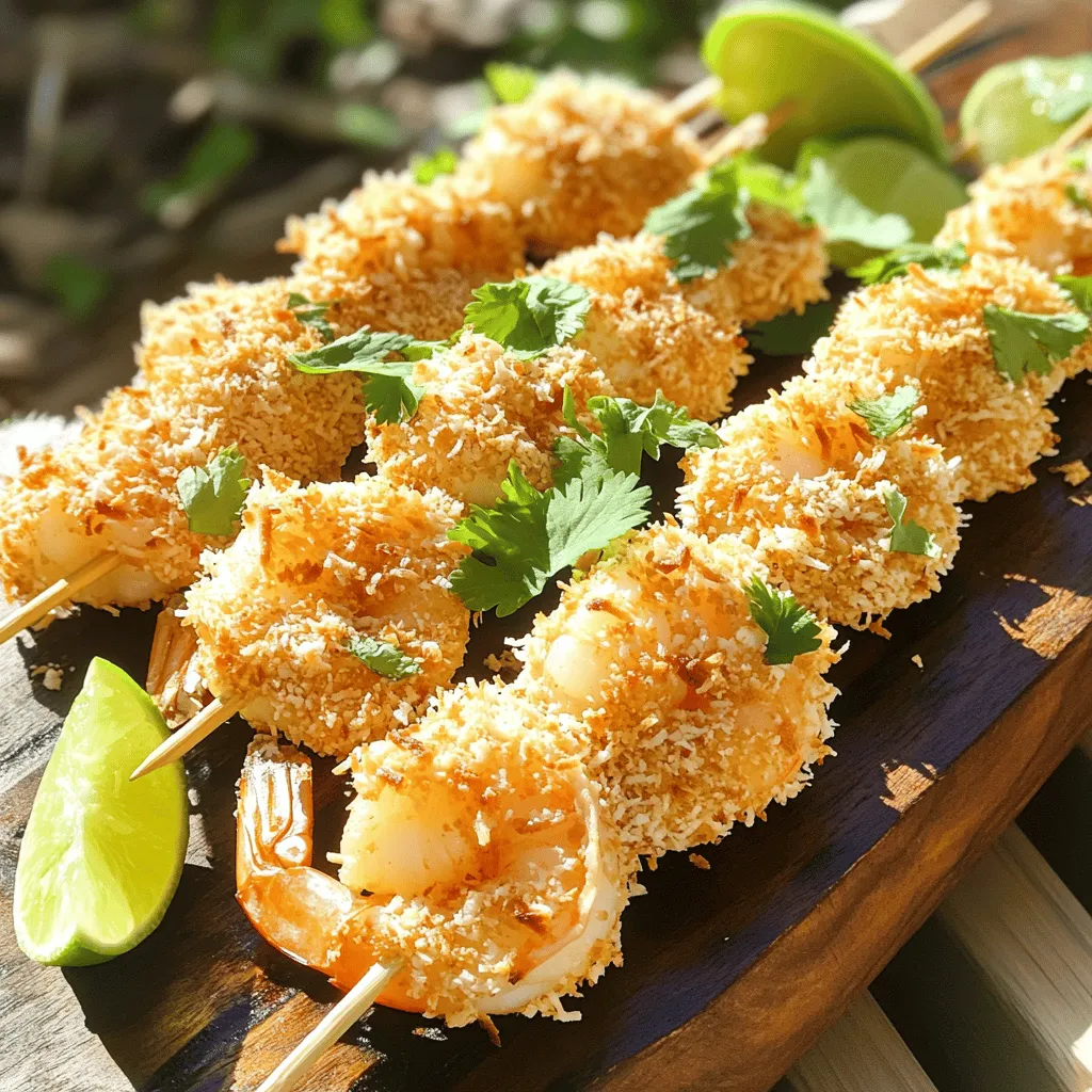 Um köstliche tropische Kokosnuss-Garnelen-Spieße zu machen, brauchst du einige Hauptzutaten. Diese sind wichtig, damit das Gericht gut schmeckt. Hier ist die Liste: - 450 g große Garnelen, geschält und entdarmt - 1 Tasse geraspelte Kokosnuss - 1/2 Tasse Panko-Brotkrumen - 1/4 Tasse Weizenmehl - 2 große Eier, verquirlt - 1 Esslöffel Limettensaft - 1 Teelöffel Knoblauchpulver - 1/2 Teelöffel Cayennepfeffer (nach Geschmack anpassen) - Salz und Pfeffer nach Geschmack - Bambusspieße, 30 Minuten in Wasser eingeweicht Diese Zutaten sorgen für den perfekten Geschmack und die richtige Textur. Die Garnelen sind das Herzstück des Gerichts und die Kokosnuss gibt ihm eine tropische Note. Um deine Spieße noch besser zu machen, kannst du einige zusätzliche Zutaten hinzufügen. Diese Zutaten bringen mehr Geschmack und Vielfalt: - Frischer Koriander, zum Garnieren - Limettenschnitze, zum Servieren Koriander bringt Frische, während Limette für einen spritzigen Kick sorgt. Diese Zutaten sind einfach, aber sie machen einen großen Unterschied. Die Wahl der richtigen Garnelen ist wichtig für den Geschmack. Hier sind einige Tipps, um frische Garnelen auszuwählen: 1. Aussehen: Wähle Garnelen, die glänzend und klar sind. Vermeide trübe oder verfärbte Garnelen. 2. Geruch: Frische Garnelen riechen nach Meer. Ein fischiger Geruch ist ein Zeichen für Verderb. 3. Textur: Berühre die Garnelen. Sie sollten fest und nicht schlaff sein. Wenn du diese Tipps befolgst, wirst du die besten Garnelen für deine tropischen Kokosnuss-Garnelen-Spieße finden. Für das vollständige Rezept, vergiss nicht den Abschnitt Full Recipe zu lesen. Zuerst sammeln Sie alle Zutaten. Sie brauchen frische Garnelen, Kokosnuss, Panko-Brotkrumen und mehr. Legen Sie die Bambusspieße in Wasser. Das verhindert, dass sie beim Grillen verbrennen. Heizen Sie den Grill auf mittlere bis hohe Hitze vor. Nehmen Sie drei Schüsseln. In die erste kommt das Mehl mit Knoblauchpulver, Cayennepfeffer, Salz und Pfeffer. In die zweite Schüssel verquirlen Sie die Eier und fügen Limettensaft hinzu. In die dritte Schüssel mischen Sie die geraspelte Kokosnuss mit Panko-Brotkrumen. Nehmen Sie eine Garnele und tauchen Sie sie in die Mehlmischung. Lassen Sie die überschüssige Mehlmischung abtropfen. Tauchen Sie dann die Garnele in die Eiermischung. Schließlich wälzen Sie die Garnele in der Kokosnuss-Panko-Mischung. Drücken Sie leicht, damit die Panade gut haftet. Fädeln Sie 4-5 Garnelen auf einen eingeweichten Spieß. Achten Sie darauf, dass sie nicht zu eng beieinander liegen. Besprühen Sie die Grillroste leicht mit Öl. Legen Sie die Spieße auf den Grill. Grillen Sie sie 2-3 Minuten pro Seite. Die Garnelen sollten goldbraun sein. Nehmen Sie die Spieße vom Grill. Lassen Sie sie eine Minute ruhen. Servieren Sie die Spieße auf einem schönen Teller. Garnieren Sie sie mit frischem Koriander und Limettenschnitzen. Diese Details machen das Gericht noch besser. Probieren Sie die vollständige Anleitung im Full Recipe. Um den Geschmack Ihrer tropischen Kokosnuss-Garnelen-Spieße zu verbessern, können Sie einige einfache Tricks nutzen. Fügen Sie frischen Limettensaft direkt in die Paniermischung hinzu. Das gibt den Garnelen einen zusätzlichen frischen Kick. Sie können auch etwas frischen Koriander in die Kokosmasse mischen. Das bringt einen tollen Geschmack. Experimentieren Sie mit Gewürzen wie Paprika oder geräuchertem Paprika. Diese verleihen den Garnelen eine rauchige Note. Ein häufiger Fehler ist, die Garnelen zu lange zu grillen. Sie sollten nur 2-3 Minuten pro Seite grillen. Überprüfen Sie die Temperatur der Garnelen. Wenn sie rosa und fest sind, sind sie fertig. Ein weiterer Fehler ist, die Spieße nicht einzuweichen. Dies kann dazu führen, dass sie auf dem Grill verbrennen. Achten Sie darauf, die Spieße mindestens 30 Minuten vorher ins Wasser zu legen. So bleiben sie beim Grillen stabil. Die beste Methode zum Grillen von Garnelen ist indirektes Grillen. Stellen Sie sicher, dass Ihr Grill auf mittlere bis hohe Hitze eingestellt ist. Sprühen Sie die Grillroste leicht mit Öl ein. So kleben die Garnelen nicht fest. Legen Sie die Spieße auf den Grill und drehen Sie sie vorsichtig um. Verwenden Sie eine Grillzange, um die Garnelen nicht zu zerdrücken. Wenn Sie einen Grillkorb verwenden, bleibt alles gut an seinem Platz. So erhalten Sie eine gleichmäßige Grillung und perfekten Geschmack. Für das vollständige Rezept lesen Sie den Abschnitt "Full Recipe". {{image_4}} Wenn du eine vegane Option suchst, probiere Jackfruit oder Tofuwürfel. Diese Zutaten nehmen den Geschmack gut auf. Mariniere sie mit Limettensaft und Gewürzen. Die Zubereitung bleibt ähnlich. Wälze sie in der Kokosnuss und Panko-Mischung. Grill sie, bis sie goldbraun sind. Diese Variation bietet einen tollen Biss und Geschmack. Spiele mit Gewürzen, um deinen eigenen Twist zu finden. Verwende zum Beispiel Ingwer oder Kreuzkümmel für mehr Tiefe. Auch eine süße Note mit Honig oder Ahornsirup kann gut passen. Probiere diese Kombinationen in der Mehlmischung. Du kannst auch frische Kräuter wie Basilikum oder Minze hinzufügen. Diese Gewürze bringen neue Aromen in deine Spieße. Zu tropischen Kokosnuss-Garnelen-Spießen passen viele Beilagen. Ein frischer Salat mit Mango und Avocado passt super. Auch Reis oder Quinoa sind gute Optionen. Sie ergänzen die Aromen perfekt. Serviere dazu eine scharfe Dip-Sauce für einen zusätzlichen Kick. Diese Beilagen machen das Gericht noch bunter und schmackhafter. Überschüssige Spieße können einfach gelagert werden. Lassen Sie die Garnelen zuerst abkühlen. Legen Sie sie in einen luftdichten Behälter. Stellen Sie sicher, dass der Behälter gut verschlossen ist. So bleiben die Spieße frisch für bis zu zwei Tage im Kühlschrank. Sie können auch ein Blatt Backpapier zwischen die Schichten legen. Das verhindert ein Zusammenkleben. Wenn Sie die Garnelen länger aufbewahren möchten, frieren Sie sie ein. Legen Sie die abgekühlten Spieße in einen Gefrierbeutel. Entfernen Sie so viel Luft wie möglich, um Gefrierbrand zu vermeiden. So halten die Spieße bis zu drei Monate. Zum Auftauen können Sie die Spieße einfach über Nacht im Kühlschrank lassen. Dies sorgt dafür, dass sie gleichmäßig auftauen. Um die Garnelen wieder aufzuwärmen, nutzen Sie den Grill oder eine Pfanne. Erhitzen Sie die Grillplatte auf mittlerer Hitze. Grillen Sie die Spieße für 2-3 Minuten pro Seite. So bleiben sie knusprig und lecker. Alternativ können Sie die Spieße auch im Ofen aufwärmen. Stellen Sie den Ofen auf 180 °C ein. Legen Sie die Spieße auf ein Backblech und backen Sie sie für etwa 10 Minuten. Achten Sie darauf, die Garnelen nicht zu überhitzen. Sie sollen saftig bleiben. Grillen Sie die Garnelen 2-3 Minuten pro Seite. Wenn die Garnelen rosa und undurchsichtig sind, sind sie fertig. Achten Sie darauf, dass die Kokosnuss goldbraun wird. So wird der Geschmack intensiv. Überprüfen Sie die Garnelen oft, damit sie nicht übergaren. Ja, Sie können die Spieße im Ofen zubereiten. Heizen Sie den Ofen auf 200 °C vor. Legen Sie die Spieße auf ein Blech mit Backpapier. Backen Sie sie 10-12 Minuten lang. Wenden Sie die Spieße nach der Hälfte der Zeit, damit sie gleichmäßig garen. So haben Sie eine leckere Alternative, wenn kein Grill verfügbar ist. Wenn Sie keine frische Kokosnuss haben, verwenden Sie einfach geraspelte Kokosnuss aus dem Supermarkt. Diese ist leicht zu finden und hat einen ähnlichen Geschmack. Achten Sie darauf, ungesüßte Kokosnuss zu wählen. So bleibt der Geschmack der Spieße authentisch und frisch. Sie können auch Kokosnussflocken verwenden, um die Textur zu variieren. Die tropischen Kokosnuss-Garnelen-Spieße sind ein echter Genuss. Wir haben die Hauptzutaten besprochen und Tipps zur Frische gegeben. Die Schritt-für-Schritt-Anleitung hilft dir beim Zubereiten. Mit unseren Tipps und Tricks kannst du noch mehr Geschmack erreichen. Es gibt auch leckere Variationen und einfache Lagerungshinweise. Sei kreativ mit Gewürzen und Beilagen. Grillen kann einfach sein, wenn du diese Schritte befolgst. Probier es aus und genieße dein Grillfest!