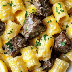 Um die Knoblauch-Butter Steakstückchen zubereiten zu können, benötigst du: - 450 g Sirloin-Steak, in mundgerechte Würfel geschnitten - 4 Esslöffel ungesalzene Butter - 4 Knoblauchzehen, fein gehackt - 1 Teelöffel frischer Rosmarin, gehackt - 1 Teelöffel frischer Thymian, gehackt - Salz und Pfeffer nach Geschmack Diese Zutaten sind wichtig, um einen vollen Geschmack zu erzeugen. Das Steak sollte frisch und von guter Qualität sein. Die Mischung aus Butter und Knoblauch bringt ein tolles Aroma. Für die Käse-Rigatoni brauchst du: - 225 g Rigatoni-Nudeln - 240 ml Schlagsahne - 100 g geriebener Cheddar-Käse - 50 g geriebener Parmesan - 1/4 Tasse frische Petersilie, gehackt, zur Garnierung - Zitronenspalten zum Servieren Die Rigatoni sind perfekt für die Käsesoße. Der Cheddar und Parmesan geben einen reichen Geschmack. Die Petersilie sorgt für einen frischen Farbklecks. Die Gewürze und frischen Kräuter sind entscheidend für den Geschmack: - Salz - Pfeffer - Frischer Rosmarin - Frischer Thymian Diese Kräuter verleihen dem Gericht Tiefe und Komplexität. Frische Kräuter bringen mehr Aroma als getrocknete. Achte darauf, sie gut zu hacken, bevor du sie hinzufügst. Um das komplette Rezept zu sehen, schau dir die [Full Recipe] an. Um die Rigatoni perfekt zu kochen, fülle einen großen Topf mit Wasser. Füge eine Prise Salz hinzu und bringe das Wasser zum Kochen. Gib die Rigatoni hinein und koche sie gemäß der Verpackungsanweisung al dente. Das dauert etwa 10 bis 12 Minuten. Sobald sie fertig sind, gieße die Nudeln ab und stelle sie beiseite. Denke daran, 120 ml von dem Nudelwasser aufzuheben. Dieses Wasser hilft dir später, die Käsesoße zu binden. Für die Steakstückchen nimm ein schönes Stück Sirloin-Steak. Würze die Würfel mit Salz und Pfeffer. Erhitze in einer großen Pfanne bei mittelhoher Hitze 2 Esslöffel Butter. Bei der richtigen Temperatur gibt das Steak ein tolles Brutzeln von sich. Brate die Steakstücke für etwa 3 bis 4 Minuten auf jeder Seite. So erreichst du eine schöne, saftige Garstufe, die medium-rare ist. Nimm das Steak aus der Pfanne und lege es kurz beiseite. In derselben Pfanne schmelze die restlichen 2 Esslöffel Butter. Reduziere die Hitze auf mittlere Stufe. Füge den fein gehackten Knoblauch, Rosmarin und Thymian hinzu. Lass die Mischung etwa 1 Minute braten, bis sie duftet. Jetzt kommt die Schlagsahne dazu. Rühre alles gut um und bringe die Soße zum leichten Köcheln. Gib dann den geriebenen Cheddar- und Parmesan-Käse hinein. Rühre, bis die Käsesoße schön glatt ist. Wenn sie zu dick ist, füge etwas von dem reservierten Nudelwasser hinzu. Jetzt kannst du die abgetropften Rigatoni und das Steak in die Pfanne geben. Mische alles gut, bis die Nudeln gleichmäßig mit der Käsesoße überzogen sind. Schmecke nach Belieben mit mehr Salz und Pfeffer ab. Bereite dich vor, denn das wird lecker! Für das komplette Rezept schaue dir die [Full Recipe] an. Um das Steak zart zu machen, wähle immer frisches Fleisch. Schneide das Sirloin-Steak in gleichmäßige Würfel. Achte darauf, dass die Stücke nicht zu groß sind. Das sorgt für gleichmäßiges Braten. Lass das Steak vor dem Kochen auf Zimmertemperatur kommen. Würze es gut mit Salz und Pfeffer. Brate es in einer heißen Pfanne für 3-4 Minuten pro Seite. So bleibt es saftig und zart. Die Käsesoße ist der Star dieses Gerichts. Beginne mit der Butter und dem Knoblauch in der Pfanne. Lasse die Mischung kurz köcheln, um den vollen Geschmack zu entfalten. Wenn du die Schlagsahne hinzufügst, rühre ständig um. Das hilft, Klumpen zu vermeiden. Füge den Cheddar und Parmesan nach und nach hinzu. So schmilzt der Käse gleichmäßig. Wenn die Soße zu dick ist, nutze das Nudelwasser. Es macht die Soße perfekt cremig. Das Anrichten ist wichtig für den Genuss. Platziere die Käse-Rigatoni zuerst auf dem Teller. Dann füge die Steakstückchen hinzu. Streue frische Petersilie darüber, um Farbe und Geschmack zu bringen. Die Zitronenspalten an der Seite sorgen für eine erfrischende Note. Du kannst auch etwas geriebenen Parmesan oben drauf geben. So wird das Gericht noch schmackhafter. Für eine besondere Note, serviere einen grünen Salat dazu. Für das gesamte Rezept, schau dir die vollständige Anleitung an. {{image_4}} Wenn du eine vegetarische Option suchst, ersetze das Steak mit Tofu oder Tempeh. Schneide sie in Würfel und mariniere sie mit einer Mischung aus Sojasauce und Knoblauch. Brate sie dann an, bis sie goldbraun sind. Du kannst auch gegrilltes Gemüse wie Zucchini oder Paprika verwenden. Diese Alternativen bringen viel Geschmack und Textur. Die Gewürze in diesem Rezept sind sehr flexibel. Du kannst Rosmarin und Thymian gegen Oregano oder Basilikum tauschen. Diese Kräuter geben der Soße ein anderes Aroma. Auch geräuchertes Paprikapulver oder Chili-Flocken können eine schöne Schärfe bringen. Experimentiere mit deinen Lieblingsgewürzen, um neue Geschmäcker zu entdecken. Zu Knoblauch-Butter Steakstückchen mit Käse-Rigatoni passen viele Beilagen. Ein einfacher grüner Salat mit Vinaigrette ist frisch und leicht. Gegrillte Spargel oder Brokkoli ergänzen das Gericht perfekt. Auch knuspriges Brot eignet sich gut, um die Käsesoße aufzutunken. Diese Beilagen rundet das Essen ab und machen es noch köstlicher. Bewahre die Reste in einem luftdichten Behälter auf. Lass die Speisen zuerst abkühlen. Dann kannst du sie für bis zu drei Tage im Kühlschrank lagern. Achte darauf, dass die Reste gut verpackt sind. So bleiben sie frisch und lecker. Um die Steakstückchen wieder aufzuwärmen, nutze eine Pfanne. Erhitze die Pfanne auf mittlerer Temperatur. Füge die Steakstückchen hinzu und erwärme sie in etwa fünf Minuten. Du kannst auch etwas Butter hinzufügen, um den Geschmack zu verstärken. Rühre gelegentlich um, damit sie gleichmäßig warm werden. Die Käse-Rigatoni bleiben am besten in einem luftdichten Behälter. Du kannst sie im Kühlschrank für drei bis fünf Tage aufbewahren. Wenn du sie aufwärmen möchtest, gebe etwas Milch oder Nudelwasser dazu. Das hilft, die Soße cremig zu halten. Rühre die Rigatoni gut um, während du sie erhitzt. So bleiben sie lecker und saftig. Die Zubereitung dauert insgesamt nur 30 Minuten. Sie benötigen 15 Minuten, um alles vorzubereiten. Dann kochen Sie die Rigatoni und braten das Steak. Es geht schnell, und das Ergebnis ist köstlich. Ja, Sie können andere Nudeln nutzen. Penne oder Fusilli passen gut zu dieser Sauce. Achten Sie darauf, die Kochzeit entsprechend anzupassen. Sie möchten, dass die Nudeln al dente sind. Wenn Sie mehr Gäste haben, erhöhen Sie einfach die Menge der Zutaten. Verdoppeln Sie alles, um 8 Portionen zu machen. Die Garzeit bleibt gleich, aber achten Sie darauf, genug Platz in der Pfanne zu haben. Suchen Sie nach frischen und hochwertigen Zutaten. Besuchen Sie lokale Märkte oder vertrauenswürdige Supermärkte. Achten Sie auf frisches Gemüse, gutes Fleisch und echten Käse, um den Geschmack zu verbessern. Ja, Sie können das Steak im Voraus marinieren. Auch die Käsesoße können Sie einen Tag vorher machen. Lagern Sie alles in luftdichten Behältern im Kühlschrank. So sparen Sie Zeit, wenn es zum Kochen kommt. Für das vollständige Rezept schauen Sie sich bitte die [Full Recipe] an. Du hast jetzt alle wichtigen Schritte und Tipps für dein Knoblauch-Butter Steakstückchen mit Käse-Rigatoni. Wir haben die Zutaten, die Zubereitung und die besten Tricks besprochen. Denke daran, frische Kräuter und Gewürze für den besten Geschmack zu verwenden. Du kannst sogar die Rezepte anpassen, um sie nach deinem Geschmack zu gestalten. Vergiss nicht, die Reste gut aufzubewahren. Jetzt bist du bereit, leckere Gerichte in deiner Küche zu zaubern!