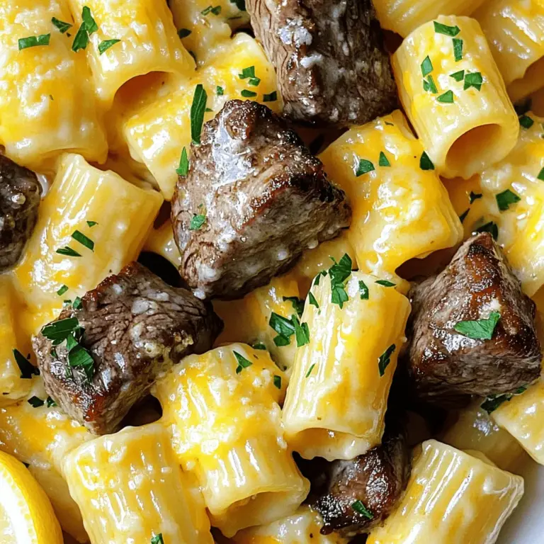 Um die Knoblauch-Butter Steakstückchen zubereiten zu können, benötigst du: - 450 g Sirloin-Steak, in mundgerechte Würfel geschnitten - 4 Esslöffel ungesalzene Butter - 4 Knoblauchzehen, fein gehackt - 1 Teelöffel frischer Rosmarin, gehackt - 1 Teelöffel frischer Thymian, gehackt - Salz und Pfeffer nach Geschmack Diese Zutaten sind wichtig, um einen vollen Geschmack zu erzeugen. Das Steak sollte frisch und von guter Qualität sein. Die Mischung aus Butter und Knoblauch bringt ein tolles Aroma. Für die Käse-Rigatoni brauchst du: - 225 g Rigatoni-Nudeln - 240 ml Schlagsahne - 100 g geriebener Cheddar-Käse - 50 g geriebener Parmesan - 1/4 Tasse frische Petersilie, gehackt, zur Garnierung - Zitronenspalten zum Servieren Die Rigatoni sind perfekt für die Käsesoße. Der Cheddar und Parmesan geben einen reichen Geschmack. Die Petersilie sorgt für einen frischen Farbklecks. Die Gewürze und frischen Kräuter sind entscheidend für den Geschmack: - Salz - Pfeffer - Frischer Rosmarin - Frischer Thymian Diese Kräuter verleihen dem Gericht Tiefe und Komplexität. Frische Kräuter bringen mehr Aroma als getrocknete. Achte darauf, sie gut zu hacken, bevor du sie hinzufügst. Um das komplette Rezept zu sehen, schau dir die [Full Recipe] an. Um die Rigatoni perfekt zu kochen, fülle einen großen Topf mit Wasser. Füge eine Prise Salz hinzu und bringe das Wasser zum Kochen. Gib die Rigatoni hinein und koche sie gemäß der Verpackungsanweisung al dente. Das dauert etwa 10 bis 12 Minuten. Sobald sie fertig sind, gieße die Nudeln ab und stelle sie beiseite. Denke daran, 120 ml von dem Nudelwasser aufzuheben. Dieses Wasser hilft dir später, die Käsesoße zu binden. Für die Steakstückchen nimm ein schönes Stück Sirloin-Steak. Würze die Würfel mit Salz und Pfeffer. Erhitze in einer großen Pfanne bei mittelhoher Hitze 2 Esslöffel Butter. Bei der richtigen Temperatur gibt das Steak ein tolles Brutzeln von sich. Brate die Steakstücke für etwa 3 bis 4 Minuten auf jeder Seite. So erreichst du eine schöne, saftige Garstufe, die medium-rare ist. Nimm das Steak aus der Pfanne und lege es kurz beiseite. In derselben Pfanne schmelze die restlichen 2 Esslöffel Butter. Reduziere die Hitze auf mittlere Stufe. Füge den fein gehackten Knoblauch, Rosmarin und Thymian hinzu. Lass die Mischung etwa 1 Minute braten, bis sie duftet. Jetzt kommt die Schlagsahne dazu. Rühre alles gut um und bringe die Soße zum leichten Köcheln. Gib dann den geriebenen Cheddar- und Parmesan-Käse hinein. Rühre, bis die Käsesoße schön glatt ist. Wenn sie zu dick ist, füge etwas von dem reservierten Nudelwasser hinzu. Jetzt kannst du die abgetropften Rigatoni und das Steak in die Pfanne geben. Mische alles gut, bis die Nudeln gleichmäßig mit der Käsesoße überzogen sind. Schmecke nach Belieben mit mehr Salz und Pfeffer ab. Bereite dich vor, denn das wird lecker! Für das komplette Rezept schaue dir die [Full Recipe] an. Um das Steak zart zu machen, wähle immer frisches Fleisch. Schneide das Sirloin-Steak in gleichmäßige Würfel. Achte darauf, dass die Stücke nicht zu groß sind. Das sorgt für gleichmäßiges Braten. Lass das Steak vor dem Kochen auf Zimmertemperatur kommen. Würze es gut mit Salz und Pfeffer. Brate es in einer heißen Pfanne für 3-4 Minuten pro Seite. So bleibt es saftig und zart. Die Käsesoße ist der Star dieses Gerichts. Beginne mit der Butter und dem Knoblauch in der Pfanne. Lasse die Mischung kurz köcheln, um den vollen Geschmack zu entfalten. Wenn du die Schlagsahne hinzufügst, rühre ständig um. Das hilft, Klumpen zu vermeiden. Füge den Cheddar und Parmesan nach und nach hinzu. So schmilzt der Käse gleichmäßig. Wenn die Soße zu dick ist, nutze das Nudelwasser. Es macht die Soße perfekt cremig. Das Anrichten ist wichtig für den Genuss. Platziere die Käse-Rigatoni zuerst auf dem Teller. Dann füge die Steakstückchen hinzu. Streue frische Petersilie darüber, um Farbe und Geschmack zu bringen. Die Zitronenspalten an der Seite sorgen für eine erfrischende Note. Du kannst auch etwas geriebenen Parmesan oben drauf geben. So wird das Gericht noch schmackhafter. Für eine besondere Note, serviere einen grünen Salat dazu. Für das gesamte Rezept, schau dir die vollständige Anleitung an. {{image_4}} Wenn du eine vegetarische Option suchst, ersetze das Steak mit Tofu oder Tempeh. Schneide sie in Würfel und mariniere sie mit einer Mischung aus Sojasauce und Knoblauch. Brate sie dann an, bis sie goldbraun sind. Du kannst auch gegrilltes Gemüse wie Zucchini oder Paprika verwenden. Diese Alternativen bringen viel Geschmack und Textur. Die Gewürze in diesem Rezept sind sehr flexibel. Du kannst Rosmarin und Thymian gegen Oregano oder Basilikum tauschen. Diese Kräuter geben der Soße ein anderes Aroma. Auch geräuchertes Paprikapulver oder Chili-Flocken können eine schöne Schärfe bringen. Experimentiere mit deinen Lieblingsgewürzen, um neue Geschmäcker zu entdecken. Zu Knoblauch-Butter Steakstückchen mit Käse-Rigatoni passen viele Beilagen. Ein einfacher grüner Salat mit Vinaigrette ist frisch und leicht. Gegrillte Spargel oder Brokkoli ergänzen das Gericht perfekt. Auch knuspriges Brot eignet sich gut, um die Käsesoße aufzutunken. Diese Beilagen rundet das Essen ab und machen es noch köstlicher. Bewahre die Reste in einem luftdichten Behälter auf. Lass die Speisen zuerst abkühlen. Dann kannst du sie für bis zu drei Tage im Kühlschrank lagern. Achte darauf, dass die Reste gut verpackt sind. So bleiben sie frisch und lecker. Um die Steakstückchen wieder aufzuwärmen, nutze eine Pfanne. Erhitze die Pfanne auf mittlerer Temperatur. Füge die Steakstückchen hinzu und erwärme sie in etwa fünf Minuten. Du kannst auch etwas Butter hinzufügen, um den Geschmack zu verstärken. Rühre gelegentlich um, damit sie gleichmäßig warm werden. Die Käse-Rigatoni bleiben am besten in einem luftdichten Behälter. Du kannst sie im Kühlschrank für drei bis fünf Tage aufbewahren. Wenn du sie aufwärmen möchtest, gebe etwas Milch oder Nudelwasser dazu. Das hilft, die Soße cremig zu halten. Rühre die Rigatoni gut um, während du sie erhitzt. So bleiben sie lecker und saftig. Die Zubereitung dauert insgesamt nur 30 Minuten. Sie benötigen 15 Minuten, um alles vorzubereiten. Dann kochen Sie die Rigatoni und braten das Steak. Es geht schnell, und das Ergebnis ist köstlich. Ja, Sie können andere Nudeln nutzen. Penne oder Fusilli passen gut zu dieser Sauce. Achten Sie darauf, die Kochzeit entsprechend anzupassen. Sie möchten, dass die Nudeln al dente sind. Wenn Sie mehr Gäste haben, erhöhen Sie einfach die Menge der Zutaten. Verdoppeln Sie alles, um 8 Portionen zu machen. Die Garzeit bleibt gleich, aber achten Sie darauf, genug Platz in der Pfanne zu haben. Suchen Sie nach frischen und hochwertigen Zutaten. Besuchen Sie lokale Märkte oder vertrauenswürdige Supermärkte. Achten Sie auf frisches Gemüse, gutes Fleisch und echten Käse, um den Geschmack zu verbessern. Ja, Sie können das Steak im Voraus marinieren. Auch die Käsesoße können Sie einen Tag vorher machen. Lagern Sie alles in luftdichten Behältern im Kühlschrank. So sparen Sie Zeit, wenn es zum Kochen kommt. Für das vollständige Rezept schauen Sie sich bitte die [Full Recipe] an. Du hast jetzt alle wichtigen Schritte und Tipps für dein Knoblauch-Butter Steakstückchen mit Käse-Rigatoni. Wir haben die Zutaten, die Zubereitung und die besten Tricks besprochen. Denke daran, frische Kräuter und Gewürze für den besten Geschmack zu verwenden. Du kannst sogar die Rezepte anpassen, um sie nach deinem Geschmack zu gestalten. Vergiss nicht, die Reste gut aufzubewahren. Jetzt bist du bereit, leckere Gerichte in deiner Küche zu zaubern!