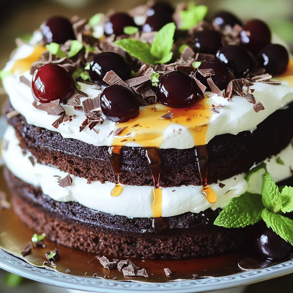 Hier sind die Zutaten, die du für die Schwarzwälder Kirschtorte brauchst: - 1 ¾ Tassen Allzweckmehl - 1 ½ Tassen Kristallzucker - ¾ Tasse ungesüßtes Kakaopulver - 1 ½ Teelöffel Backpulver - 1 ½ Teelöffel Natron - 1 Teelöffel Salz - 2 große Eier - 1 Tasse Buttermilch - ½ Tasse Pflanzenöl - 2 Teelöffel reiner Vanilleextrakt - 1 Tasse kochendes Wasser - 1 Glas (24 oz) Morello-Kirschen, abgetropft und Saft aufbewahrt - 2 Tassen Schlagsahne - ¼ Tasse Puderzucker - Schokoladenspäne zur Dekoration - Frische Minzblätter zum Garnieren Jede Zutat hat eine wichtige Rolle in der Schwarzwälder Kirschtorte: - Allzweckmehl: Gibt Struktur und Halt. - Zucker: Süßt den Kuchen und hilft beim Backen. - Kakaopulver: Macht den Kuchen schokoladig und reichhaltig. - Backpulver und Natron: Lassen den Kuchen aufgehen und locker werden. - Eier: Binden die Zutaten und geben Feuchtigkeit. - Buttermilch: Macht den Kuchen zart und feucht. - Pflanzenöl: Verleiht zusätzliche Feuchtigkeit. - Vanilleextrakt: Fügt einen feinen Geschmack hinzu. - Kirschen: Bringen Frische und einen fruchtigen Geschmack. - Schlagsahne: Ist die cremige Füllung und Dekoration. Um den besten Geschmack zu erzielen, wähle frische Zutaten: - Kirschen: Verwende frische oder hochwertige eingelegte Kirschen für den besten Geschmack. - Eier: Frische Bio-Eier bringen mehr Geschmack. - Kakaopulver: Nutze ungesüßtes Kakaopulver von guter Qualität. - Buttermilch: Achte auf frisch hergestellte Buttermilch für die beste Textur. - Zucker: Feiner Zucker löst sich besser in der Mischung. Mit diesen Tipps wird deine Schwarzwälder Kirschtorte garantiert ein Hit! Du kannst das vollständige Rezept [hier](Full Recipe) finden. Heize deinen Ofen auf 175 °C vor. Fette zwei runde Kuchenformen mit einem Durchmesser von 23 cm ein. Bestäube die Formen mit etwas Mehl. So lösen sich die Kuchen leicht nach dem Backen. In einer großen Schüssel mische die trockenen Zutaten. Nimm das Mehl, den Zucker, das Kakaopulver, das Backpulver, das Natron und das Salz. Rühre alles gut um, bis es gleichmäßig verteilt ist. Jetzt füge die nassen Zutaten hinzu: die Eier, die Buttermilch, das Pflanzenöl und den Vanilleextrakt. Mische alles bei mittlerer Geschwindigkeit, bis eine glatte Masse entsteht. Das ist wichtig für eine gute Textur. Jetzt kommt der spannende Teil! Gieße den Teig gleichmäßig in die beiden vorbereiteten Formen. Backe sie 30 bis 35 Minuten. Überprüfe mit einem Zahnstocher, ob sie fertig sind. Wenn er sauber herauskommt, sind die Kuchen bereit. Lass sie 10 Minuten in den Formen abkühlen. Danach stürze die Kuchen auf ein Gitter, damit sie vollständig abkühlen. So bleibt die Textur locker und saftig. Folge diesen Schritten genau, und du wirst eine leckere Schwarzwälder Kirschtorte zaubern! Für die genauen Mengen und die vollständige Anleitung, schau dir das Full Recipe an. Um die beste Schlagsahne zu machen, brauchst du frische Sahne. Verwende einen hohen Becher oder eine Schüssel. Kalte Werkzeuge helfen, die Sahne schneller aufzuschlagen. Schlage die Sahne mit einem Handmixer oder einer Küchenmaschine. Beginne bei niedriger Geschwindigkeit und steigere sie langsam. Achte darauf, dass du die Sahne nicht übermixst. Wenn sie zu fest wird, wird sie butterartig. Wenn du Puderzucker hinzufügst, schmeckt die Sahne süßer. Ein Spritzer Vanilleextrakt verleiht einen tollen Geschmack. Ein häufiger Fehler ist, die Zutaten nicht genau abzuwiegen. Verwende immer die richtigen Mengen. Wenn der Ofen zu heiß ist, kann der Kuchen außen brennen und innen roh bleiben. Überprüfe die Temperatur mit einem Ofenthermometer. Lasse die Kuchen nicht zu lange im Ofen, sonst werden sie trocken. Ein Zahnstocher kann helfen, den Garzustand zu testen. Achte darauf, dass du die Kirschen gut abtropfst. Zu viel Saft macht den Kuchen matschig. Für die Kirschenfüllung ist es wichtig, die richtigen Kirschen zu wählen. Morello-Kirschen sind perfekt für diesen Kuchen. Hacke die Kirschen grob, damit sie gut verteilt sind. Mische sie mit etwas Kirschsaft für mehr Geschmack. Wenn du die Kirschen vor dem Befüllen auf die Sahne legst, bleibt der Kuchen saftig. Achte darauf, dass die Kirschen gleichmäßig verteilt sind. So erhält jeder Bissen den perfekten Fruchtgeschmack. Für das gesamte Rezept schaue dir die [Full Recipe] an. {{image_4}} Für eine glutenfreie Schwarzwälder Kirschtorte können Sie das Allzweckmehl durch eine glutenfreie Mischung ersetzen. Diese Mischung gibt es in vielen Geschäften. Achten Sie darauf, eine Mischung zu wählen, die Xanthan enthält. Das hilft der Torte, die richtige Struktur zu behalten. Sie können auch Mandeln oder Kokosmehl verwenden, um einen neuen Geschmack zu kreieren. Wenn Sie keine Schlagsahne verwenden möchten, gibt es viele Alternativen. Eine gute Wahl ist Kokoscreme. Sie gibt der Torte eine leichte Kokosnote. Auch griechischer Joghurt kann eine tolle Option sein. Er ist cremig und hat weniger Fett. Für vegane Varianten probieren Sie Aquafaba. Dieses Wasser aus Kichererbsen schlägt gut auf und hat wenig Geschmack. Schwarzwälder Kirschtorte kann viele Geschmäcker annehmen. Fügen Sie etwas Espresso zum Teig hinzu, um einen Kaffeegeschmack zu erhalten. Oder mischen Sie etwas Zimt in die Schlagsahne. Für eine fruchtigere Note können Sie Erdbeeren oder Himbeeren verwenden. Mischen Sie die Kirschen mit diesen Beeren für eine neue Füllung. Sie können auch Nüsse wie Walnüsse oder Haselnüsse für einen knackigen Biss hinzufügen. Jede dieser Variationen macht die Schwarzwälder Kirschtorte einzigartig. Experimentieren Sie mit verschiedenen Zutaten und finden Sie Ihre Lieblingsversion. So wird jede Feier zu etwas Besonderem. Für das vollständige Rezept besuchen Sie [Full Recipe]. Um die Schwarzwälder Kirschtorte frisch zu halten, ist die Lagerung wichtig. Lagere die Torte in einem luftdichten Behälter. So bleibt die Feuchtigkeit erhalten. Du kannst auch Frischhaltefolie verwenden, um die Torte abzudecken. Achte darauf, die Torte nicht in der Nähe von stark riechenden Lebensmitteln aufzubewahren. Dadurch bleiben die Aromen rein. Die Torte hält sich im Kühlschrank etwa drei bis fünf Tage. Stelle sicher, dass sie gut verpackt ist. Im Gefrierschrank kannst du die Torte bis zu drei Monate aufbewahren. Schneide die Torte in Portionen, bevor du sie einfrierst. So kannst du immer ein Stück genießen, wann du willst. Wenn du sie auftauen möchtest, lasse sie einfach über Nacht im Kühlschrank. Die Haltbarkeit hängt von der Lagerung ab. Bei richtiger Lagerung bleibt die Torte saftig und lecker. Achte auf Veränderungen im Geruch oder Aussehen. Wenn du die Torte länger als fünf Tage im Kühlschrank hast, überprüfe sie gründlich. Bei der Lagerung im Gefrierschrank bleibt die Torte lange frisch, aber der Geschmack kann sich nach dem Auftauen ändern. Genieße deine Schwarzwälder Kirschtorte mit allen Sinnen! Weitere Informationen findest du im Full Recipe. Der Ursprung der Schwarzwälder Kirschtorte liegt in Deutschland. Diese Torte kommt aus dem Schwarzwald, einer Region im Südwesten des Landes. Man sagt, die Torte wurde in den 1910er Jahren erstmals hergestellt. Die Kombination aus Schokolade, Kirschen und Sahne spiegelt die Aromen dieser Region wider. Kirschen sind dort sehr beliebt, und der Kirschwasser, ein klarer Schnaps, wird oft in der Torte verwendet. So entsteht der einzigartige Geschmack, der diese Torte so besonders macht. Die Zubereitung der Schwarzwälder Kirschtorte dauert insgesamt etwa zwei Stunden. Die Vorbereitungszeit beträgt etwa 30 Minuten. Das Backen der Kuchen dauert 30 bis 35 Minuten. Danach müssen die Kuchen abkühlen, was weitere 10 Minuten in Anspruch nimmt. Schließlich dauert das Zusammenbauen und Dekorieren der Torte etwa 30 Minuten. Es ist also eine tolle Aktivität, die etwas Zeit braucht, aber das Ergebnis ist jede Minute wert. Ja, du kannst die Schwarzwälder Kirschtorte im Voraus zubereiten. Du kannst die Kuchenböden einen Tag vorher backen und sie gut in Frischhaltefolie einwickeln. So bleiben sie frisch. Auch die Sahne und Kirschen kannst du bereits vorbereiten. Die Torte selbst solltest du jedoch am besten am Tag des Servierens zusammenbauen. So bleibt die Sahne schön fluffig und die Torte sieht perfekt aus. Wenn du die Torte länger aufbewahren musst, kannst du sie im Kühlschrank lagern. Die Schwarzwälder Kirschtorte ist ein echter Klassiker. Wir haben die besten Zutaten, die Schritt-für-Schritt-Anleitung und hilfreiche Tipps betrachtet. Mit dieser Anleitung gelingt dir die Torte garantiert. Denke daran, die richtigen Zutaten auszuwählen und häufige Fehler zu vermeiden. Sei kreativ mit Variationen und lagere die Torte richtig, damit sie frisch bleibt. Probiere es aus und genieße deine eigene Schwarzwälder Kirschtorte!