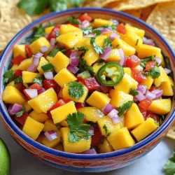 Um eine frische Mango Salsa zuzubereiten, benötigst du folgende Zutaten: - 2 reife Mangos, geschält und gewürfelt - 1 kleine rote Zwiebel, fein gewürfelt - 1 roter Paprika, gewürfelt - 1 Jalapeño, entkernt und fein gehackt - 1/4 Tasse frischer Koriander, grob gehackt - Saft von 2 Limetten - Salz nach Geschmack - 1/2 Teelöffel gemahlener Kreuzkümmel (optional für einen rauchigen Geschmack) Diese Zutaten machen die Salsa bunt und lecker. Sie bringen frische und Süße in jedes Gericht. Die Wahl der richtigen Mango ist wichtig. Du solltest nach Mangos mit einer festen, aber nicht harten Haut suchen. Drücke leicht darauf. Wenn sie etwas nachgibt, ist sie reif. Achte auch auf die Farbe. Eine reife Mango hat oft eine gelbe bis rote Farbe. Der Duft ist ebenfalls ein Hinweis. Sie sollte süß riechen. Du kannst die Salsa nach deinem Geschmack anpassen. Hier sind einige Ideen: - Avocado: Für eine cremige Note. - Ananas: Für eine tropische Süße. - Limettenschale: Für mehr Frische. - Koriander: Füge mehr Koriander hinzu, wenn du es magst. Diese Zusätze machen deine Mango Salsa noch interessanter und leckerer. Du kannst experimentieren und deinen eigenen Stil finden. Zuerst brauchst du frische und reife Mangos. Wähle Mangos, die leicht nachgeben, wenn du sie drückst. Das zeigt, dass sie reif sind. Schäle die Mangos und schneide sie in kleine Würfel. Dann nimm eine kleine rote Zwiebel. Schneide sie fein, damit der Geschmack nicht zu stark wird. Der rote Paprika bringt Farbe und Süße. Würfle ihn ebenfalls klein. Für etwas Schärfe, nimm eine Jalapeño. Entferne die Kerne und hacke sie fein. Schließlich brauchst du frischen Koriander. Hacke ihn grob, um den vollen Geschmack zu erhalten. In einer mittelgroßen Schüssel mischst du die gewürfelten Mangos, die Zwiebel, den Paprika und die Jalapeño. Rühre alles gut durch, damit sich die Aromen verbinden. Danach fügst du den grob gehackten Koriander hinzu. Mische vorsichtig, um die Zutaten nicht zu zerdrücken. Presse dann den Saft von zwei Limetten über die Mischung. Achte darauf, dass alles gut benetzt ist. Wenn du magst, füge eine Prise gemahlenen Kreuzkümmel hinzu. Dieser gibt der Salsa einen rauchigen Geschmack. Schmecke die Mischung mit Salz ab und passe die Menge nach deinem Geschmack an. Lasse die Salsa für 10-15 Minuten bei Raumtemperatur stehen, damit sich die Aromen entfalten können. Um eine perfekte Konsistenz zu erreichen, achte darauf, die Zutaten gleichmäßig zu schneiden. Wenn die Stücke zu groß sind, wird die Salsa klumpig. Wenn sie zu klein sind, wird sie matschig. Experimentiere mit der Menge der Limette, um die Frische zu betonen. Wenn die Salsa zu flüssig ist, kannst du sie einfach etwas länger stehen lassen. So können die Zutaten mehr Zeit haben, ihre Säfte freizusetzen. Die richtige Konsistenz macht deine Mango Salsa frisch und schmackhaft. Die Wahl der Schüssel ist wichtig. Eine mittelgroße Rührschüssel ist ideal. Sie gibt genug Platz zum Mischen. Achte darauf, dass die Schüssel stabil ist. So bleibt alles ordentlich, während du rührst. Eine glatte Oberfläche hilft, die Zutaten gut zu vermengen. Vermeide zu große oder zu kleine Schüsseln. Sie können das Mischen erschweren. Die Mango Salsa kann nach deinem Geschmack angepasst werden. Wenn du es süßer magst, füge mehr Mango hinzu. Für etwas mehr Schärfe, erhöhe die Jalapeño. Du kannst auch Limettensaft nach Geschmack anpassen. Einige mögen es sauer, andere weniger. Experimentiere mit Gewürzen. Ein Hauch von Kreuzkümmel kann die Aromen verstärken. Probiere verschiedene Kombinationen, um deinen perfekten Geschmack zu finden. Lass die Salsa nach dem Mischen ruhen. Zehn bis fünfzehn Minuten sind ideal. Diese Zeit hilft den Aromen, sich zu verbinden. Wenn du die Salsa länger stehen lässt, wird der Geschmack intensiver. Achte darauf, sie bei Raumtemperatur stehen zu lassen. So bleibt sie frisch und lecker. Plane diese Ruhezeit in deine Zubereitung ein. So schmeckt die Mango Salsa noch besser. {{image_4}} Mango Salsa mit Avocado ist eine köstliche Wahl. Die Avocado macht die Salsa cremig. Du brauchst reife Avocados, die du einfach würfeln kannst. Mische sie vorsichtig mit der Mango Salsa. Achte darauf, dass du alles sanft vermengst. So bleibt die Avocado ganz. Diese Mischung schmeckt frisch und füllend. Für scharfe Mango Salsa mit Ananas, füge gewürfelte Ananas hinzu. Die Süße der Ananas passt gut zur Schärfe der Jalapeños. Verwende eine ganze Tasse Ananas, um den besten Geschmack zu erzielen. Diese Salsa ist perfekt für Grillpartys. Sie bringt einen tropischen Flair in jedes Gericht. Eine weitere großartige Variante ist Mangosalsa mit einem Hauch von Kokosnuss. Du kannst Kokosnussraspeln verwenden, um einen besonderen Geschmack zu bekommen. Vermenge die Raspeln mit der Salsa. Der Kokosgeschmack macht die Salsa exotisch. Diese Option ist ideal für Sommergerichte. Probiere diese Variationen aus und entdecke, welche dir am besten gefällt! Du kannst die Grundrezeptur verwenden, um deine eigene kreative Note hinzuzufügen. Die Möglichkeiten sind endlos und jede Variante hat ihren eigenen Reiz. Wenn du mehr über die Zubereitung erfahren möchtest, schau dir das Full Recipe an. Um Mango Salsa frisch zu halten, benötigst du einige einfache Dinge. Ein luftdichtes Glasbehältnis ist ideal. Du kannst auch eine Schüssel mit Frischhaltefolie abdecken. So bleiben die Aromen erhalten. Wenn du die Salsa in einem Glas aufbewahrst, schichte die Salsa nicht zu hoch. Das hilft, die Frische zu bewahren. Mango Salsa bleibt im Kühlschrank etwa 2 bis 3 Tage frisch. Achte darauf, die Salsa gut abzudecken. So vermeidest du, dass sie Gerüche von anderen Lebensmitteln aufnimmt. Nach ein paar Tagen kann die Salsa an Frische verlieren. Der Geschmack wird nicht mehr so lebhaft sein. Du kannst Mango Salsa auch einfrieren. Fülle die Salsa in ein gefrierfestes Behältnis oder in einen Gefrierbeutel. Lasse etwas Platz, da die Salsa beim Gefrieren expandiert. So bleibt die Konsistenz gut. Im Gefrierfach hält sie sich bis zu 3 Monate. Wenn du sie wieder verwenden möchtest, tau sie über Nacht im Kühlschrank auf. So wird die Salsa gleichmäßig weich. Für genaue Zubereitung kannst du die Full Recipe konsultieren. Um deine Mango Salsa schärfer zu machen, füge mehr Jalapeño hinzu. Du kannst auch frische Chilis verwenden. Schneide sie klein und mische sie gut unter die Salsa. Achte darauf, die Kerne zu entfernen, wenn du weniger Schärfe möchtest. Eine andere Option ist, etwas Cayennepfeffer hinzuzufügen. Probiere verschiedene Mengen aus, bis du den perfekten Schärfegrad findest. Ja, du kannst andere Früchte hinzufügen! Ananas passt gut zu Mango. Sie gibt der Salsa einen süßen und saftigen Geschmack. Auch Papaya oder Pfirsiche sind tolle Optionen. Schneide die Früchte in kleine Stücke, damit sie sich gut vermischen. Achte darauf, dass die Früchte reif sind, um die besten Aromen zu erzielen. Experimentiere mit verschiedenen Kombinationen für neue Geschmackserlebnisse. Mango Salsa ist sehr vielseitig und passt gut zu verschiedenen Gerichten. Serviere sie mit Tortilla Chips als Dip. Sie ergänzt auch gegrilltes Hähnchen oder Fisch perfekt. Du kannst sie auch in Tacos oder Burritos verwenden. Ein frischer Salat mit Mango Salsa macht jedes Gericht lebendig. Die Kombination aus süß und scharf macht sie zu einem Hit bei jedem Essen. Probiere sie und entdecke ihre Vielseitigkeit! Mango Salsa ist einfach und lecker. Wir haben die besten Zutaten und Auswahlmöglichkeiten besprochen. Ich habe Ihnen gezeigt, wie Sie die Salsa herstellen und die perfekte Konsistenz erreichen. Wir haben auch Tipps zur Aufbewahrung und vielen Variationen gegeben. Denken Sie daran, dass Sie die Aromen nach Ihrem Geschmack anpassen können. Experimentieren Sie mit verschiedenen Zutaten und genießen Sie Ihre frische Mango Salsa. Sie ist vielseitig und passt hervorragend zu vielen Gerichten. Viel Spaß beim Ausprobieren!