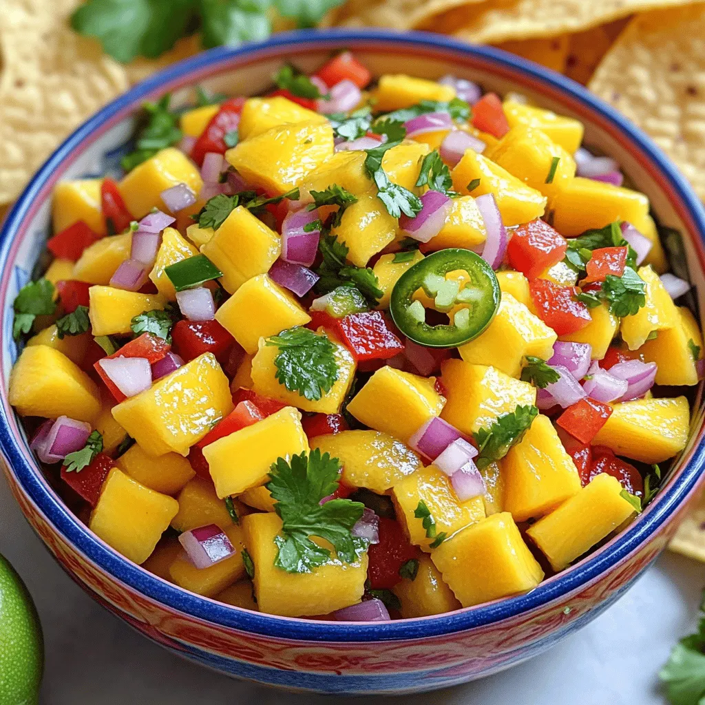 Um eine frische Mango Salsa zuzubereiten, benötigst du folgende Zutaten: - 2 reife Mangos, geschält und gewürfelt - 1 kleine rote Zwiebel, fein gewürfelt - 1 roter Paprika, gewürfelt - 1 Jalapeño, entkernt und fein gehackt - 1/4 Tasse frischer Koriander, grob gehackt - Saft von 2 Limetten - Salz nach Geschmack - 1/2 Teelöffel gemahlener Kreuzkümmel (optional für einen rauchigen Geschmack) Diese Zutaten machen die Salsa bunt und lecker. Sie bringen frische und Süße in jedes Gericht. Die Wahl der richtigen Mango ist wichtig. Du solltest nach Mangos mit einer festen, aber nicht harten Haut suchen. Drücke leicht darauf. Wenn sie etwas nachgibt, ist sie reif. Achte auch auf die Farbe. Eine reife Mango hat oft eine gelbe bis rote Farbe. Der Duft ist ebenfalls ein Hinweis. Sie sollte süß riechen. Du kannst die Salsa nach deinem Geschmack anpassen. Hier sind einige Ideen: - Avocado: Für eine cremige Note. - Ananas: Für eine tropische Süße. - Limettenschale: Für mehr Frische. - Koriander: Füge mehr Koriander hinzu, wenn du es magst. Diese Zusätze machen deine Mango Salsa noch interessanter und leckerer. Du kannst experimentieren und deinen eigenen Stil finden. Zuerst brauchst du frische und reife Mangos. Wähle Mangos, die leicht nachgeben, wenn du sie drückst. Das zeigt, dass sie reif sind. Schäle die Mangos und schneide sie in kleine Würfel. Dann nimm eine kleine rote Zwiebel. Schneide sie fein, damit der Geschmack nicht zu stark wird. Der rote Paprika bringt Farbe und Süße. Würfle ihn ebenfalls klein. Für etwas Schärfe, nimm eine Jalapeño. Entferne die Kerne und hacke sie fein. Schließlich brauchst du frischen Koriander. Hacke ihn grob, um den vollen Geschmack zu erhalten. In einer mittelgroßen Schüssel mischst du die gewürfelten Mangos, die Zwiebel, den Paprika und die Jalapeño. Rühre alles gut durch, damit sich die Aromen verbinden. Danach fügst du den grob gehackten Koriander hinzu. Mische vorsichtig, um die Zutaten nicht zu zerdrücken. Presse dann den Saft von zwei Limetten über die Mischung. Achte darauf, dass alles gut benetzt ist. Wenn du magst, füge eine Prise gemahlenen Kreuzkümmel hinzu. Dieser gibt der Salsa einen rauchigen Geschmack. Schmecke die Mischung mit Salz ab und passe die Menge nach deinem Geschmack an. Lasse die Salsa für 10-15 Minuten bei Raumtemperatur stehen, damit sich die Aromen entfalten können. Um eine perfekte Konsistenz zu erreichen, achte darauf, die Zutaten gleichmäßig zu schneiden. Wenn die Stücke zu groß sind, wird die Salsa klumpig. Wenn sie zu klein sind, wird sie matschig. Experimentiere mit der Menge der Limette, um die Frische zu betonen. Wenn die Salsa zu flüssig ist, kannst du sie einfach etwas länger stehen lassen. So können die Zutaten mehr Zeit haben, ihre Säfte freizusetzen. Die richtige Konsistenz macht deine Mango Salsa frisch und schmackhaft. Die Wahl der Schüssel ist wichtig. Eine mittelgroße Rührschüssel ist ideal. Sie gibt genug Platz zum Mischen. Achte darauf, dass die Schüssel stabil ist. So bleibt alles ordentlich, während du rührst. Eine glatte Oberfläche hilft, die Zutaten gut zu vermengen. Vermeide zu große oder zu kleine Schüsseln. Sie können das Mischen erschweren. Die Mango Salsa kann nach deinem Geschmack angepasst werden. Wenn du es süßer magst, füge mehr Mango hinzu. Für etwas mehr Schärfe, erhöhe die Jalapeño. Du kannst auch Limettensaft nach Geschmack anpassen. Einige mögen es sauer, andere weniger. Experimentiere mit Gewürzen. Ein Hauch von Kreuzkümmel kann die Aromen verstärken. Probiere verschiedene Kombinationen, um deinen perfekten Geschmack zu finden. Lass die Salsa nach dem Mischen ruhen. Zehn bis fünfzehn Minuten sind ideal. Diese Zeit hilft den Aromen, sich zu verbinden. Wenn du die Salsa länger stehen lässt, wird der Geschmack intensiver. Achte darauf, sie bei Raumtemperatur stehen zu lassen. So bleibt sie frisch und lecker. Plane diese Ruhezeit in deine Zubereitung ein. So schmeckt die Mango Salsa noch besser. {{image_4}} Mango Salsa mit Avocado ist eine köstliche Wahl. Die Avocado macht die Salsa cremig. Du brauchst reife Avocados, die du einfach würfeln kannst. Mische sie vorsichtig mit der Mango Salsa. Achte darauf, dass du alles sanft vermengst. So bleibt die Avocado ganz. Diese Mischung schmeckt frisch und füllend. Für scharfe Mango Salsa mit Ananas, füge gewürfelte Ananas hinzu. Die Süße der Ananas passt gut zur Schärfe der Jalapeños. Verwende eine ganze Tasse Ananas, um den besten Geschmack zu erzielen. Diese Salsa ist perfekt für Grillpartys. Sie bringt einen tropischen Flair in jedes Gericht. Eine weitere großartige Variante ist Mangosalsa mit einem Hauch von Kokosnuss. Du kannst Kokosnussraspeln verwenden, um einen besonderen Geschmack zu bekommen. Vermenge die Raspeln mit der Salsa. Der Kokosgeschmack macht die Salsa exotisch. Diese Option ist ideal für Sommergerichte. Probiere diese Variationen aus und entdecke, welche dir am besten gefällt! Du kannst die Grundrezeptur verwenden, um deine eigene kreative Note hinzuzufügen. Die Möglichkeiten sind endlos und jede Variante hat ihren eigenen Reiz. Wenn du mehr über die Zubereitung erfahren möchtest, schau dir das Full Recipe an. Um Mango Salsa frisch zu halten, benötigst du einige einfache Dinge. Ein luftdichtes Glasbehältnis ist ideal. Du kannst auch eine Schüssel mit Frischhaltefolie abdecken. So bleiben die Aromen erhalten. Wenn du die Salsa in einem Glas aufbewahrst, schichte die Salsa nicht zu hoch. Das hilft, die Frische zu bewahren. Mango Salsa bleibt im Kühlschrank etwa 2 bis 3 Tage frisch. Achte darauf, die Salsa gut abzudecken. So vermeidest du, dass sie Gerüche von anderen Lebensmitteln aufnimmt. Nach ein paar Tagen kann die Salsa an Frische verlieren. Der Geschmack wird nicht mehr so lebhaft sein. Du kannst Mango Salsa auch einfrieren. Fülle die Salsa in ein gefrierfestes Behältnis oder in einen Gefrierbeutel. Lasse etwas Platz, da die Salsa beim Gefrieren expandiert. So bleibt die Konsistenz gut. Im Gefrierfach hält sie sich bis zu 3 Monate. Wenn du sie wieder verwenden möchtest, tau sie über Nacht im Kühlschrank auf. So wird die Salsa gleichmäßig weich. Für genaue Zubereitung kannst du die Full Recipe konsultieren. Um deine Mango Salsa schärfer zu machen, füge mehr Jalapeño hinzu. Du kannst auch frische Chilis verwenden. Schneide sie klein und mische sie gut unter die Salsa. Achte darauf, die Kerne zu entfernen, wenn du weniger Schärfe möchtest. Eine andere Option ist, etwas Cayennepfeffer hinzuzufügen. Probiere verschiedene Mengen aus, bis du den perfekten Schärfegrad findest. Ja, du kannst andere Früchte hinzufügen! Ananas passt gut zu Mango. Sie gibt der Salsa einen süßen und saftigen Geschmack. Auch Papaya oder Pfirsiche sind tolle Optionen. Schneide die Früchte in kleine Stücke, damit sie sich gut vermischen. Achte darauf, dass die Früchte reif sind, um die besten Aromen zu erzielen. Experimentiere mit verschiedenen Kombinationen für neue Geschmackserlebnisse. Mango Salsa ist sehr vielseitig und passt gut zu verschiedenen Gerichten. Serviere sie mit Tortilla Chips als Dip. Sie ergänzt auch gegrilltes Hähnchen oder Fisch perfekt. Du kannst sie auch in Tacos oder Burritos verwenden. Ein frischer Salat mit Mango Salsa macht jedes Gericht lebendig. Die Kombination aus süß und scharf macht sie zu einem Hit bei jedem Essen. Probiere sie und entdecke ihre Vielseitigkeit! Mango Salsa ist einfach und lecker. Wir haben die besten Zutaten und Auswahlmöglichkeiten besprochen. Ich habe Ihnen gezeigt, wie Sie die Salsa herstellen und die perfekte Konsistenz erreichen. Wir haben auch Tipps zur Aufbewahrung und vielen Variationen gegeben. Denken Sie daran, dass Sie die Aromen nach Ihrem Geschmack anpassen können. Experimentieren Sie mit verschiedenen Zutaten und genießen Sie Ihre frische Mango Salsa. Sie ist vielseitig und passt hervorragend zu vielen Gerichten. Viel Spaß beim Ausprobieren!