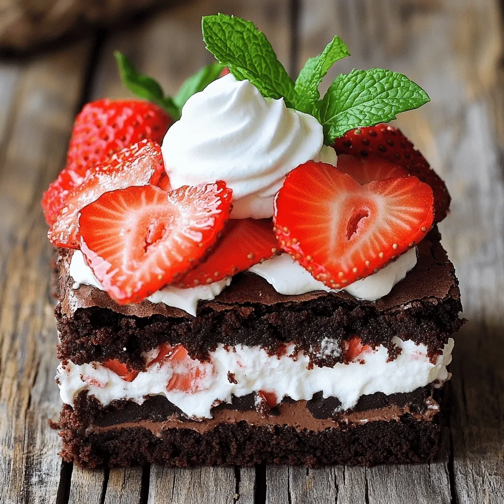 Für diesen leckeren Brownie Erdbeerkuchen brauchen Sie einige wichtige Zutaten: - 1 Portion fudgy Brownies (hausgemacht oder aus dem Geschäft) - 2 Tassen frische Erdbeeren, entstielt und in Scheiben geschnitten - 1 Tasse Schlagsahne Die fudgy Brownies sind die Basis. Sie können sie selbst backen oder im Geschäft kaufen. Frische Erdbeeren bringen einen süßen Geschmack und tolle Farbe. Die Schlagsahne macht das Dessert cremig und leicht. Um das Dessert noch besser zu machen, fügen Sie diese Zutaten hinzu: - 3 Esslöffel Puderzucker - 1 Teelöffel Vanilleextrakt - ½ Teelöffel Mandelextrakt (optional für einen eleganten Twist) - Frische Minzblätter zur Dekoration (optional) Der Puderzucker süßt die Sahne. Vanille- und Mandelextrakt geben tollen Geschmack. Minzblätter sind perfekt, um das Dessert zu garnieren. Sie bringen eine frische Note und sehen schön aus. Wenn Sie die Zutaten bereit haben, können Sie mit dem Kochen beginnen! Schauen Sie sich das [Full Recipe] an, um alle Schritte zu sehen. Um die besten Brownies zu machen, können Sie eigene backen oder gekaufte verwenden. Wenn Sie hausgemachte Brownies machen, backen Sie sie nach Ihrem Lieblingsrezept. Lassen Sie sie nach dem Backen gut abkühlen. Wenn Sie fertige Brownies verwenden, folgen Sie den Anweisungen auf der Verpackung. Auch diese sollten Sie vor dem Servieren abkühlen lassen. Für die Sahne nehmen Sie eine Rührschüssel. Geben Sie die Schlagsahne, Puderzucker und den Vanilleextrakt hinein. Wenn Sie es mögen, fügen Sie auch Mandelextrakt hinzu. Schlagen Sie die Mischung mit einem elektrischen Mixer, bis sich weiche Spitzen bilden. Das dauert etwa 3 bis 5 Minuten. Seien Sie vorsichtig, dass Sie die Sahne nicht zu stark schlagen. Nun kommen die Erdbeeren. Schneiden Sie sie in Scheiben und geben Sie sie in eine separate Schüssel. Vermengen Sie die Erdbeeren mit einer kleinen Prise Zucker. Lassen Sie sie etwa 10 Minuten stehen. So können sie ihre Säfte freisetzen. Jetzt ist es Zeit, das Dessert zusammenzustellen. Schneiden Sie die abgekühlten Brownies in Quadrate oder Rechtecke. Nehmen Sie einen Brownie und legen Sie ihn auf einen Servierteller. Geben Sie einen großen Klecks Schlagsahne darauf und einen Löffel der gesüßten Erdbeeren. Wiederholen Sie den Vorgang mit weiteren Brownies, Schlagsahne und Erdbeeren. So erhalten Sie einen leckeren mehrschichtigen Effekt. Alternativ können Sie auch individuelle Stapel machen. Zum Schluss garnieren Sie das Dessert mit der restlichen Schlagsahne. Frische Minzblätter sind eine tolle Deko und bringen einen zusätzlichen Hauch von Frische. Die Präsentation ist wichtig, also servieren Sie die Brownie-Erdbeerkuchen auf schönen Tellern oder in klaren Gläsern. So zeigen Sie die schönen Schichten. Wenn Sie möchten, träufeln Sie etwas von dem übrig gebliebenen Erdbeersaft darüber. - Die richtige Konsistenz erreichen: Beginnen Sie mit kalter Schlagsahne. Verwenden Sie eine kühle Schüssel. Schlagen Sie die Sahne, bis sie weiche Spitzen bildet. Sie sollte fest, aber nicht zu fest sein. Übermixen Sie nicht, da sie sonst butterartig wird. - Vermeiden von Übermixen: Achten Sie beim Mixen genau auf die Konsistenz. Stoppen Sie den Mixer, wenn die Sahne weich aussieht. Wenn Sie eine weiche Spitze sehen, sind Sie auf dem richtigen Weg. - Reife und süße Erdbeeren wählen: Suchen Sie nach tiefroten Erdbeeren. Sie sollten fest und glänzend sein. Vermeiden Sie Erdbeeren mit grünen Stellen oder Flecken. Reife Erdbeeren schmecken besser und sind süßer. - Lagerungstipps für frische Erdbeeren: Lagern Sie Erdbeeren im Kühlschrank. Halten Sie sie in der Originalverpackung oder in einem offenen Behälter. Waschen Sie sie erst kurz vor dem Verzehr, um Schimmel zu vermeiden. - Glutenfreie Brownies verwenden: Wenn Sie glutenfrei essen, verwenden Sie glutenfreie Brownie-Mischungen. Diese sind leicht zu finden. Sie schmecken genauso gut wie normale Brownies. - Zusätzliche Früchte oder Gewürze hinzufügen: Experimentieren Sie mit anderen Früchten. Himbeeren oder Bananen passen gut zu Erdbeeren. Fügen Sie auch Zimt oder Muskatnuss hinzu für einen besonderen Geschmack. Für das vollständige Rezept schauen Sie sich den Abschnitt "Vollständiges Rezept" an. {{image_4}} Die Zutaten für den Brownie Strawberry Shortcake bleiben frisch, wenn Sie sie richtig lagern. Fudgy Brownies halten sich gut bis zu einer Woche im Kühlschrank. Die Erdbeeren bleiben frisch für etwa drei bis vier Tage. Schlagsahne hält sich im Kühlschrank etwa zwei bis drei Tage. Um die Brownies zu lagern, wickeln Sie sie in Frischhaltefolie ein. Lagern Sie sie in einem luftdichten Behälter. Für die Erdbeeren sollten Sie sie ungeschnitten und in ihrer Originalverpackung aufbewahren. Wenn Sie sie waschen, trocknen Sie sie gut ab, um Schimmel zu vermeiden. Um den Brownie Strawberry Shortcake einzufrieren, stellen Sie sicher, dass die einzelnen Komponenten gut vorbereitet sind. Lassen Sie die Brownies vollständig abkühlen. Schneiden Sie sie in Portionen, bevor Sie sie einfrieren. Wickeln Sie jede Portion in Frischhaltefolie und legen Sie sie in einen gefrierfesten Behälter. Die Erdbeeren können Sie ebenfalls einfrieren. Waschen und schneiden Sie sie, dann legen Sie sie in einen Gefrierbeutel. Achten Sie darauf, die Luft herauszudrücken, bevor Sie den Beutel schließen. Beim Auftauen ist es am besten, die Brownies und Erdbeeren über Nacht im Kühlschrank zu lassen. So bleibt die Qualität am besten erhalten. Wenn Sie die Schlagsahne aufgetaut haben, schlagen Sie sie erneut leicht auf, um die Konsistenz zu verbessern. Um Brownies weich und fudgy zu machen, achte auf die Backzeit und Temperatur. Backe die Brownies bei 180 Grad Celsius für etwa 20 bis 25 Minuten. Prüfe sie mit einem Zahnstocher. Wenn er leicht feucht herauskommt, sind die Brownies perfekt. Vermeide Überbacken, da dies die Brownies trocken macht. Ein wenig Feuchtigkeit ist wichtig für die fudgy Konsistenz. Lass die Brownies nach dem Backen vollständig abkühlen. Dies hilft, die Textur zu festigen, ohne sie auszutrocknen. Ja, du kannst andere Früchte verwenden! Himbeeren, Blaubeeren oder Bananen passen gut zu Brownies. Die frischen Früchte bringen unterschiedliche Geschmäcker und Farben ins Spiel. Einige Kombinationen, die ich empfehle, sind: - Himbeeren mit Schokolade - Blaubeeren mit Zitrone - Bananen mit Erdnussbutter Probiere verschiedene Früchte aus, um deinen eigenen Twist zu finden! Um den Brownie Erdbeerkuchen glutenfrei zu machen, wähle glutenfreie Brownies. Diese kannst du selbst zubereiten oder im Geschäft kaufen. Achte darauf, dass alle Zutaten glutenfrei sind. Verwende auch glutenfreies Mehl für die Brownies. Mandelmehl oder Kokosmehl sind tolle Alternativen. So kannst du das Dessert genießen, ohne auf den Geschmack zu verzichten. Hier ist mein einfaches Rezept für Brownie Erdbeerkuchen. Das macht viel Spaß und ist lecker. Sie brauchen: - 1 Portion fudgy Brownies (hausgemacht oder aus dem Geschäft) - 2 Tassen frische Erdbeeren, entstielt und in Scheiben geschnitten - 1 Tasse Schlagsahne - 3 Esslöffel Puderzucker - 1 Teelöffel Vanilleextrakt - ½ Teelöffel Mandelextrakt (optional für einen eleganten Twist) - Frische Minzblätter zur Dekoration (optional) Zubereitung: 1. Brownies zubereiten: Backen Sie die Brownies nach Ihrem Lieblingsrezept. Lassen Sie sie ganz abkühlen. Wenn Sie gekaufte Brownies nutzen, folgen Sie den Anweisungen auf der Verpackung und kühlen Sie sie ebenfalls ab. 2. Sahne schlagen: In einer großen Schüssel fügen Sie die Schlagsahne, den Puderzucker, den Vanilleextrakt und den Mandelextrakt hinzu. Schlagen Sie alles mit einem Mixer auf mittlerer Stufe, bis sich weiche Spitzen bilden. Achten Sie darauf, nicht zu viel zu schlagen. 3. Erdbeeren schneiden: In einer anderen Schüssel die geschnittenen Erdbeeren mit etwas Zucker vermischen. Lassen Sie sie zehn Minuten stehen, damit sie Saft abgeben. 4. Das Dessert zusammenstellen: Schneiden Sie die abgekühlten Brownies in Quadrate. Legen Sie einen Brownie auf einen Teller, fügen Sie einen Klecks Schlagsahne hinzu und einen Löffel der Erdbeeren. 5. Schichten und Servieren: Wiederholen Sie diesen Prozess mit mehr Brownies, Schlagsahne und Erdbeeren. So erhalten Sie einen tollen mehrschichtigen Effekt. Oder servieren Sie die Portionen einzeln. 6. Garnieren: Geben Sie die restliche Schlagsahne oben drauf und garnieren Sie mit frischen Minzblättern für einen schönen Akzent. Die Zubereitung dauert nur 20 Minuten. Sie können dieses Rezept in der Schritt-für-Schritt-Anleitung nachlesen. Brownie Erdbeerkuchen ist ein einfaches und leckeres Dessert. Wir haben die Hauptzutaten, die Zubereitung und einige nützliche Tipps behandelt. Durch die richtigen Erdbeeren und die perfekte Schlagsahne machen Sie es großartig. Vergessen Sie nicht, mit frischen Minzblättern zu dekoren. Ob Sie es frisch genießen oder einfrieren, der Geschmack wird Sie begeistern. Jetzt sind Sie bereit, dieses Dessert zu kreieren! Viel Spaß beim Experimentieren und Teilen.