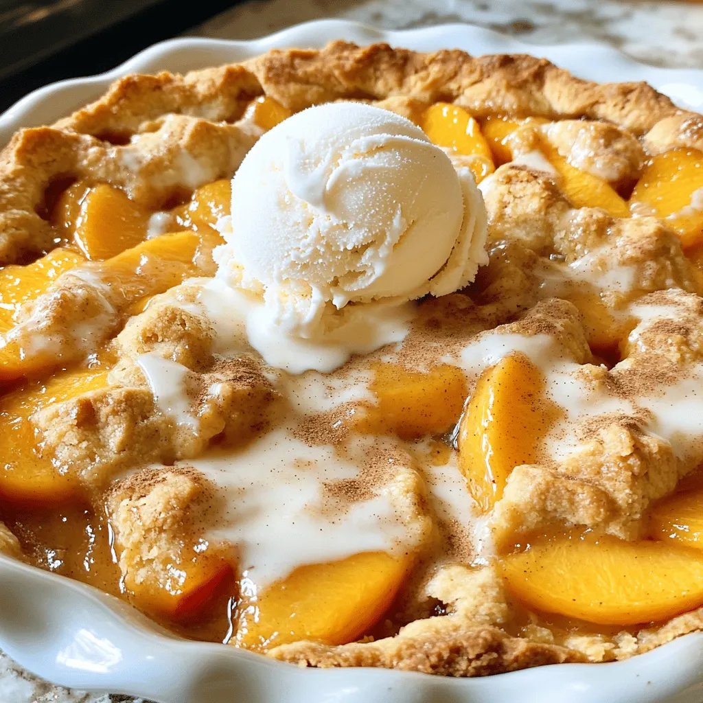 Für einen tollen Peach Cobbler brauchst du einige Grundzutaten. Hier sind sie: - 4 Tassen frische Pfirsiche, geschält und in Scheiben geschnitten - 1 Tasse Kristallzucker, aufgeteilt - 1 Teelöffel gemahlener Zimt - 1 Esslöffel Zitronensaft - 1 Tasse Weizenmehl - 1 Teelöffel Backpulver - 1/2 Teelöffel Salz - 1 Tasse Milch - 1/2 Tasse ungesalzene Butter, geschmolzen - 1 Teelöffel Vanilleextrakt - Optional: Vanilleeis zum Servieren Diese Zutaten sind einfach zu finden und machen dein Dessert köstlich. Die Mischung aus Pfirsichen und Zucker wird schön süß. Der Zimt und der Zitronensaft helfen, die Aromen zu heben. Ein kleiner Tipp für mehr Geschmack: Füge einen Esslöffel frischen Zitronensaft hinzu. Dieser bringt eine tolle Frische in den Cobbler. Du kannst auch etwas Muskatnuss für einen warmen, würzigen Geschmack hinzufügen. Experimentiere ruhig mit diesen Extras, um dein persönliches Geschmacksprofil zu finden. Die Wahl der Pfirsiche ist wichtig. Achte auf diese Tipps: - Wähle reife Pfirsiche mit einer schönen Farbe. - Sie sollten leicht weich sein, wenn du sanft drückst. - Vermeide Pfirsiche mit grünen Stellen oder Druckstellen. Reife Pfirsiche haben den besten Geschmack. Wenn du sie auswählst, rieche daran. Sie sollten süß duften. Wenn du frische Pfirsiche nicht findest, verwende Dosenpfirsiche in Sirup. Spüle sie gut ab, bevor du sie benutzt. So bleibt dein Cobbler frisch und lecker. Du kannst das vollständige Rezept für einen köstlichen Sommer-Pfirsich-Cobbler hier finden: [Full Recipe]. Heize deinen Ofen auf 190°C (375°F) vor. Nimm eine 23x33 cm große Auflaufform. Fette die Form gut ein. Butter oder Öl funktioniert prima. Dies hilft, dass der Cobbler nicht kleben bleibt. Schneide zuerst die frischen Pfirsiche in Scheiben. In einer großen Schüssel vermische die geschnittenen Pfirsiche mit 1/2 Tasse Zucker, gemahlenem Zimt und Zitronensaft. Rühre vorsichtig um, bis alle Pfirsiche gut bedeckt sind. Lass die Mischung etwa 10 Minuten ruhen. So nehmen die Pfirsiche die süßen Aromen auf. In einer anderen Schüssel vermische das Mehl, Backpulver, Salz und die restlichen 1/2 Tasse Zucker. Gieße dann die Milch, die geschmolzene Butter und den Vanilleextrakt dazu. Rühre alles vorsichtig zusammen. Der Teig sollte leicht klumpig sein, das ist in Ordnung. Gieße den Teig in die vorbereitete Form. Mische nicht um, damit der Teig schön bleibt. Die marinierten Pfirsiche löffelst du gleichmäßig über den Teig. Vergiss nicht, die Flüssigkeit mit hinzuzufügen. Jetzt hast du alles vorbereitet für einen leckeren Peach Cobbler. Du findest das vollständige Rezept [hier](Full Recipe). Gießen Sie den Teig in die vorbereitete Auflaufform. Stellen Sie sicher, dass der Boden gleichmäßig bedeckt ist. Es ist wichtig, nicht zu rühren. So bleibt der Teig leicht und luftig. Legen Sie die marinierten Pfirsiche gleichmäßig auf den Teig. Achten Sie darauf, die süße Flüssigkeit von den Pfirsichen auch hinzuzufügen. Diese Flüssigkeit wird beim Backen helfen, den Cobbler saftig zu machen. Backen Sie den Cobbler bei 190°C (375°F) für 40 bis 45 Minuten. Die Oberseite sollte goldbraun sein. Am Rand sollte es blubbern, was zeigt, dass alles gut durchgegart ist. Lassen Sie den Cobbler nach dem Backen einige Minuten abkühlen. Das gibt der Füllung Zeit, sich zu setzen. {{image_4}} Um den Cobbler perfekt hinzubekommen, achte auf die Qualität der Pfirsiche. Wähle reife, süße Pfirsiche für den besten Geschmack. Halte dich an die Mengenangaben im Rezept. Zu viel oder zu wenig Zucker kann den Geschmack verändern. Wenn du den Teig machst, rühre ihn nicht zu lange. Ein klumpiger Teig sorgt für eine lockere Struktur. Ein häufiger Fehler ist, die Pfirsiche nicht genug marinieren zu lassen. Dies hilft, den süßen Geschmack zu intensivieren. Auch zu viel Flüssigkeit kann den Cobbler matschig machen. Achte darauf, die Pfirsiche gleichmäßig über den Teig zu verteilen. Backe den Cobbler immer in einem vorgeheizten Ofen. So wird er gleichmäßig gar. Für die beste Präsentation serviere den Cobbler warm. Ein Klecks Vanilleeis darauf macht ihn besonders lecker. Streue etwas Zimt über das Eis für mehr Aroma. Du kannst auch frische Minzblätter als Garnitur verwenden. So sieht dein Dessert nicht nur gut aus, es schmeckt auch frisch und ansprechend. Wenn frische Pfirsiche nicht verfügbar sind, können Sie Dosenpfirsiche verwenden. Wählen Sie Pfirsiche in Saft, nicht in Sirup. Diese sind süßer und haben einen guten Geschmack. Sie können auch gefrorene Pfirsiche nutzen. Lassen Sie sie vorher auftauen und gut abtropfen. Dies hilft, die richtige Konsistenz zu erhalten. Sie können dem Cobbler verschiedene Geschmäcker geben. Fügen Sie Beeren wie Himbeeren oder Heidelbeeren hinzu. Diese ergänzen den süßen Geschmack der Pfirsiche. Für einen würzigeren Kick können Sie etwas Ingwer oder Muskatnuss hinzufügen. Experimentieren Sie mit verschiedenen Zuckern. Brauner Zucker gibt einen reicheren Geschmack. Für eine glutenfreie Version verwenden Sie Mandelmehl oder glutenfreies Mehl. Achten Sie darauf, dass alle anderen Zutaten auch glutenfrei sind. Wenn Sie eine vegane Option wünschen, ersetzen Sie die Milch durch pflanzliche Milch wie Mandel- oder Kokosmilch. Verwenden Sie vegane Butter oder Kokosöl anstelle der normalen Butter. Diese Anpassungen machen den Cobbler für jeden geeignet. Für das vollständige Rezept besuchen Sie die [Full Recipe]. Der Easy Peach Cobbler bleibt im Kühlschrank etwa 3 bis 4 Tage frisch. Achten Sie darauf, ihn gut abzudecken. Wenn Sie ihn länger aufbewahren möchten, können Sie ihn einfrieren. In einem luftdichten Behälter hält er sich bis zu 3 Monate. Vor dem Servieren einfach im Kühlschrank auftauen lassen und sanft aufwärmen. Ja, Sie können gefrorene Pfirsiche verwenden! Achten Sie darauf, sie vor der Verwendung aufzutauen. Lassen Sie die Pfirsiche gut abtropfen, um überschüssige Flüssigkeit zu vermeiden. Dies hilft, den Cobbler nicht zu wässrig zu machen. Gefrorene Pfirsiche sind eine tolle Option, wenn frische Pfirsiche nicht verfügbar sind. Servieren Sie den Cobbler warm aus dem Ofen. Ein Klecks Vanilleeis passt perfekt dazu und bringt eine tolle Kühle. Auch etwas Sahne oder Joghurt sind gute Alternativen. Für einen zusätzlichen Kick können Sie eine Prise Zimt darüberstreuen. Diese Kombination macht das Dessert noch leckerer und besonders! Der Easy Peach Cobbler ist eine einfache und köstliche Leckerei. Wir haben die Grundzutaten, die Zubereitung und die Backanleitung besprochen. Wichtig sind auch Tipps, um häufige Fehler zu vermeiden. Variationen und Alternativen machen das Rezept vielseitig. Serviere den Cobbler frisch und achte auf die perfekte Präsentation. Denke an die verschiedenen Geschmäcker, die du so abdecken kannst. Probiere es aus und genieße den fruchtigen Genuss!
