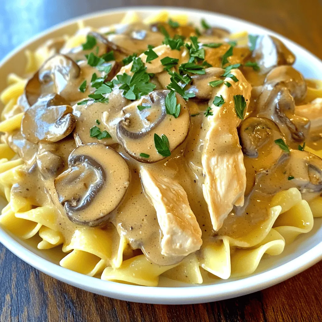 - Hähnchenbrust: Ich benutze immer frische Hähnchenbrustfilets. Sie sind zart und saftig. - Pilze: Cremini oder Champignons bringen einen tollen Geschmack. Sie fügen auch Textur hinzu. - Zwiebel und Knoblauch: Eine fein gehackte Zwiebel und frischer Knoblauch sind wichtig. Sie geben der Sauce Tiefe. - Hühnerbrühe und Schlagsahne: Diese beiden Zutaten machen die Sauce cremig. Die Brühe sorgt für Geschmack. - Sojasauce und Dijon-Senf: Diese fügen eine salzige Note hinzu. Sie verstärken den Umami-Geschmack. - Gewürze und Garnitur: Salz, Pfeffer und Paprika sind ein Muss. Frische Petersilie als Garnitur macht das Gericht bunt. Mit diesen Zutaten kannst du ein köstliches Gericht zaubern. Das komplette Rezept findest du im Abschnitt *Full Recipe*. Um dein Gericht gut vorzubereiten, beginne mit diesen Schritten: - Hähnchen in Streifen schneiden: Nimm die Hähnchenbrustfilets und schneide sie in dünne Streifen. Dies hilft beim gleichmäßigen Garen. - Zwiebeln und Knoblauch hacken: Hacke die Zwiebel fein. Nimm die Knoblauchzehen und zerkleinere sie ebenfalls. Die Aromen werden so besser freigesetzt. Jetzt geht es an die Zubereitung. Folge diesen Schritten für ein köstliches Ergebnis: - Hähnchen anbraten und beiseite stellen: Erhitze das Olivenöl in einer großen Pfanne. Füge die Hähnchenstreifen hinzu. Würze sie mit Salz, Pfeffer und Paprika. Brate sie etwa 5-7 Minuten, bis sie goldbraun sind. Nimm das Hähnchen aus der Pfanne und stelle es beiseite. - Zwiebel, Knoblauch und Pilze sautieren: In derselben Pfanne füge die gehackte Zwiebel und den Knoblauch hinzu. Sauté sie, bis die Zwiebel glasig ist, etwa 3-4 Minuten. Jetzt füge die geschnittenen Pilze hinzu und koche sie 5-6 Minuten, bis sie goldbraun sind. - Sauce köcheln und Hähnchen hinzufügen: Gieße die Hühnerbrühe und die Sojasauce in die Pfanne. Rühre den Dijon-Senf ein und bringe alles zum Köcheln. Reduziere die Hitze und füge die Schlagsahne hinzu. Lass die Sauce 4-5 Minuten köcheln, bis sie etwas dicker wird. Jetzt kannst du das Hähnchen wieder in die Pfanne geben. Wälze es in der cremigen Sauce und erwärme es nochmals 2 Minuten. Für das vollständige Rezept schau dir die Anleitung in der Sektion "Full Recipe" an. Um die Sauce perfekt cremig zu machen, wähle die richtige Hitze. Beginne mit mittlerer bis hoher Hitze, wenn du das Hähnchen anbrätst. So wird es schön goldbraun. Danach reduziere die Hitze auf mittel-niedrig, wenn du die Schlagsahne hinzufügst. Füge die Schlagsahne langsam hinzu. Das verhindert, dass die Sauce gerinnt. Rühre gut um, damit alles gleichmäßig bleibt. Lass die Sauce sanft köcheln, bis sie dicker wird. So erhältst du eine samtige Textur. Frische Kräuter bringen viel Geschmack. Füge zum Schluss grob gehackte Petersilie hinzu. Sie sorgt für eine frische Note und Farbe. Du kannst auch Variationen mit zusätzlichen Gemüsen ausprobieren. Zum Beispiel passen Erbsen oder Paprika gut dazu. Diese geben nicht nur Geschmack, sondern auch mehr Farbe. Mit diesen Tipps wird dein Hähnchen-Pilz-Stroganoff noch besser. Für das vollständige Rezept schaue dir den Full Recipe an. {{image_4}} Wenn du eine vegetarische Variante von Creamy Chicken Mushroom Stroganoff machen möchtest, ist das einfach. Du kannst das Hähnchen durch Tofu oder Quorn ersetzen. Diese Zutaten bieten eine ähnliche Textur und nehmen die Aromen gut auf. Schneide den Tofu in kleine Würfel oder verwende Quorn-Streifen. Brate sie in der Pfanne an, bis sie goldbraun sind. Danach folge dem Rezept wie gewohnt. Du wirst die cremige Sauce und den Geschmack lieben. Für eine glutenfreie Version kannst du einfach glutenfreie Sojasauce und Nudeln verwenden. Achte darauf, dass du die richtige Sojasauce wählst. Diese ist oft in Geschäften erhältlich. Bei den Nudeln kannst du glutenfreie Varianten aus Reis oder Mais nutzen. Koche sie nach Packungsanweisung, bevor du sie mit der cremigen Sauce kombinierst. So bleibt das Gericht für alle genießbar, ohne den Geschmack zu verlieren. Reste von deinem cremigen Hähnchen-Pilz-Stroganoff sind köstlich. Um sie frisch zu halten, lege die Reste in einen luftdichten Behälter. Achte darauf, dass der Behälter sauber und trocken ist. Stelle den Behälter sofort in den Kühlschrank. Dein Gericht bleibt so bis zu drei Tage lecker. Für die beste Frische lagere die Sauce und die Nudeln getrennt. Die Sauce kann in einem kleinen Behälter Platz finden. Die Nudeln solltest du in einem anderen Behälter aufbewahren. So verhindern wir, dass die Nudeln matschig werden. Diese Methode hilft, den Geschmack und die Textur zu bewahren. Wenn du die Reste wieder aufwärmst, erhitze sie in der Pfanne. So wird alles gleichmäßig warm. Hähnchen-Pilz-Stroganoff bleibt im Kühlschrank 3 bis 4 Tage frisch. Bewahre ihn in einem luftdichten Behälter auf. So bleibt der Geschmack erhalten und das Gericht bleibt lecker. Vor dem Servieren solltest du die Reste gründlich aufwärmen, um sicherzustellen, dass sie heiß sind. Ja, du kannst Hähnchen-Pilz-Stroganoff einfrieren. Teile das Gericht in Portionen auf und lege es in gefriergeeignete Behälter. Achte darauf, etwas Platz oben zu lassen, da sich die Sauce beim Gefrieren ausdehnt. Zum Auftauen lege das Gericht einfach über Nacht in den Kühlschrank. Erwärme es dann in einer Pfanne oder in der Mikrowelle. Zu Hähnchen-Pilz-Stroganoff passen viele Beilagen. Ich empfehle: - Gekochte Eiernudeln - Reis - Kartoffelpüree - Frisches Brot Diese Beilagen ergänzen den cremigen Geschmack des Stroganoffs perfekt. In diesem Blogbeitrag haben wir die wichtigsten Zutaten für Hähnchen-Pilz-Stroganoff besprochen. Wir haben das Rezept Schritt für Schritt durchgegangen und Tipps gegeben, um die Sauce perfekt zu machen. Variationen für Vegetarier und Glutenunverträgliche wurden ebenfalls vorgestellt. Das Kochen ist einfach und macht Spaß. Mit den richtigen Zutaten und etwas Kreativität kannst du viele leckere Gerichte zaubern. Genieße die Zubereitung und das Essen!