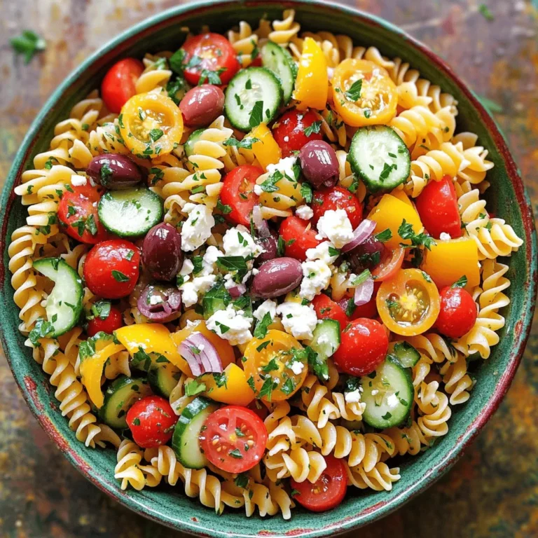 Für einen leckeren griechischen Pasta-Salat brauche ich die folgenden Zutaten: - 2 Tassen Rotini- oder Penne-Pasta - 1 Tasse Kirschtomaten, halbiert - 1 Gurke, gewürfelt - 1 Paprika (rot oder gelb), gewürfelt - 1/2 rote Zwiebel, fein gehackt - 1 Tasse Kalamata-Oliven, entsteint und in Scheiben geschnitten - 1 Tasse Fetakäse, zerbröselt - 1/4 Tasse frische Petersilie, gehackt Diese Zutaten bringen frische und Farbe auf den Teller. Die Pasta gibt dem Salat den nötigen Biss, während die Tomaten und die Gurke für Saftigkeit sorgen. Feta und Oliven fügen einen herzhaften Geschmack hinzu. Manchmal mag ich es, etwas Abwechslung reinzubringen. Hier sind einige optionale Zutaten: - Artischockenherzen, in Stücke geschnitten - Gegrillte Zucchini oder Auberginen, gewürfelt - Kapern für einen salzigen Kick - Avocado für Cremigkeit Diese Zutaten bieten neue Aromen und Texturen. Sie können leicht angepasst werden, je nach Vorliebe oder Saison. Der griechische Pasta-Salat ist nicht nur lecker, sondern auch nahrhaft. Hier einige Nährstoffe, die ich besonders schätze: - Protein: Durch den Feta-Käse und die Oliven. - Ballaststoffe: Die Gurke und die Paprika sind reich an Ballaststoffen. - Vitamine: Das Gemüse hat viele Vitamine, die gut für die Gesundheit sind. Dieser Salat ist perfekt als leichtes Mittagessen oder als Beilage zu Grillgerichten. Für das vollständige Rezept, schauen Sie sich den Full Recipe an! Um den Salat lecker zu machen, beginne mit der Pasta. Nimm einen großen Topf und fülle ihn mit Wasser. Füge eine Prise Salz hinzu und bringe das Wasser zum Kochen. Gib dann 2 Tassen Rotini- oder Penne-Pasta dazu. Koche die Pasta nach den Anweisungen auf der Verpackung, bis sie al dente ist. Das bedeutet, sie sollte weich, aber noch bissfest sein. Wenn sie fertig ist, gieße sie in ein Sieb ab. Spüle die Pasta kurz mit kaltem Wasser ab. Dies stoppt den Kochprozess und kühlt die Pasta. Während die Pasta kocht, kannst du das Gemüse schneiden. Nimm eine große Schüssel und gib die vorbereiteten Zutaten hinein. Halbiere 1 Tasse Kirschtomaten und würfle 1 Gurke. Schneide 1 Paprika in kleine Stücke und hacke 1/2 rote Zwiebel fein. Füge auch 1 Tasse Kalamata-Oliven hinzu. Diese Oliven geben dem Salat einen tollen Geschmack. Vermische alles gut, damit die Farben schön leuchten. Jetzt kommt der spannende Teil – das Dressing! In einer kleinen Schüssel vermische 1/4 Tasse Olivenöl, 2 Esslöffel Rotweinessig oder Zitronensaft. Füge 1 Teelöffel getrockneten Oregano hinzu. Würze das Dressing mit Salz und Pfeffer nach Geschmack. Rühre alles gut um, bis die Zutaten gut vermischt sind. Gieße das Dressing über die Pasta und das Gemüse. Mische alles sanft, damit jeder Bissen Geschmack hat. Lass den Salat für mindestens 30 Minuten im Kühlschrank ziehen. So werden die Aromen noch besser. Du kannst den Salat kalt oder bei Zimmertemperatur servieren. Für die vollständige Zubereitung des griechischen Pasta-Salats sieh dir das [Full Recipe] an. Um den besten griechischen Pasta-Salat zu machen, sind einige Dinge wichtig. Kochen Sie die Pasta nur bis al dente. Das gibt der Pasta die perfekte Textur. Je länger Sie sie kochen, desto matschiger wird sie. Spülen Sie die Pasta nach dem Kochen mit kaltem Wasser ab. So stoppen Sie das Kochen und kühlen die Pasta schnell ab. Mischen Sie das Gemüse gut. Dies sorgt für einen gleichmäßigen Geschmack. Schneiden Sie die Kirschtomaten, Gurken und Paprika in gleich große Stücke. Das hilft, dass der Salat gut aussieht. Achten Sie darauf, frische Zutaten zu verwenden. Je frischer das Gemüse, desto besser der Geschmack. Servieren Sie den Salat in einer großen, bunten Schüssel. Das macht ihn einladend. Garnieren Sie ihn mit frischen Kräutern oder zusätzlichen Oliven. Dies fügt Farbe hinzu. Ich empfehle, den Salat kalt oder bei Zimmertemperatur zu servieren. Es macht ihn erfrischend, besonders an warmen Tagen. Sie können den Salat auch in Einzelportionen anrichten. So sieht jeder Teller schön aus. Eine weitere Idee ist, den Salat als Beilage zu Grillgerichten zu servieren. Er passt gut zu Fleisch oder Fisch. Ein häufiger Fehler ist, die Pasta zu lange zu kochen. Dies macht sie weich und weniger schmackhaft. Ein weiterer Fehler ist, das Dressing zu früh hinzuzufügen. Warten Sie bis kurz vor dem Servieren. So bleiben die Zutaten frisch und knackig. Vermeiden Sie es auch, zu viel Dressing zu verwenden. Es kann den Salat matschig machen. Beginnen Sie mit weniger und fügen Sie bei Bedarf mehr hinzu. Ein guter Pasta-Salat sollte leicht und frisch sein. Für die vollständige Rezeptanleitung schauen Sie sich das Rezept "Mediterranes Fiesta-Pasta-Salat" an. {{image_4}} Um den griechischen Pasta-Salat noch mehr zu verbessern, können Sie mediterrane Zutaten hinzufügen. Artischockenherzen sind eine tolle Wahl. Sie bringen einen herzhaften Geschmack. Gegrillte Zucchini und Auberginen fügen Textur und Geschmack hinzu. Fügen Sie frische Basilikumblätter hinzu, um einen extra Frischekick zu geben. Auch Kapern sind eine großartige Ergänzung. Diese kleinen, salzigen Knollen verleihen dem Salat einen besonderen Charakter. Wenn Sie vegan essen, ist das kein Problem! Lassen Sie den Feta-Käse einfach weg oder verwenden Sie einen pflanzlichen Käse. Für glutenfreie Optionen wählen Sie glutenfreie Pasta. Diese Pasta gibt es in vielen Varianten, wie aus Reis oder Linsen. So bleibt der Salat für alle genießbar. Saisonale Zutaten machen Ihren Salat interessant und frisch. Im Sommer sind reife Tomaten und Gurken perfekt. Im Herbst können Sie Kürbiswürfel oder geröstete Süßkartoffeln verwenden. Im Winter sind Rote Bete und Brokkoli tolle Ergänzungen. Diese Variationen bringen Abwechslung und neue Aromen in Ihr Gericht. Spielen Sie mit den Zutaten und finden Sie Ihre Lieblingskombination! Für das vollständige Rezept schauen Sie sich den [Full Recipe] an. Um deinen Pasta-Salat frisch zu halten, lege ihn in einen luftdichten Behälter. So bleibt er länger knackig. Stelle sicher, dass der Salat abgekühlt ist, bevor du ihn in den Kühlschrank stellst. Die ideale Temperatur liegt bei etwa 4 Grad Celsius. Wenn du ihn kühl lagern möchtest, halte ihn bis zu drei Tage frisch. Der Pasta-Salat hält sich im Kühlschrank etwa 2 bis 3 Tage. Nach dieser Zeit kann er weich werden oder die Aromen verlieren. Ich empfehle, den Salat vor dem Servieren zu probieren. Wenn er frisch schmeckt, kannst du ihn genießen. Achte darauf, dass du ihn gut abdeckst, um Gerüche aus dem Kühlschrank zu vermeiden. Das Einfrieren von Pasta-Salat ist nicht ideal, da die Textur leiden kann. Gekochte Pasta wird oft matschig, wenn sie aufgetaut wird. Wenn du dennoch Reste einfrieren möchtest, empfehle ich, die Dressing-Zutaten getrennt zu lagern. So kannst du die frischen Aromen beim Servieren wieder hinzufügen. Du kannst den Salat bis zu einem Monat einfrieren, aber die Qualität wird nicht so gut sein wie frisch zubereitet. Um die beste griechische Pasta-Salat-Dressing zu machen, mische einfach Olivenöl, Rotweinessig, getrockneten Oregano, Salz und Pfeffer. Ich verwende ein kleines Schüsselchen und einen Schneebesen. Das hilft, alles gut zu vermengen. Du kannst auch Zitronensaft statt Essig nutzen. Dies gibt dem Dressing einen frischen Geschmack. Lass die Mischung kurz stehen, damit sich die Aromen verbinden. Ja, du kannst den Salat im Voraus zubereiten. Am besten bereitest du ihn einige Stunden vorher zu. So können die Aromen gut ziehen. Decke den Salat ab und stelle ihn in den Kühlschrank. Er bleibt frisch und lecker für bis zu zwei Tage. Wenn du ihn servieren möchtest, rühre ihn einfach kurz um. Griechischer Pasta-Salat passt gut zu vielen Beilagen. Du kannst ihn mit gegrilltem Hähnchen, Fisch oder Gemüse servieren. Auch Fladenbrot oder Pita sind tolle Begleiter. Wenn du eine leichte Mahlzeit möchtest, ist ein grüner Salat perfekt. Du kannst auch Tzatziki als Dip dazu anbieten. Diese Kombination macht das Essen noch leckerer. Du findest das vollständige Rezept [Full Recipe] hier. Zusammenfassend haben wir die Hauptzutaten für den griechischen Pasta-Salat sowie Zubereitungsschritte und Tipps besprochen. Ich hoffe, die Variationen inspirieren dich, neue Geschmäcker zu entdecken. Denke daran, die besten Zutaten zu wählen und beim Lagern vorsichtig zu sein. So bleibt dein Pasta-Salat frisch und lecker. Probiere verschiedene Dressings und Ergänzungen aus. Viel Spaß beim Kochen und Genießen!