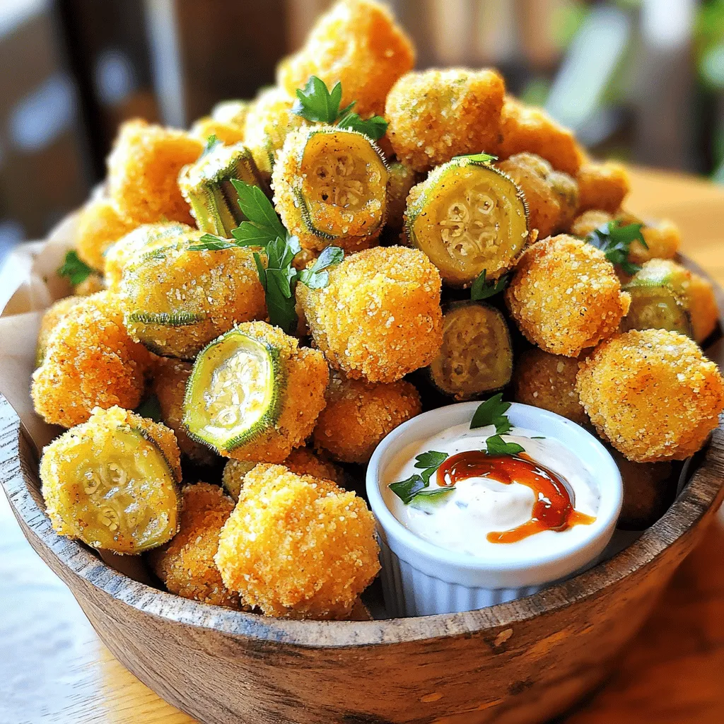- 450 g frische Okra - 240 ml Buttermilch - 120 g Maismehl Die Hauptzutaten für die Crispy Fried Okra Bites sind einfach. Ich nutze frische Okra, um den besten Geschmack zu erzielen. Die Buttermilch macht die Okra zart und gibt ihr einen tollen Geschmack. Das Maismehl sorgt für die perfekte knusprige Hülle. - 1 Teelöffel Knoblauchpulver - 1 Teelöffel Zwiebelpulver - 1 Teelöffel geräuchertes Paprikapulver Die Gewürze bringen viel Geschmack. Knoblauchpulver und Zwiebelpulver sind einfach und lecker. Geräuchertes Paprikapulver gibt der Okra einen besonderen Kick. Diese Mischung macht die Bissen besonders schmackhaft. - Pflanzenöl - Tipps zur Auswahl von Frittieröl Ich empfehle, Pflanzenöl zu verwenden. Es hat einen hohen Rauchpunkt und eignet sich gut zum Frittieren. Achte darauf, dass das Öl frisch ist. Altes Öl kann den Geschmack ruinieren. Ein gutes Öl macht einen großen Unterschied für das Endergebnis. Du kannst die vollständige Anleitung im Full Recipe finden. Zuerst nehme ich die frische Okra und schneide sie in 1,5 cm dicke Runden. Dann lege ich die geschnittene Okra in eine Schüssel. Ich gieße 240 ml Buttermilch darüber. Die Okra lässt man nun mindestens 30 Minuten marinieren. Diese einfache Marinade macht die Okra zart und lecker. Nach der Marinierzeit lasse ich die Okra gut abtropfen, um überschüssige Flüssigkeit zu entfernen. In einer großen Schüssel mische ich die trockenen Zutaten. Dafür nehme ich 120 g Maismehl, 60 g Weizenmehl, 1 Teelöffel Knoblauchpulver, 1 Teelöffel Zwiebelpulver, 1 Teelöffel geräuchertes Paprikapulver und 1/2 Teelöffel Cayennepfeffer. Ich füge auch Salz und frisch gemahlenen schwarzen Pfeffer nach Geschmack hinzu. Diese Mischung sorgt für die perfekte knusprige Textur der Okra-Bissen. Ich erhitze etwa einen Zentimeter Pflanzenöl in einer tiefen Pfanne. Die Temperatur sollte etwa 175 °C betragen. Um die Temperatur zu überprüfen, kann ich einen Holzlöffel ins Öl halten. Wenn sich Bläschen bilden, ist das Öl bereit. Ich nehme die Okra aus der Buttermilch und wende sie in der Paniermischung. Dann lasse ich vorsichtig eine Handvoll der panierten Okra in das heiße Öl gleiten. Ich achte darauf, die Pfanne nicht zu überfüllen. So frittieren die Bissen gleichmäßig. Nach 3-4 Minuten sind sie goldbraun und knusprig. Mit einem Schaumlöffel hebe ich die frittierten Okra aus dem Öl und lasse sie auf Küchenpapier abtropfen. Ich wiederhole den Vorgang, bis alle Okra frittiert sind. - Ölsorte und -temperatur: Wählen Sie Pflanzenöl mit hohem Rauchpunkt, wie Sonnenblumenöl oder Erdnussöl. Erhitzen Sie das Öl auf 175 °C. Diese Temperatur sorgt für knusprige Okra-Bissen. Ein Küchenthermometer hilft, die Temperatur genau zu prüfen. - Vermeidung von Überfüllung: Frittieren Sie die Okra in kleinen Mengen. Zu viele Stücke auf einmal senken die Temperatur des Öls. Das führt zu weniger knusprigen Bissen. Lassen Sie genug Platz, damit die Okra gleichmäßig bräunen kann. - Tipps zur Knusprigkeit: Um die Knusprigkeit zu erhöhen, verwenden Sie eine Mischung aus Maismehl und Weizenmehl. Maismehl gibt extra Crunch. Lassen Sie die Okra nach dem Panieren einige Minuten ruhen, bevor Sie sie frittieren. - Alternative Paniermethoden: Experimentieren Sie mit Panko oder zerkleinerten Chips. Diese Alternativen können die Textur verändern und mehr Geschmack bringen. Sie können auch Gewürze in die Panade mischen, um mehr Tiefe zu schaffen. - Begleitend zur Präsentation: Servieren Sie die frittierten Okra-Bissen in einem rustikalen Korb. Legen Sie Backpapier hinein, um das Fett aufzusaugen. Fügen Sie ein kleines Ramekin mit Dip hinzu, wie Ranch-Dressing oder Sriracha-Mayo. Das sorgt für eine schöne Präsentation und einen tollen Geschmack. - Frittiertes als Snack oder Beilage: Diese Okra-Bissen sind perfekt als Snack oder als Beilage zu Hauptgerichten. Sie passen gut zu Barbecue oder als Teil eines Buffets. Sie können sie auch auf einem Grillabend anbieten, um Ihre Gäste zu begeistern. {{image_4}} Cayennepfeffer bringt einen tollen Kick. Du kannst die Menge je nach deinem Geschmack anpassen. Ein kleiner Löffel sorgt für etwas Wärme. Wenn du mehr magst, füge einfach mehr hinzu. Kräuter sind eine weitere gute Option. Frische Kräuter wie Thymian oder Oregano passen gut zu Okra. Diese Kräuter geben deinem Snack auch mehr Aroma. Du kannst sie in die Paniermischung einarbeiten oder einfach darüber streuen. Wenn du eine vegane Version machen möchtest, ersetze die Buttermilch. Eine gute Wahl wäre ungesüßte Pflanzenmilch mit einem Spritzer Zitronensaft. Lass das Ganze für etwa fünf Minuten stehen. Das sorgt für die gleiche Konsistenz wie Buttermilch. Für glutenfreie Optionen verwende einfach glutenfreies Mehl. Viele Marken bieten tolle Mischungen an, die sich gut für Frittieren eignen. So kannst du das Rezept anpassen, ohne auf den Geschmack zu verzichten. Dips machen die Okra-Bissen noch besser. Beliebte Dips sind Ranch-Dressing und Sriracha-Mayo. Sie sind einfach zu finden und passen gut zu den knusprigen Bissen. Wenn du etwas Eigenes machen möchtest, probiere einen Joghurt-Dip. Mische griechischen Joghurt mit Zitronensaft, Knoblauch und frischen Kräutern. Das ist frisch und lecker. Für die vollständige Anleitung, schau dir das Rezept für Krosse Okra-Bissen an. Um Ihre knusprigen Okra-Bissen aufzubewahren, gibt es einige einfache Schritte. Nach dem Abkühlen können Sie die übrig gebliebenen Bissen in einen luftdichten Behälter legen. Legen Sie ein Papiertuch unten ein, um Feuchtigkeit zu absorbieren. So bleiben die Bissen länger knusprig. - Kühlschrank: Die Okra-Bissen halten sich im Kühlschrank bis zu drei Tage. - Gefrieroptionen: Für längere Lagerung können Sie die Bissen einfrieren. Legen Sie sie vor dem Einfrieren in eine einzige Schicht auf ein Backblech. So kleben sie nicht zusammen. Nach dem Einfrieren können Sie sie in einen Gefrierbeutel umfüllen. Um matschige Bissen zu vermeiden, lassen Sie die Okra zuerst vollständig auskühlen. Vermeiden Sie es, sie in einem geschlossenen Behälter zu lagern, solange sie noch warm sind. Wenn es Zeit ist, die frittierten Okra-Bissen wieder aufzuwärmen, gibt es einige Tricks. Der beste Weg ist, sie im Ofen aufzuwärmen. Heizen Sie den Ofen auf 180 °C vor. Legen Sie die Bissen auf ein Backblech und backen Sie sie für etwa 10 bis 15 Minuten. - Bester Weg zum Aufwärmen: Im Ofen bleiben die Bissen knusprig und schmecken wie frisch zubereitet. - Vermeidung von Verlust der Knusprigkeit: Vermeiden Sie die Mikrowelle, da sie die Bissen weich macht. Die Hitze im Ofen ist ideal, um die Knusprigkeit wiederherzustellen. Für mehr Details und die gesamte Zubereitung, schauen Sie sich das Full Recipe an. Frittierte Okra-Bissen sind im Kühlschrank etwa 3-4 Tage haltbar. Achte darauf, sie in einem luftdichten Behälter zu lagern. So bleiben sie frisch und lecker. Wenn du sie länger aufbewahren möchtest, friere sie ein. So kannst du sie bis zu 3 Monate aufbewahren. Ja, du kannst gefrorene Okra verwenden. Sie sind oft schon vorbereitet und brauchen keine Marinade. Du solltest sie jedoch vorher auftauen und gut abtropfen lassen. Das hilft, überschüssiges Wasser zu vermeiden. Dies sorgt dafür, dass die Bissen schön knusprig werden. Wenn du gefrorene Okra frittierst, passe die Frittierzeit an. Frittier sie ein wenig länger, bis sie goldbraun sind. Beliebte Dips für Okra-Bissen sind Ranch-Dressing und Sriracha-Mayo. Diese Dips passen gut zur knusprigen Textur der Okra. Du kannst auch einen würzigen Joghurt-Dip machen. Mische Joghurt mit Knoblauch und Zitronensaft. Das gibt einen frischen Geschmack. Wenn du etwas Neues ausprobieren möchtest, versuche einen Avocado-Dip. Er ist cremig und voller Geschmack. In diesem Blogbeitrag haben wir über die Zubereitung knuspriger Okra-Bissen gesprochen. Wir haben die Hauptzutaten, die Zubereitung, Tipps für die perfekte Textur und Variationen behandelt. Du hast gelernt, wie man die Okra marinieren, panierieren und frittieren kann. Denke daran, die richtigen Gewürze und Dips zu wählen, um den Geschmack zu verbessern. Probiere die Tipps zur Aufbewahrung und Wiedererwärmung aus, um die Knusprigkeit zu erhalten. Fritte die Okra und genieße sie als Snack oder Beilage!