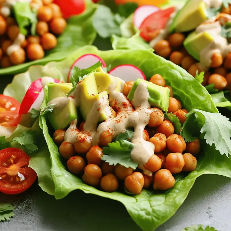 Für diese leckeren Salatwickel brauchst du einige einfache Zutaten. Hier sind die Grundzutaten: - 1 Dose (425 g) Kichererbsen, abgetropft und abgespült - 1 Esslöffel Olivenöl - 1 Teelöffel Kreuzkümmelpulver - 1 Teelöffel geräuchertes Paprikapulver - 1/2 Teelöffel Cayennepfeffer (nach Geschmack anpassen) - Salz und Pfeffer nach Geschmack - 1 Esslöffel Tahini - 1 Esslöffel Zitronensaft - 1/4 Tasse rote Zwiebel, fein gehackt - 1 Jalapeño, entkernt und fein gehackt - 1/4 Tasse frischer Koriander, gehackt - 8-10 große Blätter Salat (wie Römersalat oder Buttersalat) Diese Zutaten sorgen für einen tollen Geschmack und eine schöne Textur. Manchmal will ich die Salatwickel noch besser machen. Hier sind einige tolle Toppings: - Gewürfelte Avocado - Gewürfelte Tomaten - Geschnittene Radieschen Diese Toppings geben zusätzlichen Geschmack und Farbe. Du kannst sie nach Lust und Laune hinzufügen. Wenn du einige Zutaten nicht hast, keine Sorge! Es gibt einfache Alternativen. - Anstelle von Kichererbsen kannst du schwarze Bohnen verwenden. - Wenn du kein Olivenöl magst, probiere Sonnenblumenöl. - Statt Jalapeño kannst du auch Paprika verwenden, wenn du es milder magst. So bleibt das Rezept flexibel und lecker! Für die vollständige Anleitung und Zubereitung, schau dir das Rezept für würzige Kichererbsen-Salatwickel an. Um die Kichererbsen-Mischung vorzubereiten, erhitze zuerst das Olivenöl in einer Pfanne. Verwende mittlere Hitze, um ein Anbrennen zu vermeiden. Gib dann die abgetropften Kichererbsen in die Pfanne. Die Kichererbsen werden mit Kreuzkümmel, geräuchertem Paprikapulver, Cayennepfeffer, Salz und Pfeffer gewürzt. Brate alles für etwa 5 bis 7 Minuten. Rühre regelmäßig um, bis die Kichererbsen leicht knusprig sind. Diese Schritte sorgen für einen reichen Geschmack. Die Tahini-Sauce ist einfach und lecker. Nimm eine kleine Schüssel und füge Tahini und Zitronensaft hinzu. Mische beides gut. Füge einen kleinen Schuss Wasser hinzu, um die Sauce cremig zu machen. Wenn die Sauce zu dick ist, kannst du mehr Wasser hinzufügen. Rühre weiter, bis die Mischung glatt ist. Diese Sauce bringt Frische und einen tollen Geschmack in die Salatwickel. Jetzt ist es Zeit, die Salatwickel zusammenzustellen. Nimm ein großes Salatblatt, wie Römersalat oder Buttersalat. Gib eine großzügige Portion der Kichererbsen-Mischung in die Mitte des Blattes. Beträufle die Mischung mit der Tahini-Sauce. Du kannst auch optionale Toppings hinzufügen. Avocado, Tomaten oder Radieschen passen gut. Klappe das Blatt vorsichtig zusammen und serviere die Salatwickel sofort. Sie schmecken am besten, wenn sie warm sind. Für das vollständige Rezept sieh dir die [Full Recipe] an. Um die Kichererbsen knusprig zu machen, benutze eine heiße Pfanne. Erhitze das Olivenöl gut, bevor du die Kichererbsen hinzufügst. Achte darauf, dass die Kichererbsen gut abgetropft sind. Feuchtigkeit macht sie weich. Brate sie etwa 5-7 Minuten lang und rühre sie regelmäßig um. So erhalten sie eine tolle Textur. Wenn du es noch knuspriger magst, kannst du die Kichererbsen nach dem Braten im Ofen rösten. Ein häufiger Fehler ist, die Kichererbsen zu früh in die Pfanne zu geben. Warte, bis das Öl heiß ist. Ein anderer Fehler ist, die Kichererbsen nicht genug zu würzen. Verwende Salz und Pfeffer großzügig. Auch das Ignorieren der Zubereitung der Tahini-Sauce kann schiefgehen. Diese Sauce bringt Geschmack und Cremigkeit. Sie sollte nicht zu dick sein, also füge Wasser nach Bedarf hinzu. Wähle große und frische Salatblätter für deine Wickel. Römersalat und Buttersalat sind besonders gut. Sie sind stabil und halten die Füllung gut. Achte darauf, dass die Blätter unbeschädigt sind. Vermeide welke oder braune Blätter. Wenn du einen knackigen Biss magst, kannst du auch Eisbergsalat verwenden. Es gibt viele Möglichkeiten, aber die Blätter sollten immer frisch sein. {{image_4}} Du kannst die Kichererbsen-Salatwickel leicht vegan und glutenfrei machen. Die Zutaten sind bereits pflanzlich. Achte darauf, dass die Tahini und die Gewürze keine Gluten enthalten. Du kannst die Salatblätter nach Wunsch auswählen. Römersalat und Buttersalat sind perfekt. Die Füllung ist vielseitig. Du kannst auch andere Hülsenfrüchte verwenden. Linsen oder schwarze Bohnen sind tolle Alternativen. Füge geröstetes Gemüse oder Quinoa hinzu, um die Füllung zu variieren. Das gibt einen neuen Geschmack und mehr Textur. Experimentiere mit verschiedenen Gewürzen. Füge Koriander oder Garam Masala hinzu. Diese Gewürze geben einen neuen Kick. Du kannst auch frische Kräuter wie Minze oder Petersilie verwenden. Das bringt Frische und Aroma in deine Salatwickel. Um die Würzigen Kichererbsen-Salatwickel frisch zu halten, lege sie in einen luftdichten Behälter. So bleiben die Blätter knackig. Wenn du die Füllung aufbewahrst, behalte sie getrennt von den Blättern. Das hilft, die Blätter vor dem Welken zu schützen. Stelle sicher, dass die Salatwickel bei Raumtemperatur nicht länger als zwei Stunden stehen. Bei warmem Wetter solltest du sie noch schneller kühlen. Lagere die Kichererbsen-Mischung im Kühlschrank bis zu drei Tage. Die Salatblätter bleiben frisch, wenn du sie in ein feuchtes Küchentuch wickelst. Wenn du die Füllung wieder erhitzen möchtest, nimm eine Pfanne. Erwärme die Mischung bei mittlerer Hitze, bis sie warm ist. Vermeide das Mikrowellen, da das die Textur der Kichererbsen beeinträchtigen kann. Serviere die warme Füllung in frischen Salatblättern. So bleiben die Salatwickel lecker und ansprechend. Du kannst das gesamte Rezept hier finden: [Full Recipe]. Die Kichererbsen-Salatwickel bleiben im Kühlschrank etwa drei Tage frisch. Bewahre sie in einem luftdichten Behälter auf. Achte darauf, die Salatblätter nicht zu lange mit der Füllung zu mischen. So bleiben sie knackig und lecker. Ja, du kannst die Kichererbsen-Mischung im Voraus zubereiten. Koche sie und lass sie abkühlen. Fülle die Mischung dann in einen Behälter. Du kannst sie bis zu zwei Tage im Kühlschrank aufbewahren. Die Salatblätter solltest du jedoch frisch halten und erst kurz vor dem Servieren füllen. Zu diesen Salatwickeln passen viele Beilagen. Probiere eine frische Guacamole oder einen einfachen Joghurt-Dip. Auch etwas Reis oder Quinoa passt gut. Ein knackiger Salat rundet das Gericht perfekt ab. Du kannst auch etwas frisches Brot reichen, um die Aromen zu ergänzen. Für das komplette Rezept, schaue dir den Full Recipe an. Dieser Artikel hat dir gezeigt, wie du würzige Kichererbsen-Salatwickel machst. Ich habe die besten Zutaten, Tipps und Variationen erklärt. Auch die Lagerung und häufige Fragen habe ich beantwortet. Kichererbsen-Salatwickel sind einfach und gesund. Experimentiere mit verschiedenen Toppings und Füllungen. Viel Spaß beim Ausprobieren!