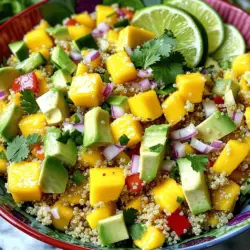 Für einen schnellen Mango-Quinoa-Salat benötigst du frische, leckere Zutaten. Diese sorgen für den besten Geschmack und die richtige Textur. Hier sind die Hauptzutaten: - 1 Tasse Quinoa, gut abgespült - 1 reife Mango, gewürfelt - 1 Avocado, gewürfelt - 1 rote Paprika, gehackt - 1/2 Tasse Gurke, gewürfelt - 1/4 Tasse rote Zwiebel, fein gehackt - 1/4 Tasse frischer Koriander, gehackt - 2 Esslöffel Limettensaft - 2 Esslöffel Olivenöl - Salz und Pfeffer nach Geschmack Quinoa ist ein tolles, gesundes Getreide. Mango und Avocado bringen Süße und Cremigkeit. Das Gemüse gibt dem Salat Crunch. Gewürze wie Limettensaft und Olivenöl machen alles frisch. Du kannst diesen Salat für vier Personen zubereiten. Hier sind die genauen Maßangaben, um sicherzustellen, dass jeder genug hat: - Quinoa: 1 Tasse - Wasser oder Gemüsebrühe: 2 Tassen - Mango: 1 Stück - Avocado: 1 Stück - Rote Paprika: 1 Stück - Gurke: 1/2 Tasse - Rote Zwiebel: 1/4 Tasse - Koriander: 1/4 Tasse - Limettensaft: 2 Esslöffel - Olivenöl: 2 Esslöffel - Salz und Pfeffer: nach Geschmack Nährwertinformationen sind wichtig. Dieser Salat ist reich an Ballaststoffen und Vitaminen. Quinoa liefert Eiweiß. Mango und Avocado bieten gesunde Fette. Damit ist dieser Salat nicht nur lecker, sondern auch nahrhaft. Du findest die vollständige Anleitung in der [Full Recipe]. Um Quinoa richtig zu kochen, bringe zuerst 2 Tassen Wasser oder Gemüsebrühe in einem mittelgroßen Topf zum Kochen. Wenn das Wasser kocht, füge 1 Tasse gut abgespülte Quinoa hinzu. Reduziere die Hitze auf niedrig. Decke den Topf ab und lasse die Mischung 15 Minuten köcheln. Nach der Kochzeit sollte die gesamte Flüssigkeit aufgesogen sein. Nimm den Topf vom Herd und lasse die Quinoa 5 Minuten ruhen. Danach lockere die Quinoa mit einer Gabel auf. So wird sie fluffig und lecker. Während die Quinoa kocht, kannst du das Gemüse vorbereiten. Schneide die Mango, Avocado und Gurke in kleine Würfel. Hacke die rote Paprika und die rote Zwiebel fein. Für den Koriander kannst du die Blätter abzupfen und dann grob hacken. Achte darauf, dass alle Stücke gleich groß sind. Das macht den Salat schön und gleichmäßig. Jetzt kommt das Beste: das Dressing! Nimm eine kleine Schüssel. Gieße 2 Esslöffel Limettensaft und 2 Esslöffel Olivenöl hinein. Füge Salz und Pfeffer nach Geschmack hinzu. Verquirle alles gut mit einer Gabel oder einem kleinen Schneebesen. Das Dressing sollte gut vermischt und cremig sein. Es wird dem Salat einen frischen Geschmack geben. Für das gesamte Rezept kannst du die [Full Recipe] ansehen. Um den perfekten Mango Quinoa Salat zu machen, ist das richtige Kochen von Quinoa wichtig. - Quinoa richtig kochen: Beginne mit 1 Tasse Quinoa. Spüle sie gut ab, um die Bitterstoffe zu entfernen. Koche sie dann in 2 Tassen Wasser oder Gemüsebrühe. Bring die Flüssigkeit zum Kochen, reduziere die Hitze und decke den Topf ab. Lass es 15 Minuten köcheln. Danach nimm den Topf vom Herd und lass die Quinoa 5 Minuten ruhen. Lockere sie dann mit einer Gabel auf. - Kombination von Aromen: Der Salat lebt von frischen und bunten Zutaten. Die süße Mango harmoniert perfekt mit der cremigen Avocado. Rote Paprika bringt eine knackige Textur und Farbe. Koriander fügt einen tollen Geschmack hinzu. Wenn du deinen Salat anpassen möchtest, gibt es viele Möglichkeiten. - Vorschläge für Zusatzinhalte: Du kannst schwarze Bohnen oder Kichererbsen für mehr Eiweiß hinzufügen. Ein paar Nüsse oder Samen geben extra Crunch. - Substitutions: Wenn du keine Mango hast, probiere Ananas oder Pfirsiche aus. Diese Früchte bringen auch eine süße Note. Limettensaft kann durch Zitronensaft ersetzt werden, wenn nötig. Diese Tipps helfen dir, deinen Mango Quinoa Salat immer wieder neu zu gestalten! {{image_4}} Möchtest du den Salat noch nährstoffreicher machen? Füge einige eiweißreiche Zutaten hinzu. Kichererbsen sind eine tolle Wahl. Sie bringen einen herzhaften Geschmack und viele Proteine. Auch schwarze Bohnen sind eine gute Option. Sie machen den Salat sättigender. Du kannst auch geröstete Nüsse oder Samen hinzufügen. Diese geben dem Salat einen tollen Crunch. Der Salat ist vielseitig und leicht anpassbar. Nutze saisonales Gemüse und Obst für mehr Frische. Im Sommer sind frische Tomaten und Zucchini großartig. Sie bringen Farbe und Geschmack. Im Herbst kannst du Kürbiswürfel hinzufügen. Diese passen gut zur Mango und geben einen süßen, herzhaften Geschmack. Nutze, was die Saison bietet, um deinen Salat noch besser zu machen. So bleibt dein Salat immer spannend und lecker! Für das komplette Rezept schau dir den [Full Recipe] an. Um den Mango Quinoa Salat frisch zu halten, nutzen Sie luftdichte Behälter. Glasbehälter sind ideal, da sie keine Gerüche aufnehmen. Stellen Sie sicher, dass der Salat vollständig abgekühlt ist, bevor Sie ihn lagern. Dies verhindert Kondensation, die den Salat matschig macht. Trennen Sie das Dressing vom Salat, wenn Sie ihn länger aufbewahren möchten. So bleibt die Frische und der Geschmack erhalten. Wie lange bleibt der Salat frisch? Im Kühlschrank bleibt der Mango Quinoa Salat etwa 3 bis 5 Tage frisch. Nach dieser Zeit kann die Qualität abnehmen. Die Mango und Avocado können weich werden. Überprüfen Sie den Salat vor dem Essen auf Anzeichen von Verderb. Wenn er unangenehm riecht oder die Farbe ändert, sollten Sie ihn entsorgen. Um die Haltbarkeit zu verlängern, essen Sie den Salat am besten innerhalb von 2 bis 3 Tagen. So haben Sie den besten Geschmack und die beste Textur. Die Zubereitung eines Mango-Quinoa-Salats dauert insgesamt etwa 30 Minuten. Die Vorbereitungszeit beträgt etwa 10 Minuten. Dabei kochst du die Quinoa in 15 Minuten. Während die Quinoa kocht, kannst du das Gemüse und die Mango vorbereiten. Ja, du kannst Quinoa im Voraus kochen. Koche eine größere Menge und lagere sie im Kühlschrank. Quinoa bleibt bis zu fünf Tage frisch. Achte darauf, sie in einem luftdichten Behälter aufzubewahren. So sparst du Zeit, wenn du den Salat zubereitest. Du kannst viele Obstsorten hinzufügen. Probiere Ananas, Papaya oder sogar Erdbeeren. Diese Früchte bringen einen frischen Geschmack in den Salat. Auch Orangen oder Granatapfelkerne sind tolle Ergänzungen. Sie geben dem Salat eine schöne Farbe und zusätzlichen Crunch. Für das komplette Rezept, schau dir den [Full Recipe] an. Der Mango-Quinoa-Salat ist eine köstliche und gesunde Auswahl. Die Zutaten wie Quinoa, Mango und Avocado ergeben ein tolles Gericht. Wir haben gelernt, wie man Quinoa kocht und das Gemüse richtig vorbereitet. Tipps helfen, den Salat perfekt zu machen. Variationen sind einfach, ob vegan oder saisonal. Mit den richtigen Lagertipps bleibt der Salat frisch. Der Aufwand ist gering, und die Ergebnisse sind großartig. Probier es selbst aus und genieße den Geschmack!