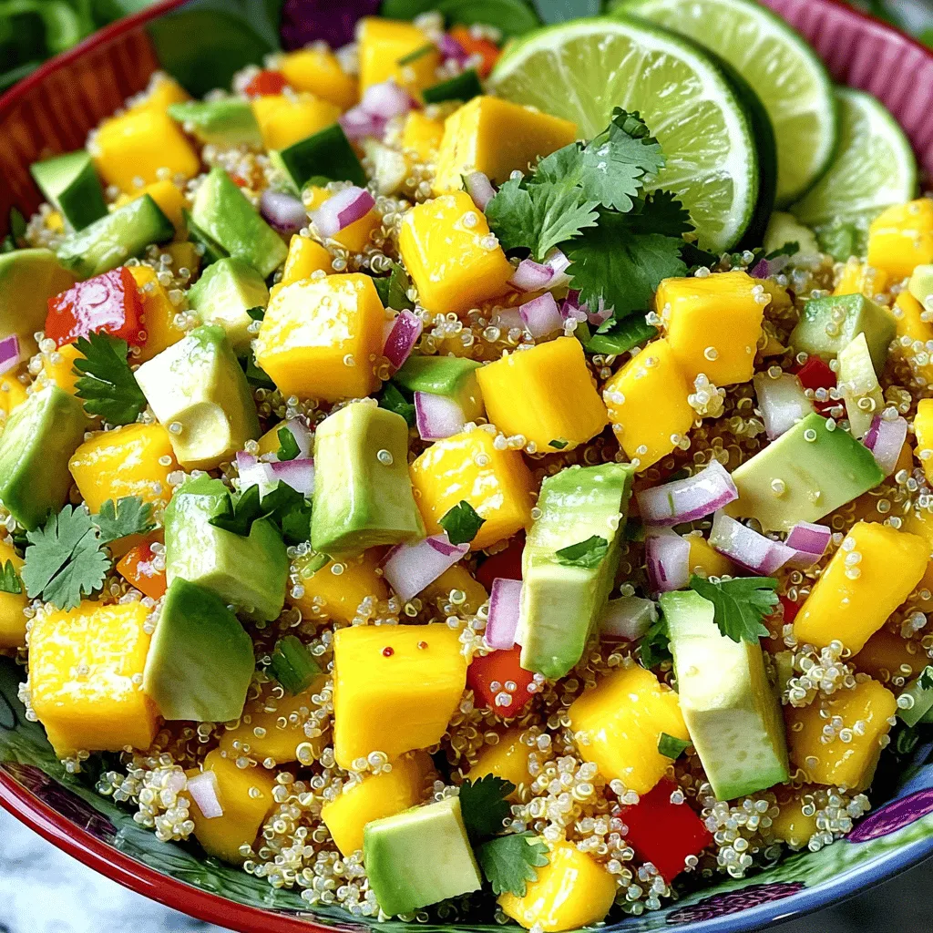 Für einen schnellen Mango-Quinoa-Salat benötigst du frische, leckere Zutaten. Diese sorgen für den besten Geschmack und die richtige Textur. Hier sind die Hauptzutaten: - 1 Tasse Quinoa, gut abgespült - 1 reife Mango, gewürfelt - 1 Avocado, gewürfelt - 1 rote Paprika, gehackt - 1/2 Tasse Gurke, gewürfelt - 1/4 Tasse rote Zwiebel, fein gehackt - 1/4 Tasse frischer Koriander, gehackt - 2 Esslöffel Limettensaft - 2 Esslöffel Olivenöl - Salz und Pfeffer nach Geschmack Quinoa ist ein tolles, gesundes Getreide. Mango und Avocado bringen Süße und Cremigkeit. Das Gemüse gibt dem Salat Crunch. Gewürze wie Limettensaft und Olivenöl machen alles frisch. Du kannst diesen Salat für vier Personen zubereiten. Hier sind die genauen Maßangaben, um sicherzustellen, dass jeder genug hat: - Quinoa: 1 Tasse - Wasser oder Gemüsebrühe: 2 Tassen - Mango: 1 Stück - Avocado: 1 Stück - Rote Paprika: 1 Stück - Gurke: 1/2 Tasse - Rote Zwiebel: 1/4 Tasse - Koriander: 1/4 Tasse - Limettensaft: 2 Esslöffel - Olivenöl: 2 Esslöffel - Salz und Pfeffer: nach Geschmack Nährwertinformationen sind wichtig. Dieser Salat ist reich an Ballaststoffen und Vitaminen. Quinoa liefert Eiweiß. Mango und Avocado bieten gesunde Fette. Damit ist dieser Salat nicht nur lecker, sondern auch nahrhaft. Du findest die vollständige Anleitung in der [Full Recipe]. Um Quinoa richtig zu kochen, bringe zuerst 2 Tassen Wasser oder Gemüsebrühe in einem mittelgroßen Topf zum Kochen. Wenn das Wasser kocht, füge 1 Tasse gut abgespülte Quinoa hinzu. Reduziere die Hitze auf niedrig. Decke den Topf ab und lasse die Mischung 15 Minuten köcheln. Nach der Kochzeit sollte die gesamte Flüssigkeit aufgesogen sein. Nimm den Topf vom Herd und lasse die Quinoa 5 Minuten ruhen. Danach lockere die Quinoa mit einer Gabel auf. So wird sie fluffig und lecker. Während die Quinoa kocht, kannst du das Gemüse vorbereiten. Schneide die Mango, Avocado und Gurke in kleine Würfel. Hacke die rote Paprika und die rote Zwiebel fein. Für den Koriander kannst du die Blätter abzupfen und dann grob hacken. Achte darauf, dass alle Stücke gleich groß sind. Das macht den Salat schön und gleichmäßig. Jetzt kommt das Beste: das Dressing! Nimm eine kleine Schüssel. Gieße 2 Esslöffel Limettensaft und 2 Esslöffel Olivenöl hinein. Füge Salz und Pfeffer nach Geschmack hinzu. Verquirle alles gut mit einer Gabel oder einem kleinen Schneebesen. Das Dressing sollte gut vermischt und cremig sein. Es wird dem Salat einen frischen Geschmack geben. Für das gesamte Rezept kannst du die [Full Recipe] ansehen. Um den perfekten Mango Quinoa Salat zu machen, ist das richtige Kochen von Quinoa wichtig. - Quinoa richtig kochen: Beginne mit 1 Tasse Quinoa. Spüle sie gut ab, um die Bitterstoffe zu entfernen. Koche sie dann in 2 Tassen Wasser oder Gemüsebrühe. Bring die Flüssigkeit zum Kochen, reduziere die Hitze und decke den Topf ab. Lass es 15 Minuten köcheln. Danach nimm den Topf vom Herd und lass die Quinoa 5 Minuten ruhen. Lockere sie dann mit einer Gabel auf. - Kombination von Aromen: Der Salat lebt von frischen und bunten Zutaten. Die süße Mango harmoniert perfekt mit der cremigen Avocado. Rote Paprika bringt eine knackige Textur und Farbe. Koriander fügt einen tollen Geschmack hinzu. Wenn du deinen Salat anpassen möchtest, gibt es viele Möglichkeiten. - Vorschläge für Zusatzinhalte: Du kannst schwarze Bohnen oder Kichererbsen für mehr Eiweiß hinzufügen. Ein paar Nüsse oder Samen geben extra Crunch. - Substitutions: Wenn du keine Mango hast, probiere Ananas oder Pfirsiche aus. Diese Früchte bringen auch eine süße Note. Limettensaft kann durch Zitronensaft ersetzt werden, wenn nötig. Diese Tipps helfen dir, deinen Mango Quinoa Salat immer wieder neu zu gestalten! {{image_4}} Möchtest du den Salat noch nährstoffreicher machen? Füge einige eiweißreiche Zutaten hinzu. Kichererbsen sind eine tolle Wahl. Sie bringen einen herzhaften Geschmack und viele Proteine. Auch schwarze Bohnen sind eine gute Option. Sie machen den Salat sättigender. Du kannst auch geröstete Nüsse oder Samen hinzufügen. Diese geben dem Salat einen tollen Crunch. Der Salat ist vielseitig und leicht anpassbar. Nutze saisonales Gemüse und Obst für mehr Frische. Im Sommer sind frische Tomaten und Zucchini großartig. Sie bringen Farbe und Geschmack. Im Herbst kannst du Kürbiswürfel hinzufügen. Diese passen gut zur Mango und geben einen süßen, herzhaften Geschmack. Nutze, was die Saison bietet, um deinen Salat noch besser zu machen. So bleibt dein Salat immer spannend und lecker! Für das komplette Rezept schau dir den [Full Recipe] an. Um den Mango Quinoa Salat frisch zu halten, nutzen Sie luftdichte Behälter. Glasbehälter sind ideal, da sie keine Gerüche aufnehmen. Stellen Sie sicher, dass der Salat vollständig abgekühlt ist, bevor Sie ihn lagern. Dies verhindert Kondensation, die den Salat matschig macht. Trennen Sie das Dressing vom Salat, wenn Sie ihn länger aufbewahren möchten. So bleibt die Frische und der Geschmack erhalten. Wie lange bleibt der Salat frisch? Im Kühlschrank bleibt der Mango Quinoa Salat etwa 3 bis 5 Tage frisch. Nach dieser Zeit kann die Qualität abnehmen. Die Mango und Avocado können weich werden. Überprüfen Sie den Salat vor dem Essen auf Anzeichen von Verderb. Wenn er unangenehm riecht oder die Farbe ändert, sollten Sie ihn entsorgen. Um die Haltbarkeit zu verlängern, essen Sie den Salat am besten innerhalb von 2 bis 3 Tagen. So haben Sie den besten Geschmack und die beste Textur. Die Zubereitung eines Mango-Quinoa-Salats dauert insgesamt etwa 30 Minuten. Die Vorbereitungszeit beträgt etwa 10 Minuten. Dabei kochst du die Quinoa in 15 Minuten. Während die Quinoa kocht, kannst du das Gemüse und die Mango vorbereiten. Ja, du kannst Quinoa im Voraus kochen. Koche eine größere Menge und lagere sie im Kühlschrank. Quinoa bleibt bis zu fünf Tage frisch. Achte darauf, sie in einem luftdichten Behälter aufzubewahren. So sparst du Zeit, wenn du den Salat zubereitest. Du kannst viele Obstsorten hinzufügen. Probiere Ananas, Papaya oder sogar Erdbeeren. Diese Früchte bringen einen frischen Geschmack in den Salat. Auch Orangen oder Granatapfelkerne sind tolle Ergänzungen. Sie geben dem Salat eine schöne Farbe und zusätzlichen Crunch. Für das komplette Rezept, schau dir den [Full Recipe] an. Der Mango-Quinoa-Salat ist eine köstliche und gesunde Auswahl. Die Zutaten wie Quinoa, Mango und Avocado ergeben ein tolles Gericht. Wir haben gelernt, wie man Quinoa kocht und das Gemüse richtig vorbereitet. Tipps helfen, den Salat perfekt zu machen. Variationen sind einfach, ob vegan oder saisonal. Mit den richtigen Lagertipps bleibt der Salat frisch. Der Aufwand ist gering, und die Ergebnisse sind großartig. Probier es selbst aus und genieße den Geschmack!