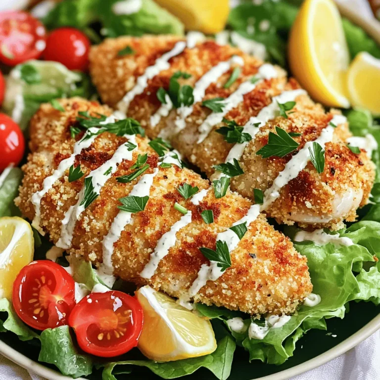- 2 Hühnerbrustfilets ohne Knochen und Haut - 1 Tasse Paniermehl (Panko für extra Knusprigkeit) - 1/2 Tasse geriebener Parmesan - 2 Tassen Romanasalat, grob gehackt - 1/2 Tasse Cherry-Tomaten, halbiert - 1/4 Tasse Caesar-Dressing (fertig gekauft oder selbstgemacht) Die Hauptzutaten sind einfach zu finden und bieten einen tollen Geschmack. Die Hühnerbrustfilets machen das Gericht proteinreich. Panko sorgt für eine extra knusprige Kruste. Parmesan gibt einen herzhaften, salzigen Geschmack. Romanasalat sorgt für frische, während Cherry-Tomaten eine süße Note hinzufügen. - 1 Teelöffel Knoblauchpulver - 1 Teelöffel Zwiebelpulver - Salz und Pfeffer nach Geschmack Die Gewürze sind wichtig für den Geschmack des Hähnchens. Knoblauchpulver und Zwiebelpulver geben Aroma. Salz und Pfeffer runden das Gericht ab. Sie können die Menge nach Ihrem Geschmack anpassen. - Frische Petersilie, gehackt zum Garnieren - Zitronenschnitze zum Servieren Die Garnierungen machen den Salat spannend. Petersilie bringt Farbe ins Spiel und einen frischen Geschmack. Zitronenschnitze helfen, das Gericht aufzupeppen. Ein Spritzer Zitrone kann die Aromen verstärken. Für das gesamte Rezept besuchen Sie bitte [Full Recipe]. Heize den Ofen auf 200 °C vor. Lege ein Backblech mit Backpapier aus. Das Backpapier hilft, das Hähnchen knusprig zu machen. Bereite die Paniermehlmischung vor. Vermenge das Panko, den Parmesan, das Knoblauchpulver, das Zwiebelpulver, Salz und Pfeffer in einer flachen Schüssel. Das gibt dem Hähnchen einen tollen Geschmack. Tupfe die Hühnerbrustfilets mit Küchenpapier trocken. Tauche jedes Filet in die Mischung und drücke leicht, damit die Panade gut haftet. Lege die panierten Hühnerbrustfilets auf das Backblech. Backe sie 25 bis 30 Minuten. Achte darauf, dass das Hähnchen eine Innentemperatur von 74 °C erreicht. So wird es perfekt durchgegart und knusprig. Während das Hähnchen im Ofen ist, bereite den Salat vor. Nimm eine große Schüssel und kombiniere den grob gehackten Romanasalat mit den halbierten Cherry-Tomaten. Füge das Caesar-Dressing hinzu. Mische alles gut durch, bis der Salat gleichmäßig bedeckt ist. Wenn das Hähnchen gar ist, nimm es aus dem Ofen und lass es 5 Minuten ruhen. Schneide das Hähnchen in Streifen. Garniere den Salat mit den knusprigen Hähnchenstreifen. Streue nach Belieben zusätzlichen Parmesan darüber. Dekoriere den Salat mit gehackter Petersilie und serviere Zitronenschnitze dazu. Das macht das Gericht frisch und lecker. Für das vollständige Rezept schau dir die [Full Recipe] an. Um das Hähnchen richtig knusprig zu machen, folgen Sie diesen Tipps: - Wählen Sie die richtige Panade: Verwenden Sie Panko für extra Knusprigkeit. Es sorgt für eine luftige Textur. - Trocknen Sie das Hähnchen: Tupfen Sie die Hühnerbrustfilets gut mit Küchenpapier trocken. Das hilft der Panade, besser zu haften. - Doppelte Panade: Tauchen Sie das Hähnchen zuerst in das Ei und dann in die Paniermehlmischung. So wird die Hülle dicker und knuspriger. - Backtemperatur: Stellen Sie Ihren Ofen auf 200 °C ein. Diese Temperatur sorgt für eine goldene Farbe und eine knusprige Kruste. - Nicht überfüllen: Legen Sie die Filets mit Abstand auf das Backblech. So kann die Luft zirkulieren und das Hähnchen wird gleichmäßig knusprig. Damit der Salat frisch bleibt, beachten Sie diese Vorschläge: - Zutaten getrennt lagern: Lagern Sie den Romanasalat und die Tomaten in separaten Behältern. So bleibt alles knackig. - Dressings erst kurz vor dem Servieren hinzufügen: Geben Sie das Dressing erst kurz vor dem Essen auf den Salat. So wird er nicht matschig. - Verwenden Sie frische Zutaten: Achten Sie darauf, frische und knackige Salatzutaten zu verwenden. Dies verbessert den Geschmack und die Optik. Hausgemachte Dressings bringen Geschmack und Frische. Hier sind einige einfache Ideen: - Klassisches Caesar-Dressing: Mischen Sie Mayonnaise, Zitronensaft, Knoblauch, Worcestershire-Sauce und Parmesan. Das ist einfach und lecker. - Joghurt-Dressing: Für eine leichtere Variante, verwenden Sie griechischen Joghurt statt Mayonnaise. Es gibt dem Salat einen frischen Kick. - Beilagen: Servieren Sie das Gericht mit knusprigem Brot oder einem frischen Baguette. Es ergänzt den Salat perfekt und sorgt für ein rundes Essen. Mit diesen Tipps und Tricks wird Ihr Chicken Caesar Salad mit leckerem Hähnchen ein Hit! Für die vollständige Zubereitung, schauen Sie sich das [Full Recipe] an. {{image_4}} Wenn Sie kein Huhn mögen oder einfach eine fleischfreie Option suchen, probieren Sie gebackenen Tofu. Er hat eine tolle Textur und nimmt den Geschmack gut auf. Schneiden Sie den Tofu in Würfel und marinieren Sie ihn mit Sojasauce, Knoblauch und Ingwer. Panieren Sie ihn dann wie das Hähnchen. Backen Sie ihn bis er goldbraun ist, ähnlich wie bei der Hühnerbrust. Für eine leichtere Version des Dressings können Sie griechischen Joghurt verwenden. Mischen Sie ihn mit Zitronensaft, Knoblauch und etwas Senf. Diese Mischung hat weniger Kalorien, bietet aber viel Geschmack. Sie könnten auch eine Vinaigrette auf Basis von Olivenöl und Balsamico probieren. Sie bringt frische Aromen und ist ebenfalls kalorienfreundlich. Fühlen Sie sich frei, den Salat mit mehr Gemüse zu erweitern. Geben Sie Gurken, Avocado oder sogar gebratene Paprika hinzu. Auch verschiedene Käsesorten können den Geschmack verändern. Feta oder Mozzarella passen gut und sorgen für einen neuen Twist. Experimentieren Sie mit den Zutaten, um Ihren perfekten Salat zu finden. Für das vollständige Rezept besuchen Sie [Full Recipe]. Um den Salat und das Dressing frisch zu halten, lagern Sie sie getrennt. Das verhindert, dass der Salat matschig wird. Füllen Sie den Salat in einen luftdichten Behälter. Das Dressing kann in einem kleinen Glas oder einer Flasche aufbewahrt werden. Achten Sie darauf, dass der Behälter gut verschlossen ist. So bleibt der Salat knackig und das Dressing cremig. Im Kühlschrank bleibt der Salat bis zu drei Tage frisch. Achten Sie darauf, den Salat nicht länger stehen zu lassen. Das Hähnchen kann auch bis zu drei Tage halten. Wenn Sie Reste haben, essen Sie sie am besten schnell auf. So genießen Sie den besten Geschmack und die besten Texturen. Das Hähnchen wird am besten im Ofen oder in der Pfanne aufgewärmt. Stellen Sie den Ofen auf 180 °C ein. Legen Sie das Hähnchen auf ein Backblech und erwärmen Sie es etwa 10-15 Minuten. In der Pfanne können Sie etwas Öl verwenden, um das Hähnchen knusprig zu machen. Vermeiden Sie die Mikrowelle, da sie das Hähnchen zäh machen kann. Wenn das Hähnchen warm ist, schneiden Sie es und fügen Sie es zum Salat hinzu. So bleibt alles frisch und lecker. Es gibt viele tolle Alternativen zum Caesar-Dressing. Du kannst ein Joghurtdressing oder ein einfaches Balsamico-Dressing verwenden. Beide sind frisch und lecker. Wenn du kreativ sein willst, mache dein eigenes Dressing! Mische 1/4 Tasse Joghurt, 1 Esslöffel Zitronensaft und 1 Teelöffel Senf. Das gibt deinem Salat einen neuen Geschmack. Um zartes Hähnchen zu bekommen, achte auf die Marinierzeit. Marinieren für 30 Minuten in einer Mischung aus Öl und Zitronensaft hilft sehr. Außerdem ist es wichtig, das Hähnchen nicht zu lange zu backen. Überprüfe die Temperatur. Sie sollte 74 °C betragen. Lass das Hähnchen nach dem Backen ruhen. So bleibt der Saft im Fleisch. Ja, dieses Rezept eignet sich gut für Meal Prep. Teile den Salat und das Hähnchen in Portionen auf. Verwende luftdichte Behälter. So bleibt alles frisch. Du kannst das Hähnchen separat lagern, um den Salat knusprig zu halten. Die Reste kannst du bis zu drei Tage im Kühlschrank lagern. Stelle sicher, dass du das Hähnchen und den Salat getrennt aufbewahrst. So bleibt der Salat frisch und das Hähnchen lecker. Wenn du die Reste aufwärmst, mache das vorsichtig, um das Hähnchen nicht trocken zu machen. In diesem Blogbeitrag haben wir die Zutaten für ein köstliches Gericht besprochen. Wir haben die Hauptzutaten wie Hühnerbrust, Paniermehl und frischen Salat betrachtet. Du hast gelernt, wie du Schritt für Schritt das Hähnchen panierst und backst. Zusätzlich haben wir Tipps für die perfekte Knusprigkeit gegeben und kreative Variationen aufgezeigt. Denke daran, die Reste richtig zu lagern. So bleibt alles frisch. Nutze die Tipps, um dein Gericht nach deinem Geschmack zu gestalten. Viel Spaß beim Kochen und Genießen!