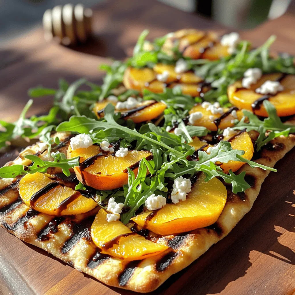Für dieses köstliche Gericht brauchen Sie einige frische und einfache Zutaten. Hier ist die Liste: - 1 großes Fladenbrot oder Naan - 2 reife Pfirsiche, in Scheiben geschnitten - 2 Tassen frischer Rucola - 1/2 Tasse Ziegenkäse, zerbröckelt - 1/4 Tasse Balsamico-Glasur - 1 Esslöffel Olivenöl - Salz und Pfeffer nach Geschmack - Optional: 1 Esslöffel Honig zum Beträufeln Diese Zutaten bringen das Beste aus dem Grill heraus. Die Kombination aus süßen Pfirsichen, würzigem Rucola und cremigem Ziegenkäse macht den Fladen besonders lecker. Sie benötigen nur ein paar Grundgewürze, um den Geschmack zu heben. Das Olivenöl sorgt dafür, dass das Fladenbrot schön knusprig wird. Salz und Pfeffer bringen die Aromen zum Leben. Die Balsamico-Glasur gibt eine süße und herzhafte Note. Diese einfachen Zutaten sind alles, was Sie brauchen, um das Gericht zu verfeinern. Wenn Sie das Rezept noch interessanter machen möchten, können Sie etwas Honig hinzufügen. Der Honig bringt eine zusätzliche Süße, die zu den gegrillten Pfirsichen passt. Sie können auch andere Kräuter oder Gewürze ausprobieren, um das Fladenbrot nach Ihrem Geschmack zu gestalten. Seien Sie kreativ und genießen Sie den Prozess! Für das gesamte Rezept, sehen Sie sich die [Full Recipe] an! Zuerst heizen wir den Grill auf mittlere Hitze vor. Das sorgt dafür, dass das Fladenbrot schön knusprig wird. Während der Grill heiß wird, schneiden Sie die reifen Pfirsiche in dünne Scheiben. Diese Scheiben geben dem Brot einen süßen und rauchigen Geschmack. Nehmen Sie ein großes Fladenbrot oder Naan und bestreichen Sie beide Seiten gleichmäßig mit Olivenöl. Jetzt würzen Sie das Brot mit Salz und Pfeffer. Diese Schritte sind wichtig, um den besten Geschmack zu erreichen. Legen Sie das vorbereitete Fladenbrot auf den Grill. Grillen Sie es für etwa 2 bis 3 Minuten auf jeder Seite. Achten Sie darauf, dass es schöne Grillstreifen hat. Das Fladenbrot sollte leicht knusprig sein. Nehmen Sie es dann vom Grill und stellen Sie es beiseite, damit es etwas abkühlen kann. Jetzt kommen die Pfirsiche dran. Legen Sie die geschnittenen Pfirsiche auf den Grill. Grillen Sie sie für 1 bis 2 Minuten pro Seite. Das gibt ihnen eine leckere Karamellisierung. Wenn die Pfirsiche fertig sind, nehmen Sie sie vom Grill. Nun schichten Sie auf das Fladenbrot zuerst den frischen Rucola, gefolgt von den gegrillten Pfirsichscheiben. Streuen Sie den zerbröckelten Ziegenkäse darüber. Zum Schluss träufeln Sie Balsamico-Glasur über das Fladenbrot. Für eine süße Note können Sie auch etwas Honig darüber geben. Schneiden Sie das Fladenbrot in Wedges und servieren Sie es warm. Für das vollständige Rezept, einschließlich der genauen Mengenangaben, schauen Sie sich das Full Recipe an. Grillen Sie Fladenbrot, um den besten Geschmack zu erzielen. Nutzen Sie mittlere Hitze für gleichmäßige Garung. Vor dem Grillen, bestreichen Sie das Brot mit Olivenöl. Das sorgt für eine schöne Kruste. Grillen Sie das Brot für 2-3 Minuten auf jeder Seite. Achten Sie auf die Grillstreifen. Sie zeigen, dass das Brot perfekt ist. Überwachen Sie das Brot genau, damit es nicht anbrennt. Wählen Sie Pfirsiche mit leichten Druckstellen. Diese sind reif und süß. Sie sollten leicht weich sein, aber nicht matschig. Perfekte Pfirsiche haben eine goldene Farbe mit roten Schattierungen. Diese Farben zeigen, dass sie gut gereift sind. Mit reifen Pfirsichen bekommt Ihr Fladenbrot den besten Geschmack. Grillen Sie die Pfirsiche für 1-2 Minuten pro Seite. So karamellisieren sie und bringen mehr Süße. Präsentation macht alles aus. Servieren Sie das Fladenbrot auf einem Holzbrett. Fügen Sie frischen Rucola und Pfirsichscheiben hinzu. Dies bringt Farbe und Frische auf den Tisch. Träufeln Sie die Balsamico-Glasur gleichmäßig darüber. Für einen zusätzlichen Kick, verwenden Sie Honig. Schneiden Sie das Fladenbrot in Wedges, um es einfach zu essen. So wird Ihr Gericht nicht nur lecker, sondern auch schön anzusehen. {{image_4}} Käse bringt Geschmack und Textur. Ziegenkäse ist eine tolle Wahl, aber es gibt mehr. Feta ist salzig und passt gut zu den süßen Pfirsichen. Mozzarella bietet eine milde Note und ist cremig. Parmesan gibt einen herzhaften Biss und lässt sich gut reiben. Experimentiere mit verschiedenen Käsesorten, um neue Aromen zu entdecken. Für eine vegane Version kannst du den Käse einfach weglassen. Stattdessen benutze einen pflanzlichen Aufstrich, wie Hummus oder Avocado. Diese geben dem Fladenbrot eine cremige Textur. Auch vegane Käsealternativen aus Nüssen oder Soja sind möglich. Sie bieten einen ähnlichen Geschmack wie herkömmlicher Käse, ohne tierische Produkte. Du kannst dem Fladenbrot viele weitere Zutaten hinzufügen. Probiere geröstete Nüsse oder Samen für einen knackigen Biss. Rucola ist frisch, aber Spinat oder Mangold sind ebenfalls lecker. Für etwas Schärfe füge Chili oder rote Zwiebeln hinzu. Frische Kräuter wie Basilikum oder Minze bringen zusätzliche Frische und Farbe. Die Möglichkeiten sind endlos, also sei kreativ! Um Ihr Fladenbrot frisch zu halten, lagern Sie es in einem luftdichten Behälter. So bleibt es weich und lecker. Alternativ können Sie es in Frischhaltefolie wickeln. Lagern Sie das Brot an einem kühlen, trockenen Ort. Vermeiden Sie direkte Sonne oder Feuchtigkeit. Wenn Sie Reste haben, gibt es einfache Wege, das Fladenbrot wieder aufzuwärmen. Nutzen Sie einen Toaster oder einen Grill. Erhitzen Sie es bei mittlerer Hitze für 2-3 Minuten. So wird es wieder knusprig. Sie können es auch in der Mikrowelle aufwärmen, aber dies macht es weich. Es gibt einige Fehler, die Sie bei der Lagerung vermeiden sollten. Lagern Sie das Fladenbrot nicht im Kühlschrank. Der Kühlschrank macht es hart. Vermeiden Sie auch, es in der Nähe von stark riechenden Lebensmitteln zu lagern. Das Fladenbrot kann Gerüche aufnehmen, was den Geschmack beeinträchtigt. Für das vollständige Rezept schauen Sie sich das [Full Recipe] an. Das Grillen des Fladenbrots dauert nur 4-6 Minuten. Grillen Sie jede Seite für 2-3 Minuten. Achten Sie darauf, dass es goldbraun und knusprig wird. Zu viel Hitze kann das Fladenbrot verbrennen. Für dieses Rezept sind reife, saftige Pfirsiche ideal. Sorten wie Gelbe Pfirsiche oder Weiße Pfirsiche sind perfekt. Sie bringen Süße und Aroma. Suchen Sie Pfirsiche mit einer glatten Haut und ohne Druckstellen. Ja, das Rezept funktioniert auch im Ofen. Heizen Sie den Ofen auf 220 Grad Celsius vor. Legen Sie das Fladenbrot auf ein Blech und backen Sie es 5-7 Minuten. Achten Sie darauf, dass das Brot knusprig wird. Grille die Pfirsiche in einer Pfanne für den gleichen Effekt. Für das vollständige Rezept, schauen Sie sich das Full Recipe an. Zusammenfassend haben wir die Hauptzutaten, Schritt-für-Schritt-Anleitungen und nützliche Tipps besprochen. Gegrillte Pfirsich- und Rucola-Fladenbrote sind einfach und voller Geschmack. Mit den richtigen Zutaten und Techniken machen Sie ein tolles Gericht. Denken Sie an die Lagerung, damit das Fladenbrot frisch bleibt. Experimentieren Sie mit verschiedenen Variationen, um Ihr Rezept zu verbessern. Viel Spaß beim Grillen und Genießen!