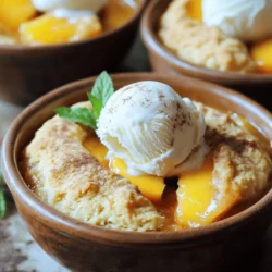 Um einen köstlichen Homemade Peach Cobbler zuzubereiten, benötigen Sie folgende Zutaten: - 4 Tassen frische Pfirsiche, geschält und in Scheiben geschnitten - 1 Tasse Zucker, aufgeteilt - 1 Esslöffel Zitronensaft - 1 Teelöffel Vanilleextrakt - 1 Teelöffel gemahlener Zimt - 1 Tasse Weizenmehl - 1 Tasse Milch - 2 Teelöffel Backpulver - 1/2 Teelöffel Salz - 1/2 Tasse ungesalzene Butter, geschmolzen - 1 Esslöffel Maisstärke (optional, für eine dickere Füllung) Die Mengen können je nach Bedarf angepasst werden. Wenn Sie weniger Cobbler machen möchten, halbieren Sie einfach die Zutaten. Für eine glutenfreie Version können Sie glutenfreies Mehl verwenden. Wenn Sie einen milchfreien Cobbler möchten, ersetzen Sie die Milch durch Mandel- oder Sojamilch. Es gibt viele Wege, um das Rezept anzupassen, um Ihren Vorlieben gerecht zu werden. Wählen Sie reife, saftige Pfirsiche für den besten Geschmack. Sie sollten weich sein, wenn Sie leicht drücken. Achten Sie darauf, dass die Schale glatt und frei von Flecken ist. Reife Pfirsiche haben auch einen süßen Duft. Wenn Sie keine frischen Pfirsiche finden, können Sie auch gefrorene verwenden. In diesem Fall lassen Sie sie vorher auftauen und abtropfen. So bleibt Ihr Cobbler saftig und lecker. Heizen Sie Ihren Ofen auf 175°C (350°F) vor. Dies sorgt für gleichmäßiges Backen. Bereiten Sie eine 23x33 cm (9x13 Zoll) große Auflaufform vor, indem Sie sie leicht einfetten. Dies hilft dem Cobbler, nicht festzukleben. In einer großen Schüssel mischen Sie die geschnittenen Pfirsiche mit 1/2 Tasse Zucker, Zitronensaft, Vanilleextrakt und Zimt. Wenn Sie eine dickere Füllung mögen, fügen Sie die Maisstärke hinzu. Lassen Sie die Mischung etwa 15 Minuten ruhen. So können sich die Aromen gut entfalten. In einer anderen Schüssel vermengen Sie das Mehl, die restliche 1/2 Tasse Zucker, Backpulver und Salz. Gießen Sie die Milch und die geschmolzene Butter dazu. Rühren Sie alles, bis es gerade so vermischt ist. Kleine Klumpen sind kein Problem. Verteilen Sie den Teig gleichmäßig auf dem Boden der gefetteten Form. Rühren Sie nicht um; der Teig hebt sich um die Pfirsiche. Löffeln Sie die Pfirsichmischung gleichmäßig über den Teig. Backen Sie den Cobbler für 45-50 Minuten, bis er goldbraun ist. Ein Zahnstocher sollte sauber herauskommen. Lassen Sie den Cobbler mindestens 10-15 Minuten abkühlen. Servieren Sie ihn warm in Schalen. Eine Kugel Vanilleeis obenauf macht es extra lecker. Garnieren Sie mit einer Prise Zimt oder einem Zweig Minze für mehr Farbe und Geschmack. Für das komplette Rezept schauen Sie sich den [Full Recipe] an. Ein häufiger Fehler ist, die Pfirsiche nicht richtig vorzubereiten. Achten Sie darauf, die Frucht gut zu schälen und in gleichmäßige Scheiben zu schneiden. Zu große Stücke können ungleichmäßig garen. Ein weiterer Fehler ist das Übermischen des Teigs. Mischen Sie, bis alles gerade kombiniert ist. Kleine Klumpen sind okay und sorgen für eine lockere Textur. Die richtige Backzeit und Temperatur sind sehr wichtig. Heizen Sie Ihren Ofen auf 175°C vor. Backen Sie den Cobbler für 45 bis 50 Minuten. Er ist perfekt, wenn er goldbraun und sprudelnd ist. Ein Zahnstocher sollte sauber herauskommen. Lassen Sie den Cobbler danach 10 bis 15 Minuten abkühlen, damit er sich setzt. Servieren Sie den Cobbler warm in kleinen Schalen. Eine Kugel Vanilleeis obenauf macht ihn besonders lecker. Ein Hauch Zimt oder ein Zweig frische Minze bringt Farbe und Frische. Sie können auch geröstete Mandeln oder Walnüsse darüber streuen, um einen crunchigen Kontrast zu erzielen. Diese kleinen Details machen das Dessert noch einladender. Für das gesamte Rezept schauen Sie sich die [Full Recipe] an. {{image_4}} Um einen glutenfreien Cobbler zu machen, ändere das Weizenmehl. Verwende stattdessen eine glutenfreie Mehlmischung. Achte auch darauf, dass alle anderen Zutaten glutenfrei sind. Das sorgt für einen tollen Geschmack und die richtige Konsistenz. Für eine vegane Variante ersetze die Butter durch Kokosöl oder pflanzliche Margarine. Nimm pflanzliche Milch, wie Mandel- oder Hafermilch. So bleibt der Cobbler lecker und tierfrei. Du kannst auch den Zucker durch Agavendicksaft oder eine andere vegane Süße ersetzen. Füge dem Cobbler eine Prise Muskatnuss für mehr Tiefe hinzu. Du kannst auch Beeren, wie Himbeeren oder Blaubeeren, zu den Pfirsichen geben. Das bringt frische Aromen. Probiere auch etwas Nussmus oder gehackte Nüsse für einen knackigen Biss. Entdecke, was dir am besten schmeckt. Für die vollständigen Schritte und Details, schau dir das [Full Recipe] an. Um Ihren Homemade Peach Cobbler frisch zu halten, teilen Sie ihn in Portionen auf. Verwenden Sie kleine Behälter oder Frischhaltefolie. So bleibt der Geschmack und die Frische länger erhalten. Ein großer Behälter funktioniert auch, aber das Risiko, dass er austrocknet, steigt. Wärmen Sie den Cobbler im Ofen auf, um die Kruste knusprig zu halten. Stellen Sie den Ofen auf 175°C (350°F) ein. Decken Sie den Cobbler mit Aluminiumfolie ab, um ein Anbrennen zu verhindern. 15 bis 20 Minuten reichen aus. Überprüfen Sie, ob er warm ist, bevor Sie servieren. Im Kühlschrank hält sich der Cobbler etwa 3 bis 4 Tage. Lagern Sie ihn in einem luftdichten Behälter. Im Gefrierfach kann er bis zu 3 Monate halten. Lassen Sie den Cobbler zuerst vollständig abkühlen, bevor Sie ihn einfrieren. Achten Sie darauf, ihn gut einzupacken, um Gefrierbrand zu vermeiden. Die Zubereitung eines Homemade Peach Cobbler dauert etwa 20 Minuten. Das Backen benötigt 45 bis 50 Minuten. Ingesamt sind Sie also in etwa 1 Stunde und 5 Minuten fertig. Diese Zeit ist perfekt, um einen warmen, leckeren Dessert zu genießen. Ja, gefrorene Pfirsiche sind eine gute Wahl. Achten Sie darauf, sie vorher aufzutauen und gut abtropfen zu lassen. Dies verhindert, dass der Cobbler zu wässrig wird. Frische Pfirsiche bieten zwar einen besseren Geschmack, aber gefrorene Pfirsiche sind eine praktische Alternative. Es gibt viele Wege, um den Cobbler zu verbessern. Hier sind einige Ideen: - Fügen Sie eine Prise Muskatnuss hinzu. - Verwenden Sie frische Kräuter wie Minze oder Basilikum. - Experimentieren Sie mit verschiedenen Zitrusfrüchten, wie Limetten oder Orangen. - Servieren Sie den Cobbler mit Sahne oder Vanilleeis für zusätzlichen Geschmack. Ja, Sie können die Zuckermenge nach Belieben anpassen. Reduzieren Sie den Zucker um 1/4 Tasse, um die Süße zu mildern. Achten Sie darauf, die Pfirsiche gut zu schmecken. Sie können auch Honig oder Ahornsirup verwenden, um eine andere Süße zu erreichen. Zusammenfassend haben wir einen leckeren Pfirsich-Cobbler zubereitet. Wir haben die besten Zutaten und deren Mengen untersucht. Tipps zur Auswahl der richtigen Pfirsiche helfen Ihnen, das Beste herauszuholen. Die Schritt-für-Schritt-Anleitung sorgt für ein einfaches Backerlebnis. Vermeiden Sie häufige Fehler und experimentieren Sie mit Variationen. Lagern Sie Ihren Cobbler richtig, damit er frisch bleibt. Genießen Sie diese köstliche Süßspeise! Kochen macht Spaß, und dieses Rezept ist einfach und lecker. Probieren Sie es aus!