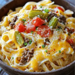 - 340 g Fettuccine-Nudeln - 450 g Rinderhackfleisch - 100 g geriebener Cheddar-Käse - 100 g geriebener Mozzarella-Käse - 50 g geriebener Parmesan-Käse Fettuccine sind die Basis dieses Gerichts. Sie sind breit und perfekt für die cremige Sauce. Das Rinderhackfleisch bringt einen herzhaften Geschmack. Die drei Käsesorten machen die Sauce reichhaltig und lecker. - 1 Teelöffel Knoblauchpulver - 1 Teelöffel Zwiebelpulver - Salz und Pfeffer nach Geschmack - 60 g Frischkäse Die Gewürze sind wichtig für den Geschmack. Knoblauchpulver und Zwiebelpulver geben Tiefe. Frischkäse macht die Sauce extra cremig und lecker. - 150 g gewürfelte Tomaten - 120 g eingelegte Gurken, gehackt - 35 g Frühlingszwiebeln, in Ringe geschnitten - Optional: zerstoßene rote Paprikaflocken zum Garnieren Das Gemüse bringt Frische. Die gewürfelten Tomaten und Gurken fügen Crunch hinzu. Frühlingszwiebeln geben einen schönen Farbkontrast und einen milden Geschmack. Paprikaflocken setzen einen kleinen Akzent. Für das vollständige Rezept, siehe [Full Recipe]. - Kochen Sie die Fettuccine-Nudeln in einem großen Topf mit kochendem Salzwasser. Folgen Sie den Anweisungen auf der Verpackung, bis die Nudeln al dente sind. - Abgießen und beiseite stellen. Achten Sie darauf, etwa 240 ml Nudelwasser aufzuheben. - In einer großen Pfanne bei mittlerer Hitze das Rinderhackfleisch anbraten. Zerteilen Sie das Fleisch in kleine Stücke während des Bratens. - Würzen Sie das Fleisch mit Knoblauchpulver, Zwiebelpulver, Salz und Pfeffer. Braten Sie das Fleisch, bis es komplett durchgegart ist und eine schöne Bräunung hat, etwa 5-7 Minuten. - Überschüssiges Fett abgießen, um das Gericht nicht zu fettig zu machen. - Reduzieren Sie die Hitze auf mittlere bis niedrige Stufe. Fügen Sie die Schlagsahne, den Frischkäse und die Käsesorten in die Pfanne mit dem Rinderhackfleisch hinzu. - Kochen Sie die Mischung unter häufigem Rühren weiter. Achten Sie darauf, dass der Käse schmilzt und die Sauce glatt und cremig wird, was etwa 5 Minuten dauert. - Geben Sie die gekochten Fettuccine-Nudeln in die Pfanne. Mischen Sie die Nudeln gut mit der Käsesoße, sodass sie gleichmäßig beschichtet sind. - Wenn die Sauce zu dick ist, fügen Sie nach und nach das aufbewahrte Nudelwasser hinzu, bis die gewünschte Konsistenz erreicht ist. - Fügen Sie die gewürfelten Tomaten und die gehackten Gurken zu der Pasta hinzu. Mischen Sie alles gut, bis es gleichmäßig verteilt ist. - Geben Sie die Hälfte der geschnittenen Frühlingszwiebeln dazu und rühren Sie erneut. - Nehmen Sie die Pfanne vom Herd und lassen Sie die Pasta einige Minuten ruhen. So können sich die Aromen gut vermischen. - Servieren Sie das Gericht sofort und garnieren Sie es mit den verbleibenden Frühlingszwiebeln und nach Belieben mit zerstoßenen roten Paprikaflocken. Für das komplette Rezept, schauen Sie sich die [Full Recipe] an. Um die Sauce cremig zu machen, verwende etwas Nudelwasser. Dieses Wasser hat Stärke, die die Sauce bindet. Füge es nach und nach hinzu. Achte darauf, die Sauce nicht zu überkochen. Wenn die Hitze zu hoch ist, wird sie dick und klumpig. Koche sie bei niedriger Hitze und rühre oft um. Du kannst die Käsesorten nach deinem Geschmack ändern. Probiere Gouda oder Parmesan für einen neuen Twist. Auch gebratenes Gemüse macht die Sauce leckerer. Paprika, Zucchini oder Spinat sind tolle Optionen. Sie bringen Farbe und Geschmack in dein Gericht. Für Keto-Fans kannst du z.B. Zucchini-Nudeln verwenden. Diese sind kohlenhydratarm und passen gut zur Sauce. Wenn du glutenfrei isst, wähle glutenfreie Nudeln. Veganer können pflanzliche Käsealternativen nutzen. Anstelle von Rinderhack kannst du pflanzliches Hackfleisch verwenden. So bleibt das Gericht auch vegan und lecker. {{image_4}} Für einen scharfen Kick, füge Jalapeños hinzu. Sie bringen eine tolle Schärfe. Verwende auch Salsa und Guacamole. Diese Zutaten geben deinem Gericht eine frische Note. Du kannst die Salsa einfach über die Pasta geben. Das sorgt für ein buntes und leckeres Essen. Wenn du Oliven und Feta hinzufügst, erhältst du einen mediterranen Geschmack. Diese Zutaten bringen ein neues Aroma in die Pasta. Verwende italienische Gewürze, um den Geschmack zu verstärken. Basilikum und Oregano passen hier perfekt. So wird dein Gericht noch spannender und aromatischer. Für eine einfache Bauernhof-Variante, füge kleine Maiskörner und Paprika hinzu. Diese Zutaten machen die Pasta bunter und knackiger. Du kannst auch Hähnchen statt Rindfleisch verwenden. Hähnchen macht das Gericht leichter. Es ist eine tolle Option für einen anderen Geschmack. Mit diesen Variationen kannst du dein Loaded Cheeseburger Alfredo leicht anpassen. Finde die Kombination, die dir am besten schmeckt! Die Reste von Loaded Cheeseburger Alfredo bleiben im Kühlschrank etwa drei Tage frisch. Um die Pasta gut aufzubewahren, nutze einen luftdichten Behälter. Stelle sicher, dass die Sauce nicht zu heiß ist, bevor du den Deckel schließt. So bleibt die Pasta länger lecker und saftig. Für das Einfrieren sind gefrierfeste Behälter ideal. Du kannst auch Portionsbeutel verwenden. Achte darauf, die Luft herauszudrücken, um Gefrierbrand zu vermeiden. Zum Wiedererwärmen solltest du die Pasta langsam im Kühlschrank auftauen. Danach erhitze sie in der Mikrowelle oder auf dem Herd. Füge etwas Milch hinzu, um die Sauce wieder cremig zu machen. Achte auf Anzeichen, dass die Pasta nicht mehr gut ist. Wenn sie unangenehm riecht oder eine schleimige Textur hat, wirf sie weg. Halte deinen Kühlschrank bei 4 Grad Celsius oder kälter. So bleibt das Essen länger frisch und sicher. Ja, du kannst die Fettuccine-Nudeln durch andere Nudeln ersetzen. Einige gute Optionen sind: - Penne - Rigatoni - Spaghetti Diese Nudeln haben eine ähnliche Form und nehmen die Sauce gut auf. Um die Sauce schärfer zu machen, kannst du diese Tipps ausprobieren: - Füge frische Chili hinzu oder nutze rote Paprikaflocken. - Verwende scharfen Käse, wie Pepper Jack. - Mische in die Sauce einen Teelöffel Senf oder Sriracha. Diese Zutaten geben der Sauce mehr Geschmack und Würze. Ja, du kannst Loaded Cheeseburger Alfredo im Voraus machen. Folge diesen Schritten: - Bereite die Nudeln und die Sauce wie im Rezept vor. - Kühl das Gericht ab und packe es in einen luftdichten Behälter. - Vor dem Servieren einfach aufwärmen. So sparst du Zeit, wenn du es essen möchtest. Die gesamte Zubereitungszeit beträgt etwa 30 Minuten. Hier ist eine Aufschlüsselung: - Vorbereitung: 15 Minuten - Kochzeit: 15 Minuten So kannst du schnell ein leckeres Essen zubereiten. Dieses Gericht ist reichhaltig und herzhaft, aber auch kalorienreich. Hier sind einige Tipps zur Anpassung: - Verwende mageres Rinderhackfleisch. - Nutze fettfreie oder pflanzliche Sahne. - Füge mehr Gemüse wie Spinat oder Brokkoli hinzu. Diese Anpassungen können helfen, das Gericht gesünder zu gestalten. In diesem Artikel haben wir das Rezept für Loaded Cheeseburger Alfredo durchlaufen. Wir haben die Hauptzutaten wie Fettuccine, Rinderhackfleisch und verschiedene Käsesorten besprochen. Die Zubereitung erfordert einfache Schritte, von der Pasta bis zur cremigen Käsesoße. Ich habe auch Variationen und Tipps für Anpassungen vorgestellt. Denke daran, dass du mit Zutaten und Gewürzen spielen kannst, um dein perfektes Gericht zu kreieren. Lass deiner Kreativität freien Lauf und genieße jede Portion!