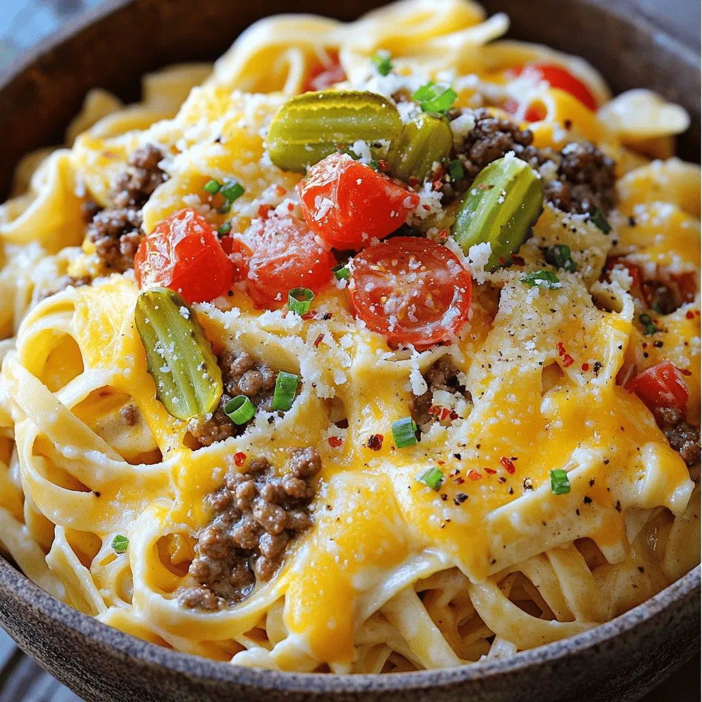 - 340 g Fettuccine-Nudeln - 450 g Rinderhackfleisch - 100 g geriebener Cheddar-Käse - 100 g geriebener Mozzarella-Käse - 50 g geriebener Parmesan-Käse Fettuccine sind die Basis dieses Gerichts. Sie sind breit und perfekt für die cremige Sauce. Das Rinderhackfleisch bringt einen herzhaften Geschmack. Die drei Käsesorten machen die Sauce reichhaltig und lecker. - 1 Teelöffel Knoblauchpulver - 1 Teelöffel Zwiebelpulver - Salz und Pfeffer nach Geschmack - 60 g Frischkäse Die Gewürze sind wichtig für den Geschmack. Knoblauchpulver und Zwiebelpulver geben Tiefe. Frischkäse macht die Sauce extra cremig und lecker. - 150 g gewürfelte Tomaten - 120 g eingelegte Gurken, gehackt - 35 g Frühlingszwiebeln, in Ringe geschnitten - Optional: zerstoßene rote Paprikaflocken zum Garnieren Das Gemüse bringt Frische. Die gewürfelten Tomaten und Gurken fügen Crunch hinzu. Frühlingszwiebeln geben einen schönen Farbkontrast und einen milden Geschmack. Paprikaflocken setzen einen kleinen Akzent. Für das vollständige Rezept, siehe [Full Recipe]. - Kochen Sie die Fettuccine-Nudeln in einem großen Topf mit kochendem Salzwasser. Folgen Sie den Anweisungen auf der Verpackung, bis die Nudeln al dente sind. - Abgießen und beiseite stellen. Achten Sie darauf, etwa 240 ml Nudelwasser aufzuheben. - In einer großen Pfanne bei mittlerer Hitze das Rinderhackfleisch anbraten. Zerteilen Sie das Fleisch in kleine Stücke während des Bratens. - Würzen Sie das Fleisch mit Knoblauchpulver, Zwiebelpulver, Salz und Pfeffer. Braten Sie das Fleisch, bis es komplett durchgegart ist und eine schöne Bräunung hat, etwa 5-7 Minuten. - Überschüssiges Fett abgießen, um das Gericht nicht zu fettig zu machen. - Reduzieren Sie die Hitze auf mittlere bis niedrige Stufe. Fügen Sie die Schlagsahne, den Frischkäse und die Käsesorten in die Pfanne mit dem Rinderhackfleisch hinzu. - Kochen Sie die Mischung unter häufigem Rühren weiter. Achten Sie darauf, dass der Käse schmilzt und die Sauce glatt und cremig wird, was etwa 5 Minuten dauert. - Geben Sie die gekochten Fettuccine-Nudeln in die Pfanne. Mischen Sie die Nudeln gut mit der Käsesoße, sodass sie gleichmäßig beschichtet sind. - Wenn die Sauce zu dick ist, fügen Sie nach und nach das aufbewahrte Nudelwasser hinzu, bis die gewünschte Konsistenz erreicht ist. - Fügen Sie die gewürfelten Tomaten und die gehackten Gurken zu der Pasta hinzu. Mischen Sie alles gut, bis es gleichmäßig verteilt ist. - Geben Sie die Hälfte der geschnittenen Frühlingszwiebeln dazu und rühren Sie erneut. - Nehmen Sie die Pfanne vom Herd und lassen Sie die Pasta einige Minuten ruhen. So können sich die Aromen gut vermischen. - Servieren Sie das Gericht sofort und garnieren Sie es mit den verbleibenden Frühlingszwiebeln und nach Belieben mit zerstoßenen roten Paprikaflocken. Für das komplette Rezept, schauen Sie sich die [Full Recipe] an. Um die Sauce cremig zu machen, verwende etwas Nudelwasser. Dieses Wasser hat Stärke, die die Sauce bindet. Füge es nach und nach hinzu. Achte darauf, die Sauce nicht zu überkochen. Wenn die Hitze zu hoch ist, wird sie dick und klumpig. Koche sie bei niedriger Hitze und rühre oft um. Du kannst die Käsesorten nach deinem Geschmack ändern. Probiere Gouda oder Parmesan für einen neuen Twist. Auch gebratenes Gemüse macht die Sauce leckerer. Paprika, Zucchini oder Spinat sind tolle Optionen. Sie bringen Farbe und Geschmack in dein Gericht. Für Keto-Fans kannst du z.B. Zucchini-Nudeln verwenden. Diese sind kohlenhydratarm und passen gut zur Sauce. Wenn du glutenfrei isst, wähle glutenfreie Nudeln. Veganer können pflanzliche Käsealternativen nutzen. Anstelle von Rinderhack kannst du pflanzliches Hackfleisch verwenden. So bleibt das Gericht auch vegan und lecker. {{image_4}} Für einen scharfen Kick, füge Jalapeños hinzu. Sie bringen eine tolle Schärfe. Verwende auch Salsa und Guacamole. Diese Zutaten geben deinem Gericht eine frische Note. Du kannst die Salsa einfach über die Pasta geben. Das sorgt für ein buntes und leckeres Essen. Wenn du Oliven und Feta hinzufügst, erhältst du einen mediterranen Geschmack. Diese Zutaten bringen ein neues Aroma in die Pasta. Verwende italienische Gewürze, um den Geschmack zu verstärken. Basilikum und Oregano passen hier perfekt. So wird dein Gericht noch spannender und aromatischer. Für eine einfache Bauernhof-Variante, füge kleine Maiskörner und Paprika hinzu. Diese Zutaten machen die Pasta bunter und knackiger. Du kannst auch Hähnchen statt Rindfleisch verwenden. Hähnchen macht das Gericht leichter. Es ist eine tolle Option für einen anderen Geschmack. Mit diesen Variationen kannst du dein Loaded Cheeseburger Alfredo leicht anpassen. Finde die Kombination, die dir am besten schmeckt! Die Reste von Loaded Cheeseburger Alfredo bleiben im Kühlschrank etwa drei Tage frisch. Um die Pasta gut aufzubewahren, nutze einen luftdichten Behälter. Stelle sicher, dass die Sauce nicht zu heiß ist, bevor du den Deckel schließt. So bleibt die Pasta länger lecker und saftig. Für das Einfrieren sind gefrierfeste Behälter ideal. Du kannst auch Portionsbeutel verwenden. Achte darauf, die Luft herauszudrücken, um Gefrierbrand zu vermeiden. Zum Wiedererwärmen solltest du die Pasta langsam im Kühlschrank auftauen. Danach erhitze sie in der Mikrowelle oder auf dem Herd. Füge etwas Milch hinzu, um die Sauce wieder cremig zu machen. Achte auf Anzeichen, dass die Pasta nicht mehr gut ist. Wenn sie unangenehm riecht oder eine schleimige Textur hat, wirf sie weg. Halte deinen Kühlschrank bei 4 Grad Celsius oder kälter. So bleibt das Essen länger frisch und sicher. Ja, du kannst die Fettuccine-Nudeln durch andere Nudeln ersetzen. Einige gute Optionen sind: - Penne - Rigatoni - Spaghetti Diese Nudeln haben eine ähnliche Form und nehmen die Sauce gut auf. Um die Sauce schärfer zu machen, kannst du diese Tipps ausprobieren: - Füge frische Chili hinzu oder nutze rote Paprikaflocken. - Verwende scharfen Käse, wie Pepper Jack. - Mische in die Sauce einen Teelöffel Senf oder Sriracha. Diese Zutaten geben der Sauce mehr Geschmack und Würze. Ja, du kannst Loaded Cheeseburger Alfredo im Voraus machen. Folge diesen Schritten: - Bereite die Nudeln und die Sauce wie im Rezept vor. - Kühl das Gericht ab und packe es in einen luftdichten Behälter. - Vor dem Servieren einfach aufwärmen. So sparst du Zeit, wenn du es essen möchtest. Die gesamte Zubereitungszeit beträgt etwa 30 Minuten. Hier ist eine Aufschlüsselung: - Vorbereitung: 15 Minuten - Kochzeit: 15 Minuten So kannst du schnell ein leckeres Essen zubereiten. Dieses Gericht ist reichhaltig und herzhaft, aber auch kalorienreich. Hier sind einige Tipps zur Anpassung: - Verwende mageres Rinderhackfleisch. - Nutze fettfreie oder pflanzliche Sahne. - Füge mehr Gemüse wie Spinat oder Brokkoli hinzu. Diese Anpassungen können helfen, das Gericht gesünder zu gestalten. In diesem Artikel haben wir das Rezept für Loaded Cheeseburger Alfredo durchlaufen. Wir haben die Hauptzutaten wie Fettuccine, Rinderhackfleisch und verschiedene Käsesorten besprochen. Die Zubereitung erfordert einfache Schritte, von der Pasta bis zur cremigen Käsesoße. Ich habe auch Variationen und Tipps für Anpassungen vorgestellt. Denke daran, dass du mit Zutaten und Gewürzen spielen kannst, um dein perfektes Gericht zu kreieren. Lass deiner Kreativität freien Lauf und genieße jede Portion!
