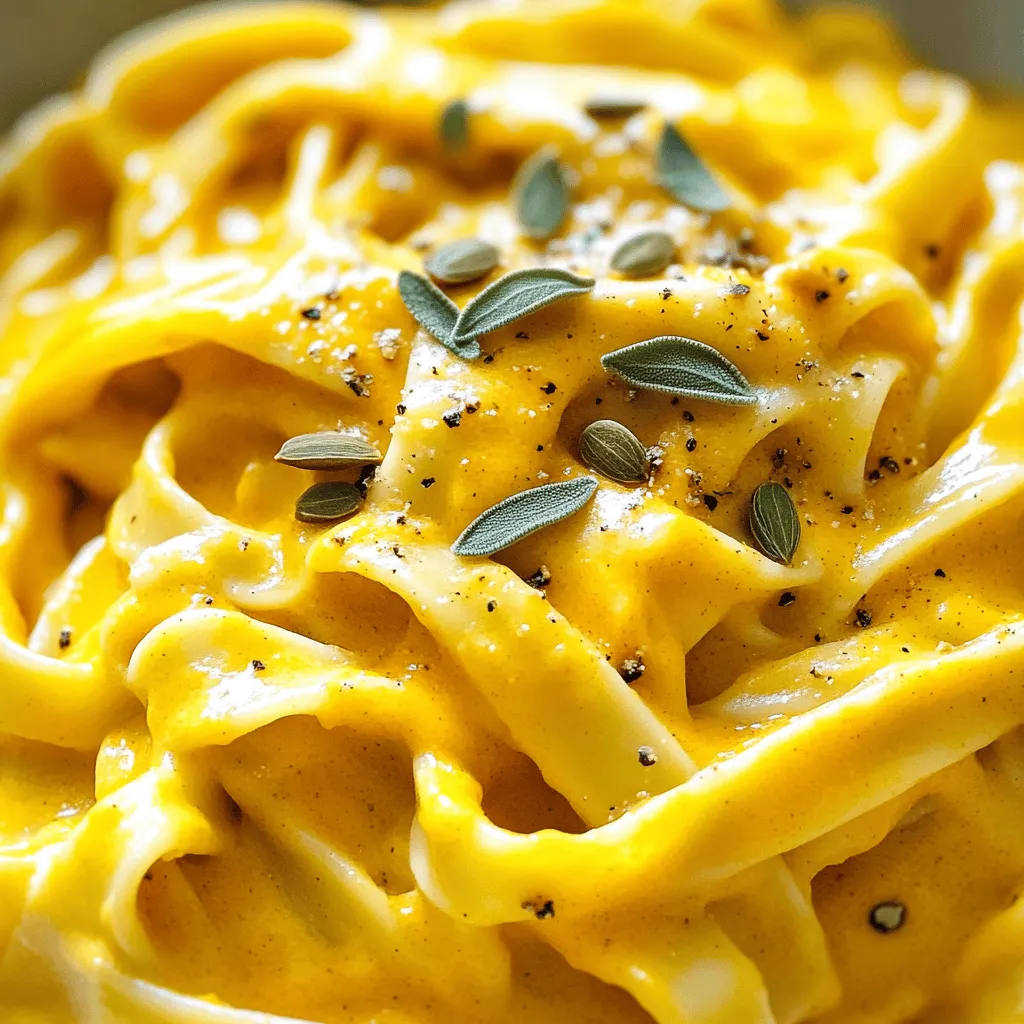 - Fettuccine oder andere Pasta: 340 g - Kürbispüree: 240 ml - Schlagsahne: 240 ml - Gemüsebrühe: 240 ml Die Hauptzutaten sind sehr wichtig für den Geschmack. Fettuccine macht die Pasta schön und weich. Das Kürbispüree gibt der Sauce eine tolle Farbe und süßen Geschmack. Schlagsahne sorgt für die cremige Textur, die wir lieben. Gemüsebrühe fügt einen herzhaften Geschmack hinzu. - Zwiebel: 1 kleine, fein gehackt - Knoblauch: 2 Zehen, gehackt - Frischer Salbei: 1 Esslöffel, gehackt Aromatische Zusätze bringen die Aromen zum Leben. Die Zwiebel macht die Basis süß und weich. Knoblauch gibt einen starken, tollen Geruch. Frischer Salbei bringt den Herbst in die Küche. Diese Zutaten machen die Pasta besonders lecker. - Muskatnuss: 1/2 Teelöffel - Salz: 1/2 Teelöffel - Schwarzer Pfeffer: 1/4 Teelöffel - Parmesan: 50 g, gerieben - Olivenöl: 2 Esslöffel Gewürze und Käse sind das i-Tüpfelchen. Muskatnuss gibt der Sauce einen warmen, nussigen Geschmack. Salz und Pfeffer sorgen für den richtigen Biss. Parmesan macht alles noch cremiger und würziger. Olivenöl hilft, die Aromen gut zu verbinden. All diese Zutaten findest du in der [Full Recipe]. - Fülle einen großen Topf mit Wasser. - Bring das Wasser zum Kochen und füge Salz hinzu. - Koche die Pasta gemäß der Packungsanweisung bis al dente. - Bewahre eine Tasse Nudelwasser auf, dann lass die Pasta abtropfen. - Erhitze das Olivenöl in einer großen Pfanne bei mittlerer Hitze. - Füge die fein gehackte Zwiebel hinzu und brate sie für 3-4 Minuten. - Die Zwiebel sollte glasig und weich sein. - Rühre den gehackten Knoblauch, frischen Salbei, Muskatnuss, Salz und Pfeffer unter. - Lass alles für weitere 1-2 Minuten kochen, bis es duftet. - Gib das Kürbispüree und die Gemüsebrühe in die Pfanne. - Rühre alles gut um und bring die Mischung sanft zum Köcheln. - Füge langsam die Sahne hinzu, während du rührst. - Koche die Sauce, bis sie glatt und gut erhitzt ist. - Vermenge die gekochte Pasta mit der Sauce, bis sie gut bedeckt ist. - Bei Bedarf das aufbewahrte Nudelwasser hinzufügen, wenn die Sauce zu dick ist. - Rühre den geriebenen Parmesan ein, bis er schmilzt. Für die vollständige Anleitung, schau dir das [Full Recipe] an. Um die perfekte Konsistenz zu erzielen, ist Nudelwasser dein bester Freund. Behalte eine Tasse Nudelwasser, wenn du die Pasta abgießt. Dieses Wasser hilft, die Soße zu verdünnen und bindet die Aromen. Wenn die Soße zu dick ist, füge einfach etwas Nudelwasser hinzu. Wenn du die Sahne einarbeitest, mach das schrittweise. Gieße die Sahne langsam in die Soße. Rühre dabei gut um, damit sich alles gleichmäßig verbindet. So bleibt die Soße schön cremig und glatt. Frische Kräuter machen einen großen Unterschied. Frischer Salbei bringt mehr Aroma als getrockneter Salbei. Du kannst auch andere frische Kräuter ausprobieren, wie Thymian oder Rosmarin. Diese geben der Pasta eine besondere Note. Das Garnieren mit Kürbiskernen ist eine tolle Idee. Die Kerne fügen einen schönen Crunch hinzu. Sie sind auch gesund und machen das Gericht noch ansprechender. Um die Vorbereitungszeit zu minimieren, schneide die Zwiebel und den Knoblauch im Voraus. Du kannst sie auch am Abend vorher vorbereiten. So sparst du Zeit, wenn du kochst. Bereite alle Zutaten vor, bevor du anfängst zu kochen. Wenn alles bereitsteht, läuft der Kochprozess viel schneller. Diese Tipps helfen dir, die cremige Kürbissalbei-Pasta schnell und einfach zuzubereiten. Wenn du mehr Details möchtest, schau dir das Full Recipe an. {{image_4}} Um deine cremige Kürbissalbei-Pasta noch vielfältiger zu machen, kannst du einige tolle Zutaten hinzufügen. - Portobello-Pilze hinzufügen: Diese Pilze bringen einen herzhaften Geschmack und eine fleischige Textur. Sie sind eine tolle Ergänzung. Einfach die Pilze in Scheiben schneiden und in der Pfanne anbraten, bis sie schön goldbraun sind. - Spinat oder Grünkohl ergänzen: Diese grünen Blätter fügen Farbe und Nährstoffe hinzu. Sie sind einfach zuzubereiten und passen perfekt zur Sauce. Gib sie einfach kurz in die Pfanne, bis sie welken. Wenn du auf Gluten verzichten möchtest, gibt es viele Möglichkeiten, deine Pasta anzupassen. - Glutenfreie Pasta verwenden: Es gibt viele leckere glutenfreie Pasta-Optionen auf dem Markt. Wähle eine Pasta, die dir schmeckt. Sie kocht meist genauso wie normale Pasta. - Alternative Sahneprodukte für lactosefreie Version: Wenn du laktoseintolerant bist, kannst du pflanzliche Sahne verwenden. Es gibt viele gute Alternativen, die einen ähnlichen cremigen Geschmack liefern. Um den Geschmack deiner Pasta noch interessanter zu machen, kannst du einige Gewürze hinzufügen. - Fügen Sie Chili für Schärfe hinzu: Wenn du es scharf magst, kannst du etwas frische Chili oder Chilipulver hinzufügen. Das gibt der Pasta einen tollen Kick. - Gerösteter Knoblauch für intensiveren Geschmack: Wenn du Knoblauch liebst, röste ihn vorher an. Das macht ihn süß und intensiv im Geschmack. Füge ihn einfach zur Sauce hinzu, bevor du das Kürbispüree einrührst. Finde die perfekte Kombination für deinen Geschmack und genieße die Vielfalt! Für das vollständige Rezept, schau dir den [Full Recipe] an. Wenn du Reste von deiner cremigen Kürbissalbei-Pasta hast, lagere sie richtig. Du kannst sie im Kühlschrank oder im Gefrierfach aufbewahren. Für den Kühlschrank stelle sicher, dass die Pasta in einem luftdichten Behälter ist. So bleibt sie frisch und lecker. Du kannst sie auch einfrieren, wenn du sie länger aufbewahren möchtest. In diesem Fall solltest du die Pasta in Portionen teilen. Wenn es Zeit ist, die Reste wieder zu genießen, kannst du sie einfach aufwärmen. Nutze die Mikrowelle oder den Herd. Wenn du die Mikrowelle verwendest, erwärme die Pasta in kurzen Intervallen. Rühre sie zwischendurch um, damit sie gleichmäßig warm wird. Wenn du den Herd bevorzugst, füge etwas Wasser oder Brühe hinzu. So wird die Soße wieder cremig und lecker. Die Pasta bleibt im Kühlschrank etwa 3 bis 5 Tage frisch. Achte darauf, die Reste schnell zu verwenden. Wenn du sie richtig einfrierst, kann die Pasta bis zu 3 Monate halten. Um Verderb zu vermeiden, überprüfe die Pasta vor dem Essen. Wenn sie komisch riecht oder aussieht, wirf sie weg. So kannst du sicherstellen, dass du immer köstliche Pasta genießt. Um cremige Kürbissalbei-Pasta zu machen, folge diesen Schritten: 1. Koche die Pasta in gesalzenem Wasser bis sie al dente ist. 2. Erhitze Olivenöl in einer großen Pfanne und brate die Zwiebel. 3. Füge den Knoblauch und die Gewürze hinzu, bis sie gut duften. 4. Gib Kürbispüree und Gemüsebrühe in die Pfanne und rühre gut um. 5. Lasse die Mischung sanft köcheln und füge dann die Schlagsahne hinzu. 6. Vermische die Pasta mit der Soße. 7. Rühre Parmesan unter und serviere die Pasta warm. Wenn du mehr Details brauchst, sieh dir das [Full Recipe] an. Ja, du kannst die Pasta im Voraus zubereiten. Koche die Pasta und die Soße separat. - Lass die Pasta abkühlen und lagere sie in einem luftdichten Behälter. - Die Soße kann auch gekühlt werden. - Vor dem Servieren erhitze alles gut und füge etwas Nudelwasser hinzu, um die Soße cremig zu machen. Diese Pasta harmoniert gut mit verschiedenen Gemüsesorten. Hier sind einige Vorschläge: - Spinat: Er gibt Farbe und Nährstoffe. - Brokkoli: Für einen knackigen Biss. - Erbsen: Sie sind süß und lecker. - Gegrillte Zucchini: Für zusätzlichen Geschmack. Kombiniere dein Lieblingsgemüse für eine bunte Mahlzeit. Um die Kalorien in der Pasta zu reduzieren, kannst du folgende Tipps beachten: - Verwende Vollkornpasta anstelle von normaler Pasta. - Ersetze die Schlagsahne durch griechischen Joghurt oder eine leichte Sahnealternative. - Füge mehr Gemüse hinzu, um das Gericht nahrhafter zu machen. - Reduziere die Menge an Käse, wenn möglich. So kannst du die Pasta genießen und dabei gesünder essen. Zusammengefasst haben wir ein einfaches Rezept für cremige Kürbissalbei-Pasta. Wir haben die Hauptzutaten, Schritt-für-Schritt-Anleitungen und hilfreiche Tipps durchgegangen. Darüber hinaus haben wir Variationen für Vegetarier und glutenfreie Optionen besprochen. Letztendlich ist dieser Genuss leicht zuzubereiten und vielseitig einsetzbar. Experimentiere mit verschiedenen Zutaten und finde deinen Favoriten. Viel Spaß beim Kochen!
