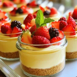 Für die No-Bake Cheesecake Cups benötigst du folgende Zutaten: - 1 Tasse Graham-Cracker-Brösel - 1/4 Tasse Zucker - 1/2 Tasse ungesalzene Butter, geschmolzen - 1 Tasse Frischkäse, weich - 1/2 Tasse Puderzucker - 1 Teelöffel Vanilleextrakt - 1 Tasse Schlagsahne - Frische Erdbeeren oder gemischte Beeren zum Garnieren - Minzblätter zur Dekoration (optional) Wenn du glutenfreie Cheesecake Cups machen möchtest, kannst du die Graham-Cracker durch glutenfreie Kekse ersetzen. Auch die Schlagsahne kannst du durch Kokoscreme ersetzen. Das gibt einen leichten, fruchtigen Geschmack. Für eine vegane Option benutze veganen Frischkäse und pflanzliche Sahne. Die Qualität der Zutaten macht einen großen Unterschied. Wähle frischen Frischkäse für einen reichhaltigen Geschmack. Achte darauf, dass die Butter ungesalzen ist, um den Geschmack nicht zu überlagern. Süße die Mischung nach deinem Geschmack, indem du mehr oder weniger Puderzucker nimmst. Verwende frische Beeren, da sie das Dessert schön dekorieren und einen frischen Geschmack hinzufügen. Um deine No-Bake Cheesecake Cups zu machen, folge diesen einfachen Schritten: 1. Mische in einer Schüssel die Graham-Cracker-Brösel, Zucker und geschmolzene Butter. 2. Drücke die Mischung fest in die Becher, um eine stabile Basis zu bilden. 3. Schlage den Frischkäse in einer großen Rührschüssel, bis er glatt ist. 4. Füge nach und nach den Puderzucker und Vanilleextrakt hinzu. Mixe alles gut. 5. Schlage die Schlagsahne in einer separaten Schüssel, bis sie steife Spitzen hat. 6. Hebe die Schlagsahne vorsichtig unter die Frischkäse-Mischung. 7. Löffle die Käsekuchenmischung in die Becher, bis sie zu drei Vierteln voll sind. 8. Decke die Becher mit Frischhaltefolie ab und lasse sie im Kühlschrank ruhen. Beim Zubereiten der No-Bake Cheesecake Cups gibt es einige Fehler, die du vermeiden solltest: - Achte darauf, dass der Frischkäse weich ist. Kalter Frischkäse führt zu Klumpen. - Mische die Schlagsahne vorsichtig unter. Zu kräftiges Rühren macht die Mischung schwer. - Lass die Becher lange genug im Kühlschrank. Weniger als vier Stunden reicht nicht. Ich empfehle, ein Video zu suchen, das den Prozess zeigt. Visuelle Anleitungen helfen oft bei komplexeren Schritten. Ein gutes Video kann dir die Schritte klar zeigen. Schau auf Plattformen wie YouTube nach. Um die perfekte Konsistenz für deine No-Bake Cheesecake Cups zu erzielen, achte auf die Mischung von Frischkäse und Sahne. Schlage den Frischkäse gut, bis er glatt ist. Das sorgt dafür, dass sich keine Klumpen bilden. Wenn du die Schlagsahne hinzufügst, mache das vorsichtig. Verwende einen Spatel und hebe die Sahne unter, ohne sie zu stark zu vermischen. So bleibt die Mischung luftig. Die Präsentation kann dein Dessert aufwerten. Nutze frische Erdbeeren oder gemischte Beeren als Topping. Sie bringen Farbe und Frische. Ein Minzblatt kann ebenfalls einen schönen Kontrast bieten. Verwende durchsichtige Becher, um die Schichten sichtbar zu machen. So sieht dein Dessert sehr einladend aus. Du kannst auch einen Spritzer Schlagsahne oben drauf geben, um es noch leckerer aussehen zu lassen. Bereite die Cheesecake Cups am besten einige Stunden vorher vor. So haben sie genug Zeit, um fest zu werden. Du kannst sie auch über Nacht im Kühlschrank lassen. Das macht sie noch besser. Wenn du Gäste erwartest, stelle die Becher auf eine schöne Platte. Das sieht toll aus und macht das Servieren einfacher. Achte darauf, sie kühl zu halten, besonders an warmen Tagen. Für das vollständige Rezept schaue dir die vollständige Anleitung an. {{image_4}} Du kannst die No-Bake Cheesecake Cups leicht anpassen. Probiere verschiedene Geschmäcker aus, um deine Lieblingsversion zu finden. Für eine schokoladige Note füge einfach 1/2 Tasse geschmolzene Schokolade zur Käsekuchenmischung hinzu. Für einen frischen Zitrusgeschmack kannst du den Saft und die Schale einer Zitrone hinzufügen. Diese Anpassungen machen dein Dessert noch aufregender! Die Toppings sind der Spaß an diesen Bechern! Du kannst frische Früchte wie Erdbeeren, Himbeeren oder Blaubeeren verwenden. Eine andere Idee ist, Karamellsoße über die Käsekuchen-Mischung zu träufeln. Du kannst auch zerbröselte Kekse oder Nüsse hinzufügen, um einen knackigen Kontrast zu schaffen. Diese Toppings machen die Becher nicht nur lecker, sondern auch schön. Du möchtest eine gesunde oder vegane Option? Kein Problem! Ersetze den Frischkäse durch veganen Frischkäse oder eine Mischung aus Cashews und Kokosmilch. Statt Zucker kannst du Honig oder Agavendicksaft verwenden. Für die Kruste nutze Haferflocken oder Datteln als Basis. So hast du eine köstliche und gesunde Version der No-Bake Cheesecake Cups. Für das vollständige Rezept, schaue bei [Full Recipe] vorbei! Um die No-Bake Cheesecake Cups frisch zu halten, lege sie in den Kühlschrank. Nutze eine luftdichte Box oder decke die Becher mit Frischhaltefolie ab. So bleibt die Cremigkeit erhalten und die Beeren frisch. Stelle sicher, dass die Becher nicht mit stark riechenden Lebensmitteln in Berührung kommen. Dies schützt den feinen Geschmack. Die No-Bake Cheesecake Cups bleiben im Kühlschrank etwa fünf Tage frisch. Nach der Zubereitung solltest du sie schnell genießen, um die beste Qualität zu erleben. Achte darauf, wie sich die Textur verändert. Wenn sie wässrig werden oder die Beeren matschig erscheinen, ist es Zeit, sie zu entsorgen. Wenn du die Cheesecake Cups länger aufbewahren möchtest, kannst du sie einfrieren. Fülle die Becher bis zur Oberkante und decke sie fest mit Frischhaltefolie ab. Stelle sie dann in einen gefrierfesten Behälter. So bleiben sie bis zu drei Monate haltbar. Zum Auftauen lege die Becher einfach in den Kühlschrank für einige Stunden. So bleibt die Konsistenz gleichmäßig und cremig. Für die vollständige Anleitung, inklusive der Zutaten und Zubereitung, schaue dir das [Full Recipe] an. No-Bake Cheesecake Cups halten gut bis zu fünf Tage im Kühlschrank. Damit bleibt der Geschmack frisch. Achte darauf, sie in einem luftdichten Behälter aufzubewahren. So trocknen sie nicht aus. Ja, du kannst die Käsekuchenmischung im Voraus zubereiten. Mache sie bis zu zwei Tage vorher. Lagere sie im Kühlschrank, bis du bereit bist, sie in die Becher zu füllen. Das spart Zeit, besonders bei Partys oder großen Anlässen. Ja, diese Rezeptur ist anpassbar. Du kannst glutenfreie Kekse für die Kruste verwenden. Auch für vegane Optionen gibt es pflanzliche Frischkäse-Alternativen. So kann jeder genießen. No-Bake Cheesecake Cups sind einfach und lecker. Wir haben die besten Zutaten aufgelistet und Alternativen vorgestellt. Eine klare Anleitung und hilfreiche Tipps machen die Zubereitung einfach. Variationen erlauben dir, kreativ zu sein, während Lagerungshinweise deine Kreationen frisch halten. Du kannst die Cupcakes nach Belieben anpassen und sie lange genießen. Probiere es aus und entdecke, wie viel Freude du beim Backen haben kannst. Es ist zeit, deinen perfekten Cheesecake zu kreieren.