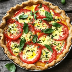 - 1 tiefes 9-Zoll-Pie-Gehäuse (fertig gekauft oder selbstgemacht) - 4-5 mittelgroße frische Tomaten, in Scheiben geschnitten - 1 Tasse geriebener Mozzarella-Käse - 1/2 Tasse geriebener Parmesan-Käse - 1 Tasse frische Basilikumblätter, gehackt - 1/2 Tasse Mayonnaise - 2 Esslöffel Dijon-Senf - 1/2 Teelöffel Knoblauchpulver - Salz und frisch gemahlener schwarzer Pfeffer - 1 Esslöffel Olivenöl - Rote Pfefferflocken (optional) Ich liebe es, frische Zutaten für meinen Klassischen Tomato Pie zu verwenden. Die Tomaten sind der Star! Wählen Sie reife, saftige Tomaten. Diese geben dem Kuchen den besten Geschmack. Mozzarella und Parmesan sorgen für eine köstliche, cremige Füllung. Frisches Basilikum bringt einen tollen Duft und Geschmack. Mayonnaise und Dijon-Senf machen die Füllung schön cremig. Knoblauchpulver fügt einen kleinen Kick hinzu. Denken Sie daran, Salz und Pfeffer nach Geschmack hinzuzufügen. Olivenöl sorgt dafür, dass die Oberseite schön knusprig wird. Wenn Sie es scharf mögen, fügen Sie etwas rote Pfefferflocken hinzu. Diese Zutaten sind einfach zu finden. So haben Sie alles, um diesen leckeren Pie zu machen. Für das vollständige Rezept schauen Sie sich die [Full Recipe] an. Heizen Sie den Ofen auf 200°C vor. Das sorgt dafür, dass der Pie gleichmäßig gart. Wenn Sie einen gefrorenen Pie-Boden haben, backen Sie ihn 10 Minuten lang vor. Dies hilft, den Boden knusprig zu machen. Nehmen Sie ihn dann aus dem Ofen und lassen Sie ihn leicht abkühlen. In einer mittelgroßen Schüssel mischen Sie die Mayonnaise, den Dijon-Senf, das Knoblauchpulver, Salz und Pfeffer. Rühren Sie alles gut um. Diese Mischung wird die cremige Füllung für den Pie. Jetzt beginnen Sie, die Tomaten in den Pie-Boden zu schichten. Beginnen Sie mit der Hälfte der Tomatenscheiben. Überlappen Sie sie leicht, um eine schöne Basis zu schaffen. Streuen Sie dann die Hälfte des Mozzarella- und Parmesan-Käses über die Tomaten. Fügen Sie die Hälfte des gehackten Basilikums hinzu. Verteilen Sie die Hälfte der Mayonnaise-Mischung gleichmäßig über die Käseschicht. Wiederholen Sie diesen Prozess mit den restlichen Tomaten, Käsesorten, Basilikum und der Mayonnaise-Mischung. Jetzt ist es Zeit, den Pie zu backen. Stellen Sie ihn in den vorgeheizten Ofen. Backen Sie ihn 30-35 Minuten lang. Der Pie ist fertig, wenn die Oberseite goldbraun und blubbernd ist. Lassen Sie ihn etwa 10 Minuten abkühlen, bevor Sie ihn in Stücke schneiden. Dies hilft, die Aromen zu entfalten und macht das Servieren einfacher. Genießen Sie den klassischen Tomato Pie mit frischen Tomaten! Um einen feuchten Teig zu vermeiden, backe den Pie-Boden vor. Das hilft, die Feuchtigkeit zu reduzieren. Ich empfehle, den Boden für etwa 10 Minuten bei 200°C vorzubacken. So wird der Teig fest und knusprig. Achte darauf, den Pie nicht zu lange zu backen. Eine Backzeit von 30 bis 35 Minuten reicht aus. Die Oberseite sollte goldbraun sein, das zeigt, dass der Pie fertig ist. Um den Geschmack zu verbessern, füge frische Kräuter hinzu. Basilikum passt gut zu Tomaten. Du kannst auch Oregano oder Thymian ausprobieren. Eine Prise rote Pfefferflocken sorgt für einen kleinen Kick. Um die Textur zu verbessern, verwende reife Tomaten. Sie geben mehr Geschmack und Saftigkeit. Mische die Käsearten gut für ein cremiges Erlebnis. Garniere den Pie mit frischen Basilikumblättern für einen schönen Look. Du kannst auch einen Hauch von Olivenöl über die Oberseite träufeln. Serviere den Kuchen warm, das macht ihn noch leckerer. Ein einfacher grüner Salat passt gut als Beilage. So hast du eine tolle, ausgewogene Mahlzeit. Schau dir auch das [Full Recipe](#) an, um alle Details zu sehen! {{image_4}} Sie können die Füllung anpassen. Fügen Sie Gemüse wie Zucchini oder Paprika hinzu. Diese bringen Farbe und Geschmack. Statt Käse können Sie auch einen veganen Käse verwenden. So machen Sie den Pie pflanzenbasiert und leicht. Möchten Sie etwas Neues? Versuchen Sie eine italienische Variante. Nutzen Sie Ricotta und frische italienische Kräuter. Diese geben dem Pie mehr Tiefe. Für Liebhaber von herzhaftem Essen ist eine pikante Version toll. Fügen Sie Speck oder Schinken hinzu. Das ergibt einen leckeren, rauchigen Geschmack. Nutzen Sie die besten saisonalen Tomaten. Diese sind oft süßer und saftiger. Im Frühling können Sie frische Spargelstücke oder Erbsen hinzufügen. Im Sommer passen frische Kräuter wie Oregano oder Thymian gut. Diese kleinen Anpassungen machen den Pie noch besser. Sie können das Rezept [Full Recipe] verwenden und kreativ werden! Nach dem Backen lasse ich den Tomato Pie auf Raumtemperatur abkühlen. Ich lagere ihn dann im Kühlschrank. Wichtig ist, dass er in einem luftdichten Behälter ist. So bleibt er frisch. Ein offener Pie kann schneller alt werden. Das richtige Lagern hilft, den Geschmack zu bewahren. Im Kühlschrank bleibt der Pie etwa 3 bis 5 Tage frisch. Ich achte darauf, ihn gut abzudecken. So schütze ich ihn vor anderen Gerüchen. Wenn du ihn in einer luftdichten Box aufbewahrst, bleibt er länger lecker. Ich empfehle, bei der ersten Verwendung auf den Geruch und das Aussehen zu achten. Falls du den Pie länger aufbewahren möchtest, kannst du ihn einfrieren. Lasse ihn zuerst vollständig abkühlen. Wickele ihn dann fest in Frischhaltefolie. Danach lege ihn in einen gefrierfesten Behälter. Zum Auftauen lege ich ihn einfach über Nacht in den Kühlschrank. Du kannst ihn auch im Ofen bei niedriger Temperatur aufwärmen. So bleibt die Kruste knusprig. Die Zubereitung des Classic Tomato Pie dauert insgesamt etwa 1 Stunde. Die Vorbereitungszeit beträgt etwa 20 Minuten. Die Kochzeit im Ofen liegt bei 30 bis 35 Minuten. So haben Sie schnell ein köstliches Gericht auf dem Tisch. Ja, frische Kräuter sind eine tolle Wahl. Sie bringen mehr Geschmack in den Pie. Frisches Basilikum hat ein intensives Aroma. Das hebt den Geschmack der Tomaten hervor. Frische Kräuter sind gesünder und voller Nährstoffe. Sie sind einfach zu finden und leicht zu verwenden. Ja, der Pie ist vegetarisch. Die Hauptzutaten sind frische Tomaten, Käse, Mayonnaise und Gewürze. Sie können ihn leicht anpassen. Fügen Sie zum Beispiel Gemüse wie Zucchini oder Paprika hinzu. Oder verwenden Sie pflanzliche Käsealternativen für eine vegane Option. Lassen Sie den Kuchen nach dem Backen etwa 10 Minuten abkühlen. Dies hilft, die Aromen zu entfalten. Der Pie wird fester und lässt sich besser schneiden. Stellen Sie ihn auf ein Kuchengitter, um die Luftzirkulation zu fördern. So bleibt der Boden knusprig und lecker. Dieser Blogbeitrag gibt Ihnen eine klare Anleitung zur Zubereitung eines köstlichen Tomatenpiek. Wir haben alle Zutaten aufgelistet und einfache Schritte bereitgestellt. Ich teile auch nützliche Tipps für die perfekte Konsistenz und Geschmack. Sie können Varianten ausprobieren, um neue Geschmäcker zu entdecken. Denken Sie daran, den Kuchen richtig aufzubewahren, damit er frisch bleibt. Kochen kann Spaß machen und einfach sein. Machen Sie sich bereit, Ihr nächstes Gericht zu genießen!