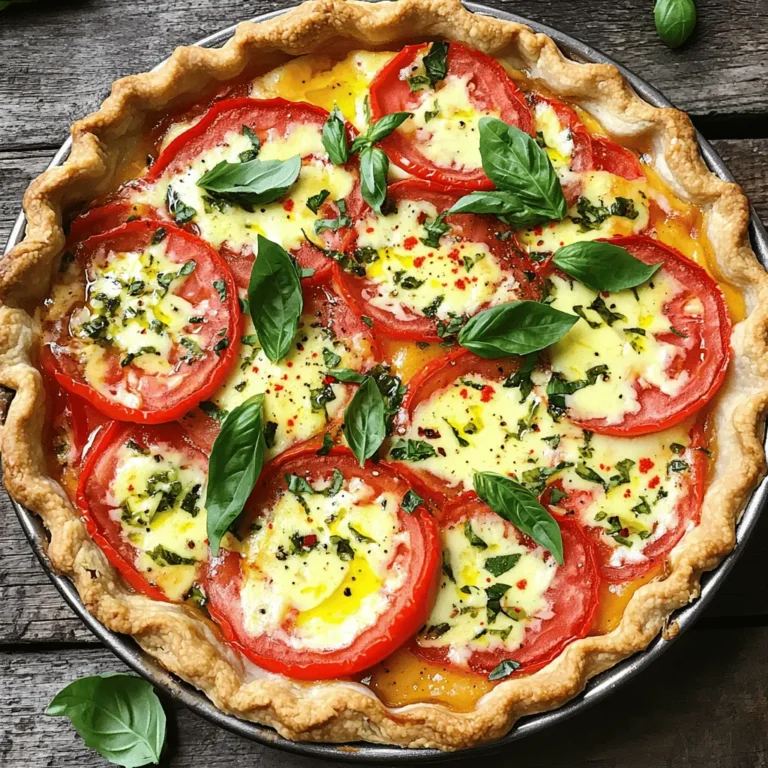 - 1 tiefes 9-Zoll-Pie-Gehäuse (fertig gekauft oder selbstgemacht) - 4-5 mittelgroße frische Tomaten, in Scheiben geschnitten - 1 Tasse geriebener Mozzarella-Käse - 1/2 Tasse geriebener Parmesan-Käse - 1 Tasse frische Basilikumblätter, gehackt - 1/2 Tasse Mayonnaise - 2 Esslöffel Dijon-Senf - 1/2 Teelöffel Knoblauchpulver - Salz und frisch gemahlener schwarzer Pfeffer - 1 Esslöffel Olivenöl - Rote Pfefferflocken (optional) Ich liebe es, frische Zutaten für meinen Klassischen Tomato Pie zu verwenden. Die Tomaten sind der Star! Wählen Sie reife, saftige Tomaten. Diese geben dem Kuchen den besten Geschmack. Mozzarella und Parmesan sorgen für eine köstliche, cremige Füllung. Frisches Basilikum bringt einen tollen Duft und Geschmack. Mayonnaise und Dijon-Senf machen die Füllung schön cremig. Knoblauchpulver fügt einen kleinen Kick hinzu. Denken Sie daran, Salz und Pfeffer nach Geschmack hinzuzufügen. Olivenöl sorgt dafür, dass die Oberseite schön knusprig wird. Wenn Sie es scharf mögen, fügen Sie etwas rote Pfefferflocken hinzu. Diese Zutaten sind einfach zu finden. So haben Sie alles, um diesen leckeren Pie zu machen. Für das vollständige Rezept schauen Sie sich die [Full Recipe] an. Heizen Sie den Ofen auf 200°C vor. Das sorgt dafür, dass der Pie gleichmäßig gart. Wenn Sie einen gefrorenen Pie-Boden haben, backen Sie ihn 10 Minuten lang vor. Dies hilft, den Boden knusprig zu machen. Nehmen Sie ihn dann aus dem Ofen und lassen Sie ihn leicht abkühlen. In einer mittelgroßen Schüssel mischen Sie die Mayonnaise, den Dijon-Senf, das Knoblauchpulver, Salz und Pfeffer. Rühren Sie alles gut um. Diese Mischung wird die cremige Füllung für den Pie. Jetzt beginnen Sie, die Tomaten in den Pie-Boden zu schichten. Beginnen Sie mit der Hälfte der Tomatenscheiben. Überlappen Sie sie leicht, um eine schöne Basis zu schaffen. Streuen Sie dann die Hälfte des Mozzarella- und Parmesan-Käses über die Tomaten. Fügen Sie die Hälfte des gehackten Basilikums hinzu. Verteilen Sie die Hälfte der Mayonnaise-Mischung gleichmäßig über die Käseschicht. Wiederholen Sie diesen Prozess mit den restlichen Tomaten, Käsesorten, Basilikum und der Mayonnaise-Mischung. Jetzt ist es Zeit, den Pie zu backen. Stellen Sie ihn in den vorgeheizten Ofen. Backen Sie ihn 30-35 Minuten lang. Der Pie ist fertig, wenn die Oberseite goldbraun und blubbernd ist. Lassen Sie ihn etwa 10 Minuten abkühlen, bevor Sie ihn in Stücke schneiden. Dies hilft, die Aromen zu entfalten und macht das Servieren einfacher. Genießen Sie den klassischen Tomato Pie mit frischen Tomaten! Um einen feuchten Teig zu vermeiden, backe den Pie-Boden vor. Das hilft, die Feuchtigkeit zu reduzieren. Ich empfehle, den Boden für etwa 10 Minuten bei 200°C vorzubacken. So wird der Teig fest und knusprig. Achte darauf, den Pie nicht zu lange zu backen. Eine Backzeit von 30 bis 35 Minuten reicht aus. Die Oberseite sollte goldbraun sein, das zeigt, dass der Pie fertig ist. Um den Geschmack zu verbessern, füge frische Kräuter hinzu. Basilikum passt gut zu Tomaten. Du kannst auch Oregano oder Thymian ausprobieren. Eine Prise rote Pfefferflocken sorgt für einen kleinen Kick. Um die Textur zu verbessern, verwende reife Tomaten. Sie geben mehr Geschmack und Saftigkeit. Mische die Käsearten gut für ein cremiges Erlebnis. Garniere den Pie mit frischen Basilikumblättern für einen schönen Look. Du kannst auch einen Hauch von Olivenöl über die Oberseite träufeln. Serviere den Kuchen warm, das macht ihn noch leckerer. Ein einfacher grüner Salat passt gut als Beilage. So hast du eine tolle, ausgewogene Mahlzeit. Schau dir auch das [Full Recipe](#) an, um alle Details zu sehen! {{image_4}} Sie können die Füllung anpassen. Fügen Sie Gemüse wie Zucchini oder Paprika hinzu. Diese bringen Farbe und Geschmack. Statt Käse können Sie auch einen veganen Käse verwenden. So machen Sie den Pie pflanzenbasiert und leicht. Möchten Sie etwas Neues? Versuchen Sie eine italienische Variante. Nutzen Sie Ricotta und frische italienische Kräuter. Diese geben dem Pie mehr Tiefe. Für Liebhaber von herzhaftem Essen ist eine pikante Version toll. Fügen Sie Speck oder Schinken hinzu. Das ergibt einen leckeren, rauchigen Geschmack. Nutzen Sie die besten saisonalen Tomaten. Diese sind oft süßer und saftiger. Im Frühling können Sie frische Spargelstücke oder Erbsen hinzufügen. Im Sommer passen frische Kräuter wie Oregano oder Thymian gut. Diese kleinen Anpassungen machen den Pie noch besser. Sie können das Rezept [Full Recipe] verwenden und kreativ werden! Nach dem Backen lasse ich den Tomato Pie auf Raumtemperatur abkühlen. Ich lagere ihn dann im Kühlschrank. Wichtig ist, dass er in einem luftdichten Behälter ist. So bleibt er frisch. Ein offener Pie kann schneller alt werden. Das richtige Lagern hilft, den Geschmack zu bewahren. Im Kühlschrank bleibt der Pie etwa 3 bis 5 Tage frisch. Ich achte darauf, ihn gut abzudecken. So schütze ich ihn vor anderen Gerüchen. Wenn du ihn in einer luftdichten Box aufbewahrst, bleibt er länger lecker. Ich empfehle, bei der ersten Verwendung auf den Geruch und das Aussehen zu achten. Falls du den Pie länger aufbewahren möchtest, kannst du ihn einfrieren. Lasse ihn zuerst vollständig abkühlen. Wickele ihn dann fest in Frischhaltefolie. Danach lege ihn in einen gefrierfesten Behälter. Zum Auftauen lege ich ihn einfach über Nacht in den Kühlschrank. Du kannst ihn auch im Ofen bei niedriger Temperatur aufwärmen. So bleibt die Kruste knusprig. Die Zubereitung des Classic Tomato Pie dauert insgesamt etwa 1 Stunde. Die Vorbereitungszeit beträgt etwa 20 Minuten. Die Kochzeit im Ofen liegt bei 30 bis 35 Minuten. So haben Sie schnell ein köstliches Gericht auf dem Tisch. Ja, frische Kräuter sind eine tolle Wahl. Sie bringen mehr Geschmack in den Pie. Frisches Basilikum hat ein intensives Aroma. Das hebt den Geschmack der Tomaten hervor. Frische Kräuter sind gesünder und voller Nährstoffe. Sie sind einfach zu finden und leicht zu verwenden. Ja, der Pie ist vegetarisch. Die Hauptzutaten sind frische Tomaten, Käse, Mayonnaise und Gewürze. Sie können ihn leicht anpassen. Fügen Sie zum Beispiel Gemüse wie Zucchini oder Paprika hinzu. Oder verwenden Sie pflanzliche Käsealternativen für eine vegane Option. Lassen Sie den Kuchen nach dem Backen etwa 10 Minuten abkühlen. Dies hilft, die Aromen zu entfalten. Der Pie wird fester und lässt sich besser schneiden. Stellen Sie ihn auf ein Kuchengitter, um die Luftzirkulation zu fördern. So bleibt der Boden knusprig und lecker. Dieser Blogbeitrag gibt Ihnen eine klare Anleitung zur Zubereitung eines köstlichen Tomatenpiek. Wir haben alle Zutaten aufgelistet und einfache Schritte bereitgestellt. Ich teile auch nützliche Tipps für die perfekte Konsistenz und Geschmack. Sie können Varianten ausprobieren, um neue Geschmäcker zu entdecken. Denken Sie daran, den Kuchen richtig aufzubewahren, damit er frisch bleibt. Kochen kann Spaß machen und einfach sein. Machen Sie sich bereit, Ihr nächstes Gericht zu genießen!