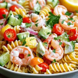 Für einen leckeren cremigen Garnelen-Pasta-Salat benötigst du einige frische und einfache Zutaten. Hier ist die Liste: - 225 g Fusilli oder Rotini-Nudeln - 450 g große Garnelen, geschält und entdarmt - 240 ml Kirschtomaten, halbiert - 75 g rote Paprika, gewürfelt - 75 g Gurke, gewürfelt - 50 g rote Zwiebel, fein gehackt - 120 ml Mayonnaise - 60 ml griechischer Joghurt - 30 ml Zitronensaft - 15 ml Dijon-Senf - 5 g Knoblauchpulver - Salz und Pfeffer nach Geschmack - Frische Petersilie, gehackt, zum Garnieren Jede Zutat bringt ihren eigenen Geschmack in den Salat. Die Pasta sorgt für einen guten Biss, während die Garnelen für ein zartes Protein sorgen. Die Kirschtomaten und das Gemüse bringen Frische und Farbe ins Spiel. Es gibt viele Möglichkeiten, die Zutaten zu variieren. Du kannst die Fusilli gegen Penne oder Spaghetti austauschen. Wenn du keine Garnelen magst, probiere Hühnchen oder Tofu. Auch die Mayonnaise kannst du durch Avocado oder ein anderes Dressing ersetzen. Für mehr Geschmack kannst du die roten Paprika durch gelbe oder grüne ersetzen. Wenn du es schärfer magst, füge einige Jalapeños hinzu. Sei kreativ und passe die Zutaten deinem Geschmack an. Frische Garnelen sind wichtig für diesen Salat. Achte darauf, dass die Garnelen fest und glänzend sind. Sie sollten nicht zu stark nach Fisch riechen. Wenn du frisches Gemüse kaufst, suche nach knackigen und bunten Stücken. Die Kirschtomaten sollten reif und saftig sein. Bei der Gurke wähle eine feste, grüne Gurke ohne Druckstellen. Achte darauf, dass die Zwiebel frisch und knackig ist. Diese kleinen Details machen einen großen Unterschied im Geschmack deines Salats. Wenn du mehr über die Zubereitung erfahren möchtest, schau dir das vollständige Rezept an. Koche die Nudeln in einem großen Topf mit leicht gesalzenem Wasser. Halte dich an die Anweisungen auf der Verpackung. Ich empfehle Fusilli oder Rotini, da sie gut die Sauce halten. Wenn die Nudeln al dente sind, gieße sie ab. Spüle sie sofort unter kaltem Wasser ab. Das stoppt den Garprozess. Lass die Nudeln dann beiseite. Erhitze einen Spritzer Wasser oder Öl in einer großen Pfanne bei mittlerer Hitze. Füge die Garnelen hinzu. Brate sie für etwa 3 bis 4 Minuten. Sie sollten rosa und undurchsichtig sein. Würze die Garnelen mit Salz und Pfeffer. Nimm die Pfanne vom Herd und lasse die Garnelen abkühlen. In einer großen Schüssel mische die Mayonnaise, den griechischen Joghurt, den Zitronensaft, den Dijon-Senf und das Knoblauchpulver. Füge Salz und Pfeffer hinzu. Verwende einen Schneebesen, um alles gut zu vermengen. Die Mischung sollte glatt und cremig sein. Gib die gekochten Nudeln in die Schüssel mit dem Dressing. Klappe die sautierten Garnelen, die halbierten Kirschtomaten, die gewürfelte rote Paprika, die Gurke und die rote Zwiebel vorsichtig unter. Mische alles sanft, bis alle Zutaten gut mit dem Dressing bedeckt sind. Schmecke ab und passe die Würze nach Bedarf an. Decke den Salat ab und stelle ihn für mindestens 30 Minuten in den Kühlschrank. So ziehen die Aromen gut durch. Vor dem Servieren kannst du den Salat nochmals durchmischen und mit frischer Petersilie bestreuen. Für das vollständige Rezept, schau dir den Abschnitt "Full Recipe" an. Um den perfekten cremigen Garnelen-Pasta-Salat zu machen, achte auf die Nudeln. Koche sie al dente, damit sie nicht matschig werden. Das gibt deinem Salat eine gute Textur. Ich empfehle, die Garnelen nur kurz zu braten. So bleiben sie saftig und zart. Mische das Dressing gut, bis es cremig ist. Achte darauf, dass alle Zutaten gleichmäßig verteilt sind. So schmeckt jeder Bissen gleich gut. Wenn du Reste hast, bewahre sie in einem luftdichten Behälter auf. So bleibt der Salat frisch. Stelle ihn in den Kühlschrank und verbrauche ihn innerhalb von drei Tagen. Wenn der Salat zu lange steht, wird er weniger lecker. Vor dem Essen, mische ihn leicht durch. So wird er wieder frisch und appetitlich. Serviere den Salat in einer großen Schüssel. Du kannst ihn mit Zitronenscheiben und frischer Petersilie garnieren. Das sieht toll aus und bringt frische Aromen. Als Beilage passen knusprige Brötchen oder ein einfacher grüner Salat gut dazu. Wenn du etwas mehr möchtest, probiere gegrilltes Gemüse oder eine fruchtige Salsa. Diese Optionen ergänzen den Salat perfekt und machen dein Gericht spannender. {{image_4}} Wenn du eine vegane Option suchst, probiere pflanzliche Garnelen. Sie bestehen aus Soja oder Algen. Diese Alternativen bieten einen ähnlichen Geschmack und eine gute Textur. Du kannst auch gebratene Pilze oder Kichererbsen verwenden. Diese geben dem Salat einen herzhaften Biss. Gemüse macht unseren Salat frisch und bunt. Du kannst auch Brokkoli, Zucchini oder Erbsen hinzufügen. Diese Gemüse geben dem Salat eine tolle Farbe und Textur. Auch Avocado sorgt für Cremigkeit. Experimentiere mit verschiedenen Gemüsesorten, um deinen Salat anzupassen. Die Gewürze machen den Unterschied. Für einen scharfen Kick füge etwas Cayennepfeffer hinzu. Wenn du es süßer magst, probiere Honig oder Agavendicksaft im Dressing. Kräuter wie Dill oder Basilikum geben dem Salat eine frische Note. Anpassungen machen dein Gericht einzigartig. Wenn du mehr über die Zubereitung erfahren möchtest, schau dir das [Full Recipe] an. Um den cremigen Garnelen-Pasta-Salat frisch zu halten, lagere ihn im Kühlschrank. Der beste Platz ist im mittleren Fach. So bleibt die Temperatur konstant. Der Salat hält sich dort etwa drei Tage. Achte darauf, ihn in einem luftdichten Behälter zu verstauen. Das verhindert, dass er Gerüche aufnimmt. Das Einfrieren des Salats ist nicht ideal. Die cremige Textur leidet beim Auftauen. Wenn du Reste hast, lege sie lieber in den Kühlschrank. Wenn du unbedingt einfrieren möchtest, trenne die Garnelen und das Dressing von den Nudeln. So bleibt die Qualität besser. Du kannst die Nudeln später frisch zubereiten. Wenn du den Salat aufwärmen möchtest, mache das vorsichtig. Erwärme nur die Garnelen in einer Pfanne. Nutze niedrige Hitze, um sie nicht zu überkochen. Halte die Nudeln und das Dressing kühl. Mische sie erst zusammen, wenn du bereit bist zu essen. So bleibt der Salat cremig und lecker. Der cremige Garnelen-Pasta-Salat hält sich gut im Kühlschrank. Sie können ihn bis zu drei Tage aufbewahren. Lagern Sie ihn in einem luftdichten Behälter. So bleibt er frisch und lecker. Ja, dieses Rezept eignet sich hervorragend zur Vorbereitung. Sie können den Salat bis zu einen Tag vorher machen. Kühlen Sie ihn bis zum Servieren. Die Aromen entwickeln sich so noch besser. Um eine glutenfreie Version des Salats zu machen, nutzen Sie glutenfreie Nudeln. Es gibt viele tolle Alternativen aus Reis oder Mais. Achten Sie darauf, auch die anderen Zutaten zu prüfen. Einige Saucen oder Dressings enthalten Gluten. Für mehr Würze können Sie zusätzliche Gewürze verwenden. Fügen Sie etwas Cayennepfeffer oder Paprika hinzu. Frische Kräuter wie Dill oder Schnittlauch geben auch einen tollen Geschmack. Ein Spritzer scharfer Sauce kann ebenfalls helfen, den Salat aufzupeppen. Wir haben die Hauptzutaten für den cremigen Garnelen-Pasta-Salat besprochen. Frische Garnelen und knackiges Gemüse sind wichtig. Die Schritt-für-Schritt-Anleitung zeigt, wie einfach es ist. Mit unseren Tipps gelingt der Salat perfekt. Du kannst auch kreative Variationen und Lagerungsmethoden ausprobieren. Denke daran, dass frische Zutaten und gute Lagerung die Qualität steigern. Probiere verschiedene Gewürze, um deinen ganz eigenen Geschmack zu finden. Schließlich ist dieser Salat nicht nur lecker, sondern auch vielseitig und einfach zuzubereiten.