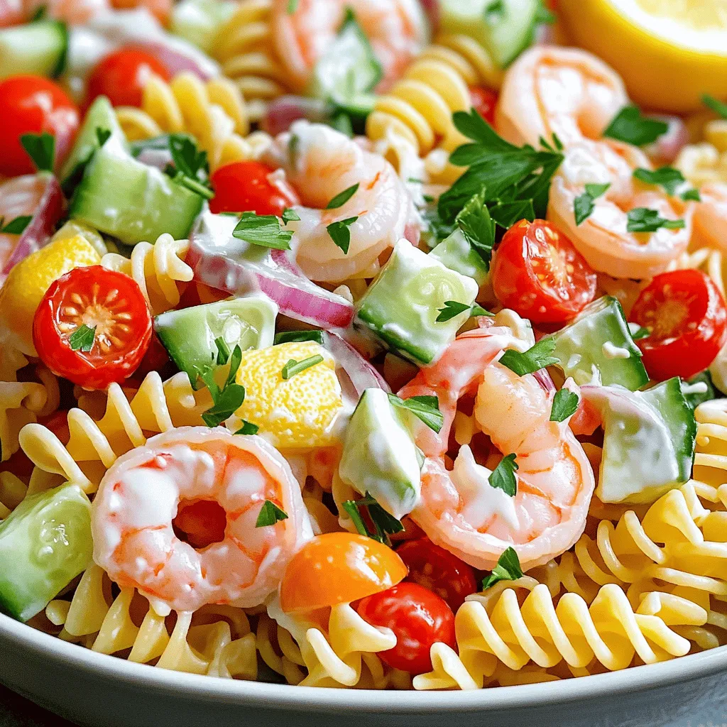 Für einen leckeren cremigen Garnelen-Pasta-Salat benötigst du einige frische und einfache Zutaten. Hier ist die Liste: - 225 g Fusilli oder Rotini-Nudeln - 450 g große Garnelen, geschält und entdarmt - 240 ml Kirschtomaten, halbiert - 75 g rote Paprika, gewürfelt - 75 g Gurke, gewürfelt - 50 g rote Zwiebel, fein gehackt - 120 ml Mayonnaise - 60 ml griechischer Joghurt - 30 ml Zitronensaft - 15 ml Dijon-Senf - 5 g Knoblauchpulver - Salz und Pfeffer nach Geschmack - Frische Petersilie, gehackt, zum Garnieren Jede Zutat bringt ihren eigenen Geschmack in den Salat. Die Pasta sorgt für einen guten Biss, während die Garnelen für ein zartes Protein sorgen. Die Kirschtomaten und das Gemüse bringen Frische und Farbe ins Spiel. Es gibt viele Möglichkeiten, die Zutaten zu variieren. Du kannst die Fusilli gegen Penne oder Spaghetti austauschen. Wenn du keine Garnelen magst, probiere Hühnchen oder Tofu. Auch die Mayonnaise kannst du durch Avocado oder ein anderes Dressing ersetzen. Für mehr Geschmack kannst du die roten Paprika durch gelbe oder grüne ersetzen. Wenn du es schärfer magst, füge einige Jalapeños hinzu. Sei kreativ und passe die Zutaten deinem Geschmack an. Frische Garnelen sind wichtig für diesen Salat. Achte darauf, dass die Garnelen fest und glänzend sind. Sie sollten nicht zu stark nach Fisch riechen. Wenn du frisches Gemüse kaufst, suche nach knackigen und bunten Stücken. Die Kirschtomaten sollten reif und saftig sein. Bei der Gurke wähle eine feste, grüne Gurke ohne Druckstellen. Achte darauf, dass die Zwiebel frisch und knackig ist. Diese kleinen Details machen einen großen Unterschied im Geschmack deines Salats. Wenn du mehr über die Zubereitung erfahren möchtest, schau dir das vollständige Rezept an. Koche die Nudeln in einem großen Topf mit leicht gesalzenem Wasser. Halte dich an die Anweisungen auf der Verpackung. Ich empfehle Fusilli oder Rotini, da sie gut die Sauce halten. Wenn die Nudeln al dente sind, gieße sie ab. Spüle sie sofort unter kaltem Wasser ab. Das stoppt den Garprozess. Lass die Nudeln dann beiseite. Erhitze einen Spritzer Wasser oder Öl in einer großen Pfanne bei mittlerer Hitze. Füge die Garnelen hinzu. Brate sie für etwa 3 bis 4 Minuten. Sie sollten rosa und undurchsichtig sein. Würze die Garnelen mit Salz und Pfeffer. Nimm die Pfanne vom Herd und lasse die Garnelen abkühlen. In einer großen Schüssel mische die Mayonnaise, den griechischen Joghurt, den Zitronensaft, den Dijon-Senf und das Knoblauchpulver. Füge Salz und Pfeffer hinzu. Verwende einen Schneebesen, um alles gut zu vermengen. Die Mischung sollte glatt und cremig sein. Gib die gekochten Nudeln in die Schüssel mit dem Dressing. Klappe die sautierten Garnelen, die halbierten Kirschtomaten, die gewürfelte rote Paprika, die Gurke und die rote Zwiebel vorsichtig unter. Mische alles sanft, bis alle Zutaten gut mit dem Dressing bedeckt sind. Schmecke ab und passe die Würze nach Bedarf an. Decke den Salat ab und stelle ihn für mindestens 30 Minuten in den Kühlschrank. So ziehen die Aromen gut durch. Vor dem Servieren kannst du den Salat nochmals durchmischen und mit frischer Petersilie bestreuen. Für das vollständige Rezept, schau dir den Abschnitt "Full Recipe" an. Um den perfekten cremigen Garnelen-Pasta-Salat zu machen, achte auf die Nudeln. Koche sie al dente, damit sie nicht matschig werden. Das gibt deinem Salat eine gute Textur. Ich empfehle, die Garnelen nur kurz zu braten. So bleiben sie saftig und zart. Mische das Dressing gut, bis es cremig ist. Achte darauf, dass alle Zutaten gleichmäßig verteilt sind. So schmeckt jeder Bissen gleich gut. Wenn du Reste hast, bewahre sie in einem luftdichten Behälter auf. So bleibt der Salat frisch. Stelle ihn in den Kühlschrank und verbrauche ihn innerhalb von drei Tagen. Wenn der Salat zu lange steht, wird er weniger lecker. Vor dem Essen, mische ihn leicht durch. So wird er wieder frisch und appetitlich. Serviere den Salat in einer großen Schüssel. Du kannst ihn mit Zitronenscheiben und frischer Petersilie garnieren. Das sieht toll aus und bringt frische Aromen. Als Beilage passen knusprige Brötchen oder ein einfacher grüner Salat gut dazu. Wenn du etwas mehr möchtest, probiere gegrilltes Gemüse oder eine fruchtige Salsa. Diese Optionen ergänzen den Salat perfekt und machen dein Gericht spannender. {{image_4}} Wenn du eine vegane Option suchst, probiere pflanzliche Garnelen. Sie bestehen aus Soja oder Algen. Diese Alternativen bieten einen ähnlichen Geschmack und eine gute Textur. Du kannst auch gebratene Pilze oder Kichererbsen verwenden. Diese geben dem Salat einen herzhaften Biss. Gemüse macht unseren Salat frisch und bunt. Du kannst auch Brokkoli, Zucchini oder Erbsen hinzufügen. Diese Gemüse geben dem Salat eine tolle Farbe und Textur. Auch Avocado sorgt für Cremigkeit. Experimentiere mit verschiedenen Gemüsesorten, um deinen Salat anzupassen. Die Gewürze machen den Unterschied. Für einen scharfen Kick füge etwas Cayennepfeffer hinzu. Wenn du es süßer magst, probiere Honig oder Agavendicksaft im Dressing. Kräuter wie Dill oder Basilikum geben dem Salat eine frische Note. Anpassungen machen dein Gericht einzigartig. Wenn du mehr über die Zubereitung erfahren möchtest, schau dir das [Full Recipe] an. Um den cremigen Garnelen-Pasta-Salat frisch zu halten, lagere ihn im Kühlschrank. Der beste Platz ist im mittleren Fach. So bleibt die Temperatur konstant. Der Salat hält sich dort etwa drei Tage. Achte darauf, ihn in einem luftdichten Behälter zu verstauen. Das verhindert, dass er Gerüche aufnimmt. Das Einfrieren des Salats ist nicht ideal. Die cremige Textur leidet beim Auftauen. Wenn du Reste hast, lege sie lieber in den Kühlschrank. Wenn du unbedingt einfrieren möchtest, trenne die Garnelen und das Dressing von den Nudeln. So bleibt die Qualität besser. Du kannst die Nudeln später frisch zubereiten. Wenn du den Salat aufwärmen möchtest, mache das vorsichtig. Erwärme nur die Garnelen in einer Pfanne. Nutze niedrige Hitze, um sie nicht zu überkochen. Halte die Nudeln und das Dressing kühl. Mische sie erst zusammen, wenn du bereit bist zu essen. So bleibt der Salat cremig und lecker. Der cremige Garnelen-Pasta-Salat hält sich gut im Kühlschrank. Sie können ihn bis zu drei Tage aufbewahren. Lagern Sie ihn in einem luftdichten Behälter. So bleibt er frisch und lecker. Ja, dieses Rezept eignet sich hervorragend zur Vorbereitung. Sie können den Salat bis zu einen Tag vorher machen. Kühlen Sie ihn bis zum Servieren. Die Aromen entwickeln sich so noch besser. Um eine glutenfreie Version des Salats zu machen, nutzen Sie glutenfreie Nudeln. Es gibt viele tolle Alternativen aus Reis oder Mais. Achten Sie darauf, auch die anderen Zutaten zu prüfen. Einige Saucen oder Dressings enthalten Gluten. Für mehr Würze können Sie zusätzliche Gewürze verwenden. Fügen Sie etwas Cayennepfeffer oder Paprika hinzu. Frische Kräuter wie Dill oder Schnittlauch geben auch einen tollen Geschmack. Ein Spritzer scharfer Sauce kann ebenfalls helfen, den Salat aufzupeppen. Wir haben die Hauptzutaten für den cremigen Garnelen-Pasta-Salat besprochen. Frische Garnelen und knackiges Gemüse sind wichtig. Die Schritt-für-Schritt-Anleitung zeigt, wie einfach es ist. Mit unseren Tipps gelingt der Salat perfekt. Du kannst auch kreative Variationen und Lagerungsmethoden ausprobieren. Denke daran, dass frische Zutaten und gute Lagerung die Qualität steigern. Probiere verschiedene Gewürze, um deinen ganz eigenen Geschmack zu finden. Schließlich ist dieser Salat nicht nur lecker, sondern auch vielseitig und einfach zuzubereiten.