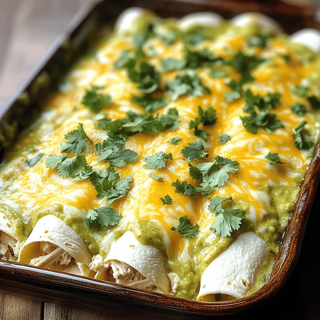 - 2 Tassen gekochtes Hähnchen, zerrissen - 1 Tasse Frischkäse, weich gemacht - 1 Tasse saure Sahne - 1 Tasse geriebener Monterey Jack Käse - 1 Tasse grüne Enchiladasoße Diese Zutaten sind der Schlüssel zu den leckeren, cremigen Enchiladas. Das gekochte Hähnchen gibt viel Geschmack und Protein. Frischkäse und saure Sahne machen die Füllung schön cremig. Monterey Jack Käse bringt eine tolle Schmelz- und Geschmacksnote. Die grüne Enchiladasoße sorgt für die perfekte Würze und Farbe. - 1/2 Teelöffel Knoblauchpulver - 1/2 Teelöffel Zwiebelpulver - 1/2 Teelöffel Kreuzkümmel - 1/4 Teelöffel Salz - 1/4 Teelöffel schwarzer Pfeffer Diese Gewürze sind wichtig für den Geschmack. Knoblauchpulver und Zwiebelpulver geben Tiefe. Kreuzkümmel fügt eine warme Note hinzu. Salz und Pfeffer sind die Basis für jedes Gericht. Sie helfen, die Aromen hervorzuheben. - Backform - Schüssel - Löffel zum Füllen Diese Utensilien machen das Kochen einfacher. Die Backform hält die Enchiladas zusammen. Eine große Schüssel hilft beim Mischen der Füllung. Der Löffel ist perfekt, um die Tortillas zu füllen. Mit diesen Geräten wird das Rezept zum Kinderspiel. Wenn du mehr über die Zubereitung erfahren möchtest, schaue dir das Full Recipe an. - Heize den Ofen auf 175°C (350°F) vor. - Vermische in einer großen Schüssel das gekochte Hähnchen, den Frischkäse und die saure Sahne. Füge 1/2 Tasse des geriebenen Monterey Jack Käses hinzu. Gib das Knoblauchpulver, Zwiebelpulver, Kreuzkümmel, Salz und Pfeffer dazu. Rühre gut um, bis alles gleichmäßig vermischt ist. - Nimm die Weizentortillas und lege sie bereit. - Verteile etwa 1/4 Tasse der Hähnchenmischung in der Mitte jeder Tortilla. Wickel die Tortilla fest auf und lege sie mit der Naht nach unten in die Backform. Wiederhole diesen Schritt mit allen Tortillas und der Füllung. - Gieße die restliche grüne Enchiladasoße über die Tortillas. Streue den restlichen Monterey Jack Käse darauf. - Decke die Form mit Aluminiumfolie ab. Backe die Enchiladas für 20 Minuten. - Entferne die Folie und backe für weitere 10 Minuten, bis der Käse sprudelnd und goldbraun ist. Lass die Enchiladas einige Minuten abkühlen. Garnier sie mit frischem Koriander. Für das vollständige Rezept, schaue dir bitte die [Full Recipe] an. Um die Füllung richtig zu machen, mischen Sie die Zutaten gut. Ich empfehle, Hähnchen und Frischkäse zuerst zu vermengen. Dann fügen Sie die saure Sahne und die Gewürze hinzu. Achten Sie darauf, dass die Mischung nicht zu flüssig wird. Das macht die Enchiladas schwer zu rollen. Servieren Sie die Enchiladas direkt aus der Backform. Das sieht schön aus und spart Arbeit. Für den extra Geschmack können Sie frische Korianderblätter darüber streuen. Auch ein Klecks saurer Sahne oder etwas zusätzliche grüne Soße passen gut dazu. Überfüllen Sie die Tortillas nicht. Eine zu große Füllung macht das Rollen schwierig. Halten Sie sich an etwa 1/4 Tasse Füllung pro Tortilla. Lassen Sie die Enchiladas auch genug Zeit im Ofen. So wird der Käse schön schmelzig und goldbraun. {{image_4}} Möchtest du eine vegetarische Option? Du kannst das Hähnchen durch schwarze Bohnen oder geröstetes Gemüse ersetzen. Das gibt dir eine schöne, herzhafte Füllung. Probiere auch verschiedene Käsesorten aus. Gouda oder Cheddar bringen einen neuen Geschmack. Wenn du mehr Protein möchtest, versuche Pute oder Rindfleisch. Diese Optionen machen die Enchiladas noch sättigender. Du kannst auch Gemüse und Bohnen wie Spinat oder Kichererbsen verwenden. Diese Füllungen sind gesund und lecker. Möchtest du die Soße selbst machen? Eine einfache Mischung aus Tomaten, Gewürzen und Brühe funktioniert toll. Das gibt den Enchiladas einen frischen Geschmack. Du kannst auch Salsa verwenden, um etwas Schärfe hinzuzufügen. Experimentiere mit verschiedenen Soßen, um deinen Lieblingsgeschmack zu finden. Verstehe, dass diese Variationen deine Enchiladas einzigartig machen. So machst du das Rezept wirklich zu deinem eigenen. Entdecke die verschiedenen Möglichkeiten und genieße das Kochen! Weitere Details findest du im [Full Recipe]. Um die Enchiladas frisch zu halten, decke sie gut ab. Nutze Frischhaltefolie oder einen luftdichten Behälter. Lagere sie im Kühlschrank. So bleiben sie bis zu drei Tage genießbar. Nach drei Tagen könnten sie ihren Geschmack verlieren. Für das Einfrieren sind einige Schritte nötig. Wickle die Enchiladas einzeln in Frischhaltefolie. Lege sie dann in einen Gefrierbeutel. So bleiben sie bis zu drei Monate frisch. Zum Auftauen lege sie über Nacht in den Kühlschrank. Zum Aufwärmen, backe sie bei 175°C für 20 Minuten. So bleiben sie lecker und saftig. Nutze übriggebliebene Zutaten kreativ. Mache zum Beispiel eine Hähnchen-Suppe. Füge Gemüse und Brühe hinzu. Du kannst auch einen Auflauf machen. Mische alles in einer Auflaufform. Backe ihn bis alles heiß ist. So verwertest du Reste und hast neue Gerichte. Die Zubereitung der Enchiladas dauert etwa 15 Minuten. Das Kochen im Ofen braucht 30 Minuten. Ingesamt sind es also 45 Minuten, bis die Enchiladas servierbereit sind. Dies macht das Gericht einfach und schnell. Perfekt für ein schnelles Abendessen oder eine Familienfeier. Ja, du kannst Tortillas leicht selbst machen! Du brauchst nur einfache Zutaten: Mehl, Wasser, Salz und etwas Öl. Mische alles, knete den Teig und forme kleine Bälle. Rolle sie dünn aus und brate sie in einer heißen Pfanne. Das gibt einen tollen, frischen Geschmack! Zu Enchiladas passen viele Beilagen. Hier sind einige Ideen: - Reis: Ein einfacher, gewürzter Reis ist eine gute Wahl. - Bohnen: Schwarze oder Pintobohnen sind lecker und sättigend. - Salat: Ein frischer grüner Salat mit Limetten-Dressing ist erfrischend. - Guacamole: Cremige Guacamole passt hervorragend dazu. - Salsa: Frische Salsa bringt Farbe und Geschmack. Für Getränke empfehle ich einen leicht spritzigen Wein oder ein kühles Wasser mit Limette. Wenn du mehr zur Zubereitung erfahren möchtest, schau dir das [Full Recipe] an! Enchiladas sind einfach zuzubereiten und schmecken großartig. Zuerst haben wir die Zutaten wie Hähnchen, Frischkäse und Gewürze kennengelernt. Dann haben wir Schritt für Schritt die Tortillas gefüllt und gebacken. Außerdem gab es nützliche Tipps zur Konsistenz und Anrichtung. Denk daran, dass du mit Variationen viel Spaß haben kannst. Experimentiere mit verschiedenen Füllungen und Soßen. Lagere Reste richtig, um sie frisch zu halten. Mit diesen Tricks wirst du köstliche Enchiladas zaubern!