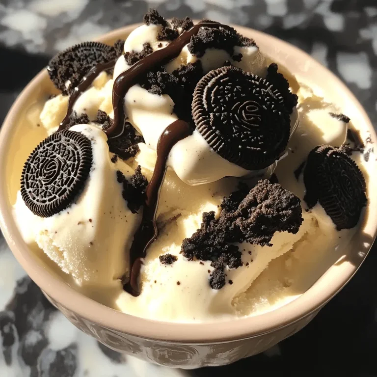 - 2 Tassen Schlagsahne - 1 Dose (397 g) gesüßte Kondensmilch - 1 Teelöffel Vanilleextrakt - 12 Oreos, zerdrückt - 1/2 Tasse Schokoladenstückchen (optional) - Zusätzliche Oreos zur Dekoration Um das beste No Churn Oreo Ice Cream zu machen, brauchen wir einige einfache Zutaten. Schlagsahne ist die Basis. Sie gibt dem Eis seine cremige Textur. Verwende frische Schlagsahne. Sie sollte gut gekühlt sein, damit sie sich leicht schlagen lässt. Die gesüßte Kondensmilch bringt die Süße. Diese Milch macht das Eis besonders lecker und gibt ihm eine tolle Konsistenz. Achte darauf, dass du die richtige Menge verwendest. Ein Teelöffel Vanilleextrakt sorgt für ein tolles Aroma. Es bringt die Geschmäcker zusammen und macht das Eis noch besser. Oreos sind das Herzstück dieses Rezepts. Zerdrücke sie grob, aber nicht zu fein. Du willst noch Stücke im Eis haben, die einen tollen Crunch geben. Wenn du magst, füge auch Schokoladenstückchen hinzu. Sie sind eine köstliche Ergänzung, aber nicht nötig. Dekorative Oreos auf dem Eis machen es besonders schön. Sie sind perfekt, um das Eis zu präsentieren. Das sieht nicht nur toll aus, sondern schmeckt auch besser. Du kannst die Zutaten ganz leicht finden. So wird dein No Churn Oreo Ice Cream sicher ein Hit. Wenn du das gesamte Rezept sehen möchtest, schau dir die Full Recipe an. 1. Beginnen Sie mit einer großen Rührschüssel. Nehmen Sie zwei Tassen Schlagsahne. 2. Schlagen Sie die Schlagsahne mit einem Handmixer. Benutzen Sie mittlere bis hohe Stufe. 3. Schlagen Sie die Sahne, bis sich steife Spitzen bilden. Das dauert etwa 3-5 Minuten. 1. Nehmen Sie eine separate Schüssel. Fügen Sie eine Dose gesüßte Kondensmilch hinzu. 2. Geben Sie einen Teelöffel Vanilleextrakt dazu. 3. Mischen Sie alles gut, bis es gleichmäßig ist. 1. Nehmen Sie die geschlagene Sahne. Heben Sie sie vorsichtig unter die Kondensmilchmischung. 2. Beginnen Sie mit einer kleinen Menge Schlagsahne. Das macht die Mischung leichter. 3. Fügen Sie dann die restliche Sahne nach und nach hinzu. Achten Sie darauf, die Luftigkeit zu bewahren. 4. Zerdrücken Sie 12 Oreos. Fügen Sie diese zur Mischung hinzu. Wenn Sie mögen, können Sie auch Schokoladenstückchen hinzufügen. 5. Gießen Sie die Mischung in einen gefriersicheren Behälter. Streichen Sie die Oberseite glatt. 6. Zerdrücken Sie einige zusätzliche Oreos und streuen Sie sie obenauf. 7. Decken Sie den Behälter mit Frischhaltefolie oder einem Deckel ab. Lassen Sie das Eis mindestens 6 Stunden gefrieren oder bis es fest ist. Für das komplette Rezept schauen Sie sich den Abschnitt "Full Recipe" an. Um das Eis perfekt zu machen, achte auf die Schlagsahne. Schlage sie in einer großen Schüssel, bis sich steife Spitzen bilden. Das dauert etwa drei bis fünf Minuten. Vermeide es, die Sahne zu übermixen. Wenn die Sahne zu flüssig ist, wird das Eis nicht fest. Die Oreos solltest du gleichmäßig in der Mischung verteilen. Zerkleinere sie, bevor du sie hinzufügst. So bekommst du in jedem Löffel ein Stück Oreo. Mische die Oreos vorsichtig unter. Das hält die Luft in der Sahne und macht das Eis fluffig. Das Eis braucht mindestens sechs Stunden, um gut zu gefrieren. Ich empfehle, es über Nacht im Gefrierfach zu lassen. So erreicht es die beste Konsistenz. Wenn das Eis zu kurz gefroren wird, wird es weich und schwer zu schöpfen. Um die beste Konsistenz zu erreichen, lasse das Eis vor dem Servieren einige Minuten bei Raumtemperatur stehen. So wird es leichter, das Eis zu portionieren. Serviere das Eis in schönen Eisschalen. Das macht es ansprechender. Du kannst das Eis mit zerdrückten Oreos dekorieren. Ein wenig Schokoladensauce oben drauf sieht auch toll aus. Füge frische Minzblätter hinzu, um Farbe und Frische zu geben. Das macht dein Eiserlebnis noch schöner und leckerer. {{image_4}} Ich liebe es, mit verschiedenen Keksen zu experimentieren. Statt Oreos kannst du auch andere Kekse nutzen. Probiere Chips Ahoy oder Butterkekse. Sie geben dem Eis einen neuen Geschmack. Du kannst auch verschiedene Eissorten machen. Füge etwas Erdnussbutter oder Karamell hinzu. Das macht dein Eis noch schmackhafter. Für eine gesunde Variante kannst du zuckerfreie oder laktosefreie Produkte verwenden. Suche nach zuckerfreier Kondensmilch und laktosefreier Sahne. So bleibt der Genuss ohne schlechtes Gewissen. Das Eis schmeckt trotzdem lecker und cremig. Denke an leckere Toppings! Schokoladensauce ist eine großartige Wahl. Du kannst auch frische Früchte hinzufügen. Himbeeren oder Erdbeeren passen perfekt. Sie bringen Frische und Farbe ins Spiel. Mische alles gut und genieße das Eis in vollen Zügen. Um Ihr No Churn Oreo Eis gut zu lagern, verwenden Sie einen luftdichten Behälter. Dieser schützt das Eis vor Gefrierbrand. Stellen Sie den Behälter in den kältesten Teil des Gefrierschranks. Die optimale Temperatur liegt bei minus 18 Grad Celsius oder kälter. So bleibt das Eis länger frisch und lecker. Das fertige Eis bleibt bis zu zwei Monate frisch. Nach dieser Zeit kann der Geschmack nachlassen. Achten Sie auf Anzeichen von Verderb, wie Eiskristalle oder einen unangenehmen Geruch. Das Eis könnte auch seine cremige Textur verlieren. Um das Eis richtig aufzutauen, lassen Sie es etwa 10 Minuten bei Raumtemperatur stehen. So wird es weicher, aber nicht zu flüssig. Verwenden Sie einen stabilen Löffel, um das Eis zu schöpfen. Servieren Sie es in schönen Eisschalen, garniert mit zusätzlichen zerdrückten Oreos. Für das beste Geschmackserlebnis genießen Sie es sofort nach dem Servieren. Das No Churn Oreo Ice Cream braucht mindestens 6 Stunden, um fest zu werden. Wenn du es schneller genießen möchtest, friere es in einer flachen Form ein. Dadurch gefriert es schneller. Du kannst auch die Zeit überbrücken, indem du ein paar Spiele spielst oder einen Film schaust. Ja, du kannst die Menge anpassen. Wenn du mehr Eis willst, verdopple einfach alle Zutaten. Für weniger Eis halbiere die Zutaten. Achte darauf, dass du die Gefrierform anpasst, damit es gleichmäßig gefriert. Du kannst viele andere Kekse verwenden. Zum Beispiel sind Chips Ahoy oder Nutter Butter gute Alternativen. Auch zerdrückte Schokoladenkekse oder Waffeln passen gut. Für mehr Abwechslung kannst du auch Nüsse oder frische Früchte hinzufügen. Das Rezept ergibt etwa 8 bis 10 Portionen. Eine Portion ist ungefähr eine halbe Tasse. Wenn du eine größere Gruppe bewirtet, kannst du die Portionen einfach anpassen. Jeder wird es lieben! Um leckeres No Churn Oreo Eis zuzubereiten, brauchst du nur wenige Zutaten. Wir haben die Schritte zur Zubereitung erklärt und Tipps und Tricks gegeben, um es perfekt zu machen. Denke daran, die Lagerung richtig zu gestalten, damit dein Eis lange frisch bleibt. Variiere das Rezept mit anderen Keksen oder Aromen für neue Geschmackserlebnisse. Dieses Eis ist einfach und macht Spaß. Bleib kreativ und genieße jede Portion!