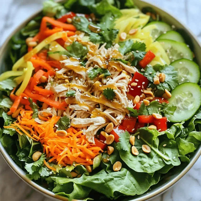 - 2 Tassen gekochtes Hähnchen, zerpflückt - 4 Tassen gemischte Salatblätter - 1 Tasse geraspelte Karotten - 1 Paprika (rot oder gelb), dünn geschnitten - 1/2 Tasse Gurke, dünn geschnitten - 1/2 Tasse frischer Koriander, gehackt - 1/4 Tasse grüne Zwiebeln, dünn geschnitten - 1/4 Tasse geröstete Erdnüsse, zerdrückt - 1 Esslöffel Sesamsamen Ich liebe es, mit frischen Zutaten zu arbeiten. In diesem Salat bringen die Salatblätter eine knackige Basis. Ich bevorzuge eine Mischung aus Römersalat, Spinat und Rucola. Diese Kombination gibt dem Salat Textur und Geschmack. Die geraspelten Karotten fügen Süße hinzu, während die Paprika Farbe und einen knackigen Biss bringen. Gurken sorgen für Frische. Frischer Koriander gibt einen tollen aromatischen Kick. Die grünen Zwiebeln fügen einen milden Zwiebelgeschmack hinzu, der perfekt passt. Die gerösteten Erdnüsse sind mein Geheimtipp. Sie bringen Crunch und reichen Geschmack. Sesamsamen sind das i-Tüpfelchen für eine schöne Garnitur. - 3 Esslöffel Limettensaft - 2 Esslöffel Fischsauce - 1 Esslöffel Honig - 1 Esslöffel Erdnussbutter - 1 Teelöffel frisch geriebener Ingwer - 1 Teelöffel Knoblauch, gehackt - 1 Teelöffel Chiliflocken Das Dressing ist ein wichtiger Teil des Salats. Der Limettensaft bringt Frische und Säure ins Spiel. Fischsauce gibt Tiefe und Umami. Honig balanciert die Aromen aus und macht das Dressing süßlich. Erdnussbutter sorgt für Cremigkeit und einen nussigen Geschmack. Ingwer und Knoblauch geben einen tollen, würzigen Kick. Chiliflocken können Sie nach Ihrem Schärfewunsch anpassen. Diese Zutaten machen den Thai Chicken Salad frisch und voller Geschmack. Ich empfehle, das Dressing gut zu vermengen. So wird jede Zutat köstlich überzogen. Für das vollständige Rezept schauen Sie sich die [Full Recipe] an. - Eine kleine Schüssel benutzen und alle Dressing-Zutaten vermengen: Limettensaft, Fischsauce, Honig, Erdnussbutter, geriebener Ingwer, gehackter Knoblauch und Chiliflocken. - Bis zur homogenen Mischung gut durchschlagen. Das Dressing sollte glatt und gut verbunden sein. - In einer großen Schüssel die Mischsalatblätter und das zerpflückte Hähnchen vermischen. - Jetzt die Gemüseelemente hinzufügen: geraspelte Karotten, dünn geschnittene Paprika, Gurke, Koriander und grüne Zwiebeln. - Mischen Sie alles gut, sodass die Farben schön leuchten. - Das Dressing gleichmäßig über den Salat träufeln und vorsichtig vermengen. - Alle Zutaten sollten gut überzogen sein, um den besten Geschmack zu erzielen. - Vor dem Servieren den Salat für etwa 10 Minuten ziehen lassen. Dies hilft, die Aromen zu verstärken. - Optional: Fügen Sie kurz vor dem Servieren die zerdrückten Erdnüsse und die Sesamsamen hinzu, um zusätzlichen Crunch zu bieten. Den Salat sofort servieren für den frischesten Geschmack oder kalt stellen für eine erfrischende Option. Dies ist ein einfacher Weg, um mit frischen Zutaten einen köstlichen Thai Chicken Salad zuzubereiten. Den vollständigen Rezeptablauf finden Sie in der [Full Recipe]. Um das Dressing gut zu machen, ist die Balance wichtig. Die Süße vom Honig passt gut zur Schärfe der Chiliflocken. Beginne mit einer kleinen Menge Chili und füge mehr hinzu, wenn du mehr Schärfe willst. Für die ideale Viskosität, mische die Zutaten gut. Das Dressing sollte leicht dickflüssig sein, aber dennoch fließen. So haftet es gut an den Salatzutaten. Frisches Gemüse macht den Salat lebendiger. Wähle knackige Salatblätter und frische Karotten. Achte beim Hähnchen darauf, dass es zart und saftig ist. Du kannst Hähnchenbrust oder Keulen nehmen. Gekochtes Hähnchen, das du selbst zubereitet hast, schmeckt am besten. Es hat mehr Geschmack als vorgegartes Hähnchen aus dem Supermarkt. Präsentiere den Salat in einer großen Schüssel oder auf Tellern. Das sieht schön aus und macht den Salat einladend. Du kannst Limettensaft darüber träufeln, um den Geschmack zu heben. Eine hübsche Deko sind frische Korianderblätter. Sie bringen Farbe und duften gut. Versuche auch, die Erdnüsse und Sesamsamen gleich vor dem Servieren hinzuzufügen. So bleiben sie knusprig und lecker. Finde die perfekte Mischung mit diesem [Full Recipe]. {{image_4}} Für eine schmackhafte Abwechslung können Sie Tofu oder Garnelen verwenden. Tofu ist eine tolle pflanzliche Proteinquelle. Schneiden Sie ihn in Würfel und braten Sie ihn leicht an. Garnelen sind schnell zu kochen. Sie passen gut zum frischen Salat. Beide Optionen bieten Geschmack und machen den Salat sättigender. Wenn Sie vegetarisch essen, fügen Sie mehr pflanzliche Zutaten hinzu. Sie können Avocado für Cremigkeit oder Kichererbsen für Protein nutzen. Zusätzlich eignen sich Edamame oder geröstete Süßkartoffeln gut. Diese Zutaten sorgen für mehr Farbe und Nährstoffe im Salat. Die Schärfe können Sie leicht anpassen. Nutzen Sie verschiedene Chili-Sorten für mehr Vielfalt. Haben Sie es gerne scharf? Verwenden Sie frische Thai-Chilis. Für eine mildere Variante sind rote Paprika oder Jalapeños gut. Experimentieren Sie mit der Schärfe, um den perfekten Geschmack zu finden. Für das vollständige Rezept, schauen Sie sich die [Full Recipe] an. Um den Thai Chicken Salad frisch zu halten, lagere ihn im Kühlschrank. Nutze einen luftdichten Behälter. So bleibt der Salat knackig und lecker. Achte darauf, das Dressing separat zu lagern. So wird der Salat nicht matschig. Der Salat bleibt bis zu drei Tage frisch. Nach dieser Zeit können die Zutaten an Geschmack verlieren. Um Zeit zu sparen, kannst du den Salat im Voraus zubereiten. Bereite die Zutaten am Abend zuvor vor. Schneide das Gemüse und zerpflücke das Hähnchen. Lagere alles in einem Behälter im Kühlschrank. Du kannst auch das Dressing im Voraus machen. Denke daran, das Dressing erst kurz vor dem Essen hinzuzufügen. So bleibt der Salat frisch und knusprig. Diese Tipps machen es einfach, den Salat zur Arbeit oder zum Picknick mitzunehmen. Thai Chicken Salad hält sich im Kühlschrank etwa 3 bis 4 Tage. Bewahren Sie den Salat in einem luftdichten Behälter auf. So bleibt er frisch. Achten Sie darauf, das Dressing separat zu lagern. Mischen Sie es erst kurz vor dem Servieren. So verhindern Sie, dass der Salat matschig wird. Ja, dieser Salat ist sehr gesund. Er enthält viele frische Zutaten. Das Hähnchen liefert hochwertiges Protein. Die Gemüse sorgen für Vitamine und Ballaststoffe. Karotten sind reich an Beta-Carotin, gut für die Augen. Koriander hat antioxidative Eigenschaften. Erdnüsse fügen gesunde Fette hinzu. Das Dressing ist eine gute Balance aus süß und salzig. Diese Kombination macht den Salat nahrhaft und lecker. Ja, das Dressing kann man gut im Voraus machen. Mischen Sie alle Zutaten in einer kleinen Schüssel. Füllen Sie es in ein Glas oder einen Behälter. Lagern Sie es im Kühlschrank. Es bleibt bis zu einer Woche frisch. Schütteln Sie es vor der Verwendung gut. So verbinden sich die Aromen wieder. Zu diesem Salat passen viele leckere Beilagen. Frisches Baguette oder knusprige Reiswaffeln sind toll. Sie können auch eine leichte Suppe servieren. Ein fruchtiger Smoothie ergänzt das Gericht gut. Für Getränke eignen sich frisch gepresste Säfte oder Kokoswasser. Diese Optionen machen das Essen noch besser. Sie bieten Vielfalt und Geschmack. Dieser Artikel hat die Zutaten und die Zubereitung für einen leckeren Thai Chicken Salad beschrieben. Wir haben das Dressing, die perfekten Zutaten und Tipps zur Präsentation behandelt. Denken Sie daran, frische Zutaten auszuwählen und das Dressing im Voraus zuzubereiten, um Zeit zu sparen. Variieren Sie das Rezept nach Ihrem Geschmack. Egal, ob als Hauptgericht oder Beilage, dieser Salat wird sicher gut ankommen. Genießen Sie die gesunden Vorteile und die Vielfalt, die dieser leckere Salat bietet!