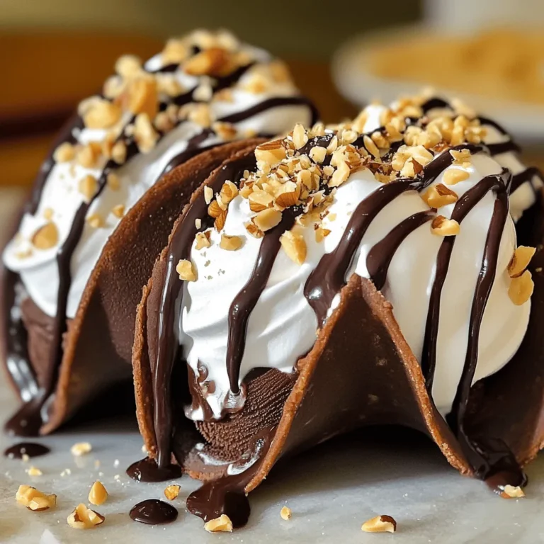 Um köstliche Homemade Choco Tacos zu machen, brauchst du folgende Hauptzutaten: - 1 Tasse Allzweckmehl - 1/4 Tasse Kakaopulver - 1/4 Tasse ungesalzene Butter, weich - 1/4 Tasse Zucker - 1/4 Teelöffel Salz - 1 großes Ei - 1/2 Teelöffel Vanilleextrakt - 1/2 Tasse Schokoladeneiscreme - 1/2 Tasse Schlagsahne - 1/4 Tasse gehackte Nüsse (Mandeln oder Walnüsse) - 1/4 Tasse Schokoladenstückchen (zum Drizzeln) Diese Zutaten geben den Tacos ihren tollen Geschmack und die richtige Konsistenz. Das Kakaopulver sorgt für die schokoladige Note und die Butter macht den Teig schön weich. Du kannst auch andere Zutaten verwenden, um die Tacos anzupassen: - Verwende Erdnussbutter anstelle von Nüssen für einen cremigen Geschmack. - Füge einen Schuss Espresso hinzu, um den Schokoladengeschmack zu verstärken. - Probiere verschiedene Eissorten, wie Vanille oder Erdbeere, für Abwechslung. Diese Optionen helfen dir, deine Choco Tacos zu variieren und neue Geschmäcker zu entdecken. Schauen wir uns die Nährwerte an. Eine Portion enthält etwa: - Kalorien: 350 - Fett: 20 g - Kohlenhydrate: 40 g - Eiweiß: 5 g Diese Werte können je nach den verwendeten Zutaten variieren. Homemade Choco Tacos sind ein leckeres Dessert, das man sich gönnen kann, besonders an warmen Tagen. Besuche die [Full Recipe], um die genaue Zubereitung zu sehen. Um die Taco-Schalen zu machen, brauche ich eine Schüssel. Ich vermische das Allzweckmehl, Kakaopulver, Zucker und Salz. Diese trockenen Zutaten sind wichtig für den Geschmack. In einer anderen Schüssel rühre ich die weiche Butter mit Zucker. Ich mache die Mischung hell und fluffig. Dann füge ich ein großes Ei und Vanilleextrakt hinzu. Das macht die Mischung noch besser! Jetzt gebe ich nach und nach die trockenen Zutaten zu den feuchten. Ich rühre, bis ein glatter Teig entsteht. Den Teig wickele ich in Frischhaltefolie und lasse ihn 30 Minuten im Kühlschrank ruhen. So wird er fest und leicht zu formen. Ich heize den Ofen auf 175°C vor. Dann rolle ich den gekühlten Teig auf einer bemehlten Fläche aus. Ich mache die Teigscheiben etwa 0,5 cm dick. Mit einem Ausstecher steche ich Kreise aus, etwa 12 cm groß. Jetzt forme ich die Taco-Schalen. Ich lege jeden Teigkreis über die Ränder einer umgedrehten Muffinform. So bekommt der Teig die Form eines Tacos. Die Schalen backe ich etwa 8-10 Minuten. Sie sollten fest, aber nicht hart sein. Nach dem Backen lasse ich sie vollständig abkühlen. Für die Füllung brauche ich eine halbe Tasse Schokoladeneiscreme. Dazu kommt eine halbe Tasse Schlagsahne. Ich streue gehackte Nüsse darauf. Mandeln oder Walnüsse passen sehr gut. Schließlich schmelze ich einen Viertel Tasse Schokoladenstückchen in der Mikrowelle. Ich träufle die geschmolzene Schokolade über die gefüllten Tacos. So sieht es toll aus und schmeckt noch besser! Die ganze Anleitung für die Choco Tacos findet ihr im Full Recipe. Ein häufiger Fehler ist, den Teig nicht genug zu kühlen. Das macht die Schalen weich. Kühlen Sie den Teig mindestens 30 Minuten. Achten Sie darauf, die Taco-Schalen nicht zu lange zu backen. Sie sollten fest, aber nicht hart sein. Wenn sie zu lange backen, brechen sie leicht. Für eine tolle Textur verwenden Sie die richtige Menge Butter. Zu viel macht die Schalen fettig. Zu wenig macht sie brüchig. Halten Sie sich genau an die Menge aus dem Rezept. Das Kakaopulver sorgt für einen intensiven Geschmack. Mischen Sie die trockenen Zutaten gut, damit die Aromen gleichmäßig verteilt sind. Experimentieren Sie mit verschiedenen Füllungen. Statt Schokoladeneiscreme können Sie Vanille- oder Erdbeersorte verwenden. Für die Schlagsahne können Sie auch Kokosnuss- oder Mandelcreme probieren. Fügen Sie frisches Obst hinzu, wie Bananen oder Beeren, für einen fruchtigen Twist. Auch Nussbutter passt gut, um den Geschmack zu variieren. {{image_4}} Es gibt viele leckere Eiscremesorten für Choco Tacos. Sie können Schokoladeneis verwenden, das ist klassisch. Vanilleeis bringt eine schöne Frische. Fruchteis, wie Erdbeere oder Mango, gibt einen tollen Kontrast. Jede Sorte passt gut zu den knusprigen Schalen. Experimentieren Sie mit verschiedenen Geschmäckern, um Ihr Lieblingsrezept zu finden. Für eine vegane Version können Sie pflanzliche Alternativen wählen. Nutzen Sie vegane Butter und ein Ei-Ersatzprodukt. Viele Marken bieten auch leckeres veganes Eis an. Kokosnusseis oder Mandelmilcheis sind tolle Optionen. So können auch pflanzenliebende Freunde mitgenießen. Die Zubereitung bleibt gleich, und der Geschmack ist immer noch wunderbar. Die Toppings machen Ihre Choco Tacos noch besser. Streuen Sie bunte Streusel oder gehackte Schokolade darüber. Sie können auch frische Früchte wie Beeren oder Bananen hinzufügen. Ein Schuss Karamell oder Schokoladensauce sorgt für süßen Genuss. Minzblätter als Garnitur bringen Farbe und frischen Geschmack. Seien Sie kreativ und passen Sie die Toppings an Ihren Geschmack an. Um Ihre Choco Tacos frisch zu halten, lagern Sie sie in einem luftdichten Behälter. Stellen Sie sicher, dass sie vollständig abgekühlt sind, bevor Sie sie einpacken. Lagern Sie die Tacos im Kühlschrank. So bleiben sie bis zu drei Tage lecker und knusprig. Achten Sie darauf, die Taco-Schalen und die Füllungen getrennt aufzubewahren. So verhindern Sie, dass die Schalen weich werden. Wenn Sie Taco-Schalen übrig haben, können Sie diese einfach einfrieren. Wickeln Sie jede Schale in Frischhaltefolie und legen Sie sie in einen Gefrierbeutel. So bleiben sie bis zu drei Monate frisch. Zum Auftauen legen Sie die Schalen einfach für einige Minuten bei Raumtemperatur aus. Sie können sie auch kurz im Ofen aufwärmen, um die Knusprigkeit wiederherzustellen. Die Füllungen sollten ebenfalls richtig gelagert werden. Bewahren Sie das Schokoladeneis und die Schlagsahne in separaten Behältern im Kühlschrank auf. Schokoladeneis bleibt bis zu zwei Wochen frisch. Schlagsahne sollte innerhalb von drei Tagen verbraucht werden. Wenn Sie Nüsse oder andere Toppings verwenden, bewahren Sie diese in einem luftdichten Behälter auf. So bleiben sie knackig und lecker. Für die vollständige Zubereitung Ihrer Choco Tacos, sehen Sie sich das [Full Recipe] an. Homemade Choco Tacos bleiben frisch für etwa drei Tage. Bewahre sie in einem luftdichten Behälter auf. Die Schalen können weich werden, wenn sie zu lange liegen. Daher ist es am besten, sie frisch zu essen. Ja, du kannst die Schalen im Voraus zubereiten. Backe sie und lasse sie vollständig abkühlen. Danach lagere sie in einem luftdichten Behälter. Du kannst die Schalen bis zu einer Woche im Voraus machen. So hast du mehr Zeit, um die Choco Tacos zusammenzustellen, wenn du sie servieren möchtest. Die besten Toppings für Choco Tacos sind vielfältig. Hier sind einige Ideen: - Gehackte Nüsse (wie Mandeln oder Walnüsse) - Schokoladenstückchen - Bunte Streusel - Frische Früchte (wie Erdbeeren oder Bananen) - Karamellsauce oder Erdnussbutter - Kokosraspeln Diese Toppings machen deine Choco Tacos noch leckerer und sorgen für mehr Abwechslung. Experimentiere mit verschiedenen Kombinationen, um deinen eigenen Favoriten zu finden. Du hast jetzt gelernt, wie man Homemade Choco Tacos zubereitet. Wir haben die benötigten Zutaten, die Schritt-für-Schritt-Anleitung und wertvolle Tipps behandelt. Du kannst kreative Füllungen ausprobieren und deine Tacos ganz nach deinem Geschmack gestalten. Denke daran, wie du sie richtig lagerst, damit sie frisch bleiben. Mit diesen Rezepten und Tricks bist du bereit, leckere Choco Tacos zu machen, die jeder lieben wird. Viel Spaß beim Ausprobieren!