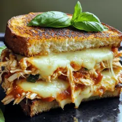 Um den Lazy Chicken Parmesan Grilled Cheese zuzubereiten, brauchst du folgende Zutaten: - 2 Scheiben kräftiges Brot (wie Sauerteig oder Ciabatta) - 1 Tasse gekochte Hähnchenbrust, zerrissen - 1/2 Tasse Marinara-Sauce - 1 Tasse Mozzarella-Käse, gerieben - 1/4 Tasse Parmesan-Käse, gerieben - 1 Teelöffel italienische Gewürzmischung - 1 Esslöffel Olivenöl - Salz und Pfeffer nach Geschmack - Frische Basilikumblätter zur Garnierung (optional) Wähle frische Zutaten für das beste Ergebnis. Das Brot sollte fest und knusprig sein. Achte darauf, dass der Käse frisch gerieben ist. Dieser schmilzt besser. Verwende hochwertige Marinara-Sauce für mehr Geschmack. Gekochte Hähnchenbrust ist einfach zu verwenden. Du kannst auch Reste von Hähnchengerichten nutzen. Frische Basilikumblätter geben einen tollen Duft und Geschmack. Die Zutaten bieten eine gute Mischung aus Proteinen und Kohlenhydraten. Hähnchenbrust ist mager und reich an Eiweiß. Mozzarella und Parmesan liefern Kalzium. Das Brot gibt dir Energie. Achte auf die Menge an Salz und Öl, um die Kalorien niedrig zu halten. Wenn du frisches Gemüse hinzufügst, erhöhst du die Nährstoffe. Überlege, mehr Kräuter zu verwenden. Sie sind gesund und machen das Gericht noch besser. Um die Hähnchenmischung vorzubereiten, benötigst du eine große Schüssel. Gib die zerrissene Hähnchenbrust in die Schüssel. Füge die Marinara-Sauce hinzu. Dann kommt die italienische Gewürzmischung dazu. Vergiss nicht, eine Prise Salz und Pfeffer zu geben. Rühre alles gut um, bis die Mischung gleichmäßig ist. Diese Mischung ist der Herzstück deines Sandwiches. Erhitze eine Pfanne bei mittlerer Hitze. Gib das Olivenöl in die Pfanne. Nimm eine Scheibe deines Brotes und lege sie in die Pfanne. Streue die Hälfte des geriebenen Mozzarella-Käses gleichmäßig auf das Brot. Dies wird eine tolle Käsebasis bilden. Das ist wichtig, um die anderen Zutaten gut zu halten. Verteile die Hähnchenmischung gleichmäßig über die Käseschicht. Achte darauf, dass es gut verteilt ist. Danach streue den restlichen Mozzarella und den Parmesan-Käse darüber. Lege die zweite Brotscheibe obenauf, um das Sandwich zu schließen. Grill das Sandwich für etwa 3-4 Minuten auf einer Seite, bis es goldbraun ist. Wende das Sandwich vorsichtig und grille die andere Seite weitere 3-4 Minuten. Der Käse sollte jetzt schön geschmolzen sein. Wenn es goldbraun ist, nimm das Sandwich aus der Pfanne. Lass es kurz abkühlen, bevor du es in Stücke schneidest. Du kannst das Sandwich nach Wunsch mit frischen Basilikumblättern garnieren. So wird es noch schöner und frischer. Um Fehler zu vermeiden, achte auf die Hitze der Pfanne. Eine zu hohe Hitze kann das Brot verbrennen, während der Käse nicht schmilzt. Halte die Hitze auf mittlerer Stufe. Verwende auch frisches Brot. Altes Brot kann matschig werden. Stelle sicher, dass das Hähnchen gut gewürzt ist. So schmeckt dein Sandwich besser. Vergiss nicht, den Käse gleichmäßig zu verteilen. Das hilft beim Schmelzen. Die Präsentation ist wichtig. Schneide das Sandwich diagonal, um es ansprechender zu machen. Lege es auf einen schönen Teller. Füge frische Basilikumblätter hinzu, um Farbe und Geschmack zu geben. Du kannst auch etwas Marinara-Sauce daneben geben. So sieht es noch appetitlicher aus. Sei kreativ mit der Anordnung. Ein gut präsentiertes Gericht macht immer Freude. Wenn du Käse magst, aber etwas anderes möchtest, probiere Gouda oder Cheddar. Diese Käse schmelzen gut und geben einen tollen Geschmack. Für glutenfreies Brot gibt es viele Optionen. Verwende glutenfreies Baguette oder ein anderes glutenfreies Brot. Es ist wichtig, Alternativen zu haben. So kann jeder das Rezept genießen. {{image_4}} Wenn Sie eine vegetarische Option wollen, gibt es viele Möglichkeiten. Statt Hähnchen verwenden Sie gegrilltes Gemüse. Zucchini, Paprika und Aubergine sind großartig. Sie können auch gebratene Pilze oder Spinat nehmen. Kombinieren Sie das Gemüse mit der Marinara-Sauce. Fügen Sie den Käse hinzu, wie im Originalrezept. So bekommen Sie den gleichen herzhaften Geschmack. Die Gewürze machen jede Mahlzeit besser. Für das Lazy Chicken Parmesan Grilled Cheese können Sie verschiedene Kräuter nutzen. Oregano und Thymian geben einen tollen Geschmack. Fügen Sie frische Petersilie oder Basilikum für mehr Frische hinzu. Eine Prise Chili-Flocken kann auch eine scharfe Note bringen. Experimentieren Sie mit Gewürzen, um Ihren eigenen Stil zu finden. Beilagen machen das Essen noch besser. Ein einfacher grüner Salat passt gut dazu. Oder probieren Sie knusprige Pommes dazu. Eine Portion marinierter Oliven bringt auch Abwechslung. Sie können auch eine warme Suppe servieren. Tomatensuppe oder Minestrone sind großartige Optionen. Diese Beilagen ergänzen Ihr Sandwich perfekt. Wenn du Reste von deinem Lazy Chicken Parmesan Grilled Cheese hast, bewahre sie in einem luftdichten Behälter auf. So bleiben sie frisch und lecker. Lass das Sandwich zuerst abkühlen, bevor du es verpackst. Du kannst die Reste bis zu drei Tage im Kühlschrank lagern. Um dein Sandwich erneut zu erwärmen, benutze eine Pfanne oder einen Sandwich-Maker. Stelle die Hitze auf mittlere Stufe. Erhitze das Sandwich für etwa 3-4 Minuten auf jeder Seite, bis der Käse wieder schmilzt und das Brot knusprig wird. So bleibt der Geschmack erhalten und du hast ein warmes, schmackhaftes Gericht. Die Haltbarkeit der Zutaten ist wichtig. Gekochte Hähnchenbrust kann bis zu vier Tage im Kühlschrank bleiben, wenn sie richtig gelagert wird. Marinara-Sauce hält sich ebenfalls gut, etwa eine Woche, wenn sie gut verschlossen ist. Mozzarella-Käse ist bis zu zwei Wochen haltbar, wenn er in der Originalverpackung bleibt. Achte immer auf das Haltbarkeitsdatum, um sicherzustellen, dass alles frisch ist. Das Rezept für Lazy Chicken Parmesan Grilled Cheese ist sehr flexibel. Sie können das Hähnchen durch Pute ersetzen. Für eine schärfere Note fügen Sie rote Paprika hinzu. Wenn Sie keinen Käse mögen, probieren Sie veganen Käse. Auch verschiedene Brotsorten sind möglich. Nutzen Sie Vollkornbrot für mehr Ballaststoffe. Experimentieren Sie mit verschiedenen Kräutern für mehr Geschmack. Sie können zum Beispiel frischen Oregano oder Thymian verwenden. So gestalten Sie das Rezept nach Ihrem Geschmack. Ja, Sie können gefrorenes Hähnchen verwenden. Achten Sie darauf, es zuerst vollständig aufzutauen. Dies ist wichtig für eine gleichmäßige Garzeit. Nach dem Auftauen zerkleinern Sie das Hähnchen und vermischen es mit der Marinara-Sauce. Wenn das Hähnchen noch gefroren ist, wird das Sandwich nicht gut. Es könnte auch die Käse-Schmelzzeit verlängern. Daher empfehle ich, immer frisches oder richtig aufgetautes Hähnchen zu verwenden. Für mehr Geschmack und Textur können Sie einige Zutaten hinzufügen. Eine gute Idee sind sautierte Zwiebeln oder Spinat. Diese Zutaten verleihen dem Sandwich mehr Frische. Sie können auch einige Scheiben Tomate hinzufügen. Für eine würzige Note probieren Sie Jalapeños oder Peperoni. Diese bringen etwas Schärfe ins Spiel. Wenn Sie ein bisschen Crunch mögen, fügen Sie einige Röstzwiebeln hinzu. So wird Ihr Lazy Chicken Parmesan Grilled Cheese noch leckerer. Wenn Sie mehr Inspiration brauchen, schauen Sie sich das Full Recipe an. In diesem Artikel haben wir die Zutaten und deren gesundheitliche Vorteile besprochen. Du hast gelernt, wie man die Hähnchenmischung vorbereitet und das Sandwich toastet. Wir haben Tipps gegeben, um Fehler zu vermeiden und das Gericht schön zu präsentieren. Du hast auch neue Variationen und Lagerungshinweise erhalten. Wenn du kreativ bist, kannst du dein Rezept anpassen und neue Geschmäcker entdecken. So gelingt dir ein leckeres Sandwich immer wieder!