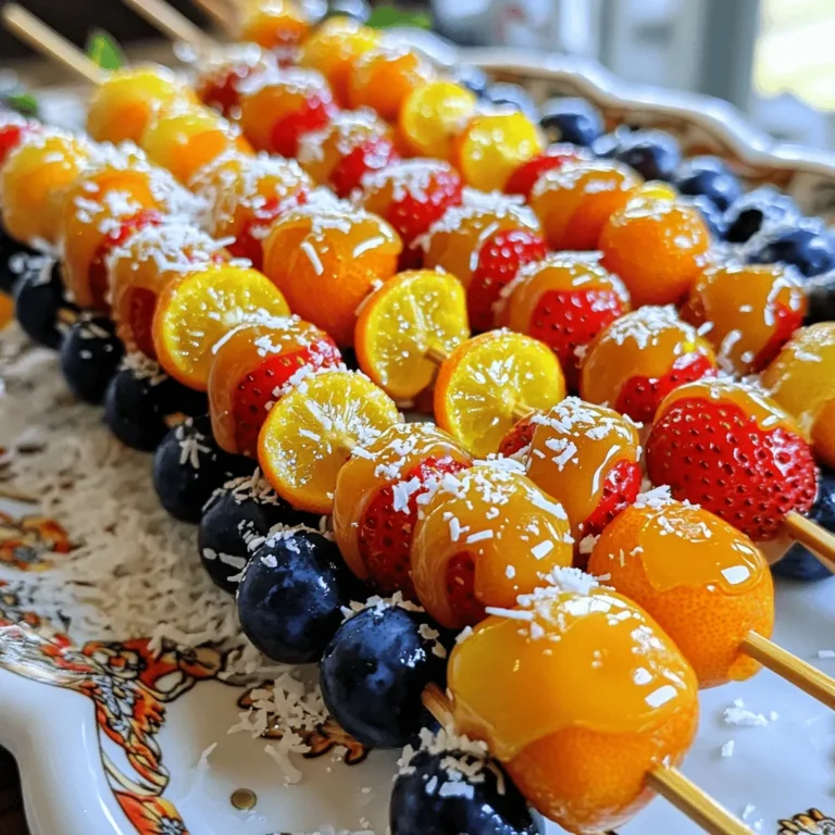 Für Tanghulu brauchst du einige einfache Zutaten. Hier sind sie: - 6-8 kleine Früchte (Erdbeeren, Blaubeeren, Kumquats oder Trauben) - 1 Tasse Kristallzucker - 1/2 Tasse Wasser - 1 Esslöffel Maissirup (optional, für zusätzlichen Glanz) - Holzspieße oder Lollisticks - Optional: essbarer Glitzer oder kokosnussraspel zur Garnitur Die Wahl der Früchte ist wichtig. Sie sollten frisch und reif sein. Reife Früchte schmecken süßer und sind saftiger. Achte darauf, dass die Früchte keine Druckstellen haben. Wenn du Erdbeeren verwendest, entferne die grünen Blätter. Kumquats kannst du ganz verwenden. Die Früchte sollten gut gewaschen und komplett trocken sein. Feuchtigkeit macht es schwer, die Zuckerbeschichtung zu erhalten. Wenn du spezielle Diäten hast, gibt es Alternativen. Du kannst den Zucker durch Kokosblütenzucker ersetzen. Das gibt einen anderen Geschmack, der ebenfalls lecker ist. Für vegane Optionen lasse den Maissirup weg. Du kannst auch andere Früchte ausprobieren, wie Kiwi oder Ananas. Denke daran, die Obststücke klein zu halten, damit sie gut in den Zuckersirup eintauchen können. Für die Garnitur kannst du essbaren Glitzer oder Kokosraspel verwenden. Diese sind eine tolle Möglichkeit, um das Rezept anzupassen und zu verschönern. Wenn du mehr über das komplette Rezept wissen möchtest, schau dir das [Full Recipe] an. Zuerst wähle deine Früchte aus. Du kannst Erdbeeren, Blaubeeren, Kumquats oder Trauben verwenden. Spüle die Früchte gründlich ab. Trockne sie dann mit einem sauberen Tuch. Das ist wichtig, denn Feuchtigkeit schadet dem Zuckersirup. Bei Erdbeeren entferne die grünen Blätter. Bei Kumquats kannst du die Früchte ganz lassen. Für den Zuckersirup nimm einen kleinen Topf. Mische 1 Tasse Kristallzucker, 1/2 Tasse Wasser und 1 Esslöffel Maissirup. Erhitze die Mischung bei mittlerer Hitze. Rühre gut um, bis der Zucker ganz aufgelöst ist. Dann erhöhe die Hitze und lasse die Mischung kochen. Rühre nicht um! Koche für 5-7 Minuten, bis die Temperatur 300°F (149°C) erreicht. Der Sirup sollte klar und leicht dick sein. Wenn der Zuckersirup die richtige Temperatur hat, nimm ihn vom Herd. Lass ihn eine Minute abkühlen, bis er leicht eindickt. Tauche dann schnell jeden Fruchtspeer in den Sirup. Stelle sicher, dass die gesamte Frucht bedeckt ist. Drehe den Spieß, um den Sirup gleichmäßig zu verteilen. Lege die beschichteten Früchte auf ein Backblech mit Backpapier. Lass sie 10-15 Minuten abkühlen, bis die Zuckerglasur fest ist. Für einen besonderen Effekt kannst du essbaren Glitzer oder Kokosraspeln hinzufügen. Mach das, während der Zucker noch klebrig ist. So wird dein Tanghulu noch schöner! Beim Zubereiten von Tanghulu sind einige Dinge wichtig. Erstens, die Früchte müssen ganz frisch sein. Sie sollten keine Macken oder Druckstellen haben. Zweitens, trocknen Sie die Früchte gut ab. Feuchtigkeit lässt den Zucker nicht gut haften. Ein sauberes Küchentuch hilft hier sehr. Verwenden Sie auch ein Zuckerthermometer. So messen Sie die richtige Temperatur für den Zuckersirup. Ein häufiger Fehler ist, die Früchte nicht richtig vorzubereiten. Achten Sie darauf, dass sie völlig trocken sind. Ein weiterer Fehler ist, den Zuckersirup nicht genug abkühlen zu lassen. Wenn er zu heiß ist, wird der Zucker nicht richtig fest. Auch das Überkochen des Sirups kann den Geschmack beeinträchtigen. Wenn die Mischung zu lange kocht, wird sie bitter. Die Präsentation macht viel aus. Platzieren Sie die Tanghulu auf einem schönen Tablett oder Ständer. Dies hebt ihre Farben und den Glanz hervor. Wenn Sie essbaren Glitzer oder Kokosraspeln verwenden, machen Sie das, während der Zucker noch klebrig ist. So bleibt alles besser haften. Nutzen Sie auch verschiedene Früchte, um ein buntes Bild zu schaffen. {{image_4}} Tanghulu ist sehr flexibel. Du kannst viele Früchte verwenden. Hier sind einige Ideen: - Erdbeeren - Blaubeeren - Kumquats - Trauben - Kirschen - Ananasstücke Jede Frucht bringt ihren eigenen Geschmack. Du kannst auch Mischungen ausprobieren. Kombiniere verschiedene Früchte auf einem Spieß. Das sieht toll aus und schmeckt noch besser! Die Zuckersirup-Rezeptur lässt sich leicht anpassen. Du kannst den Sirup mit verschiedenen Zutaten verfeinern. Probier diese Optionen: - Honig anstelle von Zucker für einen anderen Geschmack. - Kokoszucker für eine karamellige Note. - Ahornsirup für einen süßen, einzigartigen Twist. Jede Variante gibt deinem Tanghulu etwas Besonderes. Experimentiere mit den Zutaten, um deinen perfekten Sirup zu finden! Das Garnieren macht Tanghulu noch schöner. Hier sind einige kreative Ideen: - Streue essbaren Glitzer auf die noch klebrige Zuckerschicht. - Verwende Kokosraspel für einen tropischen Flair. - Füge gehackte Nüsse für Crunch und Geschmack hinzu. Die Garnierung macht die Präsentation aufregend. Nutze deine Fantasie und zeige deinen Stil! Um Ihre Tanghulu frisch zu halten, lagern Sie sie in einem kühlen, trockenen Raum. Verwenden Sie eine luftdichte Box oder einen Behälter. Stellen Sie sicher, dass die Früchte nicht übereinanderliegen. Dadurch bleibt der Zuckerguss intakt und klebt nicht aneinander. Vermeiden Sie die Lagerung im Kühlschrank, da die Feuchtigkeit den Zuckerguss ruinieren kann. Tanghulu bleibt bei richtiger Lagerung etwa 3 bis 5 Tage frisch. Achten Sie auf Anzeichen von Verderb. Wenn der Zuckerguss trüb wird oder die Früchte weich werden, ist es Zeit, sie wegzuwerfen. Bei frischen Früchten kann sich Schimmel bilden. Dies ist ein sicheres Zeichen, dass die Tanghulu nicht mehr gut ist. Wenn Sie Zutaten übrig haben, sind sie vielseitig einsetzbar. Überreife Früchte können in Smoothies oder Desserts verwendet werden. Den Zuckersirup können Sie auch für andere Süßspeisen nutzen. Einfach mit Wasser verdünnen und als Sirup für Getränke verwenden oder über Pfannkuchen gießen. So verschwenden Sie nichts und genießen neue Leckereien! Tanghulu sind Früchte, die in Zuckersirup getaucht werden. Diese Süßigkeit kommt aus China. In den Straßen von Peking sieht man oft Verkäufer, die sie anbieten. Die Früchte sind glänzend und knusprig. Meistens werden sie auf Spieße gesteckt. Tanghulu ist eine süße Leckerei. Die Früchte sind gesund, aber der Zucker ist viel. Zucker macht Tanghulu süß, aber er hat keine Nährstoffe. Wenn du es in Maßen genießt, ist es okay. Es ist besser, frische Früchte zu essen. Fertigen Tanghulu findest du in asiatischen Läden oder online. Einige spezielle Konditoreien bieten sie auch an. Wenn du Zeit hast, mache es selbst! Das Rezept ist einfach und macht Spaß. Probiere das Full Recipe für eine tolle Erfahrung. Tanghulu ist eine köstliche Süßigkeit, die du ganz einfach selbst machen kannst. Wir haben die Zutaten, die Schritte und viele Tipps behandelt. Achte auf den Reifegrad der Früchte. Probiere verschiedene Zuckersirup-Varianten und kreative Garnierungen aus. Diese süße Behandlung ist nicht nur lecker, sondern auch ein schöner Snack. Mit der richtigen Lagerung bleibt dein Tanghulu frisch. Jetzt bist du bereit, Tanghulu selbst zuzubereiten und zu genießen. Viel Spaß beim Ausprobieren!