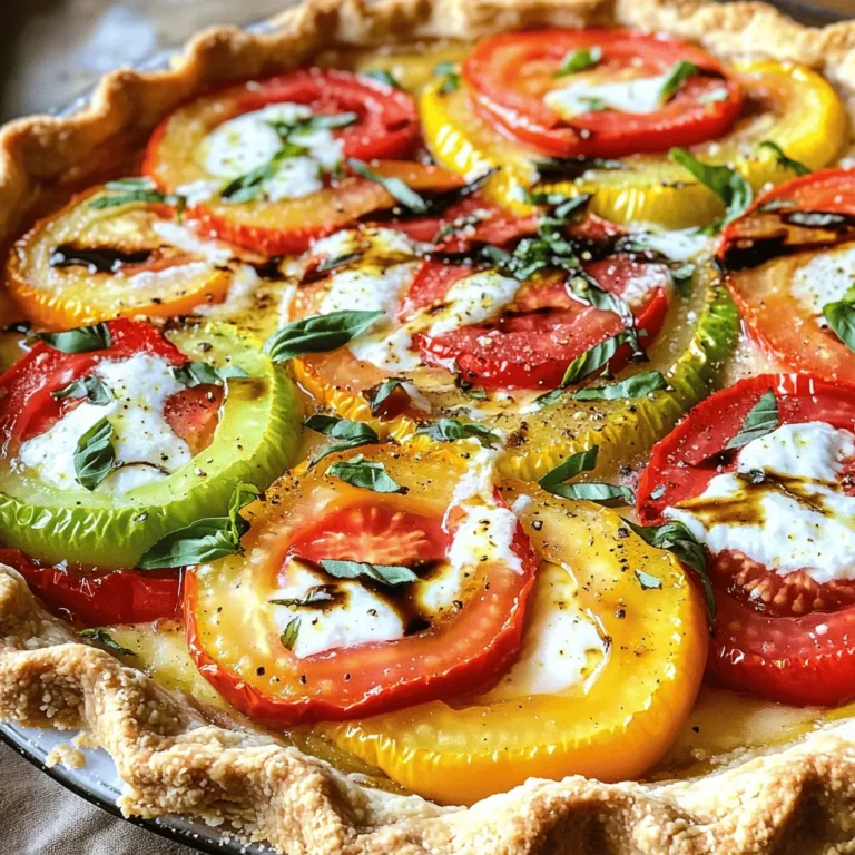 Für einen köstlichen Heirloom Tomato Pie benötigst du folgende Zutaten: - 3 Tassen Erbstücktomaten, in Scheiben geschnitten (verschiedene Farben für die visuelle Attraktivität) - 1 fertiger Mürbeteig (oder selbstgemacht, wenn gewünscht) - 1 Tasse geriebener Mozzarella-Käse - 1 Tasse Ricotta-Käse - 1/2 Tasse geriebener Parmesan-Käse - 1 Zehe Knoblauch, fein gehackt - 2 Teelöffel frisches Basilikum, gehackt (plus extra für die Garnitur) - 1 Teelöffel frische Thymianblätter - Salz und Pfeffer nach Geschmack - 1 Esslöffel Olivenöl - 1 Esslöffel Balsamico-Essig - 1 Esslöffel Maismehl (zum Bestäuben) Diese Zutaten sorgen für den vollen Geschmack und die tolle Textur, die du in einem perfekten Pie suchst. Die Auswahl der richtigen Erbstücktomaten ist wichtig. Suche nach reifen, saftigen Tomaten mit kräftiger Farbe. Achte auf diese Punkte: - Die Tomaten sollten leicht weich sein, wenn du sie drückst. - Vermeide Tomaten mit Flecken oder Druckstellen. - Verschiedene Farben bringen eine schöne Optik ins Gericht. Erbstücktomaten haben oft einen tieferen Geschmack als normale Tomaten. Sie sind perfekt für diesen Pie. Wenn du etwas Neues ausprobieren möchtest, kannst du verschiedene Käsesorten verwenden. Hier sind einige Vorschläge: - Feta-Käse gibt eine salzige, herzhafte Note. - Ziegenkäse sorgt für einen cremigen, tangy Geschmack. - Gouda-Käse bringt eine süße Note und Schmelz. Diese Alternativen machen deinen Heirloom Tomato Pie noch interessanter. Experimentiere mit Käse, um deinen eigenen Twist zu finden. Du kannst den vollständigen Rezeptvorschlag hier einsehen [Full Recipe]. Heizen Sie Ihren Ofen auf 190°C (375°F) vor. Das ist wichtig, um den Kuchen gleichmäßig zu backen. Wenn Sie einen fertigen Mürbeteig verwenden, folgen Sie den Anweisungen auf der Verpackung. Backen Sie ihn etwa 10 Minuten vor, bis er leicht goldbraun ist. Wenn Sie einen selbstgemachten Teig machen, rollen Sie ihn aus und backen Sie ihn blind in einer Pie-Form. Dies hilft, die Feuchtigkeit im Kuchen zu kontrollieren. In einer großen Schüssel vermengen Sie den Ricotta-Käse, den geriebenen Parmesan, den gehackten Knoblauch, das frische Basilikum und den Thymian. Achten Sie darauf, alles gut zu mischen. Fügen Sie Salz und Pfeffer nach Ihrem Geschmack hinzu. Die Mischung sollte cremig und gut vermischt sein. Dies gibt dem Pie seinen leckeren Geschmack. Bestäuben Sie den vorgebackenen Mürbeteig mit einer dünnen Schicht Maismehl. Dies hilft, überschüssige Feuchtigkeit von den Tomaten zu absorbieren. Verteilen Sie dann die Hälfte der Käsemischung gleichmäßig auf dem Boden. Schichten Sie die geschnittenen Erbstücktomaten darüber, und wechseln Sie die Farben. Dies sieht nicht nur gut aus, sondern schmeckt auch besser. Beträufeln Sie die Tomaten mit Olivenöl und Balsamico-Essig. Fügen Sie Salz und Pfeffer hinzu. Dann kommt die nächste Schicht Käsemischung und die restlichen Tomatenscheiben. Streuen Sie schließlich den geriebenen Mozzarella gleichmäßig darüber. Jetzt ist der Heirloom Tomato Pie bereit für den Ofen. Backen Sie ihn 35 bis 40 Minuten. Er ist fertig, wenn der Käse sprudelt und die Tomaten goldbraun sind. Lassen Sie ihn vor dem Servieren etwa 10 Minuten abkühlen. Garnieren Sie den Pie mit frischem Basilikum für zusätzliche Frische. Um den perfekten Heirloom Tomato Pie zu machen, achte auf die Käsemischung. Eine gute Mischung aus Ricotta und Mozzarella sorgt für die richtige Cremigkeit. Du kannst auch Parmesan hinzufügen, um den Geschmack zu intensivieren. Mische die Käse gut, damit sie gleichmäßig in den Pie verteilt sind. Feuchte Böden können den Genuss deines Pies mindern. Bestäube den vorgebackenen Mürbeteig mit etwas Maismehl. Das hilft, überschüssige Feuchtigkeit von den Tomaten aufzufangen. Lege die Tomaten schichtweise, um die Feuchtigkeit gleichmäßig zu verteilen. So bleibt der Boden knusprig. Die Präsentation ist wichtig. Schneide den Pie in gleichmäßige Stücke und lege sie auf einen schönen Teller. Garniere die Stücke mit frischem Basilikum. Ein Spritzer Balsamico-Reduktion auf dem Teller gibt einen schönen Akzent. Achte darauf, die Farben der Tomaten zu betonen. Das Auge isst mit! {{image_4}} Um Heirloom Tomato Pie noch besser zu machen, können Sie Gemüse hinzufügen. Zucchini, Paprika oder Spinat passen gut. Diese Gemüse geben dem Pie mehr Geschmack und Farbe. Frische Kräuter wie Oregano oder Schnittlauch sind ebenfalls eine tolle Wahl. Sie bringen frische Aromen, die den Tomaten helfen zu glänzen. Wenn Sie eine vegane Variante möchten, verwenden Sie pflanzliche Käsealternativen. Sie können auch Tofu anstelle von Ricotta verwenden. Für glutenfreie Optionen nehmen Sie einen glutenfreien Teig. Achten Sie darauf, dass alle Zutaten glutenfrei sind. So bleibt der Pie lecker und für alle geeignet. Spielen Sie mit verschiedenen Gewürzen! Eine Prise Kreuzkümmel oder Paprika kann dem Pie eine neue Note geben. Auch geräucherte Paprika sorgt für einen besonderen Geschmack. Experimentieren Sie mit Chili-Flocken, wenn Sie es scharf mögen. Diese kleinen Änderungen machen Ihr Gericht einzigartig und spannend. Heirloom Tomato Pie bleibt frisch, wenn du ihn richtig aufbewahrst. Lass den Pie zuerst abkühlen. Danach decke ihn mit Frischhaltefolie oder Aluminiumfolie ab. Du kannst ihn auch in einen luftdichten Behälter legen. So bleibt der Geschmack erhalten. Im Kühlschrank hält er sich bis zu fünf Tage. Wenn du den Pie länger aufbewahren willst, friere ihn ein. Lass den Pie vollständig abkühlen. Schneide ihn in Portionen für einfacheres Auftauen. Wickel jede Portion gut in Frischhaltefolie. Lege sie dann in einen Gefrierbeutel oder einen luftdichten Behälter. Im Gefrierfach bleibt der Pie bis zu drei Monate frisch. Um den Pie aufzuwärmen, heize den Ofen auf 190°C vor. Lege die Stücke auf ein Backblech. Decke sie leicht mit Folie ab, damit sie nicht austrocknen. Backe den Pie etwa 15 bis 20 Minuten, bis er warm ist. Du kannst auch die Mikrowelle verwenden, aber der Ofen gibt bessere Ergebnisse. So bleibt der Boden schön knusprig. Heirloom Tomato Pie bleibt im Kühlschrank für etwa 3 bis 4 Tage frisch. Um die beste Qualität zu sichern, bewahren Sie ihn in einem luftdichten Behälter auf. Wenn Sie ihn länger aufbewahren möchten, frieren Sie die Stücke ein. So bleibt der Geschmack für bis zu 3 Monate erhalten. Lassen Sie ihn vorher abkühlen, bevor Sie ihn einfrieren. Ja, Sie können andere Tomatensorten verwenden. Ob Roma, Kirschtomaten oder sogar normale Tomaten, jede Sorte bringt ihren eigenen Geschmack. Achten Sie darauf, die Tomaten gut abzutrocknen. Dies hilft, den Pie nicht zu wässrig zu machen. Experimentieren Sie mit verschiedenen Sorten, um neue Geschmäcker zu entdecken. Erbstücktomaten sind nicht nur lecker, sondern auch gesund. Sie sind reich an Antioxidantien, die gut für Ihr Herz sind. Diese Tomaten enthalten Vitamin C, das Ihr Immunsystem stärkt. Außerdem sind sie kalorienarm und voller Ballaststoffe. Dies unterstützt die Verdauung und hält Sie satt. Genießen Sie die Vielfalt dieser gesunden Früchte in Ihrem Gericht. Der Heirloom Tomato Pie ist ein köstliches Gericht, das viele Variationen bietet. Wir haben die Hauptzutaten und die besten Erbstücktomaten besprochen. Die Zubereitung erfolgt Schritt für Schritt, von der Teigvorbereitung bis hin zur perfekten Käsemischung und Schichtung. Tipps helfen, die optimale Konsistenz zu erreichen. Zusätzlich könnt ihr eure eigenen Variationen mit Gemüse und Kräutern einbringen. Die Aufbewahrungsmethoden sorgen dafür, dass der Pie frisch bleibt. Nutzt die Infos, um diesen leckeren Pie bald selbst zu machen!