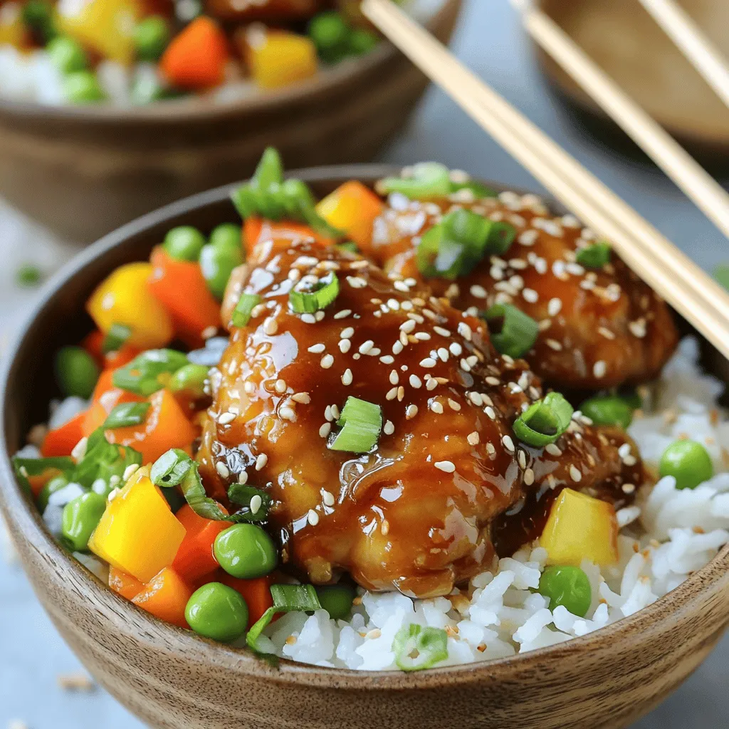 Für die Sticky Chicken Rice Bowls benötigst du einige Hauptzutaten. Diese sind wichtig für den vollen Geschmack. Du brauchst: - 450 g zarte Hähnchenoberkeulen, in mundgerechte Stücke geschnitten - 200 g ungekochter Jasminreis - 480 ml Hühnerbrühe - 45 ml Sojasauce - 30 ml Honig - 15 g Knoblauch, gehackt - 15 g Ingwer, gerieben - 15 ml Sesamöl - 1/2 Teelöffel rote Chiliflocken (optional) Diese Zutaten bringen die perfekte Basis für dein Gericht. Das Hähnchen sorgt für zartes Fleisch. Der Reis gibt dir eine tolle Textur und sättigt gut. Die Gewürze und Aromen machen das Gericht besonders. Hier sind die wichtigsten: - Sojasauce bringt eine salzige Note. - Honig fügt Süße hinzu und macht das Hähnchen klebrig. - Knoblauch und Ingwer geben einen tollen Duft und Geschmack. - Rote Chiliflocken sorgen für einen leichten Kick, wenn du es magst. Mit diesen Gewürzen gelingt dir die perfekte Sauce. Frisches Gemüse macht deine Bowls bunt und gesund. Du kannst verschiedene Sorten wählen. Hier einige gute Optionen: - 150 g gemischtes Gemüse (Karotten, Erbsen, Paprika), grob gewürfelt - Brokkoli oder Zucchini sind auch lecker. - Spinat oder Mangold für mehr Grün. Das Gemüse bringt nicht nur Farbe, sondern auch Vitamine. Du kannst es nach deinem Geschmack anpassen. Für die komplette Zubereitung kannst du das Rezept in der Full Recipe finden. Zuerst spülst du den Jasminreis. Nutze kaltes Wasser, bis es klar ist. Dann gibst du den Reis in einen Topf mit Hühnerbrühe. Bringe die Mischung zum Kochen. Reduziere dann die Hitze und decke den Topf ab. Lass den Reis etwa 15 Minuten lang köcheln. Er wird weich und saugt die Brühe auf. Nimm den Topf vom Herd und lass ihn weitere 5 Minuten stehen. Während der Reis kocht, würze die Hähnchenstücke mit Salz und Pfeffer. Erhitze Sesamöl in einer großen Pfanne. Füge die Hähnchenstücke hinzu und brate sie 5 bis 7 Minuten. Rühre gelegentlich um, bis sie goldbraun sind. Das ist wichtig, damit das Hähnchen gleichmäßig gart und saftig bleibt. In einer kleinen Schüssel vermischst du Sojasauce, Honig, Knoblauch und Ingwer. Wenn du magst, füge rote Chiliflocken hinzu. Gieße die Sauce über das gebratene Hähnchen in der Pfanne. Mische alles gut durch und koche es 2 bis 3 Minuten. Die Sauce sollte dick und klebrig werden. So bekommst du den perfekten Geschmack. Jetzt ist es Zeit für das Gemüse! Rühre das gemischte Gemüse in die Pfanne. Lass alles weitere 3 bis 5 Minuten garen. Das Gemüse soll zart, aber noch knackig bleiben. So bleibt es frisch und gibt Farbe in die Schüssel. Du kannst diese Schritte leicht nachverfolgen, um deine Sticky Chicken Rice Bowls zuzubereiten. Es ist ein einfaches Rezept, das du immer wieder machen kannst. Du findest das vollständige Rezept in der Artikelübersicht. Um die Hähnchenstücke perfekt zu garen, achte auf die Größe. Schneide sie in gleichmäßige Stücke. So garen sie gleichmäßig und schnell. Benutze eine heiße Pfanne. Das sorgt für eine schöne goldene Farbe. Rühre das Hähnchen regelmäßig um, damit es nicht anbrennt. Wenn die Stücke goldbraun sind, sind sie fertig. Die Sauce ist der Schlüssel zu diesen Bowls. Du kannst sie nach deinem Geschmack anpassen. Magst du es süßer? Füge mehr Honig hinzu. Liebst du es scharf? Mehr rote Chiliflocken sind ideal. Experimentiere mit Sojasauce. Probiere dunkle oder helle Sojasauce. Das gibt einen anderen Geschmack. Mach die Sauce zu deiner eigenen Kreation! Die Präsentation macht viel aus. Serviere die Sticky Chicken Rice Bowls in bunten Schalen. Verwende frische Kräuter wie Koriander oder Petersilie. Sie bringen Farbe und Geschmack. Streue Sesamkörner oben drauf für einen knusprigen Biss. Nutze Holzstäbchen statt Besteck. Das gibt ein tolles Gefühl beim Essen. Mach deine Bowls zu einem echten Hingucker! {{image_4}} Sie können die Hähnchenstücke einfach durch Tofu oder Tempeh ersetzen. Beide Optionen nehmen die Aromen gut auf. Sie können den Tofu in Würfel schneiden und anbraten, bis er goldbraun ist. Tempeh hat einen nussigen Geschmack und passt perfekt in die Sauce. Gemüse wie Zucchini oder Brokkoli sind auch gute Ergänzungen. Wenn Sie Jasminreis nicht mögen, probieren Sie Basmati oder Vollkornreis. Basmati hat einen feinen Duft und eine lockere Textur. Vollkornreis ist gesünder und gibt einen nussigen Geschmack. Beide Reisarten benötigen etwas mehr Wasser und Zeit zum Kochen. Achten Sie darauf, die Kochzeit anzupassen. Fügen Sie lokale Gewürze hinzu, um den Geschmack zu verändern. Zum Beispiel können Sie Curry oder Paprika verwenden. Diese Gewürze geben den Bowls eine neue Note. Auch frische Kräuter wie Koriander oder Petersilie bringen Frische. Experimentieren Sie mit verschiedenen Aromen, um Ihre Bowls einzigartig zu machen. Lagern Sie die Reste in einem luftdichten Behälter. Lassen Sie die Bowls vor dem Kühlen auf Raumtemperatur abkühlen. Dies hilft, die Qualität zu bewahren. Sie können die Bowls bis zu drei Tage im Kühlschrank aufbewahren. Achten Sie darauf, die Hähnchenstücke und das Gemüse nicht zu zerdrücken, um die Textur zu erhalten. Um die Sticky Chicken Rice Bowls aufzuwärmen, nutzen Sie die Mikrowelle oder eine Pfanne. In der Mikrowelle erhitzen Sie die Portion für etwa 2-3 Minuten. Rühren Sie zwischendurch um, damit es gleichmäßig warm wird. In der Pfanne erhitzen Sie die Mischung bei mittlerer Hitze. Fügen Sie einen Schuss Wasser hinzu, um das Austrocknen zu vermeiden. Decken Sie die Pfanne kurz ab, damit die Bowls dampfen. Im Kühlschrank halten die Bowls etwa drei Tage. Wenn Sie sie länger aufbewahren möchten, frieren Sie sie ein. Verwenden Sie dafür gefrierfeste Behälter. Die Bowls können bis zu drei Monate im Gefrierfach bleiben. Denken Sie daran, vor dem Servieren die Bowls gut auftauen zu lassen. Die gesamte Zubereitungszeit beträgt nur 40 Minuten. Davon sind 15 Minuten für die Vorbereitung des Reises und der Hähnchen. Das Kochen und Mischen der Zutaten dauert etwa 25 Minuten. So kannst du schnell ein köstliches Abendessen zubereiten. Ja, du kannst die Zutaten anpassen. Verwende glutenfreie Sojasauce für Glutenunverträglichkeit. Ersetze Hähnchen durch Tofu oder Tempeh für eine vegetarische Option. Achte darauf, frisches Gemüse zu wählen, das du magst. So bleibst du flexibel und kannst das Gericht nach deinem Geschmack gestalten. Diese Rice Bowls sind schon sehr sättigend. Du kannst jedoch einen frischen Salat oder gedämpftes Gemüse dazu servieren. Eine scharfe Sauce oder ein Dip können auch gut dazu passen. So hast du ein rundes Menü, das jeder liebt. Dieses Rezept hat Wurzeln in der asiatischen Küche, wo Reis und Hähnchen oft kombiniert werden. Die süße und salzige Sauce gibt dem Gericht seinen besonderen Geschmack. Ich habe das Rezept durch meine Reisen und Erfahrungen mit verschiedenen Kochstilen perfektioniert. Du kannst die [Full Recipe] für eine detaillierte Anleitung verwenden. Sticky Chicken Rice Bowls sind einfach zuzubereiten und köstlich. In diesem Artikel habe ich die besten Zutaten, Schritte und Tipps für dich zusammengefasst. Du kannst die Hähnchenstücke perfekt garen und die Sauce ganz nach deinem Geschmack anpassen. Wenn du frisches Gemüse und regionale Aromen hinzufügst, machst du das Gericht noch besser. Außerdem erhältst du nützliche Informationen zur Aufbewahrung und Variationen. Nutze diese Tipps, um deine eigenen leckeren Reisbolgen zu kreieren!