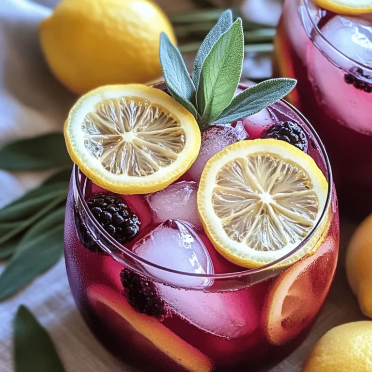 - 1 Tasse frische Brombeeren - 1/4 Tasse frische Salbeiblätter, locker gepackt - 1 Tasse Zucker Die Hauptzutaten machen dieses Getränk einzigartig. Brombeeren bringen süßen, fruchtigen Geschmack. Ihre saftige Textur sorgt für eine tolle Basis. Salbeiblätter fügen eine frische, erdige Note hinzu. Diese Kombination hebt die Limonade auf ein neues Level. Zucker sorgt dafür, dass die Aromen gut harmonieren. Er hilft auch, die Frische der Zitronen auszugleichen. - 1 Tasse frisch gepresster Zitronensaft (ca. 4-5 Zitronen) - 4 Tassen kaltes Wasser (zur Verdünnung) - Eiswürfel - Zitronenscheiben und zusätzliche Salbeiblätter zur Garnitur Frisch gepresster Zitronensaft bringt einen spritzigen Kick. Er balanciert die Süße der Brombeeren perfekt aus. Kaltes Wasser verdünnt die Limonade und macht sie erfrischend. Eiswürfel halten dein Getränk kühl. Außerdem kannst du dein Glas mit Zitronenscheiben und Salbeiblättern dekorieren. Diese Garnituren machen die Limonade nicht nur schön, sondern auch noch schmackhafter. Für das vollständige Rezept schau dir bitte die [Full Recipe] an. - Erhitzen der Zutaten: Beginne mit einem kleinen Topf. Vermische die frischen Brombeeren, die Salbeiblätter, den Zucker und 1 Tasse Wasser. Stelle den Herd auf mittlere Hitze. Rühre die Mischung gelegentlich um. Lass sie sanft kochen, bis der Zucker sich auflöst und die Brombeeren weich werden. Das dauert etwa 5-7 Minuten. - Abseihen der Mischung: Nach dem Kochen nimm den Topf vom Herd. Lass die Mischung einige Minuten abkühlen. Dann siebe die Mischung durch ein feines Sieb in eine Schüssel oder einen Krug. Drücke leicht, um so viel Flüssigkeit wie möglich herauszuholen. Die festen Teile kannst du jetzt wegwerfen. - Vermischen des Sirups mit Zitronensaft: Nimm einen großen Krug und gieße den abgekühlten Sirup hinein. Füge den frisch gepressten Zitronensaft hinzu. Rühre gut um, damit alles gut vermischt ist. - Anpassen der Süße: Probier die Mischung. Wenn sie dir nicht süß genug ist, kannst du mehr Zucker hinzufügen. Rühre weiter, bis der Zucker sich auflöst. - Hinzufügen kalten Wassers: Jetzt ist es Zeit, die Limonade zu verdünnen. Füge die 4 Tassen kaltes Wasser in den Krug. Rühre alles gut um, damit sich die Aromen verbinden. - Kühlschrankzeit: Stelle den Krug für mindestens eine Stunde in den Kühlschrank. So wird die Limonade schön kühl und erfrischend. Genieß die Brombeer-Salbei-Limonade als perfekten Sommerdrink! Für das gesamte Rezept schaue dir die Anleitung unter [Full Recipe] an. Um die Süße Ihrer Brombeer-Salbei-Limonade perfekt abzustimmen, probieren Sie Honig oder Agavendicksaft. Diese Süßstoffe geben dem Getränk einen besonderen Geschmack. Honig bringt eine blumige Note, während Agavendicksaft milder ist. Beginnen Sie mit einer kleinen Menge und passen Sie dann nach Ihrem Geschmack an. Es ist wichtig, die Süße schrittweise zu erhöhen, um die Balance nicht zu verlieren. Die Wahl des Glases kann das Trinkerlebnis verbessern. Verwenden Sie hohe Gläser, um die Limonade schön zu präsentieren. Fügen Sie Eiswürfel hinzu, um das Getränk kühl zu halten. Garnieren Sie die Gläser mit einer Zitronenscheibe und frischen Salbeiblättern. Diese einfachen Schritte machen Ihre Limonade nicht nur lecker, sondern auch optisch ansprechend. Möchten Sie etwas Neues probieren? Sie können alkoholische Versionen der Limonade machen. Fügen Sie etwas Gin oder Vodka hinzu, um einen spritzigen Cocktail zu kreieren. Auch andere Früchte können die Limonade interessanter machen. Probieren Sie Himbeeren oder Pfirsiche für eine fruchtige Abwandlung. Diese Variationen können Ihre Gäste überraschen und erfreuen. Für das gesamte Rezept schauen Sie sich die [Full Recipe] an. {{image_4}} Die Brombeer-Salbei-Limonade schmeckt am besten frisch. Lagern Sie die übrig gebliebene Limonade im Kühlschrank. Die optimale Kühltemperatur liegt bei etwa 4 Grad Celsius. Achten Sie darauf, die Limonade in einem luftdichten Behälter aufzubewahren. So bleibt der Geschmack frisch und lecker. Die maximale Dauer für Frische beträgt etwa 3 bis 5 Tage. Nach dieser Zeit kann der Geschmack nachlassen. Wenn sich die Limonade trüb anfühlt oder komisch riecht, sollte man sie nicht mehr trinken. Um die beste Qualität zu erhalten, genießen Sie die Limonade schnell. Verwenden Sie die [Full Recipe], um eine neue Portion zuzubereiten, wenn die alte nicht mehr gut ist. Brombeeren sind echt gesund. Sie sind voll mit Antioxidantien, die helfen, freie Radikale zu bekämpfen. Diese kleinen Früchte enthalten auch viele Nährstoffe. Eine Tasse Brombeeren hat viel Vitamin C, Vitamin K und Ballaststoffe. Diese Nährstoffe stärken dein Herz und deine Verdauung. Die Antioxidantien in Brombeeren schützen auch deine Zellen und fördern die Gesundheit der Haut. So wird deine Brombeer-Salbei-Limonade nicht nur lecker, sondern auch gut für dich. Salbei hat viele Vorteile für dein Immunsystem. Diese Kräuter helfen, Entzündungen zu reduzieren. Salbei kann auch die Verdauung unterstützen und die Atemwege klären. Wenn du Salbei zu deiner Limonade hinzufügst, erhältst du einen gesunden Kick. Die ätherischen Öle im Salbei wirken beruhigend und helfen bei Stress. So wird deine Limonade nicht nur frisch, sondern auch heilend. Zitronen sind wahre Gesundheitsbooster. Sie sind reich an Vitamin C, welches das Immunsystem stärkt. Ein Glas Brombeer-Salbei-Limonade bringt dir eine Portion Tagesbedarf an Vitamin C. Zitronen helfen auch, den Blutdruck zu senken. Sie fördern die Hydration und unterstützen die Verdauung. Der frische Geschmack der Zitrone macht deine Limonade besonders erfrischend. Mit diesen Vorteilen wird die Brombeer-Salbei-Limonade zu einem echten Gesundheitsdrink. Die Brombeer-Salbei-Limonade bleibt frisch für etwa 3 bis 5 Tage im Kühlschrank. Bewahre sie in einem gut verschlossenen Krug auf. So bleibt der Geschmack erhalten. Ich empfehle dir, die Limonade vor dem Servieren gut umzurühren. So mischen sich die Aromen wieder. Ja, gefrorene Brombeeren sind eine tolle Option! Sie geben dir die gleiche Frische und den gleichen Geschmack. Lass die gefrorenen Beeren einfach etwas auftauen, bevor du sie verwendest. Dadurch wird der Sirup leichter dick und aromatisch. Um die Limonade weniger süß zu machen, kannst du die Zuckermenge reduzieren. Probiere es mit 3/4 Tasse Zucker statt einer Tasse. Eine andere Möglichkeit ist, Honig oder Agavendicksaft zu verwenden. Diese Alternativen haben oft einen niedrigeren glykämischen Index. Ja, es gibt viele Kräuter, die gut passen! Du kannst Minze oder Thymian verwenden, um einen anderen Geschmack zu erzielen. Diese Kräuter geben der Limonade eine frische Note. Experimentiere, um deinen Favoriten zu finden! Brombeer-Salbei-Limonade ist einzigartig und lecker. Die Schritte zur Zubereitung sind einfach. Du hast gelernt, wie du die Hauptzutaten kombinierst und die Süße anpasst. Denk auch an die Variationen und Serviertipps, um deine Limonade zu perfektionieren. Immer im Kühlschrank lagern, um Frische zu garantieren. Mit den vielen gesundheitlichen Vorteilen ist das Trinken dieser Limonade eine gute Wahl. Probiere es aus und genieße jeden Schluck!