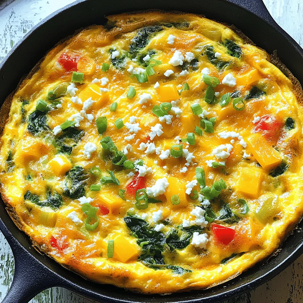 - 6 große Eier - 120 ml Schlagsahne - 100 g geriebener Cheddar-Käse - 100 g gehackter Spinat - 75 g gewürfelte Paprika (rot und gelb) - 40 g fein gehackte Frühlingszwiebeln - 1 Teelöffel Knoblauchpulver - Salz und Pfeffer nach Geschmack - 2 Esslöffel Olivenöl oder Butter - Optional: 30 g zerbröselter Feta-Käse für zusätzlichen Geschmack Die Hauptzutaten sind der Schlüssel zu einer großartigen Frittata. Die Eier geben der Frittata ihren Körper. Schlagsahne macht sie schön cremig. Der Cheddar-Käse sorgt für den köstlichen, herzhaften Geschmack. Die weiteren Zutaten bringen Farbe und Nährstoffe. Spinat ist gesund und sättigend. Paprika fügt Süße und Crunch hinzu. Frühlingszwiebeln geben einen leichten Zwiebelgeschmack. Die Gewürze und Fette sind wichtig für den Geschmack. Knoblauchpulver bringt ein tolles Aroma. Salz und Pfeffer runden alles ab. Das Olivenöl oder die Butter sorgt dafür, dass die Frittata schön bräunt. Für einen zusätzlichen Kick können Sie Feta-Käse hinzufügen. Er gibt einen salzigen, cremigen Geschmack. Diese Kombination macht die Frittata zu einem tollen Frühstück. Probieren Sie das Rezept aus, um die Aromen zu erleben! Für die vollständige Anleitung schauen Sie sich das [Full Recipe] an. Heize deinen Ofen auf 190°C vor. Das hilft, die Frittata gleichmäßig zu garen. In einer großen Schüssel verquirle die Eier mit der Schlagsahne. Mische alles gut, bis es ganz homogen ist. Würze die Mischung mit Knoblauchpulver, Salz und Pfeffer. Füge den geriebenen Cheddar-Käse, den gehackten Spinat, die gewürfelte Paprika und die Frühlingszwiebeln hinzu. Rühre alles gut um. Wenn du Feta-Käse magst, füge ihn jetzt auch hinzu. Dieser Käse gibt der Frittata einen extra Kick. Erhitze das Olivenöl oder die Butter in einer ofenfesten Pfanne bei mittlerer Hitze. Sobald das Fett heiß ist, gieße die Eiermischung hinein. Lass die Frittata 2-3 Minuten auf dem Herd garen. Die Ränder sollten anfangen zu stocken. Dann stelle die Pfanne in den vorgeheizten Ofen. Backe die Frittata 15-20 Minuten lang, bis die Mitte fest und die Oberseite goldbraun ist. Für mehr Details und die gesamte Zubereitung, schau dir das Full Recipe an. Um die perfekte Frittata zu backen, kontrolliere immer die Temperatur. Ein zu heißer Ofen kann die Frittata von außen verbrennen, während Innen noch roh bleibt. Halte die Temperatur bei 190°C für beste Ergebnisse. Verteile die Zutaten gleichmäßig in der Pfanne. So erhält jede Portion den gleichen Geschmack. Wenn du die Mischung nicht gut vermengst, schmeckt die Frittata ungleichmäßig. Du kannst den Geschmack deiner Frittata leicht verbessern. Variiere die Kräuter und Gewürze, die du verwendest. Frische Kräuter wie Petersilie oder Basilikum bringen tolle Aromen. Auch eine Prise Chili gibt einen schönen Kick. Ein weiterer Tipp ist, verschiedene Käsesorten zu verwenden. Cheddar ist lecker, aber auch Gouda oder Mozzarella passen gut. Probiere auch Feta für einen salzigen Geschmack. Serviere die Frittata warm für den besten Genuss. Sie schmeckt frisch aus dem Ofen am besten. Für ein ansprechendes Aussehen kannst du Garnierungen verwenden. Frische Frühlingszwiebeln oder Kräuter sind tolle Optionen. Ein bunter Salat neben der Frittata macht das Gericht noch einladender. Lass die Frittata ein paar Minuten abkühlen, bevor du sie anschneidest. So bleibt sie besser in Form. Für das ultimative Erlebnis, schau dir das Full Recipe an. {{image_4}} Es gibt viele Wege, um die Ultimate Cheesy Frittata anzupassen. Du kannst sie bunt und lecker machen. Lass uns die verschiedenen Variationen erkunden. Du kannst saisonales Gemüse in die Frittata geben. Das bringt frische Aromen. Kombiniere verschiedene Paprikas und Zucchini für mehr Geschmack. Tomaten oder Spinat passen auch gut. Denk daran, das Gemüse klein zu schneiden, damit es gut gegart wird. Möchtest du mehr Protein? Füge Speck oder Schinken hinzu. Diese Zutaten geben einen herzhaften Geschmack. Für eine vegetarische Option kannst du Tofu verwenden. Schneide ihn klein und brate ihn kurz an, bevor du ihn hinzufügst. So wird er schön würzig. Die Käsewahl macht einen großen Unterschied. Nutze Gouda oder Mozzarella für einen anderen Geschmack. Sie schmelzen gut und machen die Frittata cremig. Kräuterfrischkäse gibt ebenfalls eine tolle Textur. Du kannst ihn gleich zu den Eiern geben. Dies sind einfache Wege, um die Frittata zu variieren. Du kannst die Frittata nach deinem Geschmack gestalten. Jede Variation bringt etwas Neues und Spannendes. Wenn du mehr Ideen brauchst, schau dir das [Full Recipe] an. Lagere die abgekühlte Frittata in einem luftdichten Behälter. So bleibt sie frisch. Vermeide, dass Luft eindringt, da dies den Geschmack beeinträchtigen kann. Du kannst die Frittata auch in Portionen schneiden. Das macht das Servieren einfacher. Die Frittata hält sich im Kühlschrank 3-4 Tage. Achte darauf, sie gut zu verpacken. Wenn du sie länger aufbewahren möchtest, kannst du sie einfrieren. So bleibt sie bis zu drei Monate frisch. Stelle sicher, dass du sie in einem geeigneten Behälter einfrierst. Um die Frittata gleichmäßig aufzuwärmen, gibt es zwei Methoden. Du kannst die Mikrowelle verwenden. Stelle die Frittata in eine mikrowellengeeignete Schüssel. Erhitze sie in kurzen Abständen, damit sie nicht austrocknet. Du kannst auch den Ofen nutzen. Heize ihn auf 180°C vor und lege die Frittata für etwa 10-15 Minuten hinein. So wird sie schön warm und bleibt saftig. Die Ultimate Cheesy Frittata ergibt 4 bis 6 Portionen. Die genaue Anzahl hängt von der Portionsgröße ab. Wenn du mehr Gäste hast, kannst du die Zutaten leicht verdoppeln. Achte darauf, eine größere Pfanne zu verwenden, wenn du mehr Frittata machst. Ja, du kannst die Frittata ganz einfach vegetarisch machen. Lass einfach alle Fleischzutaten weg. Du kannst auch mehr Gemüse hinzufügen, wie Zucchini oder Pilze. Diese Alternativen bringen tollen Geschmack und Farbe in dein Gericht. Zur Frittata passen viele leckere Beilagen. Ein frischer Salat mit Rucola und Tomaten ist eine gute Wahl. Du kannst auch knuspriges Brot oder geröstetes Baguette servieren. Diese Beilagen ergänzen die Frittata perfekt und machen dein Frühstück noch besser. Du kannst die Käsefüllung ganz nach deinem Geschmack anpassen. Probiere verschiedene Käsesorten wie Gouda oder Mozzarella aus. Diese Käsesorten geben der Frittata einen anderen Geschmack und eine andere Textur. Wenn du einen kräftigeren Geschmack möchtest, füge Blauschimmelkäse hinzu. Das gibt dir eine neue und spannende Note. Eine Frittata ist einfach und lecker. In diesem Blogbeitrag haben wir die Hauptzutaten wie Eier, Sahne und Käse besprochen. Wir haben auch Tipps geteilt, um den besten Geschmack zu erzielen und Variationen auszuprobieren. Denke daran, die Frittata warm zu servieren und kreativ mit den Zutaten zu sein. Experimentiere mit verschiedenen Käsesorten oder Gemüse. So findest du deine perfekte Frittata. Viel Spaß beim Kochen!