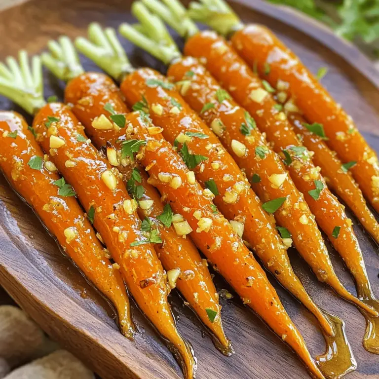 Die Zutaten für Knoblauch-Honig glasierte Karotten sind einfach und frisch. Hier sind die Hauptzutaten, die du benötigst: - 450g Babykarotten, geschält - 3 Esslöffel Honig - 3 Esslöffel Olivenöl - 4 Knoblauchzehen, fein gehackt - 1 Teelöffel frischer Ingwer, gerieben - 1 Teelöffel Salz - ½ Teelöffel schwarzer Pfeffer - 1 Esslöffel frischer Petersilie, gehackt (zum Garnieren) Diese Zutaten sorgen für einen köstlichen Geschmack und eine schöne Textur. Die Kombination aus Honig und Knoblauch bringt die Karotten wirklich zum Leuchten. Wenn du etwas Abwechslung möchtest, kannst du die folgenden Zutaten verwenden: - Verwende statt Babykarotten normale Karotten und schneide sie in Stücke. - Füge einen Spritzer Zitronensaft für mehr Frische hinzu. - Ersetze den Honig durch Ahornsirup für eine vegane Variante. - Probiere andere Kräuter wie Thymian oder Rosmarin zur Garnierung. Diese Alternativen geben den Karotten einen neuen Twist und halten das Rezept spannend. Die Qualität deiner Zutaten hat großen Einfluss auf das Endergebnis. Achte darauf: - Kaufe frische Karotten, die knackig und leuchtend sind. - Verwende hochwertigen Honig, der rein und geschmackvoll ist. - Wähle kaltgepresstes Olivenöl für den besten Geschmack. - Achte darauf, dass der Knoblauch frisch ist und nicht schimmelig. Frische Zutaten sorgen für den besten Geschmack und machen dein Gericht zu einem Hit. Wenn du mehr über die Zubereitung erfahren möchtest, schau dir die Full Recipe an. Zuerst bereiten wir die Karotten vor. Du brauchst 450g Babykarotten. Diese sollten gut geschält sein. Nimm dann eine große Schüssel. Mische darin 3 Esslöffel Honig und 3 Esslöffel Olivenöl. Füge 4 fein gehackte Knoblauchzehen dazu. Der Knoblauch gibt viel Geschmack. Reibe auch 1 Teelöffel frischen Ingwer hinein. Ingwer bringt eine tolle Würze. Jetzt kommt 1 Teelöffel Salz und ½ Teelöffel schwarzer Pfeffer dazu. Rühre alles gut um, bis es eine homogene Mischung ergibt. Jetzt kannst du die Karotten in die Schüssel geben. Wende sie vorsichtig in der Mischung. Achte darauf, dass alle Karotten gleichmäßig bedeckt sind. Heize deinen Ofen auf 220°C vor. Lege ein Backblech mit Backpapier aus. Das macht die Reinigung einfacher. Verteile die glasierten Karotten gleichmäßig auf dem Blech. Röste die Karotten für 20-25 Minuten. Wende sie nach der Hälfte der Zeit. So werden sie gleichmäßig zart und karamellisiert. Wenn sie fertig sind, nimm sie aus dem Ofen. Lass sie kurz abkühlen, damit sie nicht zu heiß sind. Übertrage die Karotten auf eine hübsche Servierplatte. Das sieht schön aus und macht Eindruck. Bestreue die Karotten mit 1 Esslöffel frisch gehackter Petersilie. Die Petersilie bringt Farbe und zusätzlichen Geschmack. Du kannst die Karotten warm servieren. Sie passen gut zu vielen Gerichten. Wenn du mehr über die Zubereitung wissen möchtest, schau dir das Full Recipe an. Um perfekte glasierten Karotten zu machen, achte auf die Größe der Karotten. Ich empfehle, Babykarotten zu verwenden. Sie sind süß und brauchen keine Vorbereitung. Achte darauf, die Karotten gleichmäßig zu beschichten. Ein guter Trick ist, die Mischung in einer großen Schüssel zu machen. So kannst du die Karotten gut wenden. Röste sie bei 220°C. Dadurch karamellisieren sie schön. Wende die Karotten während des Röstens, damit sie gleichmäßig garen. Ein häufiger Fehler ist, die Karotten zu dicht auf das Blech zu legen. Wenn sie zu nah beieinander liegen, dämpfen sie sich. Das macht sie weniger knusprig. Ein weiterer Fehler ist, sie nicht oft genug zu wenden. Das Wenden hilft, eine gleichmäßige Bräunung zu erreichen. Achte darauf, dass der Ofen gut vorgeheizt ist. Ein kalter Ofen kann das Röstergebnis beeinträchtigen. Um den Geschmack zu verstärken, füge frischen Ingwer hinzu. Ingwer gibt den Karotten ein tolles Aroma. Du kannst auch andere Kräuter verwenden. Thymian oder Rosmarin passen gut dazu. Ein Spritzer Zitronensaft nach dem Rösten bringt Frische. Wenn du experimentierfreudig bist, probiere einen anderen Honig. Verschiedene Honigsorten geben verschiedene Geschmäcker. Für eine würzige Note kannst du rote Paprika oder Chili hinzufügen. {{image_4}} Um Ihre knoblauch-honig glasierten Karotten noch aufregender zu machen, fügen Sie zusätzliche Aromen hinzu. Zimt kann einen warmen, süßen Geschmack bieten. Ein Hauch von Cayennepfeffer gibt der Mischung Schärfe. Fügen Sie ein paar Tropfen Sojasauce hinzu, um eine salzige Note zu erhalten. Experimentieren Sie mit frischen Kräutern wie Thymian oder Rosmarin. Diese Kräuter passen wunderbar zu Karotten und bringen frische Aromen in Ihr Gericht. Wenn Sie eine vegane Option suchen, ersetzen Sie den Honig durch Agavendicksaft oder Ahornsirup. Diese Alternativen bieten eine süße Note, die gut zu den Karotten passt. Achten Sie darauf, dass das Olivenöl von hoher Qualität ist. Für eine zusätzliche Textur können Sie Nüsse oder Samen hinzufügen. Geröstete Mandeln oder Sonnenblumenkerne verleihen Ihrem Gericht Crunch und Geschmack. Knoblauch-honig glasierte Karotten passen gut zu vielen Gerichten. Sie sind eine hervorragende Beilage zu gebratenem Hähnchen oder Lamm. Servieren Sie sie neben einem frischen Salat für eine ausgewogene Mahlzeit. Sie können auch als Teil eines Buffets oder Grillabends dienen. Diese Karotten sind bunt und ziehen die Blicke an. Für eine festliche Note garnieren Sie sie mit frischer Petersilie. Wenn Sie auf der Suche nach dem vollständigen Rezept sind, schauen Sie sich die Knoblauch-Honig glasierte Karotten an. Um die Knoblauch-Honig glasierte Karotten frisch zu halten, empfehle ich, sie in einem luftdichten Behälter zu lagern. So bleibt ihr Geschmack erhalten. Warten Sie, bis die Karotten abgekühlt sind, bevor Sie sie einpacken. Wenn Sie die Karotten im Kühlschrank aufbewahren, können sie ihre zarte Textur behalten. Im Kühlschrank sind die glasierten Karotten bis zu fünf Tage haltbar. Achten Sie darauf, sie gut abzudecken. Wenn Sie sie länger aufbewahren möchten, können Sie sie auch einfrieren. Im Gefrierschrank bleiben sie bis zu drei Monate frisch. Vergewissern Sie sich, dass Sie sie in einem gefrierfesten Behälter oder einem Beutel lagern, um Gefrierbrand zu vermeiden. Um die Karotten wieder aufzuwärmen, empfehle ich, sie in einer Pfanne auf dem Herd zu erhitzen. Fügen Sie einen Hauch von Wasser hinzu, um sie schonend zu erwärmen. So bleibt ihr Geschmack lebendig. Alternativ können Sie sie auch in der Mikrowelle warm machen. Achten Sie darauf, sie nicht zu lange zu erhitzen, um ihre Zartheit zu bewahren. Für das beste Ergebnis, genießen Sie die Karotten frisch, direkt nach der Zubereitung. Für mehr Details und die vollständige Anleitung, schauen Sie sich das Full Recipe an. Die Karotten brauchen 20 bis 25 Minuten im Ofen. Bei 220°C (425°F) rösten sie gleichmäßig. Wenden Sie sie zur Hälfte der Zeit. So werden sie zart und karamellisiert. Überprüfen Sie nach 20 Minuten die Konsistenz. Sie sollten leicht mit einer Gabel durchstechen lassen. Ja, Sie können andere Gemüsesorten ausprobieren. Süßkartoffeln, Pastinaken oder Zucchini passen gut zu dieser Glasur. Achten Sie darauf, die Garzeit anzupassen. Dickere Stücke benötigen mehr Zeit. Dünnere Stücke brauchen weniger Zeit. Experimentieren Sie mit verschiedenen Gemüsesorten für neue Geschmäcker. Wenn Sie keinen Honig haben, verwenden Sie Ahornsirup. Er bringt eine ähnliche Süße. Agavendicksaft ist auch eine gute Option. Beides hat einen anderen Geschmack, aber es funktioniert gut. Bei Bedarf kann auch ein Zuckerersatzstoff eingesetzt werden. Achten Sie jedoch auf die Süßkraft des Ersetzers. Für das gesamte Rezept und die genauen Schritte schauen Sie sich die [Full Recipe] an. Knoblauch-honig glasierte Karotten sind einfach und lecker. Wir haben die besten Zutaten besprochen und Tipps für die Zubereitung gegeben. Du kannst die Glasur nach deinem Geschmack anpassen. Achte auf die Qualität der Zutaten für das beste Ergebnis. Fehler beim Rösten sind leicht zu vermeiden. Vielseitige Variationen machen das Gericht spannend. Lagerung und Haltbarkeit sind wichtig, damit du länger Freude daran hast. Experimentiere mit neuen Aromen und genieße deine Karotten immer wieder. Mahlzeit!
